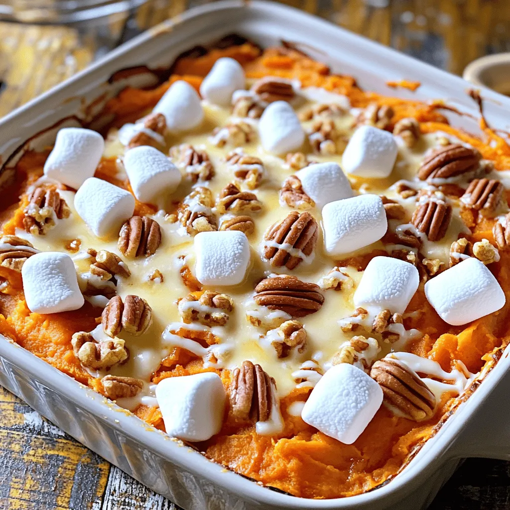 - 4 große Süßkartoffeln - 60 ml brauner Zucker - 60 ml geschmolzene Butter Süßkartoffeln sind die Hauptzutat in diesem Auflauf. Sie geben ihm die schöne, orange Farbe und den süßen Geschmack. Du musst die Süßkartoffeln schälen und in Würfel schneiden. Der braune Zucker und die geschmolzene Butter sorgen für eine leckere, süße Basis. - 1/2 Teelöffel Zimt - 1/4 Teelöffel Muskatnuss - 1/2 Teelöffel Vanilleextrakt Die Gewürze machen den Auflauf besonders. Zimt bringt Wärme und Muskatnuss hat einen tollen Geschmack. Vanilleextrakt fügt eine süße Note hinzu. Diese Aromen machen das Gericht noch köstlicher. - 1 Tasse Mini-Marshmallows - 75 g gehackte Pekannüsse - 60 ml Milch oder pflanzliche Alternative Die Mini-Marshmallows sind das Highlight obendrauf. Sie schmelzen und bilden eine süße Kruste. Du kannst auch Pekannüsse hinzufügen. Sie bringen einen nussigen Crunch. Milch macht die Mischung schön cremig, aber du kannst auch eine pflanzliche Alternative verwenden. Für das vollständige Rezept kannst du den [Full Recipe] Link nutzen. - Ofen auf 190°C vorheizen - Süßkartoffeln schälen und würfeln Zuerst heizen Sie den Ofen auf 190°C vor. Dies sorgt für eine gleichmäßige Hitze beim Backen. Dann schälen Sie vier große Süßkartoffeln. Würfeln Sie sie in kleine Stücke. So kochen sie schneller und gleichmäßiger. - In gesalzenem Wasser kochen - Abtropfen und abkühlen lassen Füllen Sie einen großen Topf mit gesalzenem Wasser. Bringen Sie das Wasser zum Kochen und geben Sie die gewürfelten Süßkartoffeln hinein. Kochen Sie sie etwa 15-20 Minuten, bis sie weich sind. Danach lassen Sie sie abtropfen und etwas abkühlen. Dies verhindert, dass der Auflauf zu nass wird. - Zutaten in einer Schüssel kombinieren - Süßkartoffeln zerdrücken und vermengen In einer großen Schüssel kombinieren Sie die gekochten Süßkartoffeln mit braunem Zucker, geschmolzener Butter, Zimt, Muskatnuss, Vanilleextrakt und Milch. Zerdrücken Sie die Süßkartoffeln mit einer Gabel oder einem Kartoffelstampfer. Mischen Sie alles gut, bis eine glatte Masse entsteht. Wenn nötig, fügen Sie etwas mehr Milch hinzu, um die perfekte Konsistenz zu erreichen. - Mischung in Auflaufform verteilen - Erste Backzeit und Marshmallow-Hinzufügung Geben Sie die Süßkartoffelmischung in eine gefettete Auflaufform. Verteilen Sie sie gleichmäßig. Backen Sie den Auflauf im vorgeheizten Ofen für 25 Minuten. Nach der ersten Backzeit nehmen Sie den Auflauf heraus. Streuen Sie die Mini-Marshmallows gleichmäßig darüber. Stellen Sie ihn für weitere 10-15 Minuten zurück in den Ofen, bis die Marshmallows goldbraun sind. Um die perfekte Konsistenz für deinen Süßkartoffelauflauf zu erreichen, ist die Zugabe von Milch entscheidend. Du solltest die Milch langsam hinzufügen, während du die Süßkartoffeln zerdrückst. So kannst du die Mischung leicht anpassen. Wenn die Masse zu dick ist, füge einfach mehr Milch hinzu. Die Stäbchenprobe ist ein guter Test. Wenn du mit einem Zahnstocher in die Süßkartoffeln stichst, sollten sie weich sein. Dies zeigt, dass sie gut gekocht sind. Achte auf die Backzeiten, wenn du die Marshmallows hinzufügst. Nachdem der Auflauf 25 Minuten gebacken hat, streue die Mini-Marshmallows darüber. Backe sie dann für weitere 10-15 Minuten. So werden die Marshmallows goldbraun und knusprig. Um die perfekte goldene Oberfläche zu bekommen, beobachte sie genau. Wenn sie zu schnell bräunen, kannst du den Auflauf mit Alufolie abdecken. So verhinderst du ein Verbrennen. Du kannst den Auflauf mit vielen Beilagen servieren. Ein frischer Salat oder geröstetes Gemüse passt gut dazu. Für eine kreative Präsentation kannst du den Auflauf direkt in der Auflaufform servieren. Oder schöpfe individuelle Portionen auf Teller. Ein kleiner Schuss geschmolzener Butter oder Ahornsirup macht das Gericht noch köstlicher. Für das komplette Rezept, schau dir das [Full Recipe] an. {{image_4}} Das Grundrezept für Süßkartoffelauflauf ist lecker, doch es gibt viele Variationen. Eine sehr beliebte Art ist der Süßkartoffelauflauf mit Nüssen. Die Nüsse bringen einen tollen Crunch. Sie können Pekannüsse oder Walnüsse verwenden. Sie fügen auch gesunde Fette hinzu und machen das Gericht noch nahrhafter. Eine weitere Variation ist eine vegane Version des Rezepts. Ersetzen Sie die Butter durch Kokosöl und die Milch durch Mandelmilch. Diese Alternativen sorgen dafür, dass alle den Auflauf genießen können, egal ob sie tierische Produkte essen oder nicht. Regionale Variationen bringen noch mehr Geschmack in Ihr Gericht. Zum Beispiel können Sie verschiedene Gewürze verwenden. In den Südstaaten der USA wird oft eine Prise Cayennepfeffer hinzugefügt. Das gibt dem Auflauf eine angenehme Schärfe. In anderen Regionen können Sie auch Muskatnuss oder Ingwer ausprobieren. Diese Gewürze verleihen dem Gericht eine neue Note. Die Zubereitung kann auch je nach Küchenstil variieren. Zum Beispiel können Sie den Auflauf im mexikanischen Stil zubereiten. Fügen Sie etwas gemahlenen Kreuzkümmel und Chili hinzu. Diese Aromen kombinieren sich gut mit der Süße der Süßkartoffeln. Für besondere Anlässe wie Weihnachten können Sie das Rezept leicht anpassen. Fügen Sie zusätzliche Aromen wie Ahornsirup oder frische Cranberries hinzu. Diese Zutaten bringen eine festliche Note in das Gericht. Sie können auch eine Schicht von Keksen oder Streuseln auf die Marshmallows geben, um dem Auflauf mehr Textur zu verleihen. Feiertags-Variationen sind ebenfalls möglich. Ersetzen Sie die Mini-Marshmallows durch Schokoladenstückchen oder Karamellsoße. Diese Optionen machen den Auflauf noch süßer und unwiderstehlicher. Probieren Sie es aus! Um deinen Süßkartoffelauflauf frisch zu halten, lagere ihn im Kühlschrank. Verwende einen luftdichten Behälter. Achte darauf, dass der Auflauf gut abgedeckt ist. Dies verhindert, dass er austrocknet oder Gerüche aufnimmt. Wenn du ihn nicht sofort isst, ist das eine gute Methode. Dein Auflauf bleibt im Kühlschrank etwa 3 bis 5 Tage frisch. Um die Qualität zu erhalten, decke ihn gut ab. Achte auf Anzeichen von Verderb. Wenn der Auflauf unangenehm riecht oder einen schimmeligen Belag hat, solltest du ihn wegwerfen. Eine gute Lagerung hilft, die Qualität zu bewahren. Du kannst den Auflauf in der Mikrowelle oder im Ofen aufwärmen. Die Mikrowelle ist schnell, aber der Ofen sorgt für eine bessere Textur. Wenn du den Ofen nutzt, heize ihn auf 180°C vor. Stelle den Auflauf in eine Auflaufform und decke ihn mit Folie ab. So bleibt er saftig. Backe ihn für 20 Minuten oder bis er heiß ist. Um den Süßkartoffelauflauf ohne Milch zu machen, können Sie pflanzliche Alternativen verwenden. Hier sind einige Optionen: - Mandelmilch - Hafermilch - Kokosmilch - Sojamilch Jede dieser Alternativen gibt dem Auflauf einen leicht anderen Geschmack. Ich empfehle, ungesüßte Varianten zu wählen, um die Süße der Süßkartoffeln nicht zu überdecken. Diese Optionen sind perfekt für Veganer oder Menschen mit Laktoseintoleranz. Ja, gefrorene Süßkartoffeln sind eine gute Wahl. Achten Sie jedoch darauf, dass sie vor dem Kochen gut aufgetaut sind. Hier sind einige Tipps: - Lassen Sie sie im Kühlschrank über Nacht auftauen. - Kochen Sie sie, bis sie weich sind, ähnlich wie frische Süßkartoffeln. - Die Textur kann leicht anders sein, aber der Geschmack bleibt köstlich. Die Kochzeit für Süßkartoffeln beträgt etwa 15-20 Minuten. Hier sind die Schritte: 1. Bringen Sie gesalzenes Wasser zum Kochen. 2. Fügen Sie die gewürfelten Süßkartoffeln hinzu. 3. Kochen Sie, bis sie zart sind. Testen Sie mit einer Gabel. Wenn die Gabel leicht hineinrutscht, sind sie fertig. Das Rezept ergibt etwa 8 Portionen. Hier ist eine einfache Portionierung: - Für eine große Familie oder ein Festessen ist das ideal. - Servieren Sie den Auflauf direkt in der Form oder schöpfen Sie auf Teller. Wenn Sie weniger Gäste haben, können Sie die Portionen leicht anpassen. Der Süßkartoffelauflauf ist einfach zuzubereiten und lecker. Wir haben die Hauptzutaten, Gewürze und optionale Zutaten besprochen. Ich habe auch die Schritt-für-Schritt-Anleitung gegeben, um dir das Kochen zu erleichtern. Tipps für die perfekte Konsistenz und das goldene Bräunen der Marshmallows helfen dir zusätzlich. Variationen für besondere Anlässe und Aufbewahrungstipps runden das Ganze ab. Nutze diese Informationen, um deinen Auflauf besonders zu machen. Viel Spaß beim Kochen!