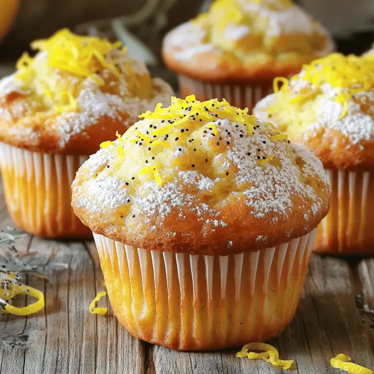 Um die perfekten Zitronen-Mohn-Muffins zu machen, brauchst du folgende Zutaten: - 1 ½ Tassen Weizenmehl - 1 Tasse Zucker - 2 Esslöffel Mohnsamen - 2 Teelöffel Backpulver - ½ Teelöffel Natron - ½ Teelöffel Salz - ½ Tasse ungesalzene Butter, geschmolzen - 2 große Eier - 1 Tasse Buttermilch (oder 1 Tasse Milch mit 1 Esslöffel Zitronensaft) - Schale von 2 Zitronen - 2 Esslöffel frischer Zitronensaft - Optional: Puderzucker zum Bestäuben Diese Zutaten sind einfach zu finden. Du kannst sie in jedem Supermarkt kaufen. Jede Zutat hat ihren eigenen Nährwert. Hier sind einige wichtige Infos: - Weizenmehl: Gibt Struktur und Ballaststoffe. - Zucker: Fügt Süße hinzu und hilft beim Bräunen. - Mohnsamen: Sorgt für einen knackigen Biss und sind reich an Mineralien. - Butter: Macht die Muffins saftig und geschmackvoll. - Eier: Binden die Zutaten und geben Protein. - Buttermilch: Macht die Muffins zart und feucht. - Zitronen: Fügen Frische und Säure hinzu. Diese Zutaten arbeiten zusammen und ergeben ein tolles Geschmackserlebnis. Wenn du spezielle Diäten beachtest, gibt es Alternativen: - Glutenfrei: Nutze glutenfreies Mehl anstelle von Weizenmehl. - Vegan: Ersetze Eier mit Apfelmus oder Leinsamen. Verwende pflanzliche Butter und Pflanzenmilch. - Zuckerreduziert: Nutze Honig oder Stevia, um den Zuckergehalt zu senken. Diese Optionen helfen dir, die Muffins nach deinen Wünschen anzupassen. Du kannst das Rezept ganz einfach für deine Bedürfnisse ändern. Um die Zitronen-Mohn-Muffins zu machen, starten wir mit dem Ofen. Heize ihn auf 175 °C vor. Lege dein Muffinblech mit Papierförmchen aus oder fette die Vertiefungen gut ein. In einer großen Schüssel vermenge das Weizenmehl, den Zucker, die Mohnsamen, das Backpulver, das Natron und das Salz. Rühre alles gut mit einem Schneebesen, bis die trockenen Zutaten gleichmäßig verteilt sind. Dann kommt die flüssige Mischung. In einer anderen Schüssel vermische die geschmolzene Butter, die Eier, die Buttermilch, die Zitronenschale und den Zitronensaft. Rühre, bis alles glatt ist. Jetzt gieße die flüssigen Zutaten in die trockenen. Mische alles mit einem Teigschaber, aber übermixe nicht. Einige Klümpchen sind in Ordnung. Fülle den Teig gleichmäßig in die Muffinförmchen. Jedes Förmchen sollte etwa zwei Drittel voll sein. Backe die Muffins für 18-20 Minuten. Sie sind fertig, wenn ein Zahnstocher sauber herauskommt. Lass sie fünf Minuten im Blech abkühlen, bevor du sie auf ein Gitter setzt. Um die beste Muffinkonsistenz zu erreichen, achte darauf, nicht zu viel zu mischen. Zu viel Rühren kann die Muffins hart machen. Mische nur so lange, bis die Zutaten gerade so vermengt sind. Auch solltest du die Muffinform nicht überfüllen. So erhalten die Muffins genug Platz zum Aufgehen. Verwende frische Zutaten. Alte Backpulver oder Buttermilch können das Endergebnis beeinflussen. Wenn du die Muffins leicht und fluffig magst, ist die richtige Temperatur des Ofens wichtig. Stelle sicher, dass der Ofen gut vorgeheizt ist, bevor du die Muffins hineingibst. Zitronen bringen Frische in die Muffins. Ihre Schale und der Saft sind wichtig für den Geschmack. Die Mohnsamen fügen eine nussige Note hinzu. Sie sind auch gut für die Textur. Du kannst frische Zitronen verwenden oder auch Bio-Zitronen, um Pestizide zu vermeiden. Wenn du magst, kannst du die Menge an Zitronensaft anpassen. Mehr Saft macht die Muffins saftiger. Willst du es weniger zitronig? Reduziere den Saft. Die Mohnsamen sind ebenfalls anpassbar. Du kannst sie reduzieren oder mehr hinzufügen, je nach Geschmack. Für das vollständige Rezept schaue dir [Full Recipe] an. Beim Backen von Zitronen-Mohn-Muffins gibt es einige häufige Fehler. Einer ist das Übermixen des Teigs. Wenn du zu viel rührst, werden die Muffins zäh. Mische die Zutaten einfach, bis sie gerade verbunden sind. Ein weiterer Fehler ist die falsche Ofentemperatur. Stelle sicher, dass dein Ofen richtig vorgeheizt ist. Ein kalter Ofen kann die Muffins flach machen. Um deine Muffins frisch zu halten, lagere sie in einem luftdichten Behälter. So bleiben sie weich und feucht. Du kannst die Muffins auch in Frischhaltefolie einwickeln. Das schützt vor Luft und hält sie länger lecker. Bei Raumtemperatur halten sie sich etwa drei Tage. Im Kühlschrank bleiben sie länger, aber sie können etwas trocken werden. Um den Geschmack deiner Muffins zu verbessern, kannst du Gewürze hinzufügen. Zimt oder Muskatnuss passen gut zu Zitronen-Mohn-Muffins. Diese Gewürze geben den Muffins eine warme Note. Du kannst auch etwas Vanilleextrakt hinzufügen. Das macht die Muffins noch aromatischer. Experimentiere ruhig mit verschiedenen Zutaten, um deinen perfekten Muffin zu finden! {{image_4}} Für glutenfreie Zitronen-Mohn-Muffins kannst du einfach das Weizenmehl ersetzen. Nimm stattdessen eine glutenfreie Mehlmischung. Achte darauf, dass die Mischung eine gute Bindung hat. Damit bleiben die Muffins locker und leicht. Du kannst auch etwas Xanthan oder Guarkernmehl hinzufügen. Das hilft, die Struktur zu verbessern. Die restlichen Zutaten bleiben gleich. So viele Menschen genießen Muffins, auch ohne Gluten. Wenn du eine vegane Variante möchtest, gibt es einfache Wege. Ersetze die Eier durch Apfelmus oder einen Leinsamen-Ersatz. Für den Leinsamen-Ersatz mische einen Esslöffel gemahlenen Leinsamen mit drei Esslöffeln Wasser. Lass es kurz quellen. Dazu kannst du die Butter durch Kokosöl oder pflanzliche Margarine ersetzen. Achte darauf, ungesüßte Pflanzenmilch zu verwenden. Diese veganen Muffins sind ebenso lecker und frisch. Mach deine Muffins einzigartig, indem du frische Früchte hinzufügst. Himbeeren oder Blaubeeren passen gut. Sie bringen eine süße, saftige Note. Du kannst auch Nüsse oder Samen einfüllen. Gehackte Mandeln oder Walnüsse geben Crunch. Für einen besonderen Twist, füge etwas Ingwer oder Zimt hinzu. Diese kleinen Änderungen machen einen großen Unterschied. So wird jedes Backen zu einem neuen Erlebnis. Für das vollständige Rezept, schau dir das Rezept für Zitronen-Mohn-Muffins an. Um die Frische der Zitronen-Mohn-Muffins zu bewahren, lagere ich sie in einem luftdichten Behälter. Das schützt sie vor Feuchtigkeit und hält sie weich. Ich empfehle, die Muffins bei Raumtemperatur zu lagern. Wenn es warm ist, stelle ich sie in den Kühlschrank, um Schimmel zu vermeiden. Zitronen-Mohn-Muffins bleiben bei richtiger Lagerung etwa 3 bis 5 Tage frisch. Ich finde, sie schmecken am besten am ersten oder zweiten Tag. Nach dieser Zeit können sie etwas trocken werden, aber sie sind immer noch essbar. Ich achte darauf, sie im Kühlschrank zu lagern, wenn ich sie länger aufbewahren möchte. Das Einfrieren ist eine tolle Methode, um Muffins länger haltbar zu machen. Ich lasse die Muffins zuerst vollständig abkühlen. Dann packe ich sie in Frischhaltefolie und stecke sie in einen Gefrierbeutel. So bleiben sie bis zu 3 Monate frisch. Wenn ich Lust auf Muffins habe, nehme ich sie einfach heraus und lasse sie bei Raumtemperatur auftauen. Alternativ kann ich sie im Ofen bei 150 °C für etwa 10 Minuten aufwärmen. Für das vollständige Rezept kannst du unseren [Full Recipe] besuchen. Zitronen-Mohn-Muffins bleiben frisch, wenn Sie sie richtig lagern. Sie können sie in einem luftdichten Behälter aufbewahren. So bleiben sie etwa 3 bis 5 Tage gut. Im Kühlschrank halten sie sich bis zu einer Woche. Wenn Sie die Muffins länger aufbewahren möchten, frieren Sie sie ein. So bleiben sie bis zu 3 Monate frisch. Ja, gefrorene Muffins können leicht aufgewärmt werden. Nehmen Sie sie einfach aus dem Gefrierfach und lassen Sie sie im Kühlschrank über Nacht auftauen. Wenn Sie es eilig haben, können Sie sie auch direkt im Ofen auf 175 °C für etwa 10 Minuten aufwärmen. So werden sie warm und sind bereit zum Genießen. Wenn der Teig zu trocken ist, gibt es einfache Lösungen. Fügen Sie etwas mehr Buttermilch oder ein Ei hinzu. Das macht den Teig feuchter und besser. Achten Sie darauf, den Teig nicht zu lange zu mischen. Übermixen kann den Teig ebenfalls trocken machen. Wenn Sie den Teig erst kurz vermengen, bleibt er schön luftig. In diesem Artikel haben wir alles über Zitronen-Mohn-Muffins behandelt. Wir haben die Zutaten untersucht und Tipps für das Backen gegeben. Außerdem haben wir Fehler besprochen, die häufig beim Backen passieren. Variationen wie glutenfrei und vegan haben wir ebenfalls besprochen. Zuletzt haben wir die beste Lagerung und Aufbewahrung erklärt. Denke daran, Spaß beim Backen zu haben. Experimentiere mit neuen Ideen! So werden deine Muffins noch besser.