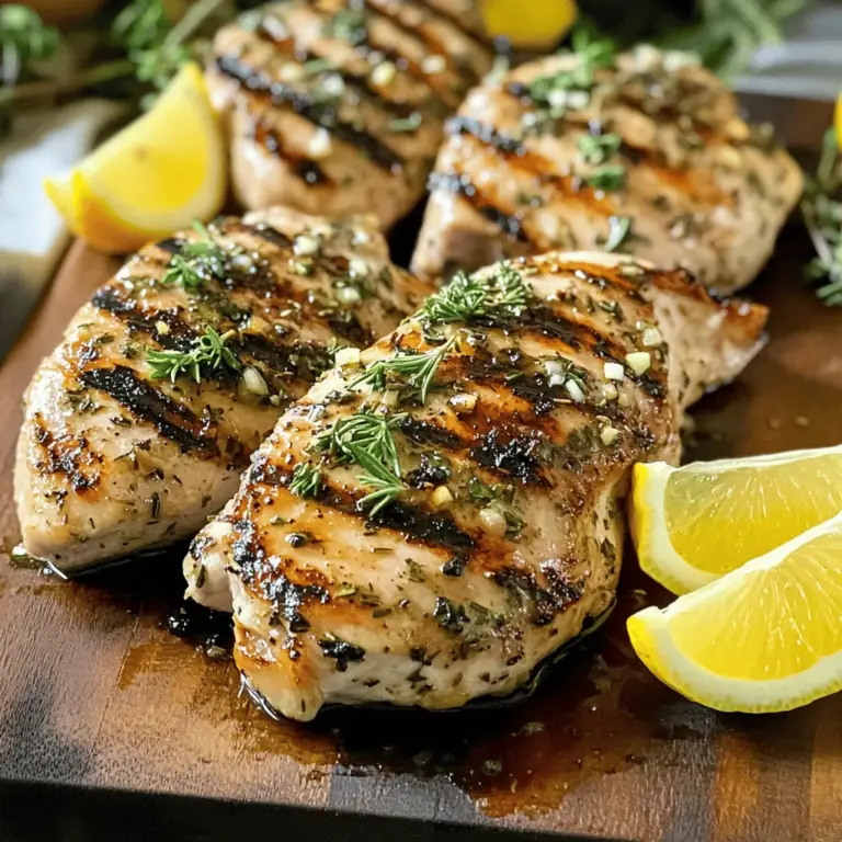 - 4 Hähnchenbrustfilets, ohne Knochen und Haut - 4 Knoblauchzehen, fein gehackt - 2 Esslöffel frischer Rosmarin, gehackt - 2 Esslöffel frischer Thymian, gehackt - 1 Esslöffel frische Petersilie, gehackt - 1 Teelöffel Zitronenschale - 60 ml Olivenöl - 1 Esslöffel Balsamico-Essig - Salz und Pfeffer nach Geschmack Ich finde es wichtig, frische Zutaten zu verwenden. Sie geben dem Gericht mehr Geschmack. Du kannst die Kräuter selbst im Garten pflücken oder auf dem Markt kaufen. Frischer Knoblauch hat auch einen tollen Duft. Die Mischung dieser Zutaten macht das Hähnchen saftig und aromatisch. - Grill oder Grillpfanne - Große Schüssel oder wieder verschließbarer Plastikbeutel - Messwerkzeuge (Löffel, Tassen, Waage) Ein Grill ist der beste Weg, um das Hähnchen zuzubereiten. Du kannst auch eine Grillpfanne verwenden, wenn du keinen Grill hast. Achte darauf, dass du die Messwerkzeuge bereit hast. So kannst du die Zutaten genau abmessen. Die Auswahl der richtigen Geräte hilft dir, das Hähnchen perfekt zu grillen. Wenn du alles bereit hast, kannst du mit dem Kochen beginnen. Für die vollständigen Schritte schau dir das [Full Recipe] an. Um die Marinade herzustellen, vermische ich in einer Schüssel die gehackten Knoblauchzehen, Rosmarin, Thymian, Petersilie, Zitronenschale, Olivenöl, Balsamico-Essig, Salz und Pfeffer. Diese Mischung gibt dem Hähnchen viel Geschmack. Ich lege die Hähnchenbrustfilets in einen großen, wieder verschließbaren Beutel oder eine flache Schüssel. Dann gieße ich die Marinade über die Filets, bis sie gut bedeckt sind. Es ist wichtig, den Beutel oder die Schüssel abzudecken und das Hähnchen mindestens 1 Stunde im Kühlschrank marinieren zu lassen. Das Beste ist, wenn du es 3-4 Stunden marinierst. So wird das Hähnchen noch saftiger und aromatischer. Heize den Grill auf mittlere bis hohe Hitze vor. Ich nehme das marinierte Hähnchen aus dem Beutel und lasse die überschüssige Marinade abtropfen. Die restliche Marinade entsorge ich. Jetzt lege ich das Hähnchen auf den Grill. Ich grille es etwa 6-7 Minuten pro Seite. Das Hähnchen ist fertig, wenn die Innentemperatur 75°C erreicht. Achte darauf, dass das Hähnchen in der Mitte nicht mehr rosa ist. Nach dem Grillen ist das Ruhen des Hähnchens wichtig. Ich nehme das Hähnchen vom Grill und decke es mit Aluminiumfolie ab. Es sollte 5 Minuten ruhen. So verteilt sich der Saft im Fleisch und macht es zart. Wenn ich etwas von der Marinade übrig habe, kann ich sie für einen zusätzlichen Geschmack verwenden. Ich empfehle, die Marinade nicht wieder zu verwenden, die mit dem rohen Hähnchen in Kontakt war. Du kannst jedoch eine neue Marinade zubereiten und sie als Dip für das fertige Hähnchen verwenden. Für das vollständige Rezept schaue in den Abschnitt "Vollständiges Rezept". Um das Hähnchen gleichmäßig zu grillen, stelle sicher, dass der Grill gut vorgeheizt ist. Verwende mittlere bis hohe Hitze. Lege das Hähnchen auf den Grill, wenn die Temperatur stimmt. Grill das Hähnchen etwa 6-7 Minuten pro Seite. Nutze ein Fleischthermometer, um die Innentemperatur zu prüfen. Sie sollte mindestens 75 °C betragen. Trockenes Fleisch ist ein häufiges Problem. Um dies zu vermeiden, mariniere das Hähnchen mindestens eine Stunde. Je länger du es marinierst, desto mehr Geschmack zieht ein. Nach dem Grillen lasse das Hähnchen 5 Minuten ruhen. So bleibt der Saft im Fleisch. Zusätzliche Gewürze oder Kräuter können den Geschmack des Hähnchens steigern. Probiere zum Beispiel frischen Basilikum oder Oregano. Diese Kräuter geben dem Gericht eine neue Note. Zitrone und Balsamico-Essig sind auch wichtig. Der Zitronensaft bringt Frische ins Gericht. Balsamico-Essig fügt eine süß-saure Note hinzu. Diese beiden Zutaten verbessern den gesamten Geschmack. Serviere das Hähnchen auf einem Holzbrett oder einer großen Platte. Das sieht einladend aus. Garnieren kannst du es mit frischen Kräutern und Zitronenscheiben. Das gibt einen schönen Farbtupfer. Einfache Beilagen passen gut dazu. Gegrilltes Gemüse ist eine tolle Wahl. Außerdem kannst du einen frischen Salat servieren. So wird dein Essen nicht nur lecker, sondern auch schön anzusehen. {{image_4}} Wenn Sie neue Geschmäcker ausprobieren möchten, gibt es viele Möglichkeiten. Alternativ können Sie frischen Basilikum oder Oregano verwenden. Diese Kräuter bringen tolle Aromen. Sie passen gut zu Hähnchen und machen das Gericht besonders frisch. Eine andere Möglichkeit ist, Hähnchenkeulen statt Hähnchenbrustfilets zu verwenden. Hähnchenkeulen haben mehr Fett. Das macht sie saftiger und voller Geschmack. Achten Sie darauf, die Grillzeit anzupassen. Hähnchenkeulen brauchen etwas länger, um durchzugaren. Für eine neue Note können Sie eine asiatisch inspirierte Marinade zubereiten. Kombinieren Sie Sojasauce, Ingwer und Sesamöl. Diese Mischung gibt dem Hähnchen einen aufregenden Geschmack. Lassen Sie es auch hier gut marinieren. Eine weitere Option ist die Verwendung von Joghurt in Ihrer Marinade. Joghurt macht das Fleisch sehr zart. Es gibt dem Hähnchen eine cremige Textur. Mischen Sie den Joghurt mit Knoblauch und Kräutern für mehr Geschmack. Um Ihr Gericht abzurunden, denken Sie an frische Salate oder Beilagen. Ein einfacher grüner Salat mit Zitronen-Dressing passt hervorragend. Gegrilltes Gemüse ist auch eine gute Wahl. Es bringt Farbe und gesunde Nährstoffe auf den Tisch. Für Dips können Sie einen Joghurt-Dip oder Chimichurri in Betracht ziehen. Diese Saucen ergänzen das Hähnchen gut. Sie sorgen für zusätzliche Frische und Geschmack. Experimentieren Sie mit verschiedenen Kombinationen, um Ihre perfekte Mahlzeit zu finden. Lagern Sie die Reste im Kühlschrank. Sie bleiben dort frisch für 3 bis 4 Tage. Verpacken Sie das Hähnchen gut in einem luftdichten Behälter. So verhindern Sie Gerüche und Trockenheit. Wenn Sie das Hähnchen länger aufbewahren möchten, frieren Sie es ein. So bleibt es bis zu 2 bis 3 Monate genießbar. Stellen Sie sicher, dass es gut verpackt ist, um Gefrierbrand zu vermeiden. Beim Aufwärmen ist es wichtig, die richtige Methode zu wählen. Ich empfehle, das Hähnchen im Ofen bei 180 Grad Celsius zu erwärmen. So bleibt es saftig. Decken Sie es mit Aluminiumfolie ab, um es vor dem Austrocknen zu schützen. Mikrowellen sind schnell, aber sie können das Hähnchen trocken machen. Verwenden Sie eine niedrige Leistung und fügen Sie etwas Wasser hinzu, wenn Sie die Mikrowelle nutzen. Die Reste vom Hähnchen können vielseitig verwendet werden. Schneiden Sie das Hähnchen klein und fügen Sie es zu Salaten hinzu. Es passt gut zu frischem Gemüse und einer leichten Vinaigrette. Sie können das Hähnchen auch in Wraps verwenden. Fügen Sie etwas Avocado und Salsa hinzu, um den Geschmack zu verbessern. So machen Sie aus den Resten ein köstliches neues Gericht. Marinieren ist sehr wichtig. Mindestens eine Stunde reicht, aber ich empfehle 3-4 Stunden. Längeres Marinieren bringt mehr Geschmack. Du kannst das Hähnchen auch über Nacht marinieren, falls du Zeit hast. Dadurch wird das Fleisch zart und aromatisch. Das richtige Gemüse macht dein Gericht noch besser. Hier sind einige gute saisonale Beilagen: - Gegrillte Zucchini - Paprika - Spargel - Maiskolben - Gegrillte Tomaten Diese Gemüse passen perfekt zu gegrilltem Hähnchen und verleihen deinem Teller Farbe. Ja, die Marinade kann im Voraus gemacht werden. Mische alle Zutaten zusammen und bewahre sie in einem Behälter auf. Lagere die Marinade im Kühlschrank. Sie bleibt frisch für bis zu drei Tage. So sparst du Zeit am Grilltag. Trockenes Hähnchen kann frustrierend sein. Um es zu vermeiden, achte auf die Grillzeit. Grill das Hähnchen nur 6-7 Minuten pro Seite. Lass es danach ruhen. Wenn es trotzdem trocken wird, verwende eine Soße. Eine einfache Joghurt-Soße kann helfen, das Hähnchen saftig zu machen. Das vollständige Rezept für Knoblauch Kräuter Gegrilltes Hähnchen findest du im entsprechenden Abschnitt. Dort sind alle Schritte und Zutaten für ein perfektes Grillgericht aufgelistet. Zusammenfassend haben wir die Zutaten, Techniken und Tipps für perfektes gegrilltes Hähnchen behandelt. Ich habe gezeigt, wie Sie das Fleisch richtig marinieren und grillen. Die richtige Lagerung und Verwendung von Resten sind ebenso wichtig. Experimentieren Sie mit verschiedenen Kräutern und Beilagen. Diese Ansätze verbessern den Geschmack und die Präsentation Ihrer Gerichte. Jetzt wissen Sie, wie Sie schmackhaftes, saftiges Hähnchen zubereiten können. Probieren Sie diese Tipps aus und genießen Sie Ihr Grillvergnügen!