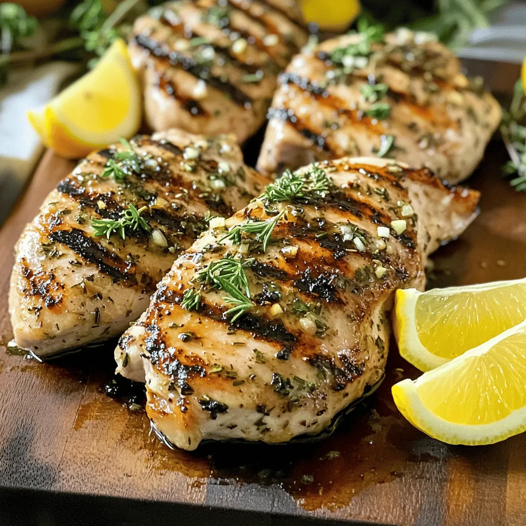 - 4 Hähnchenbrustfilets, ohne Knochen und Haut - 4 Knoblauchzehen, fein gehackt - 2 Esslöffel frischer Rosmarin, gehackt - 2 Esslöffel frischer Thymian, gehackt - 1 Esslöffel frische Petersilie, gehackt - 1 Teelöffel Zitronenschale - 60 ml Olivenöl - 1 Esslöffel Balsamico-Essig - Salz und Pfeffer nach Geschmack Ich finde es wichtig, frische Zutaten zu verwenden. Sie geben dem Gericht mehr Geschmack. Du kannst die Kräuter selbst im Garten pflücken oder auf dem Markt kaufen. Frischer Knoblauch hat auch einen tollen Duft. Die Mischung dieser Zutaten macht das Hähnchen saftig und aromatisch. - Grill oder Grillpfanne - Große Schüssel oder wieder verschließbarer Plastikbeutel - Messwerkzeuge (Löffel, Tassen, Waage) Ein Grill ist der beste Weg, um das Hähnchen zuzubereiten. Du kannst auch eine Grillpfanne verwenden, wenn du keinen Grill hast. Achte darauf, dass du die Messwerkzeuge bereit hast. So kannst du die Zutaten genau abmessen. Die Auswahl der richtigen Geräte hilft dir, das Hähnchen perfekt zu grillen. Wenn du alles bereit hast, kannst du mit dem Kochen beginnen. Für die vollständigen Schritte schau dir das [Full Recipe] an. Um die Marinade herzustellen, vermische ich in einer Schüssel die gehackten Knoblauchzehen, Rosmarin, Thymian, Petersilie, Zitronenschale, Olivenöl, Balsamico-Essig, Salz und Pfeffer. Diese Mischung gibt dem Hähnchen viel Geschmack. Ich lege die Hähnchenbrustfilets in einen großen, wieder verschließbaren Beutel oder eine flache Schüssel. Dann gieße ich die Marinade über die Filets, bis sie gut bedeckt sind. Es ist wichtig, den Beutel oder die Schüssel abzudecken und das Hähnchen mindestens 1 Stunde im Kühlschrank marinieren zu lassen. Das Beste ist, wenn du es 3-4 Stunden marinierst. So wird das Hähnchen noch saftiger und aromatischer. Heize den Grill auf mittlere bis hohe Hitze vor. Ich nehme das marinierte Hähnchen aus dem Beutel und lasse die überschüssige Marinade abtropfen. Die restliche Marinade entsorge ich. Jetzt lege ich das Hähnchen auf den Grill. Ich grille es etwa 6-7 Minuten pro Seite. Das Hähnchen ist fertig, wenn die Innentemperatur 75°C erreicht. Achte darauf, dass das Hähnchen in der Mitte nicht mehr rosa ist. Nach dem Grillen ist das Ruhen des Hähnchens wichtig. Ich nehme das Hähnchen vom Grill und decke es mit Aluminiumfolie ab. Es sollte 5 Minuten ruhen. So verteilt sich der Saft im Fleisch und macht es zart. Wenn ich etwas von der Marinade übrig habe, kann ich sie für einen zusätzlichen Geschmack verwenden. Ich empfehle, die Marinade nicht wieder zu verwenden, die mit dem rohen Hähnchen in Kontakt war. Du kannst jedoch eine neue Marinade zubereiten und sie als Dip für das fertige Hähnchen verwenden. Für das vollständige Rezept schaue in den Abschnitt "Vollständiges Rezept". Um das Hähnchen gleichmäßig zu grillen, stelle sicher, dass der Grill gut vorgeheizt ist. Verwende mittlere bis hohe Hitze. Lege das Hähnchen auf den Grill, wenn die Temperatur stimmt. Grill das Hähnchen etwa 6-7 Minuten pro Seite. Nutze ein Fleischthermometer, um die Innentemperatur zu prüfen. Sie sollte mindestens 75 °C betragen. Trockenes Fleisch ist ein häufiges Problem. Um dies zu vermeiden, mariniere das Hähnchen mindestens eine Stunde. Je länger du es marinierst, desto mehr Geschmack zieht ein. Nach dem Grillen lasse das Hähnchen 5 Minuten ruhen. So bleibt der Saft im Fleisch. Zusätzliche Gewürze oder Kräuter können den Geschmack des Hähnchens steigern. Probiere zum Beispiel frischen Basilikum oder Oregano. Diese Kräuter geben dem Gericht eine neue Note. Zitrone und Balsamico-Essig sind auch wichtig. Der Zitronensaft bringt Frische ins Gericht. Balsamico-Essig fügt eine süß-saure Note hinzu. Diese beiden Zutaten verbessern den gesamten Geschmack. Serviere das Hähnchen auf einem Holzbrett oder einer großen Platte. Das sieht einladend aus. Garnieren kannst du es mit frischen Kräutern und Zitronenscheiben. Das gibt einen schönen Farbtupfer. Einfache Beilagen passen gut dazu. Gegrilltes Gemüse ist eine tolle Wahl. Außerdem kannst du einen frischen Salat servieren. So wird dein Essen nicht nur lecker, sondern auch schön anzusehen. {{image_4}} Wenn Sie neue Geschmäcker ausprobieren möchten, gibt es viele Möglichkeiten. Alternativ können Sie frischen Basilikum oder Oregano verwenden. Diese Kräuter bringen tolle Aromen. Sie passen gut zu Hähnchen und machen das Gericht besonders frisch. Eine andere Möglichkeit ist, Hähnchenkeulen statt Hähnchenbrustfilets zu verwenden. Hähnchenkeulen haben mehr Fett. Das macht sie saftiger und voller Geschmack. Achten Sie darauf, die Grillzeit anzupassen. Hähnchenkeulen brauchen etwas länger, um durchzugaren. Für eine neue Note können Sie eine asiatisch inspirierte Marinade zubereiten. Kombinieren Sie Sojasauce, Ingwer und Sesamöl. Diese Mischung gibt dem Hähnchen einen aufregenden Geschmack. Lassen Sie es auch hier gut marinieren. Eine weitere Option ist die Verwendung von Joghurt in Ihrer Marinade. Joghurt macht das Fleisch sehr zart. Es gibt dem Hähnchen eine cremige Textur. Mischen Sie den Joghurt mit Knoblauch und Kräutern für mehr Geschmack. Um Ihr Gericht abzurunden, denken Sie an frische Salate oder Beilagen. Ein einfacher grüner Salat mit Zitronen-Dressing passt hervorragend. Gegrilltes Gemüse ist auch eine gute Wahl. Es bringt Farbe und gesunde Nährstoffe auf den Tisch. Für Dips können Sie einen Joghurt-Dip oder Chimichurri in Betracht ziehen. Diese Saucen ergänzen das Hähnchen gut. Sie sorgen für zusätzliche Frische und Geschmack. Experimentieren Sie mit verschiedenen Kombinationen, um Ihre perfekte Mahlzeit zu finden. Lagern Sie die Reste im Kühlschrank. Sie bleiben dort frisch für 3 bis 4 Tage. Verpacken Sie das Hähnchen gut in einem luftdichten Behälter. So verhindern Sie Gerüche und Trockenheit. Wenn Sie das Hähnchen länger aufbewahren möchten, frieren Sie es ein. So bleibt es bis zu 2 bis 3 Monate genießbar. Stellen Sie sicher, dass es gut verpackt ist, um Gefrierbrand zu vermeiden. Beim Aufwärmen ist es wichtig, die richtige Methode zu wählen. Ich empfehle, das Hähnchen im Ofen bei 180 Grad Celsius zu erwärmen. So bleibt es saftig. Decken Sie es mit Aluminiumfolie ab, um es vor dem Austrocknen zu schützen. Mikrowellen sind schnell, aber sie können das Hähnchen trocken machen. Verwenden Sie eine niedrige Leistung und fügen Sie etwas Wasser hinzu, wenn Sie die Mikrowelle nutzen. Die Reste vom Hähnchen können vielseitig verwendet werden. Schneiden Sie das Hähnchen klein und fügen Sie es zu Salaten hinzu. Es passt gut zu frischem Gemüse und einer leichten Vinaigrette. Sie können das Hähnchen auch in Wraps verwenden. Fügen Sie etwas Avocado und Salsa hinzu, um den Geschmack zu verbessern. So machen Sie aus den Resten ein köstliches neues Gericht. Marinieren ist sehr wichtig. Mindestens eine Stunde reicht, aber ich empfehle 3-4 Stunden. Längeres Marinieren bringt mehr Geschmack. Du kannst das Hähnchen auch über Nacht marinieren, falls du Zeit hast. Dadurch wird das Fleisch zart und aromatisch. Das richtige Gemüse macht dein Gericht noch besser. Hier sind einige gute saisonale Beilagen: - Gegrillte Zucchini - Paprika - Spargel - Maiskolben - Gegrillte Tomaten Diese Gemüse passen perfekt zu gegrilltem Hähnchen und verleihen deinem Teller Farbe. Ja, die Marinade kann im Voraus gemacht werden. Mische alle Zutaten zusammen und bewahre sie in einem Behälter auf. Lagere die Marinade im Kühlschrank. Sie bleibt frisch für bis zu drei Tage. So sparst du Zeit am Grilltag. Trockenes Hähnchen kann frustrierend sein. Um es zu vermeiden, achte auf die Grillzeit. Grill das Hähnchen nur 6-7 Minuten pro Seite. Lass es danach ruhen. Wenn es trotzdem trocken wird, verwende eine Soße. Eine einfache Joghurt-Soße kann helfen, das Hähnchen saftig zu machen. Das vollständige Rezept für Knoblauch Kräuter Gegrilltes Hähnchen findest du im entsprechenden Abschnitt. Dort sind alle Schritte und Zutaten für ein perfektes Grillgericht aufgelistet. Zusammenfassend haben wir die Zutaten, Techniken und Tipps für perfektes gegrilltes Hähnchen behandelt. Ich habe gezeigt, wie Sie das Fleisch richtig marinieren und grillen. Die richtige Lagerung und Verwendung von Resten sind ebenso wichtig. Experimentieren Sie mit verschiedenen Kräutern und Beilagen. Diese Ansätze verbessern den Geschmack und die Präsentation Ihrer Gerichte. Jetzt wissen Sie, wie Sie schmackhaftes, saftiges Hähnchen zubereiten können. Probieren Sie diese Tipps aus und genießen Sie Ihr Grillvergnügen!