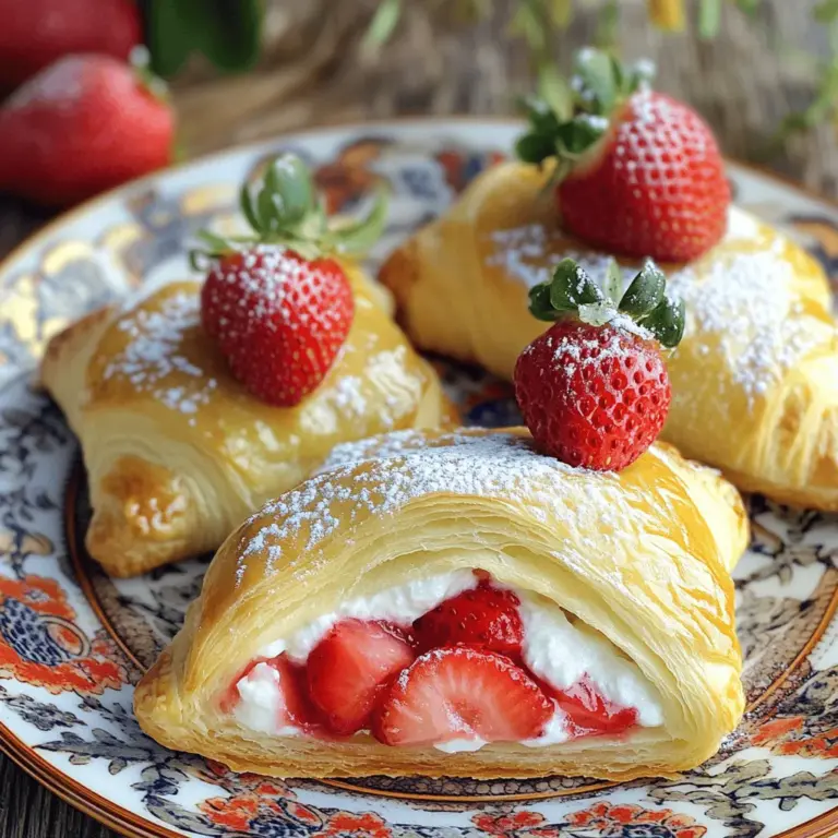 - 1 Blatt Blätterteig, aufgetaut - 2 Tassen frische Erdbeeren, entstielt und in Scheiben geschnitten - 1 Block Frischkäse (225 g), weich - 1/4 Tasse Kristallzucker - 1/4 Tasse Puderzucker - 1 Teelöffel Vanilleextrakt - 1 Esslöffel Zitronensaft - 1 Ei, verquirlt (für den Eierwasch) - 1 Esslöffel Milch (für den Eierwasch) - Puderzucker zum Bestäuben Die Hauptzutaten sind einfach zu finden. Blätterteig macht die Dänischen leicht und knusprig. Frische Erdbeeren bringen die Süße, die wir lieben. Der Frischkäse gibt eine cremige Füllung, die alles zusammenhält. Zusätzliche Zutaten wie Kristallzucker und Puderzucker sorgen für die richtige Süße. Vanilleextrakt fügt ein tolles Aroma hinzu. Optional sind Zitronensaft und die Eier-Milch-Mischung wichtig. Sie helfen, die Dänischen schön braun zu backen. Puderzucker zum Bestäuben macht das Ganze süßer und sieht toll aus. Diese Zutaten sind die Basis für eine köstliche Erdbeer Freude Dänisch. Wenn Sie die [Full Recipe] ansehen, finden Sie weitere Details zur Zubereitung. - Ofen vorheizen: Heize deinen Ofen auf 200°C (400°F) vor. Bereite ein Backblech mit Backpapier vor. - Erdbeerfüllung zubereiten: Nimm eine mittlere Schüssel. Kombiniere die geschnittenen Erdbeeren, Kristallzucker, Speisestärke und Vanilleextrakt. Mische alles gut. Lass die Mischung etwa 10 Minuten ruhen, damit die Erdbeeren ihren Saft abgeben. - Blätterteig vorbereiten: Rolle das Blätterteigblatt auf einer leicht bemehlten Fläche aus. Mache ein größeres Rechteck, etwa 30x40 cm. Schneide den Teig in vier gleich große Quadrate. - Frischkäsemischung zubereiten: In einer separaten Schüssel rühre den weichen Frischkäse, Puderzucker und Zitronensaft glatt. - Dänisch zusammensetzen: Lege einen Esslöffel der Frischkäsemischung in die Mitte jedes Blätterteigquadrats. Löffele die Erdbeermischung vorsichtig darauf, aber überfülle nicht. - Dänisch formen: Falte die Ecken jedes Teigquadrats zur Mitte. Drücke die Ränder gut zusammen, um eine Füllungstasche zu bilden. Bestreiche die Ränder mit der verquirlten Eier-Milch-Mischung für eine goldene Farbe. - Backen: Lege die geformten Dänischen auf das Backblech. Backe sie 20 bis 25 Minuten, bis sie goldbraun sind. Lass sie nach dem Backen leicht abkühlen. Das ist meine Schritt-für-Schritt-Anleitung für Erdbeer Dänisch. Du kannst das vollständige Rezept [Full Recipe] für weitere Details einsehen. - Teig richtig ausrollen: Rollen Sie den Blätterteig auf einer leicht bemehlten Fläche aus. Achten Sie darauf, dass der Teig gleichmäßig dick bleibt. Zu dicke Stellen backen nicht gleichmäßig. - Umgang mit der Füllung: Geben Sie die Füllung in die Mitte des Teigs. Verwenden Sie nicht zu viel Füllung, um ein Überlaufen zu vermeiden. Die Mischung sollte gut verteilt, aber nicht zu voll sein. - Überfüllen der Teigquadrate vermeiden: Wenn Sie die Teigquadrate füllen, denken Sie daran: weniger ist mehr. Wenn Sie die Füllung überfüllen, kann der Teig beim Backen aufplatzen. - Backzeiten anpassen: Jeder Ofen ist anders. Überprüfen Sie die Dänischen nach 20 Minuten. Wenn sie noch nicht goldbraun sind, lassen Sie sie bis zu 25 Minuten weiterbacken. - Elegante Präsentation: Servieren Sie die Dänischen warm auf einem dekorativen Teller. Fügen Sie einige ganze Erdbeeren und einen leichten Puderzuckerstaub hinzu. So sieht es besonders schön aus. - Beilagenempfehlungen: Kombinieren Sie die Dänischen mit einem Klecks Schlagsahne oder einer Kugel Vanilleeis. Das passt gut zu den süßen Erdbeeren und dem cremigen Frischkäse. {{image_4}} Für die Füllung deiner Erdbeer-Dänischen kannst du kreativ sein. Warum nicht auch andere Früchte verwenden? Himbeeren oder Heidelbeeren passen wunderbar. Diese Früchte bringen eine frische Note und sind ebenso lecker. Du kannst sogar eine Mischung aus verschiedenen Beeren ausprobieren. Eine weitere tolle Option ist die Verwendung von Schokoladen- oder Nussfüllungen. Wenn du Schokolade magst, füge etwas geschmolzene Schokolade in die Dänischen. Nüsse wie Mandeln oder Walnüsse geben einen tollen Crunch. Diese Füllungen bringen Abwechslung und neue Geschmäcker in dein Gebäck. Die richtige Garnierung macht alles noch besser. Du kannst deine Dänischen mit Vanilleeis oder Sahne servieren. Das sorgt für eine cremige Ergänzung zu den fruchtigen Aromen. Karamellsauce oder Schokoladensauce sind ebenfalls großartige Optionen. Ein einfacher Schuss Sauce macht die Dänischen noch köstlicher und sieht auch schön aus. Diese Toppings geben deinem Gebäck ein besonderes Flair. Erdbeer-Dänische sind perfekt für besondere Anlässe. Du kannst sie für Feiertage wie Ostern oder Weihnachten anpassen. Füge etwas Zimt oder Muskatnuss hinzu, um eine festliche Note zu kreieren. Mini-Dänische sind eine tolle Idee für Partys. Sie sind einfach zu essen und sehen hübsch aus. Bereite kleine Portionen vor, damit jeder einen probieren kann. Diese Variationen machen dein Gebäck zum Star jeder Feier. Um übrig gebliebene Dänische richtig zu lagern, sollten Sie sie zuerst abkühlen lassen. Legen Sie die Dänischen in einen luftdichten Behälter. Dies schützt sie vor Luft und Feuchtigkeit. Stellen Sie sicher, dass der Behälter gut verschlossen ist. So bleiben sie frisch und lecker. Vermeiden Sie Temperaturschock. Lagern Sie die Dänischen nicht direkt vom Ofen in den Kühlschrank. Lassen Sie sie bei Raumtemperatur abkühlen, bevor Sie sie kühlen. Dies hilft, die Textur zu bewahren. Die besten Methoden für die Aufbewahrung sind einfach. Sie können die Dänischen mit Frischhaltefolie einwickeln oder in einen Behälter legen. Achten Sie darauf, dass sie nicht übereinander liegen, um Quetschungen zu vermeiden. Wenn Sie die Dänischen aufwärmen möchten, verwenden Sie den Ofen. Heizen Sie ihn auf 180°C vor. Legen Sie die Dänischen auf ein Backblech und backen Sie sie für 10 Minuten. Dies sorgt dafür, dass der Blätterteig knusprig bleibt. Erdbeeren Dänisch halten sich im Kühlschrank etwa drei Tage. Überprüfen Sie sie regelmäßig auf Frische. Wenn sie weich oder feucht sind, wird es Zeit, sie wegzuwerfen. Achten Sie auf Anzeichen von Verderb. Wenn der Blätterteig schimmelig oder die Füllung unangenehm riecht, essen Sie sie nicht. Sicherheit geht immer vor! Um einen Strawberry Danish zu machen, folge diesen einfachen Schritten: 1. Ofen vorheizen: Heize deinen Ofen auf 200°C vor. 2. Erdbeerfüllung zubereiten: Mische die geschnittenen Erdbeeren mit Zucker, Speisestärke und Vanille. 3. Blätterteig vorbereiten: Rolle den Blätterteig aus und schneide ihn in Quadrate. 4. Frischkäsemischung zubereiten: Mische den weichen Frischkäse mit Puderzucker und Zitronensaft. 5. Dänisch zusammensetzen: Lege die Frischkäsemischung und Erdbeeren in die Mitte jedes Quadrats. 6. Dänisch formen: Falten die Ecken zur Mitte und drücke sie gut fest. 7. Backen: Backe die Dänischen 20-25 Minuten, bis sie goldbraun sind. 8. Abkühlen und Servieren: Lass sie etwas abkühlen und bestäube sie mit Puderzucker. Ja, du kannst Blätterteig selbst machen. Hier sind die Vor- und Nachteile: - Vorteile: - Du weißt genau, was drin ist. - Du kannst die Textur nach deinem Geschmack anpassen. - Nachteile: - Es ist zeitaufwendig. - Es braucht Übung, um es perfekt zu machen. Hier sind einige empfohlene Bäckereien und Cafés, wo du leckere Erdbeer Dänische finden kannst: - Lokale Bäckereien: Suche nach handwerklichen Bäckereien in deiner Nähe. - Cafés: Oft bieten Cafés frische, hausgemachte Dänische an. Einkaufstipps für frische Zutaten: - Kaufe frische Erdbeeren: Achte auf tiefrote und feste Früchte. - Wähle hochwertigen Blätterteig: Achte auf gute Marken für besten Geschmack. Für das komplette Rezept, schau dir die [Full Recipe] an. Für perfekte Erdbeer-Dänische sind frischer Blätterteig, leckere Erdbeeren und cremiger Frischkäse wichtig. Achte auf die richtige Zubereitung und vermeide häufige Fehler. Probier auch verschiedene Füllungen und Toppings aus. Mit unseren Tipps wird dein Gebäck sicher ein Highlight. Vergiss nicht, die Dänischen ideal zu lagern, damit sie frisch bleiben. So zauberst du ein köstliches Dessert, das jeden begeistert. Viel Spaß beim Ausprobieren!