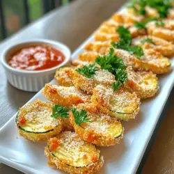 Für diese leckeren Zucchini-Pommes brauche ich einige einfache, frische Zutaten. Hier ist, was du benötigst: - 2 mittelgroße Zucchini, in Pommes frites (ca. 0,5 cm dick) geschnitten - 1/2 Tasse geriebener Parmesan-Käse - 1 Tasse Semmelbrösel (idealerweise Panko für extra Crunch) - 2 große Eier, verquirlt Diese Zutaten sorgen für einen tollen Geschmack und die perfekte Textur. Um den Zucchini-Pommes den richtigen Kick zu geben, verwende ich auch einige Gewürze. Hier sind die zusätzlichen Zutaten: - 1 Teelöffel Knoblauchpulver - 1 Teelöffel Zwiebelpulver - 1/2 Teelöffel Paprika - Salz und frisch gemahlener schwarzer Pfeffer nach Geschmack - Kochspray oder Olivenöl zum Besprühen Diese Gewürze machen die Pommes aromatisch und verleihen ihnen eine schöne Farbe. Die Zucchini sind der Star dieses Gerichts. Wähle frische, feste Zucchini. Achte auf: - Eine glänzende Haut - Keine weichen Stellen oder Druckstellen - Eine mittlere Größe, da sie gleichmäßiger garen Frische Zucchini sorgen für den besten Geschmack und die beste Konsistenz in deinen Baked Parmesan Zucchini Fries. Du kannst das gesamte Rezept [Full Recipe] ausprobieren, um die besten Ergebnisse zu erzielen! Zucchini-Pommes sind einfach zuzubereiten. Beginne mit zwei Zucchini. Schneide sie in Stäbchen, etwa 0,5 cm dick. Achte darauf, dass sie gleichmäßig sind. So garen sie gleichmäßig im Ofen. Lege die geschnittenen Zucchini auf ein Küchentuch. Das hilft, überschüssige Feuchtigkeit zu entfernen. Jetzt machen wir die Panade. Nimm eine flache Schüssel und gib den geriebenen Parmesan hinein. Dazu kommen Panko-Semmelbrösel, Knoblauchpulver, Zwiebelpulver und Paprika. Streue auch Salz und Pfeffer hinzu. Mixe alles gut. In einer anderen Schüssel verquirlst du die Eier. Tauche jede Zucchini-Pommes zuerst in die Eier. Danach wälze sie in der Panade. Drücke leicht, damit sie gut haften bleibt. Heize deinen Ofen auf 220 °C vor. Leg ein Backblech mit Backpapier aus. Besprühe es leicht mit Kochspray oder Olivenöl. Lege die panierten Zucchini-Pommes in einer einzigen Schicht auf das Blech. Besprühe sie erneut mit etwas Olivenöl. Das sorgt für eine schöne Knusprigkeit. Backe die Pommes für 20 bis 25 Minuten. Wende sie einmal, damit sie gleichmäßig bräunen. Lass sie nach dem Backen kurz abkühlen, dann sind sie bereit zum Servieren. Für das komplette Rezept, schau dir die [Full Recipe] an. Um die perfekte Knusprigkeit zu erreichen, gibt es einige einfache Tricks. Zuerst sollten Sie die Zucchini richtig vorbereiten. Schneiden Sie sie in gleichmäßige Pommes, etwa 0,5 cm dick. Das sorgt für ein gleichmäßiges Garen. Eine weitere wichtige Sache ist das Salzen. Salzen Sie die Zucchini vor dem Panieren. Das entzieht der Zucchini Wasser und macht sie knuspriger. Lassen Sie sie nach dem Salzen 10 Minuten ruhen, bevor Sie sie panieren. Verwenden Sie Panko-Semmelbrösel, wenn möglich. Diese sind leichter und sorgen für mehr Crunch. Sprühen Sie die Zucchini-Pommes vor dem Backen leicht mit Olivenöl ein. Das hilft, die Oberfläche schön goldbraun zu machen. Backen Sie sie bei 220 °C für 20-25 Minuten. Vergessen Sie nicht, die Pommes einmal zu wenden, um eine gleichmäßige Bräunung zu erzielen. Ein häufiger Fehler ist, die Zucchini nach dem Panieren zu dicht auf das Blech zu legen. Das führt dazu, dass Dampf entsteht und die Pommes weich werden. Achten Sie darauf, dass sie in einer einzigen Schicht liegen. Ein weiterer Fehler ist, die Zucchini nicht richtig zu salzen. Wenn Sie dies vergessen, bleibt das Wasser in der Zucchini. Das macht die Pommes matschig. Sehen Sie auch darauf, dass die Panade gut haftet. Tauchen Sie die Zucchini-Pommes zuerst in die Eier und dann in die Semmelbrösel. Drücken Sie die Brösel gut an. So bleibt die Panade beim Backen besser haften. Die Präsentation kann viel ausmachen. Servieren Sie die Zucchini-Pommes auf einer langen Servierplatte. Das sieht schön aus und macht Appetit. Garnieren Sie die Pommes mit frischer Petersilie. Das bringt Farbe auf den Teller. Vergessen Sie nicht, eine Dip-Option anzubieten. Marinara-Sauce oder Ranch-Dressing sind perfekt. Stellen Sie die Saucen in kleinen Schalen neben die Pommes. Das macht das Essen interaktiv und noch leckerer. {{image_4}} Für eine vegetarische Variante kannst du einfach den Parmesan durch einen pflanzlichen Käse ersetzen. Veganer Käse ist in vielen Supermärkten erhältlich. Damit bleibt der Geschmack ähnlich, und du kannst das Gericht genießen. Außerdem kannst du die Eier durch pflanzliche Alternativen wie Apfelmus oder Leinsamen-Ei ersetzen. Mische einen Esslöffel Leinsamen mit drei Esslöffeln Wasser und lasse es kurz quellen. Dies gibt der Panade die nötige Bindung. Zucchini-Pommes sind sehr anpassbar. Probiere verschiedene Gewürze aus, um den Geschmack zu verändern. Zum Beispiel kannst du italienische Kräuter wie Oregano und Basilikum hinzufügen. Eine scharfe Note erreichst du mit etwas Cayennepfeffer oder Chili-Pulver. Wenn du es süß magst, füge eine Prise Zucker hinzu. Diese Variationen bringen frischen Wind in dein Rezept und machen die Pommes noch spannender. Zu den Zucchini-Pommes passen viele Dips. Marinara-Sauce ist klassisch, aber auch eine Mischung aus Joghurt und frischen Kräutern ist lecker. Für einen würzigen Kick kannst du Sriracha oder eine BBQ-Sauce nutzen. Wenn du etwas Gesundes suchst, probiere einen Avocado-Dip. Mische zerdrückte Avocado, Limettensaft und etwas Salz. Diese Dips machen das Essen noch genussvoller und sorgen für mehr Abwechslung. Wenn Sie Reste von den Zucchini-Pommes haben, bewahren Sie sie in einem luftdichten Behälter auf. Lassen Sie die Pommes zuerst auf Raumtemperatur abkühlen. Legen Sie sie dann in den Behälter. So bleibt der Geschmack frisch. Stellen Sie sicher, dass der Behälter gut verschlossen ist. Sie können die Reste bis zu drei Tage im Kühlschrank aufbewahren. Um die Zucchini-Pommes wieder knusprig zu machen, verwenden Sie den Ofen. Heizen Sie den Ofen auf 190 °C (375 °F) vor. Legen Sie die Pommes auf ein Backblech. Backen Sie sie für etwa 10-15 Minuten. So werden sie wieder schön knusprig. Alternativ können Sie eine Pfanne verwenden. Erhitzen Sie etwas Öl und braten Sie die Pommes kurz an. Die zubereiteten Zucchini-Pommes bleiben im Kühlschrank etwa drei Tage frisch. Wenn Sie sie länger aufbewahren möchten, können Sie sie einfrieren. Legen Sie die Pommes in einen gefrierfesten Beutel. So halten sie bis zu drei Monate. Beim Auftauen sollten Sie sie im Kühlschrank über Nacht lassen. Verwenden Sie dann die Anleitungen zum Aufwärmen für besten Geschmack. Die Zubereitung der Baked Parmesan Zucchini Fries dauert etwa 35 Minuten. Der größte Teil dieser Zeit geht für das Backen drauf. Die aktive Vorbereitungszeit beträgt nur 10 Minuten. In dieser Zeit schneiden Sie die Zucchini und bereiten die Panade vor. Das macht es einfach, auch wenn Sie wenig Zeit haben! Ja, Sie können die Zucchini-Pommes auch frittieren! Das gibt Ihnen eine noch knusprigere Textur. Um sie zu frittieren, erhitzen Sie Öl in einer tiefen Pfanne. Tauchen Sie die Zucchini-Pommes in die Panade und frittieren Sie sie goldbraun. Achten Sie darauf, sie nicht zu überfüllen, damit sie gleichmäßig garen. Frittierte Pommes sind lecker, aber auch etwas fettiger. Zucchini Fries passen gut zu vielen Beilagen! Hier sind einige meiner Favoriten: - Marinara-Sauce: Ein klassischer Dipp, der gut zu den Zucchini passt. - Ranch-Dressing: Cremig und lecker, ideal zum Dippen. - Knoblauch-Aioli: Ein würziger Dip, der den Geschmack hebt. - Salat: Ein frischer Salat ergänzt die Pommes gut. Für das volle Erlebnis empfehle ich, die Zucchini Fries mit einer dieser Beilagen zu servieren. Sie werden begeistert sein! Wenn Sie das vollständige Rezept nachlesen möchten, schauen Sie sich [Full Recipe] an. Baked Parmesan Zucchini Fries sind einfach und lecker. Wir haben die besten Zutaten ausgewählt und Tipps zur Zubereitung gegeben. Das richtige Backen und die perfekten Gewürze machen einen großen Unterschied. Variieren Sie mit neuen Dips und Lagerungstipps, um das Beste aus Ihren Resten herauszuholen. Denken Sie daran, Fehler zu vermeiden, um die perfekte Knusprigkeit zu erzielen. Genießen Sie diese gesunde Snack-Option und experimentieren Sie, um Ihre eigenen Favoriten zu finden. Zucchini Fries machen jede Mahlzeit besonders!