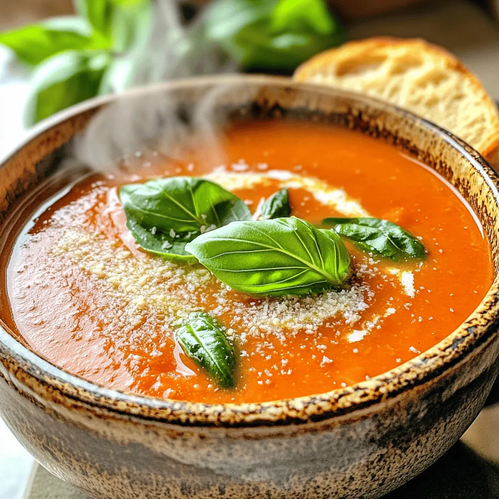 - 2 Esslöffel Olivenöl - 1 mittlere Zwiebel, gehackt - 2 Knoblauchzehen, fein gehackt - 1 Dose (28 Unzen) zerdrückte Tomaten - 2 Tassen Gemüsebrühe - 1 Tasse Sahne (oder Kokoscreme für eine vegane Option) - 1/2 Tasse frische Basilikumblätter, gehackt Diese Zutaten bilden die Basis für die cremige Tomaten-Basilikum-Suppe. Das Olivenöl bringt Geschmack und hilft, die Zwiebeln und den Knoblauch zu braten. Die Zwiebeln machen die Suppe süßer und die Knoblauchzehen fügen einen tollen Duft hinzu. Zerdrückte Tomaten geben der Suppe ihre rote Farbe und ihren frischen Geschmack. Gemüsebrühe sorgt für Tiefe. Sahne oder Kokoscreme macht die Suppe cremig und reichhaltig. Frisches Basilikum bringt einen Hauch von Frische und ein tolles Aroma. - 1 Teelöffel Zucker - Salz und Pfeffer nach Geschmack - 1 Teelöffel getrockneter Oregano - Optional: Geriebener Parmesan zum Garnieren Zucker kann die Säure der Tomaten ausgleichen. Salz und Pfeffer bringen die Aromen zum Leben. Getrockneter Oregano fügt einen mediterranen Geschmack hinzu. Parmesan ist eine tolle Option, um die Suppe zu garnieren. Er gibt einen salzigen, herzhaften Kick. Wenn Sie die Suppe noch mehr anpassen möchten, probieren Sie frische Kräuter oder andere Gewürze aus. Für das volle Rezept folgen Sie bitte dem Link: [Full Recipe]. Zuerst hacke die Zwiebel. Das geht am besten mit einem scharfen Messer. Dann schneide den Knoblauch fein. Er gibt der Suppe viel Geschmack. Nimm frische Basilikumblätter. Wasche sie gut und schneide sie grob. Diese Blätter machen die Suppe frisch und aromatisch. Erhitze das Olivenöl in einem großen Topf. Bei mittlerer Hitze wird es warm. Füge die Zwiebeln hinzu und dünste sie an. Sie sollten glasig werden, das dauert etwa 5-6 Minuten. Dann kommt der Knoblauch dazu. Brate ihn eine Minute mit, bis er duftet. Jetzt gib die zerdrückten Tomaten und Gemüsebrühe in den Topf. Füge Zucker, Salz, Pfeffer und Oregano hinzu. Rühre gut um und lasse die Mischung aufkochen. Reduziere dann die Hitze und lasse sie 20 Minuten köcheln. So verbinden sich die Aromen gut. Jetzt püriere die Suppe. Nutze einen Stabmixer für eine glatte Konsistenz. Du kannst auch einen Standmixer verwenden, aber sei vorsichtig mit der heißen Flüssigkeit. Gib die pürierte Suppe zurück in den Topf. Stelle ihn auf niedrige Hitze und rühre die Sahne ein. Lass die Suppe weitere 5 Minuten köcheln. Schmecke sie ab und passe die Gewürze nach deinem Geschmack an. Zuletzt rühre die frischen Basilikumblätter unter. Sie geben der Suppe das gewisse Etwas. Für die vollständige Anleitung schaue dir das [Full Recipe] an. Um die perfekte Cremigkeit in deiner Suppe zu erzielen, kannst du das Verhältnis von Sahne zu Brühe anpassen. Wenn du eine reichhaltigere Suppe möchtest, verwende mehr Sahne. Für eine leichtere Variante kannst du die Menge der Brühe erhöhen. Wenn du eine vegane Option bevorzugst, ersetze die Sahne durch Kokoscreme. Diese verleiht der Suppe eine cremige Textur und einen milden Geschmack. Frische Kräuter und Gewürze bringen deine Suppe auf ein neues Level. Verwende frisches Basilikum und Oregano für einen intensiven Geschmack. Du kannst auch duftende Öle wie Balsamico oder Trüffelöl hinzufügen. Dadurch erhältst du eine zusätzliche Geschmackstiefe, die deine Gäste begeistern wird. Die Präsentation macht einen großen Unterschied. Fülle die Suppe in schöne Schalen und garniere sie mit frischen Basilikumblättern. Eine Prise geriebener Parmesan sorgt für einen zusätzlichen Farbtupfer. Serviere die Suppe mit knusprigem Brot oder gegrillten Käse-Sandwiches. Diese Beilagen machen das Gericht noch herzhafter und einladender. Wenn du mehr darüber erfahren möchtest, schaue dir die Full Recipe an. {{image_4}} Für eine vegane Version der cremigen Tomaten-Basilikum-Suppe verwende Kokoscreme anstelle von Sahne. Kokoscreme macht die Suppe ebenso reichhaltig, hat aber einen leichten, süßen Geschmack. Das passt gut zu den Tomaten. Du kannst auch zusätzliche Gemüsesorten integrieren. Zucchini, Karotten oder Paprika bringen mehr Farbe und Nährstoffe. Diese Gemüse kannst du einfach klein schneiden und zusammen mit der Zwiebel anbraten. So erhält die Suppe einen tollen, tiefen Geschmack. Um die Suppe noch geschmackvoller zu machen, füge Parmesan oder Mozzarella hinzu. Diese Käsesorten schmelzen gut und geben der Suppe eine schöne Cremigkeit. Streue sie einfach vor dem Servieren über die heiße Suppe. Du kannst auch andere Kräuter wie Thymian oder Petersilie ausprobieren. Diese Kräuter verleihen der Suppe eine neue Note und erweitern das Aroma. Probiere, verschiedene Kombinationen zu finden, um deine perfekte Suppe zu kreieren. Für mehr Details und die vollständige Zubereitung, sieh dir das [Full Recipe] an. Die cremige Tomaten-Basilikum-Suppe ist einfach zu lagern. Wenn Sie Reste haben, lassen Sie die Suppe zuerst auf Raumtemperatur abkühlen. Danach können Sie sie in einem luftdichten Behälter im Kühlschrank aufbewahren. Sie hält sich dort etwa 3 bis 5 Tage. Wenn Sie die Suppe länger aufbewahren möchten, ist die Gefrieroption ideal. Für die langfristige Lagerung im Gefrierschrank empfehle ich, die Suppe in Portionen zu teilen. Nutzen Sie gefrierfeste Behälter oder Beutel. Achten Sie darauf, etwas Platz zu lassen, da die Suppe beim Gefrieren etwas expandiert. So bleibt die Qualität der Suppe gut erhalten. Um die Suppe aufzuwärmen, gibt es ein paar einfache Methoden. Die beste Möglichkeit ist, die Suppe in einen Topf zu geben und bei niedriger Hitze zu erhitzen. Rühren Sie regelmäßig um, damit sie gleichmäßig warm wird. Sie können die Suppe auch in der Mikrowelle aufwärmen. Stellen Sie die Mikrowelle auf mittlere Leistung und erhitzen Sie sie in kurzen Intervallen, dabei jedes Mal umrühren. Um die cremige Konsistenz zu erhalten, fügen Sie einen Schuss Sahne oder Kokoscreme hinzu, während Sie die Suppe aufwärmen. Dies hilft, die Textur glatt und reichhaltig zu halten. Vermeiden Sie es, die Suppe zu stark zu kochen, da sie sonst ihre Cremigkeit verlieren kann. Die cremige Tomaten-Basilikum-Suppe hält sich gut im Kühlschrank. Sie bleibt frisch für etwa 3 bis 4 Tage. Um die Suppe gut zu lagern, füllen Sie sie in einen luftdichten Behälter. Achten Sie darauf, die Suppe vollständig abkühlen zu lassen, bevor Sie sie in den Kühlschrank stellen. So bleibt der Geschmack und die Konsistenz optimal. Ja, Sie können die Suppe im Voraus zubereiten. Das ist eine tolle Idee für stressige Tage. Bereiten Sie die Suppe einfach einen Tag früher zu. Lassen Sie sie abkühlen und lagern Sie sie im Kühlschrank. Wenn Sie bereit sind zu essen, können Sie die Suppe einfach wieder erhitzen. Vergessen Sie nicht, das frische Basilikum erst kurz vor dem Servieren hinzuzufügen. Ja, die Suppe kann ohne Sahne zubereitet werden. Verwenden Sie stattdessen Kokoscreme für eine vegane Option. Diese gibt der Suppe eine ähnliche Cremigkeit und einen leichten Kokosgeschmack. Der Geschmack wird leicht anders sein, aber immer noch sehr lecker. Sie könnten auch andere pflanzliche Milchsorten ausprobieren, um die Konsistenz zu finden, die Ihnen am besten gefällt. Diese Anleitung zeigt Ihnen, wie Sie eine cremige Tomaten-Basilikum-Suppe zubereiten. Wir haben die wichtigsten Zutaten, die Zubereitungsschritte und Tipps behandelt. Sie können dabei auch mit Variationen und Aromen spielen. Denken Sie daran, die richtige Konsistenz zu erreichen und die Suppe schön zu präsentieren. Genießen Sie die vielfältigen Möglichkeiten, die diese Suppe bietet! Sie ist einfach zuzubereiten und passt in jede Küche. Probieren Sie es aus und verbessern Sie Ihre Kochkünste!