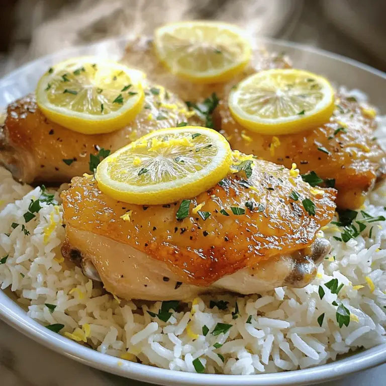 Um das leckere Gericht Lemon Herb Chicken and Rice zuzubereiten, benötigst du folgende Zutaten: - 4 Hautless, entbeinte Hähnchenschenkel - 1 Tasse Basmati-Reis - 2 Tassen natriumreduzierte Hühnerbrühe - 2 Esslöffel Olivenöl - 2 Knoblauchzehen, fein gehackt - Schale von 1 Zitrone (unbehandelt) - 2 Esslöffel frischer Zitronensaft - 1 Teelöffel getrockneter Thymian - 1 Teelöffel getrockneter Oregano - 1 Teelöffel Paprika - Salz und Pfeffer nach Geschmack - Frische Petersilie, gehackt (zum Garnieren) - Zitronenscheiben (zum Garnieren) Die Schale der Zitrone bringt einen tollen frischen Geschmack. Sie gibt dem Gericht eine lebendige Note. Frischer Zitronensaft verstärkt den Geschmack ebenfalls. Verwende frische Kräuter wie Petersilie für den besten Geschmack. Diese Zutaten machen das Gericht besonders und lecker. Wenn du keine Hähnchenschenkel hast, kannst du auch Hähnchenbrust verwenden. Der Basmati-Reis kann durch Jasminreis ersetzt werden. Wenn du keine Hühnerbrühe hast, nimm einfach Wasser, aber die Brühe gibt mehr Geschmack. Auch die Gewürze sind flexibel. Verwende, was du magst, wie Rosmarin oder Basilikum. Beginne mit der Marinade. Vermische in einer Schüssel das Olivenöl, den Knoblauch, die Zitronenschale, den Zitronensaft, den Thymian, Oregano, Paprika, Salz und Pfeffer. Rühre alles gut um. Lege die Hähnchenschenkel in die Marinade und stelle sicher, dass sie gut bedeckt sind. Lass das Hähnchen mindestens 30 Minuten marinieren. Diese Zeit hilft, die Aromen tief einzuziehen. Erhitze eine große Pfanne bei mittlerer Hitze. Nimm die marinierten Hähnchenschenkel aus der Schüssel und lege sie in die Pfanne. Brate das Hähnchen etwa 5-6 Minuten auf jeder Seite. Es sollte goldbraun und durchgegart sein. Nimm das Hähnchen aus der Pfanne und lege es beiseite. Diese Schritte sind wichtig, um das Hähnchen saftig und voll von Geschmack zu halten. In derselben Pfanne füge den Basmati-Reis hinzu. Röste ihn etwa 2 Minuten lang unter häufigem Rühren. Der Reis sollte leicht durchsichtig werden. Gieße nun die Hühnerbrühe dazu und bringe alles zum Kochen. Sobald es kocht, reduziere die Hitze, decke die Pfanne ab und lasse den Reis 15 Minuten köcheln. Nach der Kochzeit nimm die Pfanne vom Herd und lass sie 5 Minuten abgedeckt ruhen. Lockere den Reis mit einer Gabel auf. Jetzt ist der Reis bereit, das Hähnchen zu empfangen. Lege das Hähnchen wieder in die Pfanne auf den Reis. Decke die Pfanne erneut ab und halte das Gericht warm. Das ist der Moment, um alle Aromen zusammenzubringen. Für das volle Rezept, schau dir die Details in der [Full Recipe] an. Die Marinade macht den Unterschied. Mische Olivenöl, Knoblauch, Zitronensaft und Gewürze. Diese Mischung bringt viel Geschmack. Lass das Hähnchen mindestens 30 Minuten marinieren. So ziehen die Aromen gut ein. Du kannst auch über Nacht marinieren. Das gibt dem Hähnchen noch mehr Geschmack. Das Hähnchen sollte goldbraun sein und innen saftig. Brate es auf mittlerer Hitze etwa 5-6 Minuten pro Seite. Verwende ein Fleischthermometer, um sicherzugehen. Die Innentemperatur sollte 75 Grad Celsius erreichen. So bleibt das Hähnchen zart und lecker. Reis kann leicht klebrig werden. Röste ihn vor dem Kochen für 2 Minuten in der Pfanne. Dadurch wird er leicht und fluffig. Nachdem du die Brühe hinzufügst, koche den Reis bei niedriger Hitze. Lass ihn 15 Minuten abgedeckt stehen. Nach dem Kochen mit einer Gabel auflockern. So bleibt der Reis locker und perfekt. Verwende die Tipps für deine Zesty Lemon Herb Chicken & Rice. Sie helfen dir, das Gericht noch besser zu machen! {{image_4}} Du kannst viele Gemüsearten in dein Gericht einfügen. Brokkoli, Karotten und Erbsen sind tolle Optionen. Sie fügen Farbe und Nährstoffe hinzu. Einfach das Gemüse in die Pfanne geben, nachdem du das Hähnchen angebraten hast. Lass es kurz garen, bevor du den Reis hinzufügst. So bleibt das Gemüse knackig und frisch. Wenn du etwas Abwechslung willst, probiere andere Reissorten. Quinoa ist eine gesunde Wahl. Es hat viele Ballaststoffe und Protein. Du kannst auch Wildreis verwenden, um einen nussigen Geschmack zu bekommen. Bereite die Reisalternative wie im Rezept vor. Achte darauf, die Kochzeit entsprechend anzupassen. Du kannst die Aromen leicht verändern. Füge zum Beispiel frische Kräuter wie Basilikum oder Rosmarin hinzu. Sie bringen frische Aromen. Eine Prise Cayennepfeffer kann das Gericht würziger machen. Auch eine Sojasauce kann interessante Umami-Noten hinzufügen. Experimentiere mit den Gewürzen, um deinen persönlichen Geschmack zu finden. Nach dem Essen bleiben oft Reste übrig. Du kannst die Reste in einem luftdichten Behälter aufbewahren. Stelle sicher, dass der Behälter sauber ist. Lagere ihn im Kühlschrank. So bleiben Hähnchen und Reis frisch. Es ist am besten, die Reste innerhalb von 3 bis 4 Tagen zu essen. Achte darauf, die Reste gut zu kühlen. So vermeidest du, dass Bakterien wachsen. Wenn du die Reste länger aufbewahren möchtest, kannst du sie einfrieren. Teile die Reste in Portionen auf. Lege sie in gefriersichere Behälter oder Beutel. Drücke die Luft heraus, bevor du sie verschließt. So bleibt das Gericht bis zu 3 Monate frisch. Wenn du bereit bist, das Gericht zu essen, ziehe es einfach aus dem Gefrierfach. Um das Gericht wieder aufzuwärmen, gibt es einige einfache Schritte. Du kannst die Reste in der Mikrowelle aufwärmen. Stelle sicher, dass du sie in einem mikrowellengeeigneten Behälter hast. Decke den Behälter mit einem Deckel oder einem feuchten Papiertuch ab. So wird das Gericht gleichmäßig heiß. Du kannst das Gericht auch in einer Pfanne auf dem Herd aufwärmen. Füge etwas Wasser oder Brühe hinzu, um es saftig zu halten. Rühre regelmäßig um, damit alles gut warm wird. Du kannst Lemon Herb Chicken und Rice bis zu drei Tage im Kühlschrank aufbewahren. Stelle sicher, dass du das Gericht in einem luftdichten Behälter lagerst, um den Geschmack zu erhalten. Nach drei Tagen kann die Frische nachlassen, und die Textur könnte sich ändern. Ja, du kannst das Rezept im Voraus zubereiten. Mariniere das Hähnchen am Abend davor und stelle es in den Kühlschrank. Dadurch ziehen die Aromen besser ein. Du kannst auch den Reis bereits kochen und später wieder aufwärmen. So sparst du Zeit am Tag des Servierens. Wenn du keinen Basmati-Reis hast, kannst du auch Jasminreis oder Langkornreis verwenden. Diese Reisarten haben ähnliche Kochzeiten und Texturen. Du kannst sogar Quinoa oder Couscous für eine andere Konsistenz ausprobieren. Jedes dieser Alternativen bringt einen anderen Geschmack, der gut zu diesem Gericht passt. In diesem Artikel haben wir die besten Zutaten für leckeres Hähnchenreis besprochen. Sie haben gelernt, wie man das Hähnchen mariniert und richtig brät. Fluffiger Reis ist ebenfalls wichtig. Denken Sie an Variationen mit mehr Gemüse und Reisalternativen. Denken Sie immer an die passende Aufbewahrung. Werfen Sie einen Blick auf die FAQs für weitere Tipps. Mit diesen Fakten können Sie ein schmackhaftes Gericht zaubern. Probieren Sie es aus und genießen Sie Ihr eigenes Meisterwerk!