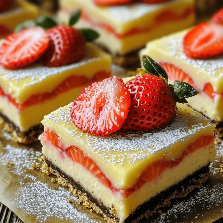 Um die Goldenen Oreo Erdbeer Käsekuchen Riegel zu machen, brauchst du folgende Zutaten: - 20 Goldene Oreo-Kekse, zerbröselt - 4 Esslöffel ungesalzene Butter, geschmolzen - 450 Gramm Frischkäse, erweicht - 100 Gramm Zucker - 1 Teelöffel Vanilleextrakt - 2 große Eier - 240 Gramm frische Erdbeeren, geputzt und in Scheiben geschnitten - 120 Gramm Saure Sahne - 30 Gramm Puderzucker - Extra Erdbeerscheiben zur Dekoration Diese Zutaten geben den Riegeln ihren tollen Geschmack. Die Kombination aus Goldenen Oreos und frischen Erdbeeren ist einfach unwiderstehlich. Für dieses Rezept benötigst du einige einfache Küchenutensilien: - Eine 20x20 cm große Backform - Backpapier - Eine mittlere Rührschüssel - Eine große Rührschüssel - Einen elektrischen Mixer - Ein Spatel Diese Werkzeuge helfen dir, die Riegel schnell und einfach zuzubereiten. Wenn du Erdbeeren kaufst, achte auf einige Dinge, um die besten auszuwählen: - Sie sollten rot und glänzend sein. - Die Beeren müssen fest und saftig wirken. - Vermeide Erdbeeren mit dunklen Flecken oder Druckstellen. - Kaufe frische Erdbeeren in der Saison für den besten Geschmack. Frische Erdbeeren machen einen großen Unterschied in deinem Käsekuchen. Sie bringen Süße und Frische in jeden Bissen. Wenn du Erdbeeren richtig auswählst, werden deine Goldenen Oreo Erdbeer Käsekuchen Riegel noch besser. Für die vollständige Anleitung und Zubereitung schau dir das [Full Recipe] an. Heizen Sie den Backofen auf 175°C vor. Nehmen Sie eine 20x20 cm große Backform. Legen Sie die Form mit Backpapier aus. Lassen Sie etwas Papier überhängen. So können Sie die Riegel später besser herausnehmen. In einer mittleren Schüssel zerdrücken Sie 20 Goldene Oreo-Kekse. Fügen Sie 4 Esslöffel geschmolzene Butter hinzu. Mischen Sie alles gut. Die Mischung sollte gleichmäßig feucht sein. Drücken Sie die Krümel in die Backform. Stellen Sie sicher, dass die Schicht fest ist. Backen Sie die Kruste für 10 Minuten. Lassen Sie sie danach etwas abkühlen. In einer großen Rührschüssel schlagen Sie 450 Gramm erweichten Frischkäse. Mischen Sie ihn mit einem elektrischen Mixer, bis er glatt ist. Fügen Sie 100 Gramm Zucker und 1 Teelöffel Vanilleextrakt hinzu. Rühren Sie, bis alles gut vermischt ist. Schlagen Sie nun 2 große Eier einzeln ein. Stellen Sie sicher, dass jedes Ei gut vermischt ist. Fügen Sie 240 Gramm frische Erdbeeren hinzu. Falten Sie 120 Gramm saure Sahne vorsichtig unter die Mischung. Achten Sie darauf, die Erdbeeren nicht zu zerdrücken. Gießen Sie die Füllung auf die Kruste. Für das vollständige Rezept, schauen Sie sich die [Full Recipe] an. Ein häufiger Fehler ist, die Kruste zu dünn zu machen. Achten Sie darauf, die Krümel gut zu drücken, damit sie fest wird. Wenn die Füllung zu flüssig ist, könnten Sie die Eier nicht richtig unterrühren. Rühren Sie jedes Ei ganz ein, bevor das nächste kommt. Um die Füllung schön cremig zu machen, schlagen Sie den Frischkäse zuerst ganz glatt. Fügen Sie dann den Zucker und das Vanilleextrakt hinzu. So erhält die Mischung einen tollen Geschmack. Bei der sauren Sahne dürfen Sie nicht zu fest rühren. Falten Sie sie vorsichtig unter. Die Riegel sehen toll aus, wenn Sie sie mit Puderzucker bestäuben. Für einen frischen Look legen Sie Erdbeerscheiben oben drauf. Sie können auch Schokoladensoße darüber träufeln. Servieren Sie die Riegel kalt, damit sie schön fest bleiben. Weitere Tipps finden Sie in der [Full Recipe]. {{image_4}} Wenn Sie keine Goldenen Oreos haben, probieren Sie andere Kekse. Vanillekekse sind eine gute Wahl. Sie bringen einen ähnlichen Geschmack. Butterkekse sind auch lecker und passen gut. Diese Alternativen geben der Kruste eine andere Note, aber das Ergebnis bleibt köstlich. Erdbeeren sind toll, aber andere Beeren sind ebenfalls eine gute Wahl. Himbeeren bringen eine schöne Säure. Blaubeeren sind süß und passen gut zur Käsekuchenfüllung. Kombinieren Sie verschiedene Beeren für mehr Geschmack. Jede Beerenmischung gibt einen neuen Twist. Denken Sie daran, die Beeren gut zu waschen und zu schneiden. Für eine leichtere Version können Sie einige Zutaten ersetzen. Verwenden Sie fettarmen Frischkäse, um Kalorien zu sparen. Statt Zucker können Sie Süßstoff nutzen. Auch die Butter können Sie durch Apfelmus ersetzen. Dies macht die Riegel gesünder, ohne den Geschmack zu verlieren. Schauen Sie sich die [Full Recipe] für mehr Tipps an. Um die Goldenen Oreo Erdbeer Käsekuchen Riegel frisch zu halten, kühlen Sie sie richtig. Lassen Sie die Riegel nach dem Backen zuerst auf Raumtemperatur abkühlen. Dann stellen Sie sie für mindestens zwei Stunden in den Kühlschrank. Dies hilft den Riegeln, fest zu werden und die Aromen zu entwickeln. Bewahren Sie die Riegel in einem luftdichten Behälter auf. So bleiben sie frisch und lecker. Wenn Sie die Riegel länger aufbewahren möchten, können Sie sie einfrieren. Schneiden Sie die Riegel nach dem Abkühlen in Stücke. Wickeln Sie jedes Stück in Frischhaltefolie ein. Legen Sie die eingewickelten Riegel in einen gefrierfesten Behälter. So vermeiden Sie Gefrierbrand. Sie können die Riegel bis zu drei Monate einfrieren. Zum Auftauen legen Sie sie einfach in den Kühlschrank. Im Kühlschrank halten die Riegel bis zu einer Woche. Achten Sie darauf, den Behälter gut zu verschließen. Dadurch bleibt die Frische erhalten und sie trocknen nicht aus. Wenn Sie die Riegel länger aufbewahren möchten, denken Sie an das Einfrieren. So genießen Sie die leckeren Riegel auch später noch. Du kannst die Riegel bis zu fünf Tage im Kühlschrank aufbewahren. Bewahre sie in einem luftdichten Behälter auf, damit sie frisch bleiben. Wenn du sie länger aufbewahren möchtest, friere sie ein. So halten sie bis zu drei Monate. Ja, du kannst die Eier durch pflanzliche Alternativen ersetzen. Eine gute Wahl sind Chia- oder Leinsamen. Mische einen Esslöffel Samen mit drei Esslöffeln Wasser. Lass die Mischung für fünf Minuten stehen, bis sie gelartig wird. Das funktioniert gut in den Riegeln. Serviere die Riegel gekühlt. Schneide sie in gleich große Stücke. Bestäube sie mit Puderzucker und füge frische Erdbeeren hinzu. Du kannst auch Schokoladensauce oder Sahne daneben anrichten. Das macht sie noch leckerer. Du kannst die Riegel mit verschiedenen Toppings anpassen. Probiere verschiedene Früchte wie Himbeeren oder Blaubeeren. Du kannst auch Nüsse oder Schokolade darüber streuen. Für einen besonderen Kick füge etwas Zitronenschale zur Füllung hinzu. So wird jeder Biss einzigartig. Goldene Oreo Erdbeer Käsekuchen Riegel sind lecker und einfach zu machen. Wir haben die Hauptzutaten, wichtige Tools und Tipps für die besten Erdbeeren behandelt. Dann gab es eine Schritt-für-Schritt-Anleitung und viele hilfreiche Tipps, um häufige Fehler zu vermeiden. Auch Variationen und Aufbewahrungstipps sind wichtig. Am Ende ist es wichtig, kreativ zu sein. Probiere verschiedene Beeren und Dekorationen aus. So wird dein Käsekuchen besonders lecker und individuell!