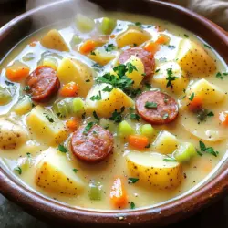 - 225 g Kielbasa, in Halbmondscheiben geschnitten - 4 große Yukon Gold Kartoffeln, gewürfelt - 1 mittelgroße Zwiebel, gehackt Die Hauptzutaten sind einfach zu finden. Kielbasa ist eine leckere Wurst. Sie gibt der Suppe einen herzhaften Geschmack. Kartoffeln bringen die nötige Cremigkeit. Yukon Gold Kartoffeln sind besonders gut, da sie beim Kochen nicht auseinanderfallen. Die Zwiebel fügt eine süße Note hinzu. Diese drei Zutaten bilden die Basis der Suppe. - 2 Karotten, gewürfelt - 3 Stangen Sellerie, gewürfelt - 4 Knoblauchzehen, fein gehackt Die weiteren Zutaten sind ebenso wichtig. Karotten bringen eine schöne Farbe und Süße. Sellerie fügt einen knackigen Biss hinzu. Knoblauch gibt der Suppe einen starken, aromatischen Geschmack. Zusammen runden diese Zutaten das Gericht perfekt ab. - 2 Teelöffel getrockneter Thymian - 1 Teelöffel geräuchertes Paprikapulver - 1,5 l natriumreduzierter Hühnerbrühe Gewürze und Brühe sind der Schlüssel zu jedem guten Rezept. Thymian verleiht der Suppe eine frische Note. Geräuchertes Paprikapulver gibt einen tiefen, rauchigen Geschmack. Die Hühnerbrühe sorgt für eine reichhaltige Basis. Diese Zutaten machen die Suppe zu einem wahren Geschmackserlebnis. Für das vollständige Rezept, schau dir die Full Recipe an. Beginne mit dem Schneiden der Zutaten. Du brauchst: - 225 g Kielbasa, in Halbmondscheiben geschnitten - 4 große Yukon Gold Kartoffeln, gewürfelt - 1 mittelgroße Zwiebel, gehackt - 2 Karotten, gewürfelt - 3 Stangen Sellerie, gewürfelt - 4 Knoblauchzehen, fein gehackt Stelle alle geschnittenen Zutaten bereit. Dann erhitze in einem großen Topf 2 Esslöffel Olivenöl bei mittlerer Hitze. Jetzt kommt der spannende Teil. Gib die geschnittene Kielbasa in den Topf. Brate sie für etwa 5-7 Minuten, bis sie goldbraun ist. Nimm die Kielbasa aus dem Topf und stelle sie beiseite. Lass etwas Bratfett im Topf. Füge nun die gehackte Zwiebel, Karotten und Sellerie hinzu. Sauté das Gemüse für etwa 5 Minuten, bis es weich ist. Rühre dann den gehackten Knoblauch ein und koche eine weitere Minute. Jetzt ist es Zeit, die Brühe hinzuzufügen. Gib die Hühnerbrühe in den Topf und bringe die Mischung zum Kochen. Wenn die Brühe sprudelt, füge die gewürfelten Kartoffeln, den getrockneten Thymian, das geräucherte Paprikapulver sowie Salz und Pfeffer hinzu. Rühre gut um. Reduziere die Hitze und lasse die Suppe 15-20 Minuten köcheln, bis die Kartoffeln zart sind. Um die Suppe dicker zu machen, nutze einen Kartoffelstampfer. Zerdrücke einige Kartoffeln in der Suppe, während andere Stücke ganz bleiben. Nun füge die gebratene Kielbasa und die Schlagsahne hinzu. Lass die Suppe weitere 5-7 Minuten köcheln. Rühre gut um und schmecke nach. Nimm den Topf vom Herd und lasse die Suppe einige Minuten ruhen. Serviere sie in Schalen, garniert mit frischer Petersilie. Für die vollständige Zubereitung, sieh dir das Rezept [Full Recipe] an. Um die perfekte Konsistenz zu erreichen, benutze einen Kartoffelstampfer. Du kannst die Kartoffeln leicht zerdrücken, sodass die Suppe schön cremig wird. Achte darauf, nicht alle Kartoffeln zu zerdrücken, damit einige Stücke ganz bleiben. Wenn du keine Schlagsahne verwenden möchtest, probiere griechischen Joghurt. Er gibt der Suppe eine ähnliche Cremigkeit, aber mit weniger Fett. Um die Vorbereitungszeit zu optimieren, schneide alle Zutaten vorher. So hast du alles bereit, wenn du mit dem Kochen beginnst. Du kannst auch die Brühe schon im Voraus aufsetzen oder aufwärmen. Das spart Zeit beim Kochen. Reduziere die Kochzeit, indem du die Hitze etwas höher drehst. Achte jedoch darauf, die Suppe regelmäßig zu rühren, damit sie nicht anbrennt. Für mehr Geschmack kannst du weitere Gemüsesorten hinzufügen. Erbsen oder Mais passen gut in die Suppe. Auch Spinat oder Grünkohl sind tolle Optionen. Wenn du verschiedene Fleischvarianten ausprobieren möchtest, kannst du auch Würstchen oder Speck verwenden. Das verleiht der Suppe eine neue Note. {{image_4}} Wenn Sie eine fleischlose Variante der Kielbasa Kartoffelsuppe möchten, gibt es viele Alternativen. Sie können Räuchertofu oder Tempeh verwenden, um einen ähnlichen Geschmack zu erzielen. Diese Optionen geben der Suppe Tiefe und einen herzhaften Geschmack. Passen Sie auch die Brühe an. Verwenden Sie Gemüsebrühe anstelle von Hühnerbrühe. Dies sorgt dafür, dass die Suppe vollmundig bleibt. Wenn Sie es etwas schärfer mögen, fügen Sie Chili hinzu. Frische Chilis oder Chiliflocken bringen eine aufregende Schärfe in die Suppe. Eine weitere tolle Idee ist die Verwendung von scharfem Paprikapulver. Dieses Gewürz sorgt nicht nur für Farbe, sondern auch für einen rauchigen, würzigen Geschmack. Die Welt der Küchen bietet viele spannende Einflüsse. Fügen Sie zum Beispiel italienische Kräuter wie Oregano und Basilikum hinzu. Diese geben der Suppe einen mediterranen Twist. Für einen asiatischen Touch können Sie Ingwer und Sojasauce verwenden. Diese Anpassungen bieten neue Geschmäcker und erweitern die Möglichkeiten der traditionellen Suppe. Egal, welche Variation Sie wählen, die Möglichkeiten sind endlos. Diese Variationen machen die Kielbasa Kartoffelsuppe zu einem echten Star in Ihrer Küche. Schauen Sie sich das [Full Recipe] an, um die Grundversion zuzubereiten. Die Suppe bleibt im Kühlschrank frisch. Fülle sie in einen luftdichten Behälter. So bleibt der Geschmack erhalten. Du kannst die Suppe bis zu fünf Tage aufbewahren. Achte darauf, sie gut abzukühlen, bevor du sie in den Kühlschrank stellst. Wenn du die Suppe länger lagern willst, friere sie ein. Verwende einen gefrierfesten Behälter. Lasse dabei etwas Platz, da sich die Suppe beim Gefrieren ausdehnt. Die Suppe hält sich bis zu drei Monate im Gefrierfach. Zum Auftauen lege die Suppe über Nacht in den Kühlschrank. Du kannst sie auch in der Mikrowelle auftauen. Erwärme die Suppe auf dem Herd bei mittlerer Hitze. Rühre sie gut um, damit sie gleichmäßig warm wird. Hast du Reste übrig? Du kannst sie toll verwenden. Mach ein schnelles Mittagessen mit einem Stück Brot. Du kannst auch die Reste für einen Auflauf nutzen. Füge etwas Käse hinzu und backe es. Es wird lecker! Sei kreativ mit deinen Resten! Füge neue Gewürze hinzu, um den Geschmack zu ändern. Mische die Suppe mit Reis oder Nudeln. Du kannst sogar ein paar frische Kräuter hinzufügen. So wird die Suppe immer wieder neu und spannend! Kielbasa Potato Soup bleibt im Kühlschrank etwa 3 bis 4 Tage frisch. Wichtig ist, die Suppe in einem luftdichten Behälter aufzubewahren. Achte darauf, die Suppe vollständig abkühlen zu lassen, bevor du sie in den Kühlschrank stellst. So bleibt der Geschmack und die Konsistenz am besten erhalten. Wenn du die Suppe länger aufbewahren möchtest, ist das Einfrieren eine gute Option. Ja, du kannst Kielbasa Potato Soup vorkochen. Dies ist eine tolle Idee, wenn du Zeit sparen möchtest. Koche die Suppe einfach wie im Rezept beschrieben und lass sie dann abkühlen. Du kannst sie in Portionen aufteilen und im Kühlschrank oder Gefrierfach lagern. Wenn du bereit bist zu essen, erwärme die Suppe langsam auf dem Herd. Das sorgt dafür, dass die Aromen schön erhalten bleiben. Ja, Kielbasa Potato Soup ist in ihrer Grundform glutenfrei. Die verwendeten Zutaten wie Kartoffeln, Gemüse und Hühnerbrühe enthalten kein Gluten. Achte jedoch darauf, dass die Kielbasa glutenfrei ist. Einige Marken können Gluten enthalten. Überprüfe die Zutatenliste, um sicherzustellen, dass sie für dich geeignet ist. So kannst du die Suppe ohne Bedenken genießen. Diese Kielbasa-Kartoffelsuppe ist einfach zuzubereiten und voller Geschmack. Wir haben die Hauptzutaten wie Kielbasa, Kartoffeln und Zwiebeln besprochen. Ich habe euch auch gezeigt, wie man die Suppe kocht und sie perfekt würzt. Die Tipps und Tricks helfen, die Konsistenz zu optimieren. Vegetarische und internationale Variationen bringen neuen Schwung. Denken Sie an Lagerungshinweise für die Resteverwertung. Probiere die Rezepte selbst aus und entdecke deinen eigenen Lieblingsgeschmack!