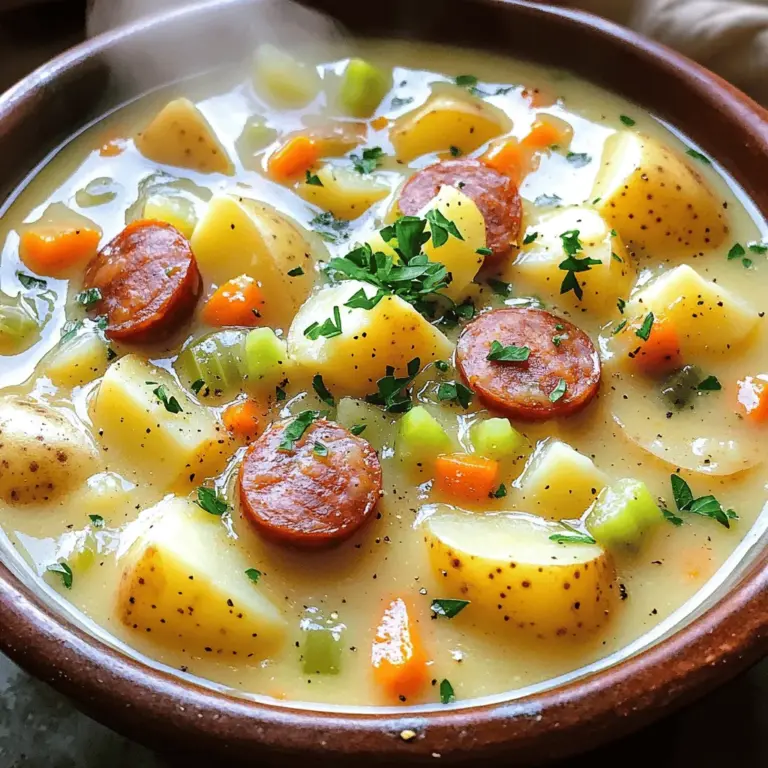- 225 g Kielbasa, in Halbmondscheiben geschnitten - 4 große Yukon Gold Kartoffeln, gewürfelt - 1 mittelgroße Zwiebel, gehackt Die Hauptzutaten sind einfach zu finden. Kielbasa ist eine leckere Wurst. Sie gibt der Suppe einen herzhaften Geschmack. Kartoffeln bringen die nötige Cremigkeit. Yukon Gold Kartoffeln sind besonders gut, da sie beim Kochen nicht auseinanderfallen. Die Zwiebel fügt eine süße Note hinzu. Diese drei Zutaten bilden die Basis der Suppe. - 2 Karotten, gewürfelt - 3 Stangen Sellerie, gewürfelt - 4 Knoblauchzehen, fein gehackt Die weiteren Zutaten sind ebenso wichtig. Karotten bringen eine schöne Farbe und Süße. Sellerie fügt einen knackigen Biss hinzu. Knoblauch gibt der Suppe einen starken, aromatischen Geschmack. Zusammen runden diese Zutaten das Gericht perfekt ab. - 2 Teelöffel getrockneter Thymian - 1 Teelöffel geräuchertes Paprikapulver - 1,5 l natriumreduzierter Hühnerbrühe Gewürze und Brühe sind der Schlüssel zu jedem guten Rezept. Thymian verleiht der Suppe eine frische Note. Geräuchertes Paprikapulver gibt einen tiefen, rauchigen Geschmack. Die Hühnerbrühe sorgt für eine reichhaltige Basis. Diese Zutaten machen die Suppe zu einem wahren Geschmackserlebnis. Für das vollständige Rezept, schau dir die Full Recipe an. Beginne mit dem Schneiden der Zutaten. Du brauchst: - 225 g Kielbasa, in Halbmondscheiben geschnitten - 4 große Yukon Gold Kartoffeln, gewürfelt - 1 mittelgroße Zwiebel, gehackt - 2 Karotten, gewürfelt - 3 Stangen Sellerie, gewürfelt - 4 Knoblauchzehen, fein gehackt Stelle alle geschnittenen Zutaten bereit. Dann erhitze in einem großen Topf 2 Esslöffel Olivenöl bei mittlerer Hitze. Jetzt kommt der spannende Teil. Gib die geschnittene Kielbasa in den Topf. Brate sie für etwa 5-7 Minuten, bis sie goldbraun ist. Nimm die Kielbasa aus dem Topf und stelle sie beiseite. Lass etwas Bratfett im Topf. Füge nun die gehackte Zwiebel, Karotten und Sellerie hinzu. Sauté das Gemüse für etwa 5 Minuten, bis es weich ist. Rühre dann den gehackten Knoblauch ein und koche eine weitere Minute. Jetzt ist es Zeit, die Brühe hinzuzufügen. Gib die Hühnerbrühe in den Topf und bringe die Mischung zum Kochen. Wenn die Brühe sprudelt, füge die gewürfelten Kartoffeln, den getrockneten Thymian, das geräucherte Paprikapulver sowie Salz und Pfeffer hinzu. Rühre gut um. Reduziere die Hitze und lasse die Suppe 15-20 Minuten köcheln, bis die Kartoffeln zart sind. Um die Suppe dicker zu machen, nutze einen Kartoffelstampfer. Zerdrücke einige Kartoffeln in der Suppe, während andere Stücke ganz bleiben. Nun füge die gebratene Kielbasa und die Schlagsahne hinzu. Lass die Suppe weitere 5-7 Minuten köcheln. Rühre gut um und schmecke nach. Nimm den Topf vom Herd und lasse die Suppe einige Minuten ruhen. Serviere sie in Schalen, garniert mit frischer Petersilie. Für die vollständige Zubereitung, sieh dir das Rezept [Full Recipe] an. Um die perfekte Konsistenz zu erreichen, benutze einen Kartoffelstampfer. Du kannst die Kartoffeln leicht zerdrücken, sodass die Suppe schön cremig wird. Achte darauf, nicht alle Kartoffeln zu zerdrücken, damit einige Stücke ganz bleiben. Wenn du keine Schlagsahne verwenden möchtest, probiere griechischen Joghurt. Er gibt der Suppe eine ähnliche Cremigkeit, aber mit weniger Fett. Um die Vorbereitungszeit zu optimieren, schneide alle Zutaten vorher. So hast du alles bereit, wenn du mit dem Kochen beginnst. Du kannst auch die Brühe schon im Voraus aufsetzen oder aufwärmen. Das spart Zeit beim Kochen. Reduziere die Kochzeit, indem du die Hitze etwas höher drehst. Achte jedoch darauf, die Suppe regelmäßig zu rühren, damit sie nicht anbrennt. Für mehr Geschmack kannst du weitere Gemüsesorten hinzufügen. Erbsen oder Mais passen gut in die Suppe. Auch Spinat oder Grünkohl sind tolle Optionen. Wenn du verschiedene Fleischvarianten ausprobieren möchtest, kannst du auch Würstchen oder Speck verwenden. Das verleiht der Suppe eine neue Note. {{image_4}} Wenn Sie eine fleischlose Variante der Kielbasa Kartoffelsuppe möchten, gibt es viele Alternativen. Sie können Räuchertofu oder Tempeh verwenden, um einen ähnlichen Geschmack zu erzielen. Diese Optionen geben der Suppe Tiefe und einen herzhaften Geschmack. Passen Sie auch die Brühe an. Verwenden Sie Gemüsebrühe anstelle von Hühnerbrühe. Dies sorgt dafür, dass die Suppe vollmundig bleibt. Wenn Sie es etwas schärfer mögen, fügen Sie Chili hinzu. Frische Chilis oder Chiliflocken bringen eine aufregende Schärfe in die Suppe. Eine weitere tolle Idee ist die Verwendung von scharfem Paprikapulver. Dieses Gewürz sorgt nicht nur für Farbe, sondern auch für einen rauchigen, würzigen Geschmack. Die Welt der Küchen bietet viele spannende Einflüsse. Fügen Sie zum Beispiel italienische Kräuter wie Oregano und Basilikum hinzu. Diese geben der Suppe einen mediterranen Twist. Für einen asiatischen Touch können Sie Ingwer und Sojasauce verwenden. Diese Anpassungen bieten neue Geschmäcker und erweitern die Möglichkeiten der traditionellen Suppe. Egal, welche Variation Sie wählen, die Möglichkeiten sind endlos. Diese Variationen machen die Kielbasa Kartoffelsuppe zu einem echten Star in Ihrer Küche. Schauen Sie sich das [Full Recipe] an, um die Grundversion zuzubereiten. Die Suppe bleibt im Kühlschrank frisch. Fülle sie in einen luftdichten Behälter. So bleibt der Geschmack erhalten. Du kannst die Suppe bis zu fünf Tage aufbewahren. Achte darauf, sie gut abzukühlen, bevor du sie in den Kühlschrank stellst. Wenn du die Suppe länger lagern willst, friere sie ein. Verwende einen gefrierfesten Behälter. Lasse dabei etwas Platz, da sich die Suppe beim Gefrieren ausdehnt. Die Suppe hält sich bis zu drei Monate im Gefrierfach. Zum Auftauen lege die Suppe über Nacht in den Kühlschrank. Du kannst sie auch in der Mikrowelle auftauen. Erwärme die Suppe auf dem Herd bei mittlerer Hitze. Rühre sie gut um, damit sie gleichmäßig warm wird. Hast du Reste übrig? Du kannst sie toll verwenden. Mach ein schnelles Mittagessen mit einem Stück Brot. Du kannst auch die Reste für einen Auflauf nutzen. Füge etwas Käse hinzu und backe es. Es wird lecker! Sei kreativ mit deinen Resten! Füge neue Gewürze hinzu, um den Geschmack zu ändern. Mische die Suppe mit Reis oder Nudeln. Du kannst sogar ein paar frische Kräuter hinzufügen. So wird die Suppe immer wieder neu und spannend! Kielbasa Potato Soup bleibt im Kühlschrank etwa 3 bis 4 Tage frisch. Wichtig ist, die Suppe in einem luftdichten Behälter aufzubewahren. Achte darauf, die Suppe vollständig abkühlen zu lassen, bevor du sie in den Kühlschrank stellst. So bleibt der Geschmack und die Konsistenz am besten erhalten. Wenn du die Suppe länger aufbewahren möchtest, ist das Einfrieren eine gute Option. Ja, du kannst Kielbasa Potato Soup vorkochen. Dies ist eine tolle Idee, wenn du Zeit sparen möchtest. Koche die Suppe einfach wie im Rezept beschrieben und lass sie dann abkühlen. Du kannst sie in Portionen aufteilen und im Kühlschrank oder Gefrierfach lagern. Wenn du bereit bist zu essen, erwärme die Suppe langsam auf dem Herd. Das sorgt dafür, dass die Aromen schön erhalten bleiben. Ja, Kielbasa Potato Soup ist in ihrer Grundform glutenfrei. Die verwendeten Zutaten wie Kartoffeln, Gemüse und Hühnerbrühe enthalten kein Gluten. Achte jedoch darauf, dass die Kielbasa glutenfrei ist. Einige Marken können Gluten enthalten. Überprüfe die Zutatenliste, um sicherzustellen, dass sie für dich geeignet ist. So kannst du die Suppe ohne Bedenken genießen. Diese Kielbasa-Kartoffelsuppe ist einfach zuzubereiten und voller Geschmack. Wir haben die Hauptzutaten wie Kielbasa, Kartoffeln und Zwiebeln besprochen. Ich habe euch auch gezeigt, wie man die Suppe kocht und sie perfekt würzt. Die Tipps und Tricks helfen, die Konsistenz zu optimieren. Vegetarische und internationale Variationen bringen neuen Schwung. Denken Sie an Lagerungshinweise für die Resteverwertung. Probiere die Rezepte selbst aus und entdecke deinen eigenen Lieblingsgeschmack!