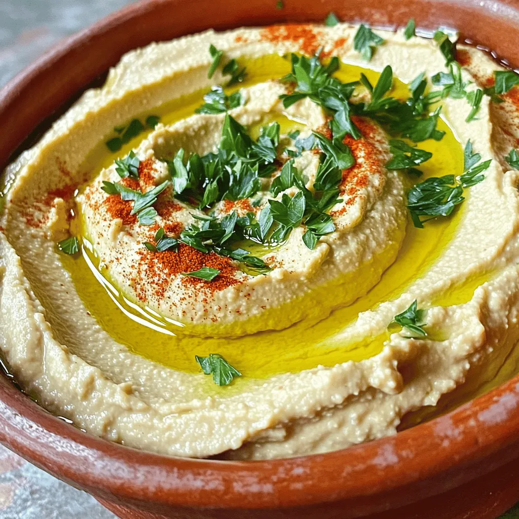 - 1 Tasse Kichererbsen aus der Dose, gut abgetropft und abgespült - 3 Esslöffel Tahini - 4 Zehen gerösteter Knoblauch - 2 Esslöffel Zitronensaft Zuerst brauchen wir die Hauptzutaten. Kichererbsen sind die Basis. Sie geben dem Hummus die cremige Textur. Tahini fügt einen nussigen Geschmack hinzu. Gerösteter Knoblauch bringt Tiefe und Süße. Zitronensaft sorgt für Frische und Balance. - 2 Esslöffel Olivenöl - 1 Teelöffel gemahlener Kreuzkümmel - Salz nach Geschmack - Garnierungen: frische Petersilie und Paprika Dann kommen die Gewürze und Extras. Olivenöl macht den Hummus samtig. Kreuzkümmel fügt einen warmen, erdigen Geschmack hinzu. Salz hebt alle Aromen hervor. Petersilie und Paprika machen den Hummus schön und bunt. Diese Zutaten machen jedes Gericht noch besser. Um das perfekte Rezept zu erhalten, empfehle ich, die [Full Recipe] zu verwenden. Um den Knoblauch richtig zu rösten, heize deinen Ofen auf 200°C vor. Nimm eine ganze Knoblauchknolle und schneide den oberen Teil ab. Träufle etwas Olivenöl darauf und wickle die Knolle in Alufolie. Röste sie für 30 bis 35 Minuten. Der Knoblauch ist fertig, wenn er weich und goldbraun ist. Lass ihn etwas abkühlen, bevor du die Zehen herausdrückst. Fülle die Kichererbsen, Tahini, die gerösteten Knoblauchzehen, den Zitronensaft, Olivenöl und Kreuzkümmel in eine Küchenmaschine. Mixe alles gut durch, bis die Zutaten vermengt sind. Nutze einen Spatel, um die Seiten abzukratzen, falls nötig. Um die Konsistenz anzupassen, füge langsam Wasser hinzu. Beginne mit einem Esslöffel und mixe weiter. Wiederhole diesen Schritt, bis der Hummus schön cremig ist. Probiere den Hummus und füge Salz nach Geschmack hinzu. Mixe nochmals, um das Salz gut zu verteilen. Gib den Hummus in eine Servierschüssel. Mit einem Löffel forme eine Vertiefung in die Mitte. Träufle etwas Olivenöl darüber und streue Paprika sowie gehackte Petersilie für die Garnierung. So sieht der Hummus nicht nur gut aus, sondern schmeckt auch fantastisch. Du kannst das Rezept für gerösteten Knoblauch Hummus nach Belieben anpassen. Schau dir das [Full Recipe] an, um alle Details zu erfahren. Um Knoblauch perfekt zu rösten, heize deinen Ofen auf 200°C vor. Schneide den oberen Teil einer ganzen Knoblauchknolle ab. Beträufle ihn mit etwas Olivenöl. Wickele die Knolle in Alufolie und röste sie etwa 30-35 Minuten. Der Knoblauch ist fertig, wenn er weich und goldbraun aussieht. Diese Methode sorgt für einen süßen, milden Geschmack. Der Hummus sollte cremig und glatt sein. Füge nach und nach Wasser hinzu, jeweils einen Esslöffel. Mixe die Zutaten gut und prüfe die Konsistenz. Wenn der Hummus zu dick ist, füge mehr Wasser hinzu. Die richtige Menge Wasser macht den Hummus perfekt zum Dippen oder Streichen. Hummus ist sehr vielseitig. Du kannst ihn als Dip für Gemüse oder Chips verwenden. Auch als Aufstrich auf Brot oder Fladenbrot eignet er sich gut. Probiere, ihn mit verschiedenen Toppings zu garnieren, wie frischen Kräutern oder gerösteten Nüssen. So wird dein Hummus immer wieder neu und spannend. Für das komplette Rezept, schau dir die [Full Recipe] an. {{image_4}} Hummus ist vielseitig und kann leicht angepasst werden. Hier sind einige Variationen, die Sie ausprobieren sollten. Sie können Hülsenfrüchte wie rote Linsen verwenden. Diese verleihen dem Hummus eine neue Textur und einen tollen Geschmack. Gewürze wie Cayennepfeffer bringen eine scharfe Note. Ein kleiner Löffel reicht, um das Hummus aufzupeppen. Experimentieren Sie mit frischen Kräutern wie Basilikum oder Koriander. Diese geben dem Hummus zusätzliches Aroma. Wenn Sie etwas anderes wollen, probieren Sie Erbsen- oder Avocado-Hummus. Erbsen-Hummus ist frisch und leicht. Avocado-Hummus hat eine cremige Konsistenz und einen reichen Geschmack. Beide Optionen sind gesund und lecker. Sie sind einfach zuzubereiten und bringen Abwechslung auf den Tisch. Für einen mediterranen Stil fügen Sie Oliven und Feta hinzu. Diese Zutaten bringen eine salzige Note, die gut zum Hummus passt. Sie können auch getrocknete Tomaten oder Artischocken ausprobieren. Diese Zutaten machen das Hummus noch interessanter. Servieren Sie es mit Pita-Brot oder frischem Gemüse für einen tollen Snack. Mit diesen Variationen wird Ihr gerösteter Knoblauch Hummus immer spannend bleiben. Nutzen Sie die Ideen aus dem [Full Recipe], um Ihre eigene Kreation zu machen. Um die Frische deines gerösteten Knoblauch Hummus zu bewahren, bewahre ihn im Kühlschrank auf. Nutze einen luftdichten Behälter. So bleibt der Geschmack lange erhalten. Der Hummus bleibt frisch für 5-7 Tage. Nach dieser Zeit kann der Geschmack abnehmen. Überprüfe immer den Geruch und die Farbe, bevor du ihn nutzt. Du kannst Hummus auch einfrieren. Fülle ihn in einen gefriergeeigneten Behälter. Lasse etwas Platz, da sich der Hummus beim Gefrieren ausdehnt. Zum Auftauen stelle den Behälter über Nacht in den Kühlschrank. Rühre ihn vor dem Servieren gut durch. So bleibt die Textur schön cremig. Um gerösteten Knoblauch Hummus zu machen, folgen Sie diesen einfachen Schritten: 1. Heizen Sie Ihren Ofen auf 200°C vor. 2. Schneiden Sie den oberen Teil einer Knoblauchknolle ab. 3. Geben Sie etwas Olivenöl darauf und wickeln Sie die Knolle in Alufolie. 4. Rösten Sie den Knoblauch 30-35 Minuten im Ofen. 5. Lassen Sie ihn abkühlen, bevor Sie die Zehen herausdrücken. 6. Geben Sie Kichererbsen, Tahini, gerösteten Knoblauch, Zitronensaft und Olivenöl in eine Küchenmaschine. 7. Pulsieren Sie die Mischung, bis sie gut vermischt ist. 8. Fügen Sie Wasser hinzu, bis der Hummus cremig ist. 9. Würzen Sie mit Salz und pulsieren Sie erneut. 10. Servieren Sie den Hummus in einer Schüssel und garnieren Sie ihn mit Olivenöl, Paprika und Petersilie. Sie finden das vollständige Rezept im Abschnitt "Zutaten". Ja, Hummus ist sehr gesund. Es hat viele Vorteile. - Kichererbsen sind reich an Ballaststoffen und Eiweiß. - Tahini enthält gesunde Fette und Mineralstoffe. - Olivenöl ist gut für das Herz. - Zitronensaft ist reich an Vitamin C. Hummus kann helfen, den Cholesterinspiegel zu senken. Er ist auch gut für die Verdauung. Zudem ist er eine gute Quelle für Energie. Gerösteten Knoblauch Hummus gibt es in vielen Geschäften. Hier sind einige Tipps für den Kauf: - Suchen Sie nach Hummus in der Kühlabteilung. - Lesen Sie die Zutatenliste. Achten Sie auf natürliche Zutaten. - Probieren Sie verschiedene Marken, um Ihren Favoriten zu finden. - Besuchen Sie lokale Märkte oder Bioläden. Diese haben oft frische Varianten. So finden Sie den besten Hummus für Ihre Küche! Gerösteter Knoblauch Hummus ist einfach und lecker. Wir haben die Hauptzutaten wie Kichererbsen und Tahini besprochen. Die Schritt-für-Schritt-Anleitung hilft dir beim Rösten, Mixen und Servieren. Tipps für perfekte Textur und kreative Serviervorschläge bringen Abwechslung. Vergiss nicht die Aufbewahrung! Du kannst Hummus gut lagern und sogar einfrieren. Mach ihn selbst oder kaufe ihn im Geschäft. Probier verschiedene Variationen aus und genieße die Vielseitigkeit von Hummus!