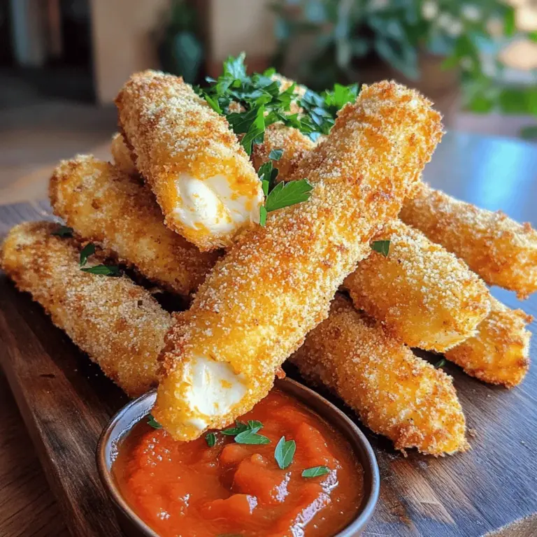 Für köstliche Mozzarella-Sticks benötigst du: - 450 g Mozzarella, in 1,25 cm dicke Sticks geschnitten - 120 g Weizenmehl - 2 große Eier - 100 g Paniermehl (vorzugsweise Panko für extra Crunch) - 1 Teelöffel Knoblauchpulver - 1 Teelöffel getrockneter Oregano - 1 Teelöffel Paprika - Salz und Pfeffer nach Geschmack - Pflanzenöl zum Frittieren - Marinara-Soße zum Servieren Diese Zutaten sind einfach zu finden und machen deine Mozzarella-Sticks unwiderstehlich. Um den Geschmack zu verbessern, kannst du folgende Zutaten hinzufügen: - Frische Kräuter wie Basilikum oder Petersilie - Chili-Flocken für etwas Schärfe - Parmesan-Käse für mehr Tiefe im Geschmack - Zitronensaft für einen frischen Kick Diese Extras bringen Abwechslung und machen das Gericht noch interessanter. Die Wahl der richtigen Zutaten ist wichtig. Hier sind einige Tipps: - Wähle frischen Mozzarella. Er hat einen besseren Geschmack. - Panko-Paniermehl sorgt für einen extra knusprigen Biss. - Hochwertiges Pflanzenöl ist wichtig für den Frittierprozess. Es sollte hohen Temperaturen standhalten. Mit diesen Empfehlungen stellst du sicher, dass deine Mozzarella-Sticks perfekt werden. Wenn du die Zutaten gut wählst, sind deine Sticks ein Hit! Für die vollständige Anleitung und Zubereitung, schau dir das [Full Recipe] an. Zuerst nehme ich die Mozzarella und schneide ihn in 1,25 cm dicke Sticks. Dann lege ich die Sticks für 30 Minuten in das Gefrierfach. Das hilft, sie fest zu machen. So schmelzen sie beim Frittieren nicht zu schnell. Jetzt richte ich meine Panierstation ein. Ich brauche drei flache Schalen. In die erste Schale kommt Weizenmehl mit einer Prise Salz und Pfeffer. In die zweite Schale verquirle ich zwei große Eier. In die dritte Schale gebe ich das Paniermehl, Knoblauchpulver, Oregano und Paprika. Ich mische alles gut. Ich nehme die Mozzarella-Sticks aus dem Gefrierfach. Dann arbeite ich einen Stick nach dem anderen. Zuerst rolle ich den Stick im Mehl. Er muss gleichmäßig bedeckt sein. Dann tauche ich ihn in die Eiermischung. Schließlich wende ich ihn in der Paniermehlmischung und drücke leicht. So bleibt die Panade gut haften. Ich wiederhole das für alle Sticks und lege sie für 15 Minuten ins Gefrierfach. Jetzt erhitze ich etwa 5 cm Pflanzenöl in einer tiefen Pfanne. Die Hitze sollte mittelhoch sein, etwa 180°C. Ich teste das Öl mit einem Stück Paniermehl. Wenn es sprudelt, ist es bereit. Ich gebe vorsichtig einige Sticks ins heiße Öl. Ich überlade die Pfanne nicht. Ich frittiere die Sticks 2-3 Minuten pro Seite, bis sie goldbraun sind. Dann nehme ich sie mit einem Schaumlöffel heraus und lasse sie auf Papierhandtüchern abtropfen. Die heißen Mozzarella-Sticks sind jetzt fertig. Ich serviere sie auf einer schönen Platte. Dazu gibt es eine kleine Schüssel mit Marinara-Soße zum Dippen. Das sieht lecker aus und schmeckt köstlich! Um eine perfekte Panade zu erreichen, brauchst du die richtige Technik. Hier sind einige Tipps: - Verwende Panko: Panko sorgt für extra Crunch. Es ist leichter und luftiger als normales Paniermehl. - Kühlzeit: Lasse die panierten Sticks nach dem Panieren für 15 Minuten im Gefrierfach. Dies hilft, die Panade beim Frittieren zu fixieren. - Doppelte Panade: Für einen noch knusprigeren Biss kannst du die Sticks zweimal panieren. Tauche sie nach der ersten Schicht erneut in die Eier und dann in das Paniermehl. Frittieren kann knifflig sein. Hier sind gängige Fehler und wie du sie vermeidest: - Öltemperatur: Achte darauf, dass das Öl heiß genug ist. Wenn es zu kalt ist, saugen die Sticks das Öl auf. - Nicht überladen: Frittiere nur einige Sticks auf einmal. Überladung senkt die Temperatur des Öls und führt zu matschigen Sticks. - Richtig abtropfen: Lass die frittierten Sticks auf Papierhandtüchern abtropfen. So entfernst du überschüssiges Öl. Die Gewürze machen einen großen Unterschied. Hier sind einige Ideen, um die Mozzarella-Sticks zu personalisieren: - Kräuter: Füge frische Kräuter wie Basilikum oder Petersilie zur Panade hinzu. Das gibt Geschmack und Farbe. - Schärfe: Wenn du es scharf magst, füge etwas Cayennepfeffer oder Chili-Pulver hinzu. - Käsevariationen: Experimentiere mit anderen Käsesorten. Cheddar oder Pepper Jack geben neue Aromen. Für die vollständige Zubereitung schaue dir das [Full Recipe] an. {{image_4}} Möchtest du eine gesündere Option? Dann probiere die Zubereitung im Air Fryer. Du sparst Öl und erhältst trotzdem einen knusprigen Snack. Stelle den Air Fryer auf 200 °C ein. Lege die panierten Mozzarella-Sticks in den Korb. Frittiere sie für 6-8 Minuten. Wende sie nach der Hälfte der Zeit. So bekommst du eine gleichmäßige Bräunung. Eine weitere gesunde Variante sind gebackene Mozzarella-Sticks. Heize den Ofen auf 220 °C vor. Lege die panierten Sticks auf ein Backblech, das mit Backpapier ausgelegt ist. Sprühe leicht mit Öl, um das Bräunen zu fördern. Backe sie für 10-12 Minuten, bis sie goldbraun sind. Diese Option ist leicht und ebenso lecker! Möchtest du etwas Neues probieren? Füge Füllungen hinzu! Du kannst frischen Basilikum oder Jalapeños für eine würzige Note verwenden. Auch eine Mischung aus Kräutern kann den Geschmack verbessern. Bei der Panade kannst du auch Parmesan oder andere Käsesorten einstreuen. So werden deine Mozzarella-Sticks einzigartig und lecker! Wenn du die Grundrezepte ausprobierst, kannst du die Variationen nach Belieben anpassen. Die Möglichkeiten sind endlos! Für die vollständige Anleitung schau dir das Full Recipe an. Um übrig gebliebene Mozzarella-Sticks gut zu lagern, lege sie in einen luftdichten Behälter. Stelle sicher, dass sie vollständig abgekühlt sind. So bleiben sie frisch und lecker. Du kannst sie auch in Folie einwickeln, aber der Behälter ist besser. Lagere sie im Kühlschrank. Wenn du deine Mozzarella-Sticks wieder aufwärmen möchtest, benutze den Ofen. Heize den Ofen auf 180 °C vor. Lege die Sticks auf ein Backblech und backe sie für etwa 10 Minuten. So werden sie wieder knusprig. Du kannst sie auch in der Mikrowelle aufwärmen, aber so werden sie nicht so knusprig. Im Kühlschrank halten die Mozzarella-Sticks etwa 3 bis 4 Tage. Wenn du sie länger aufbewahren möchtest, lege sie in den Gefrierschrank. Dort bleiben sie bis zu 3 Monate frisch. Stelle sicher, dass du sie gut verpackst, um Frostschäden zu vermeiden. Vor dem Frittieren solltest du die gefrorenen Sticks nicht auftauen. Das sorgt dafür, dass sie beim Frittieren schön knusprig bleiben. Du findest das vollständige Rezept für die köstlichen Mozzarella-Sticks in der Rezeptbeschreibung. Die Zubereitung der Mozzarella-Sticks dauert etwa 20 Minuten. Wenn Sie das Frittieren einbeziehen, sind es insgesamt etwa 30 Minuten. Diese Zeit umfasst das Panieren und Frittieren bis zur perfekten goldbraunen Farbe. Ja, Sie können die Mozzarella-Sticks im Voraus zubereiten. Bereiten Sie sie einfach bis zum Frittieren vor und lagern Sie sie im Gefrierfach. So sind sie bereit, wenn der Hunger kommt. Frittieren Sie sie dann frisch, wenn Sie bereit sind zu essen. Neben Marinara-Soße können Sie viele Dips verwenden. Probieren Sie Ranch-Dressing oder BBQ-Sauce. Auch eine scharfe Salsa passt gut dazu. Es gibt viele Optionen, um Ihren Geschmack zu treffen. Um die Mozzarella-Sticks knusprig zu halten, lagern Sie sie auf einem Gitter. Vermeiden Sie, sie auf einen Teller zu legen, da sie sonst weich werden. Wenn Sie sie aufbewahren, lassen Sie sie vollständig abkühlen, bevor Sie sie in einem luftdichten Behälter lagern. Mozzarella-Sticks sind einfach zu machen und lecker. Wir haben die besten Zutaten, die Schritte und hilfreiche Tipps besprochen. Vergessen Sie nicht, Ihre Panade gut zu machen und häufige Fehler zu vermeiden. Variieren Sie das Rezept mit einem Air Fryer oder gesunden Optionen. Lagern Sie übrig gebliebene Sticks richtig und genießen Sie sie später. Mit diesen Ratschlägen sind Sie bereit, köstliche Mozzarella-Sticks zu zaubern. Viel Spaß beim Kochen und Teilen!