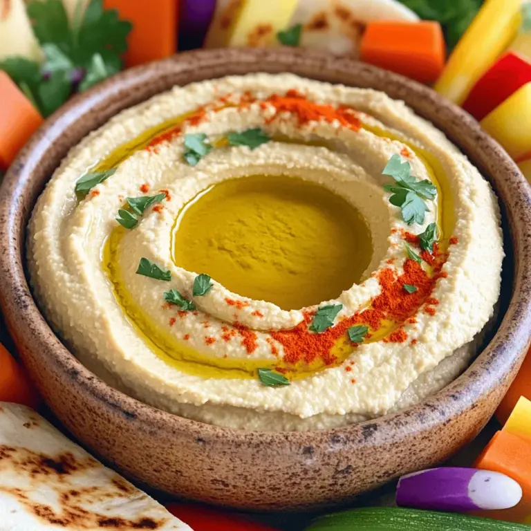 Für das perfekte Hummus benötigst du folgende Zutaten: - 1 Dose (15 oz) Kichererbsen, abgetropft und abgespült - 60 ml Tahini - 30 ml Olivenöl - 30 ml frischer Zitronensaft - 1 Knoblauchzehe, gehackt - 1/2 Teelöffel gemahlener Kreuzkümmel - Salz, nach Geschmack - Wasser, nach Bedarf - Paprika und frische Petersilie zum Garnieren Die Qualität deiner Zutaten macht einen großen Unterschied. Wähle Kichererbsen, die frisch oder gut konserviert sind. Die Tahini sollte aus 100 % Sesam bestehen, ohne Zusatzstoffe. Olivenöl ist am besten, wenn es extra vergine ist. Achte auf frische Zitrone; der Saft bringt viel Geschmack. Frischer Knoblauch gibt dem Hummus eine tolle Note. Wenn du die Gewürze auswählst, achte darauf, dass sie frisch und aromatisch sind. Hier sind einige Nährwerte, die dir helfen, die Vorteile der Hauptzutaten zu verstehen: - Kichererbsen: Reich an Protein und Ballaststoffen, gut für die Verdauung. - Tahini: Enthält gesunde Fette und Mineralien wie Kalzium und Eisen. - Olivenöl: Voll mit Antioxidantien, fördert ein gesundes Herz. - Zitronensaft: Vitamin C-Quelle, unterstützt das Immunsystem. - Knoblauch: Hat viele gesundheitliche Vorteile, stärkt das Immunsystem. Mit diesen Zutaten bereitest du ein köstliches Hummus zu. Du kannst das Hummus-Himmel Rezept nutzen, um ein einfaches, aber leckeres Gericht zu machen. Um einen großartigen Hummus zu machen, brauchen wir Kichererbsen. Ich verwende oft eine Dose Kichererbsen. Diese sind schnell und einfach. Zuerst öffne ich die Dose und gieße das Wasser ab. Dann spüle ich die Kichererbsen unter fließendem Wasser ab. So schmecken sie frischer und besser. Wenn du frische Kichererbsen benutzen möchtest, solltest du sie vorher einweichen und kochen. Jetzt kommt der spaßige Teil: die Herstellung des Hummus! Ich gebe die abgetropften Kichererbsen in meine Küchenmaschine. Dazu kommen Tahini, Olivenöl, frischer Zitronensaft, gehackter Knoblauch und gemahlener Kreuzkümmel. Eine Prise Salz darf nicht fehlen. Dann mixe ich alles gut durch, bis die Mischung cremig und glatt ist. Wenn der Hummus zu dick ist, füge ich nach Bedarf Wasser hinzu. Ich probiere die Mischung und passe die Gewürze an, bis sie perfekt schmeckt. Die Garnitur macht deinen Hummus besonders! Ich fülle den Hummus in eine Schüssel. Mit der Rückseite eines Löffels forme ich eine kleine Mulde in der Mitte. Dann gebe ich einen kleinen Schuss Olivenöl hinein. Zum Schluss bestreue ich den Hummus mit Paprika und frischer Petersilie. So sieht er toll aus und schmeckt noch besser! Vergiss nicht, ihn mit Pita-Brot oder Gemüsesticks zu servieren. Jetzt hast du die Schritt-für-Schritt-Anleitung für deinen eigenen Hummus. Folge dem [Full Recipe] und entdecke die Freude am Kochen! Beim Hummus machen gibt es einige häufige Fehler. Ein Fehler ist, die Kichererbsen nicht gut abzuspülen. Das kann den Geschmack beeinflussen. Ein weiterer Fehler ist, zu wenig Wasser hinzuzufügen. Wenn die Masse zu dick ist, wird der Hummus nicht cremig. Vermeiden Sie auch, den Knoblauch zu übermixen. Das kann den Geschmack bitter machen. Die perfekte Konsistenz ist wichtig für leckeren Hummus. Beginnen Sie mit der Basis aus Kichererbsen und Tahini. Mixen Sie alles gut. Fügen Sie dann langsam Wasser hinzu. Nutzen Sie einen Esslöffel, um die Menge zu steuern. Mixen Sie weiter, bis der Hummus schön cremig ist. Überprüfen Sie die Konsistenz oft. So können Sie sicherstellen, dass er nicht zu flüssig wird. Hummus ist sehr anpassbar. Sie können den Geschmack leicht ändern. Fügen Sie mehr Zitronensaft für einen frischen Kick hinzu. Wenn Sie es würziger mögen, probieren Sie mehr Kreuzkümmel oder Paprika. Auch gerösteter Knoblauch kann einen tollen Geschmack bringen. Experimentieren Sie mit Kräutern wie Petersilie oder Koriander. Passen Sie die Gewürze nach Ihrem Geschmack an. So machen Sie Ihr Hummus einzigartig und lecker! {{image_4}} Hummus ist so vielseitig! Hier sind einige leckere Varianten, die du ausprobieren kannst. Um gerösteten Knoblauch Hummus zu machen, nimm vier ganze Knoblauchzehen. Röste sie in etwas Olivenöl, bis sie weich sind. Lass sie abkühlen und füge sie dann zu deinem Hummus hinzu. Dieser Hummus hat einen süßen, weichen Geschmack. Es wird deine Gäste beeindrucken! Für rote Beete Hummus, koche eine kleine Rote Beete, bis sie zart ist. Lass sie abkühlen und schäle sie. Schneide die Rote Beete in Stücke und füge sie deinem Hummus hinzu. Dieser Hummus hat eine schöne Farbe und einen erdigen Geschmack. Es ist ein echter Hingucker auf jedem Tisch! Wenn du es scharf magst, probiere Chili Hummus. Füge eine kleine, frische Chili oder etwas Chilipulver zu deinem Hummus hinzu. Du kannst die Menge nach deinem Geschmack anpassen. Dieser Hummus hat einen würzigen Kick, der gut zu vielen Snacks passt. Diese Varianten zeigen, wie kreativ du mit Hummus sein kannst. Jede Variante bringt neue Aromen und Farben auf deinen Tisch. Du kannst die Rezepte ganz einfach nach dem [Full Recipe] zubereiten und deinen Freunden servieren. Nach dem Zubereiten von Hummus ist die richtige Lagerung wichtig. Ich empfehle, den Hummus in einen luftdichten Behälter zu füllen. So bleibt er frisch und lecker. Lagern Sie ihn im Kühlschrank. Dort hält sich der Hummus bis zu fünf Tage. Achten Sie darauf, die Oberfläche mit etwas Olivenöl zu bedecken. Das hilft, die Frische zu bewahren. Wenn Sie mehr Hummus gemacht haben, als Sie essen können, frieren Sie ihn ein. Füllen Sie den Hummus in einen gefrierfesten Behälter oder in Gefrierbeutel. Lassen Sie etwas Platz, da der Hummus beim Gefrieren expandiert. So bleibt er bis zu drei Monate frisch. Zum Auftauen einfach über Nacht im Kühlschrank lassen. Rühren Sie ihn gut durch, bevor Sie ihn genießen. Frische ist der Schlüssel zu einem großartigen Hummus. Überprüfen Sie immer das Haltbarkeitsdatum der Kichererbsen. Das beeinflusst die Qualität des Hummus. Achten Sie auf Veränderungen im Geruch oder der Farbe. Wenn der Hummus seltsam riecht oder sich verfärbt, werfen Sie ihn weg. Bei richtiger Lagerung bleibt Ihr Hummus geschmackvoll und sicher zu essen. Hummus bleibt frisch, wenn Sie ihn gut lagern. Sie können es bis zu fünf Tage im Kühlschrank aufbewahren. Stellen Sie sicher, dass der Behälter fest verschlossen ist. Wenn Sie Hummus länger genießen möchten, frieren Sie ihn ein. Im Gefrierfach hält er bis zu drei Monate. Denken Sie daran, ihn vor dem Servieren langsam im Kühlschrank aufzutauen. Ja, Sie können verschiedene Hülsenfrüchte für Hummus verwenden. Kichererbsen sind klassisch, aber auch schwarze Bohnen oder Linsen sind großartig. Sie können sogar Erbsen ausprobieren! Jede Hülsenfrucht bringt ihren eigenen Geschmack und ihre eigene Farbe. Experimentieren Sie mit verschiedenen Sorten, um neue Geschmäcker zu entdecken. Hummus hat seine Wurzeln im Nahen Osten. Viele Länder beanspruchen, das beste Hummus-Rezept zu haben. Es ist ein beliebtes Gericht in Ländern wie Libanon, Israel und der Türkei. Das Gericht ist einfach und nahrhaft. Es wird oft mit frischem Brot oder Gemüse serviert. Hummus ist nicht nur lecker, sondern auch ein Teil der Kultur. Für ein köstliches Hummus-Rezept schauen Sie sich das Full Recipe an. Hummus ist einfach zuzubereiten. Wir haben die besten Zutaten, Tipps und Schritt-für-Schritt-Anleitungen besprochen. Mit den richtigen Tricks und Varianten kannst du Hummus an jeden Geschmack anpassen. Denke daran, Fehler zu vermeiden, um die beste Konsistenz zu erreichen. Lagerungstipps helfen, deinen Hummus frisch zu halten. Ob für einen Snack oder als Dip, Hummus ist vielseitig. Probiere verschiedene Rezepte aus und finde deinen Favoriten! Glaub mir, du wirst es lieben.