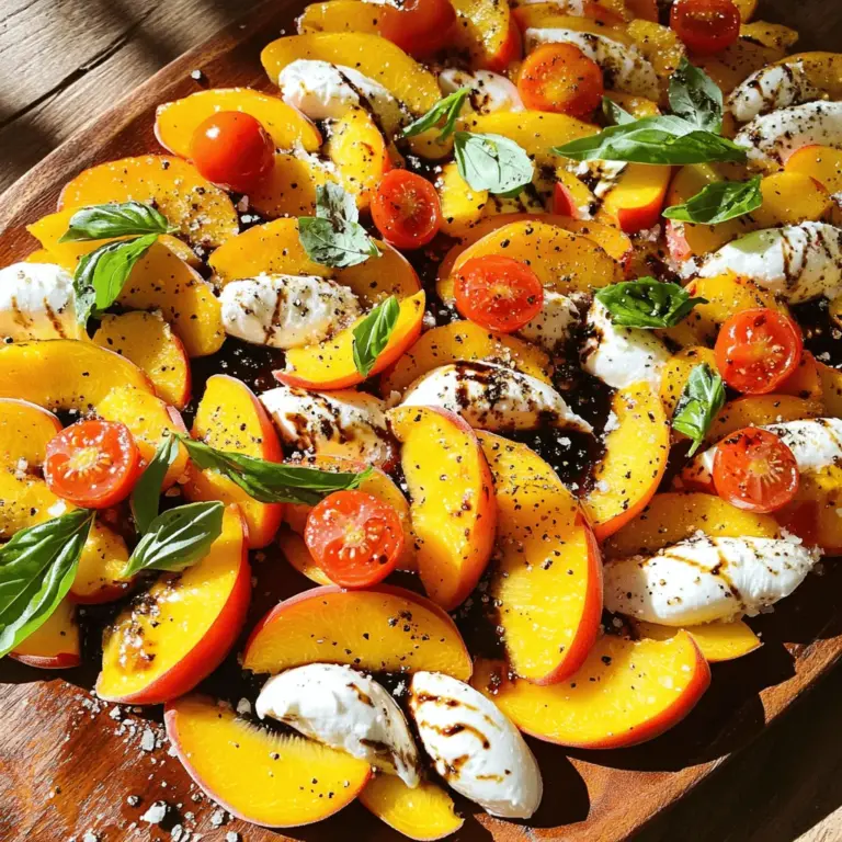 Für den perfekten Pfirsich Caprese Salat brauchst du einige grundlegende Zutaten. Diese sind: - 4 reife Pfirsiche, in Scheiben geschnitten - 225 g frischer Mozzarella, in Scheiben geschnitten - 1 Tasse Kirschtomaten, halbiert - 1/4 Tasse frische Basilikumblätter - 3 Esslöffel Balsamico-Glasur - 2 Esslöffel natives Olivenöl extra - Salz und frisch gemahlener schwarzer Pfeffer nach Geschmack Diese Zutaten bringen die Süße der Pfirsiche und die Cremigkeit des Mozzarellas zusammen. Wähle die besten Zutaten für deinen Salat. Achte auf reife Pfirsiche, die leicht druckempfindlich sind. Sie sollten süß und saftig sein. Der Mozzarella sollte frisch und weich sein. Kirschtomaten sollten leuchtend rot und fest sein. Frisches Basilikum gibt dem Salat einen tollen Duft. Wenn die Zutaten frisch sind, schmeckt der Salat einfach besser. Du kannst deinen Salat noch interessanter machen. Füge zum Beispiel geröstete Pinienkerne oder Walnüsse hinzu. Diese sorgen für einen tollen Crunch. Du kannst auch etwas Honig über die Pfirsiche träufeln, um die Süße zu verstärken. Wenn du es würziger magst, probiere ein paar Scheiben Jalapeños. Diese Optionen machen deinen Pfirsich Caprese Salat einzigartig. Für das gesamte Rezept sieh dir die [Full Recipe] an. Zuerst wasche die Pfirsiche, Kirschtomaten und Basilikumblätter gut. Es ist wichtig, frische Zutaten zu verwenden. Schneide die Pfirsiche und den Mozzarella in gleichmäßige Scheiben. So sieht der Salat schöner aus. Achte darauf, dass die Scheiben nicht zu dick sind. Das hilft, dass alles gut schmeckt und aussieht. Nimm einen großen Servierteller. Beginne mit dem Anrichten der Pfirsiche und des Mozzarellas. Lege sie abwechselnd in einem schönen Muster. Füge dann die halbierten Kirschtomaten hinzu. Platziere sie gleichmäßig um die Pfirsiche und den Mozzarella. Zupfe die Basilikumblätter in kleine Stücke. Streue sie über den Salat, um Farbe und Frische zu bringen. Jetzt kommt der beste Teil: das Würzen! Gieße die Balsamico-Glasur und das Olivenöl gleichmäßig über den Salat. Das gibt einen tollen Geschmack. Würze dann mit Salz und frisch gemahlenem schwarzen Pfeffer. Du kannst den Salat vorsichtig durchmischen, um die Aromen zu vereinen. Möchtest du die hübsche Präsentation zeigen, lass ihn so, wie er ist. Für das vollständige Rezept, schau dir den Full Recipe an. Um die besten Pfirsiche zu finden, achte auf die Farbe. Reife Pfirsiche sind meist gelb oder rot. Drücke sie sanft. Sie sollten leicht nachgeben, aber nicht matschig sein. Das Aroma ist auch wichtig. Der Duft sollte süß und fruchtig sein. Kaufe, wenn möglich, Bio-Pfirsiche. Sie schmecken oft besser und sind frei von Chemikalien. Schneide die Pfirsiche vorsichtig. Nutze ein scharfes Messer, um die Haut nicht zu zerreißen. Halbiere die Pfirsiche zuerst. Entferne den Kern und schneide dann in gleichmäßige Scheiben. Achte darauf, dass die Mozzarella-Scheiben die gleiche Dicke haben. Das macht das Anrichten einfacher. Lege die Pfirsiche und den Mozzarella abwechselnd auf einen großen Teller. Das sieht schön aus und macht Appetit. Dieser Salat passt gut zu vielen Gerichten. Probiere ihn mit Grillfleisch oder Fisch. Ein Glas Weißwein ergänzt den Geschmack perfekt. Du kannst auch etwas geröstetes Brot dazu servieren. Es bringt eine knusprige Textur. Wenn du etwas Süßes möchtest, füge Honig oder karamellisierte Nüsse hinzu. Das gibt dem Salat einen besonderen Kick. Für die vollständige Anleitung, siehe das Full Recipe. {{image_4}} Ein Beeren Caprese Salat bringt Farbe auf den Tisch. Verwenden Sie frische Erdbeeren oder Himbeeren. Diese Beeren passen gut zu Mozzarella und Basilikum. Sie geben dem Salat eine süße Note. Schneiden Sie die Beeren in Hälften oder Scheiben. Arrangieren Sie sie wie im Pfirsichsalat. Ein Spritzer Balsamico-Glasur hebt die Aromen hervor. Die Kombination aus Avocado und Feta bringt eine cremige Textur. Schneiden Sie die Avocado in Würfel. Fügen Sie den Feta in kleinen Stücken hinzu. Diese Mischung ergänzt die frischen Pfirsiche. Die salzige Note des Fetas harmoniert gut mit der Süße. Ein wenig Limettensaft bringt Frische. Diese Variante passt wunderbar zu einem Grillabend. Für eine vegetarische Variante können Sie Quinoa oder Linsen hinzufügen. Diese Zutaten machen den Salat nahrhafter. Quinoa bringt einen nussigen Geschmack. Linsen sind proteinreich und sättigend. Sie können auch andere Gemüsesorten wie Gurken oder Paprika einfügen. Diese bringen Crunch und Farbe. So bleibt der Salat leicht und frisch. Probieren Sie diese Variationen aus, um neue Aromen zu entdecken. Es gibt viele Wege, diesen Salat zu genießen. Für das vollständige Rezept besuchen Sie die Seite [Full Recipe]. Wenn Sie Reste von Ihrem Pfirsich Caprese Salat haben, lagern Sie ihn richtig. Verwenden Sie einen luftdichten Behälter. So bleiben die Zutaten frisch. Vermeiden Sie es, die Balsamico-Glasur und das Olivenöl hinzuzufügen, wenn Sie den Salat aufbewahren. Fügen Sie diese erst beim Servieren hinzu. So bleibt der Salat knackig und lecker. Der Pfirsich Caprese Salat bleibt im Kühlschrank etwa 2 bis 3 Tage frisch. Achten Sie darauf, dass er gut verpackt ist. Nach ein paar Tagen beginnen die Pfirsiche und Kirschtomaten, weich zu werden. Überprüfen Sie immer den Geruch und das Aussehen, bevor Sie ihn essen. Wenn er schlecht aussieht oder riecht, werfen Sie ihn weg. Das Einfrieren von Pfirsichen ist möglich, aber nicht ideal für diesen Salat. Gefrorene Pfirsiche verlieren ihre Textur. Sie werden weich und wässrig, wenn sie aufgetaut werden. Mozzarella und Kirschtomaten sollten nicht eingefroren werden, da sie ihre Frische verlieren. Wenn Sie also Reste haben, essen Sie sie lieber frisch oder lagern Sie sie im Kühlschrank. Möchten Sie mehr über die Zubereitung und die besten Zutaten erfahren? Sehen Sie sich das [Full Recipe] für den Pfirsich Caprese Salat an! Der Pfirsich Caprese Salat ist am besten frisch. Wenn Sie ihn im Kühlschrank lagern, hält er etwa ein bis zwei Tage. Achten Sie darauf, ihn in einem luftdichten Behälter zu lagern. Die Frische der Zutaten beeinflusst die Haltbarkeit. Wenn der Salat matschig wird, ist es Zeit, ihn wegzuwerfen. Ja, Sie können andere Käsesorten verwenden! Feta oder Ziegenkäse passen gut zu diesem Salat. Diese Käsesorten bringen einen anderen Geschmack und eine neue Textur. Experimentieren Sie mit verschiedenen Käsesorten, um Ihren perfekten Pfirsich Caprese Salat zu finden. Jede Käsesorte hat ihren eigenen Reiz. Ja, dieser Salat ist glutenfrei. Alle Zutaten in diesem Rezept enthalten kein Gluten. Das macht ihn zu einer tollen Wahl für Menschen mit Glutenunverträglichkeit. Sie können ihn also ohne Bedenken genießen. Achten Sie darauf, auch bei anderen Zutaten auf Gluten zu achten, wenn Sie Variationen ausprobieren. Der Pfirsich Caprese Salat ist ein frischer und einfacher Genuss, der viel Freude bereitet. Wir haben die besten Zutaten, Zubereitungsschritte und hilfreiche Tipps eingeordnet. Dank der Variationen wie Beeren oder Avocado bleibt der Salat spannend. Auch die Lagerung ist einfach, sodass Reste nicht verderben. Insgesamt ist dieser Salat eine wunderbare Wahl für viele Anlässe. Probieren Sie ihn aus und genießen Sie.