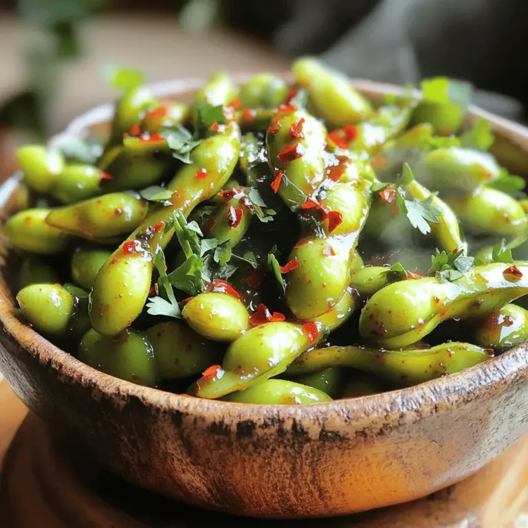 - Edamame: Wählen Sie frische Edamame in Schoten. Diese sind nahrhaft und lecker. Achten Sie darauf, dass die Schoten fest und grün sind. Sie können auch gefrorene Edamame verwenden, wenn frische nicht verfügbar sind. Kochen Sie sie einfach nach Packungsanweisung. - Knoblauch: Frischer Knoblauch hat den besten Geschmack. Verwenden Sie vier Zehen, fein gehackt. Sie können auch Knoblauchpulver verwenden, aber es ist nicht so aromatisch. Frischer Knoblauch bringt die richtige Würze in das Gericht. - Sojasauce: Diese gibt dem Gericht Tiefe. Verwenden Sie dunkle oder helle Sojasauce. Dunkle Sojasauce hat einen reicheren Geschmack. Achten Sie darauf, natriumarme Sojasauce zu wählen, wenn Sie weniger Salz möchten. - Sesamöl: Dieses Öl ist ein Muss. Es bringt einen nussigen Geschmack. Verwenden Sie es in der Pfanne, um den Knoblauch anzubraten. Es sorgt für eine tolle Aromatik in Ihrem Gericht. - Rote Pfefferflocken: Diese fügen die gewünschte Schärfe hinzu. Sie können die Menge nach Ihrem Geschmack anpassen. Für einen milderen Geschmack verwenden Sie weniger. Für mehr Schärfe fügen Sie einfach mehr hinzu. - Reisessig: Dieser Essig gibt einen frischen, sauren Kick. Sie können auch Apfelessig oder Weißweinessig verwenden, wenn Sie keinen Reisessig haben. Es hilft, die Aromen im Gericht auszubalancieren. Für das vollständige Rezept, schauen Sie sich die [Full Recipe] an. - Bringen Sie einen großen Topf mit gesalzenem Wasser zum Kochen. - Sobald das Wasser kocht, fügen Sie die Edamame-Schoten hinzu. - Kochen Sie die Edamame für 5-6 Minuten, bis sie zart sind. - Achten Sie darauf, dass sie bissfest bleiben. - Erhitzen Sie eine große Pfanne bei mittlerer Hitze. - Geben Sie 1 Esslöffel Sesamöl in die Pfanne. - Fügen Sie 4 fein gehackte Knoblauchzehen hinzu. - Braten Sie den Knoblauch 1-2 Minuten an, bis er duftet. - Sehen Sie darauf, dass der Knoblauch nicht verbrennt. - Fügen Sie 2 Esslöffel Sojasauce, 1 Teelöffel rote Pfefferflocken und 1 Teelöffel Reisessig hinzu. - Rühren Sie gut um und lassen Sie die Mischung kurz köcheln. - Gießen Sie die Edamame ab, sobald sie fertig sind. - Geben Sie die Edamame sofort in die Pfanne mit der Soße. - Schwenken Sie die Edamame gut, bis sie gleichmäßig bedeckt sind. - Würzen Sie nach Belieben mit Meersalz. - Servieren Sie die Edamame in einer Schüssel. - Garnieren Sie das Gericht mit frischem Koriandergrün. Für die vollständige Anleitung und weitere Details, besuchen Sie das [Full Recipe]. Wie man die Edamame perfekt kocht Um Edamame perfekt zu kochen, beginne mit viel Wasser. Das Wasser sollte sprudelnd kochen. Füge dann die Edamame hinzu und salze das Wasser. Koche sie für 5-6 Minuten. Die Edamame sollten zart, aber bissfest sein. Achte darauf, die Zeit genau einzuhalten. Knoblauch richtig anbraten Knoblauch bringt viel Geschmack. Er sollte bei mittlerer Hitze angebraten werden. Verwende Sesamöl, um das Aroma zu verstärken. Brate den Knoblauch 1-2 Minuten an. Achte darauf, dass er nicht verbrennt. Ein verbrannter Knoblauch wird bitter. Beilagen, die gut dazu passen Spicy Garlic Edamame passt gut zu vielen Gerichten. Reis oder Quinoa sind tolle Optionen. Auch ein frischer Salat ergänzt das Gericht gut. Probiere dazu eine leichte Sojasauce für einen zusätzlichen Kick. Präsentation des Gerichts Die Präsentation ist wichtig. Serviere die Edamame in einer schönen Schüssel. Garniere sie mit frischem Koriandergrün. Das sieht nicht nur gut aus, sondern bringt auch Farbe aufs Teller. Überkochen der Edamame Ein häufiger Fehler ist das Überkochen. Achte darauf, die Edamame nicht zu lange zu kochen. Sie verlieren sonst ihre knackige Textur. Halte dich an die vorgeschriebene Kochzeit. Verwendung von zu viel Öl Zu viel Öl kann das Gericht schwer machen. Halte dich an die Menge im Rezept. Ein Esslöffel reicht für den perfekten Geschmack. Dadurch bleibt das Gericht leicht und frisch. Für das vollständige Rezept von Spicy Garlic Edamame, siehe [Full Recipe]. {{image_4}} Eine großartige Möglichkeit, Spicy Garlic Edamame zu variieren, ist die Verwendung von Limette und Chili. Du kannst frisch gepressten Limettensaft hinzufügen, um dem Gericht eine frische Note zu geben. Chili bringt zusätzlichen Schwung. Du kannst auch andere Gemüse zu deinem Edamame-Gericht hinzufügen. Paprika oder Karotten passen gut. Sie sorgen für mehr Farbe und Textur. Schneide sie klein und brate sie mit dem Knoblauch an. Wenn du eine mildere Version für Kinder zubereiten möchtest, reduziere die Menge der roten Pfefferflocken. So bleibt das Gericht lecker, aber nicht zu scharf. Du kannst auch vegane Varianten ausprobieren. Verwende Tamari anstelle von Sojasauce. So bleibt es glutenfrei. Andere Saucen wie Erdnusssauce können ebenfalls einen tollen Geschmack bringen. Warum nicht Edamame in einem Stir-Fry mit Tofu verwenden? Brate die Soja-Würfel zusammen mit dem Knoblauch und den Edamame. Das gibt dir ein herzhaftes Abendessen in nur wenigen Minuten. Eine weitere Idee sind einfache Snacks mit Edamame. Du kannst die Edamame einfach mit Meersalz servieren. Sie sind gesund und nahrhaft. Probiere auch Edamame-Püree als Dip. Das ist eine kreative Art, dieses Gemüse zu genießen. Du kannst die vollständige Rezeptanleitung in der [Full Recipe] finden. Kühlschrank: Wie lange hält es sich? Edamame bleibt frisch, wenn du es im Kühlschrank lagerst. In einer luftdichten Verpackung hält es sich bis zu fünf Tage. Es ist wichtig, die Schoten nicht zu zerdrücken. So bleiben sie knackig und schmackhaft. Einfrieren der übrig gebliebenen Edamame Wenn du Edamame übrig hast, kannst du es auch einfrieren. Lege die ungekochten Schoten in einen Gefrierbeutel. So bleiben sie bis zu sechs Monate frisch. Wenn du sie wieder verwenden willst, tau sie einfach im Kühlschrank auf. Tipps für die beste Konsistenz Wenn du übrig gebliebenes Edamame aufwärmst, achte darauf, es nicht zu überkochen. Das macht die Schoten weich und matschig. Erhitze es sanft in der Pfanne oder in der Mikrowelle. Mikrowelle vs. Pfanne Die Mikrowelle ist schnell, aber die Pfanne gibt mehr Geschmack. In der Pfanne kannst du etwas Öl oder Butter hinzufügen. Das bringt die Aromen zurück und macht das Edamame leckerer. Edamame in Salaten verwenden Du kannst übrig gebliebenes Edamame in Salate mischen. Es gibt deinem Salat einen nussigen Geschmack und ist eine tolle Proteinquelle. Einfach die Schoten aufbrechen und die Bohnen hinzufügen. Edamame-Dips kreieren Ein weiterer Spaß mit Resten ist ein Edamame-Dip. Püriere die gekochten Bohnen mit etwas Knoblauch, Sesamöl und Zitronensaft. Das gibt einen scharfen, leckeren Dip, der gut zu Gemüse oder Crackern passt. Die Zubereitung von Spicy Garlic Edamame dauert insgesamt etwa 20 Minuten. Die Vorbereitung selbst ist schnell. Die Kochzeit für die Edamame beträgt 5-6 Minuten. Während sie garen, können Sie die Knoblauchsoße zubereiten. So sparen Sie Zeit. Das Gericht ist also ideal für einen schnellen Snack oder eine Beilage. Ja, gefrorene Edamame sind eine gute Option. Sie sind oft schon vorgekocht und sparen Zeit. Sie müssen sie einfach in kochendes Wasser geben. Kochen Sie die gefrorenen Edamame ebenfalls 5-6 Minuten, bis sie zart sind. Achten Sie darauf, sie gut abzutropfen, bevor Sie sie mit der Soße vermengen. Gefrorene Edamame haben den Vorteil, dass sie lange haltbar sind. So haben Sie immer einen Snack bereit. Ja, Spicy Garlic Edamame ist eine gesunde Wahl. Edamame sind reich an Eiweiß und Ballaststoffen. Sie enthalten auch viele Vitamine, wie Vitamin K und Folsäure. Knoblauch hat viele gesundheitliche Vorteile. Er kann das Immunsystem stärken und hat antioxidative Eigenschaften. Dieses Gericht ist nicht nur lecker, sondern auch nahrhaft. Es eignet sich perfekt als Snack oder Beilage. Probieren Sie das Rezept aus, um es selbst zu erleben. Für die vollständige Anleitung schauen Sie sich das Full Recipe an. Spicy Garlic Edamame bietet viele kreative Möglichkeiten. Wir haben die Hauptzutaten wie Edamame und Knoblauch besprochen. Auch die Zubereitungstechnik ist wichtig. Tipps helfen dir, die besten Ergebnisse zu erzielen. Variationen machen das Gericht spannend. Du kannst sogar Reste sinnvoll nutzen. Mit diesen Informationen kannst du leckere und gesunde Snacks zubereiten. Probiere die Rezepte aus und entwickle deinen eigenen Stil!