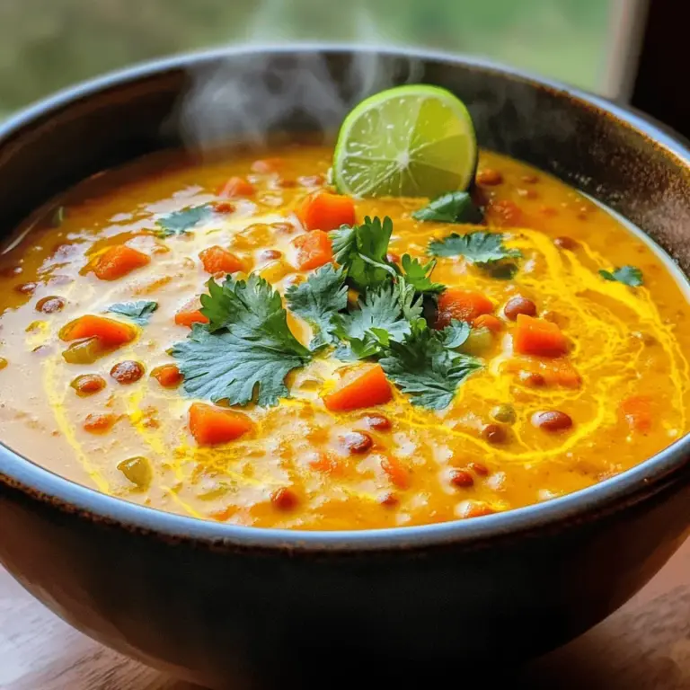 Die Hauptzutaten machen die Kokos-Curry-Linsensuppe nahrhaft und schmackhaft. Hier sind die wichtigsten Zutaten: - 1 Tasse rote Linsen, gründlich gewaschen - 1 Dose (400 ml) Kokosmilch - 1 mittelgroße Zwiebel, fein gehackt - 2 Zehen Knoblauch, gehackt - 1 Esslöffel frischer Ingwer, gerieben - 1 Esslöffel Currypulver - 1 Teelöffel Kurkumapulver - 1 Teelöffel Kreuzkümmel - 1 Esslöffel Olivenöl - 4 Tassen Gemüsebrühe - 1 Karotte, gewürfelt - 1 Paprika, gewürfelt - 2 Tassen Spinat, grob gehackt - Salz und Pfeffer nach Geschmack - Frischer Koriander zur Garnitur (optional) Diese Zutaten sorgen für einen vollmundigen Geschmack und eine cremige Textur. Rote Linsen sind eine gute Proteinquelle und machen die Suppe sättigend. Die Gewürze bringen die Aromen zur Geltung. Currypulver, Kurkuma und Kreuzkümmel verleihen der Suppe ein warmes Aroma. Sie sind nicht nur lecker, sondern auch gesund. Ingwer und Knoblauch geben der Suppe eine würzige Tiefe, die gut zu den anderen Zutaten passt. Diese Kombination macht die Suppe zu einem echten Genuss. Wenn du etwas Abwechslung möchtest, kannst du die Zutaten anpassen. Probiere zum Beispiel grüne Linsen oder Kichererbsen. Du kannst auch frisches Gemüse wie Brokkoli oder Zucchini hinzufügen. Für einen schärferen Geschmack füge Chili oder Cayennepfeffer hinzu. So bleibt die Suppe spannend und jeder findet etwas nach seinem Geschmack. Für das vollständige Rezept und weitere Tipps, sieh dir die [Full Recipe] an. Zuerst erhitze ich das Olivenöl in einem großen Topf. Ich verwende mittlere Hitze. Dann füge ich die gehackte Zwiebel, den Knoblauch und den Ingwer hinzu. Ich brate die Mischung an, bis die Zwiebel glasig wird. Das dauert etwa fünf Minuten. Anschließend rühre ich das Currypulver, die Kurkuma und den Kreuzkümmel ein. Ich lasse die Gewürze zwei bis drei Minuten anrösten, bis sie gut duften. Jetzt gebe ich die gewürfelte Karotte und die Paprika in den Topf. Ich vermenge alles gut und lasse das Gemüse weitere fünf Minuten kochen. Danach füge ich die gewaschenen Linsen hinzu. Ich gieße die Gemüsebrühe und die Kokosmilch dazu. Jetzt rühre ich alles gut um und bringe die Mischung zum Kochen. Sobald die Suppe kocht, reduziere ich die Hitze auf niedrig. Ich decke den Topf ab und lasse die Suppe etwa 25 bis 30 Minuten köcheln. Ich rühre gelegentlich um, bis die Linsen zart sind. Nach dem Kochen füge ich den gehackten Spinat hinzu. Ich rühre, bis der Spinat zusammengefallen ist. Dann schmecke ich die Suppe mit Salz und Pfeffer ab. Vor dem Servieren lasse ich die Suppe einige Minuten abkühlen. Für das volle Geschmackserlebnis empfehle ich, die vollständige Rezeptur zu probieren. Um die perfekte Konsistenz zu erreichen, ist die Wahl der Linsen wichtig. Rote Linsen zerfallen leicht und machen die Suppe cremig. Wenn Sie mehr Biss möchten, können Sie grüne oder schwarze Linsen verwenden. Kochen Sie die Suppe nicht zu lange, damit die Linsen nicht matschig werden. Eine gute Regel ist, die Linsen etwa 25 bis 30 Minuten köcheln zu lassen. Rühren Sie die Suppe häufig, damit sie gleichmäßig kocht. Ein häufiger Fehler ist, die Gewürze nicht lange genug anzurösten. Dies bringt den Geschmack zur Geltung. Lassen Sie die Gewürze 2 bis 3 Minuten anbraten. Ein anderer Fehler ist, zu viel Wasser hinzuzufügen. Halten Sie sich an die angegebene Menge Gemüsebrühe. Wenn die Suppe zu dünn ist, lassen Sie sie länger kochen, damit sie eindickt. Jeder hat seine eigenen Vorlieben. Wenn Sie es schärfer mögen, fügen Sie etwas Chili hinzu. Für eine mildere Suppe, reduzieren Sie das Currypulver. Sie können auch verschiedene Gemüsesorten verwenden. Zucchini oder Blumenkohl passen gut. Experimentieren Sie mit frischen Kräutern wie Basilikum oder Minze für einen neuen Geschmack. Probieren Sie auch verschiedene Öle, wie Kokosnussöl, für einen intensiveren Geschmack. Für das vollständige Rezept schauen Sie sich die [Full Recipe] an. {{image_4}} Diese Suppe ist von Natur aus vegan. Sie enthält keine tierischen Produkte. Verwenden Sie frische oder gefrorene Gemüse für mehr Geschmack. Fügen Sie Tofu oder Kichererbsen hinzu, um die Proteinmenge zu erhöhen. Diese Zutaten machen die Suppe noch nahrhafter und sättigender. Um die Nährstoffe zu steigern, probieren Sie diese Zutaten: - Süßkartoffeln: Sie fügen Süße und Vitamine hinzu. - Brokkoli: Dies steigert den Ballaststoffgehalt. - Kürbis: Er gibt einen tollen Geschmack und mehr Farbe. - Quinoa: Diese Körner sind eine gute Proteinquelle und machen die Suppe herzhafter. Die Würze der Suppe können Sie leicht anpassen. Für eine schärfere Variante fügen Sie Chili oder Cayennepfeffer hinzu. Wenn Sie es milder mögen, reduzieren Sie die Gewürze. Ein Spritzer Limettensaft bringt Frische. Experimentieren Sie, um Ihre perfekte Balance zu finden. Verwenden Sie die Full Recipe für genaue Mengen und Zubereitung. Um die Kokos-Curry-Linsensuppe frisch zu halten, bewahre sie in einem luftdichten Behälter auf. Lass die Suppe zuerst abkühlen, bevor du sie in den Kühlschrank stellst. Achte darauf, die Suppe nicht länger als nötig bei Raumtemperatur zu lassen. Du kannst die Reste der Suppe auch einfrieren. Fülle sie in gefriergeeignete Behälter oder Beutel. Vergiss nicht, etwas Platz zu lassen, da die Suppe beim Gefrieren expandiert. Zum Auftauen lege die Suppe einfach über Nacht in den Kühlschrank. Erwärme sie dann langsam auf dem Herd oder in der Mikrowelle. Im Kühlschrank bleibt die Kokos-Curry-Linsensuppe etwa 3 bis 5 Tage frisch. Überprüfe immer den Geruch und das Aussehen, bevor du sie isst. Wenn etwas komisch aussieht oder riecht, ist es besser, sie wegzuwerfen. So bleibst du gesund und genießt die leckere Suppe aus dem [Full Recipe]. Ja, du kannst andere Linsensorten verwenden. Grüner oder brauner Linsen sind auch gut. Sie brauchen jedoch längere Kochzeiten. Rote Linsen sind schneller gar und zerfallen leicht. Das macht die Suppe cremiger. Wenn du eine andere Sorte nutzt, beobachte die Kochzeit genau. Ja, diese Kokos-Curry-Linsensuppe ist glutenfrei. Alle Zutaten, die du verwendest, sind ohne Gluten. Achte jedoch darauf, dass die Gemüsebrühe auch glutenfrei ist. Viele Brühen enthalten keine Glutenstoffe, aber es ist gut, die Etiketten zu prüfen. Zu dieser Suppe passen viele Beilagen. Ein frisches Brot ist eine tolle Wahl. Auch Reis kann gut dazu serviert werden. Du kannst auch einen einfachen Salat machen. Ein grüner Salat mit Zitrus-Vinaigrette passt besonders gut. Diese Kombination macht das Essen noch leckerer. Für die ganze Rezeptur schaue dir die [Full Recipe] an. Diese Anleitung zeigt dir, wie man eine leckere Kokos-Curry-Linsensuppe macht. Wir haben die Hauptzutaten, Gewürze und zahlreiche Varianten behandelt. Du hast nun Werkzeuge, um die perfekte Konsistenz zu erreichen und gängige Fehler zu vermeiden. Denke daran, dass du die Suppe anpassen kannst, um deinen Geschmack zu treffen. Die Lagerinformationen helfen dir, Reste zu nutzen. Diese Suppe ist nicht nur einfach, sondern auch gut für die Gesundheit. Viel Spaß beim Ausprobieren!