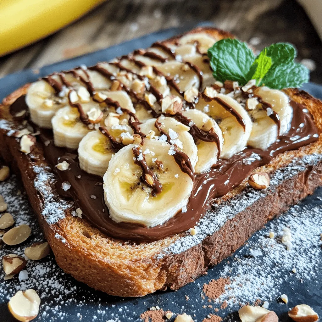 - Vollkorn- oder Sauerteigbrot - Reife Bananen - Schokoladen-Hazelnuss-Aufstrich Die Hauptzutaten sind einfach zu finden. Du brauchst frisches Brot, das knusprig wird. Vollkorn- oder Sauerteigbrot bringt viele Nährstoffe und einen tollen Geschmack. Die Bananen sollten reif sein, damit sie süß und weich sind. Der Schokoladen-Hazelnuss-Aufstrich ist der Star dieses Rezepts. Er gibt dem Toast seinen reichen, schokoladigen Geschmack. - Gehackte Haselnüsse - Ungesüßtes Kakaopulver - Ahornsirup und Meersalz Zusätzliche Zutaten bringen den Toast auf das nächste Level. Gehackte Haselnüsse fügen einen tollen Crunch hinzu. Ungesüßtes Kakaopulver verstärkt den Schokoladengeschmack. Ahornsirup ist eine süße Option, aber nicht nötig. Eine Prise Meersalz bringt Aromen zusammen und macht den Geschmack lebendiger. - Frische Minzblätter Frische Minzblätter sind eine schöne Garnitur. Sie geben Farbe und einen frischen Geschmack. Du kannst sie einfach auf den Toast legen, bevor du ihn servierst. Für das gesamte Rezept und die Zubereitung schaue dir den [Full Recipe] an. Beginne mit dem Brot. Du kannst Vollkorn- oder Sauerteigbrot verwenden. Toast das Brot im Toaster oder in einer Grillpfanne. Achte darauf, dass es goldbraun und knusprig wird. Das Toasten macht den Belag noch köstlicher. Während das Brot röstet, nimm die reifen Bananen. Schneide sie in dünne Scheiben. Lege die Bananenscheiben auf einen Teller. So hast du sie bereit, wenn das Brot fertig ist. Sobald das Brot warm ist, nimm deinen Schokoladen-Hazelnuss-Aufstrich. Verteile eine dicke Schicht auf jede Scheibe. Die Wärme des Brotes lässt den Aufstrich schmelzen und zieht in das Brot ein. Jetzt kommen die Bananenscheiben. Arrangiere sie gleichmäßig auf dem Aufstrich. Das sieht gut aus und schmeckt toll! Jetzt füge die gehackten Haselnüsse hinzu. Streue sie großzügig über die Bananen. Dann kommt das ungesüßte Kakaopulver. Eine kleine Menge reicht aus, um den Geschmack zu verstärken. Wenn du magst, kannst du noch etwas Ahornsirup hinzufügen. Das macht das Ganze süßer. Beende das Toast mit einer Prise Meersalz. Das hebt die Aromen hervor. Das ist die einfache und leckere Zubereitung des Schokoladen-Hazelnuss-Bananen-Toasts. Du findest das gesamte Rezept im Abschnitt Full Recipe. Die Wahl der Bananen ist wichtig für deinen Schokoladen-Hazelnuss-Bananen-Toast. Reife Bananen sind süß und weich. Sie lassen sich leicht schneiden und schmecken gut. Überreife Bananen haben braune Stellen und sind noch süßer. Diese geben deinem Toast einen intensiveren Geschmack. Wenn du es magst, wähle die überreifen Bananen. Sie passen perfekt zu Schokolade und Haselnüssen. Du kannst mit diesem Rezept viel spielen. Probiere andere Aufstriche. Mandelbutter oder Erdnussbutter sind tolle Alternativen. Sie bringen neue Geschmäcker in dein Gericht. Auch verschiedene Brotsorten sind eine gute Idee. Vollkornbrot gibt einen nussigen Geschmack, während Sauerteigbrot einen tollen Crunch hat. Sei kreativ und finde deine Lieblingskombination! Schokoladen-Hazelnuss-Bananen-Toast passt gut zu anderen Frühstücksoptionen. Serviere ihn mit Joghurt oder frischen Früchten. So wird dein Frühstück bunt und lecker. Auch Getränke sind wichtig. Ein Glas frisch gepresster Orangensaft oder ein aromatischer Kräutertee ergänzen das Gericht gut. Du kannst sogar einen Kaffee dazu genießen. Alles schmeckt besser zusammen! {{image_4}} Wenn du eine vegane Version machen möchtest, ist das ganz einfach. Nutze einen pflanzlichen Schokoladenaufstrich. Es gibt viele Marken, die diesen anbieten. Achte darauf, dass der Aufstrich keine Milch oder Eier enthält. So bleibt dein Toast vegan und lecker. Für glutenfreie Varianten wähle einfach glutenfreies Brot. Es gibt viele Optionen im Handel. Achte darauf, dass das Brot frisch und gut getoastet ist. So bleibt der Geschmack und die Textur toll. Du kannst deinen Schokoladen-Hazelnuss-Bananen-Toast noch interessanter machen. Füge weitere Früchte hinzu, wie Erdbeeren oder Himbeeren. Auch Samen wie Chiasamen oder Leinsamen passen gut. Diese Toppings bringen mehr Geschmack und Nährstoffe. Probiere verschiedene Kombinationen aus und finde deinen Favoriten. Wenn du etwas Toast übrig hast, lege ihn in einen luftdichten Behälter. So bleibt er frisch. Du kannst auch ein sauberes Küchentuch verwenden. Achte darauf, dass der Behälter gut schließt. Dies schützt den Toast vor Feuchtigkeit und Gerüchen. Um den Toast wieder heiß zu machen, benutze die Mikrowelle oder den Toaster. In der Mikrowelle dauert es nur etwa 15 bis 20 Sekunden. Der Toaster bringt den Toast wieder knusprig. Achte darauf, dass du ihn nicht zu lange erhitzt. Sonst wird er trocken oder verbrannt. Die Frische der Bananen und Nüsse ist wichtig. Reife Bananen halten sich etwa zwei bis drei Tage. Lagere sie bei Raumtemperatur. Gehackte Haselnüsse kannst du in einem luftdichten Behälter im Kühlschrank aufbewahren. So bleiben sie etwa eine Woche frisch. Überprüfe die Nüsse auf einen ranzigen Geruch. Wenn sie schlecht riechen, benutze sie nicht mehr. Die Zubereitung von Schokoladen-Hazelnuss-Bananen-Toast ist schnell und einfach. Die Vorbereitungszeit beträgt etwa 10 Minuten. Dazu kommt eine Kochzeit von 5 Minuten, wenn du das Brot toastest. Insgesamt dauert es also nur 15 Minuten, bis du dein leckeres Frühstück genießen kannst. Ja, du kannst andere Nüsse verwenden, wenn du möchtest. Mandeln, Walnüsse oder Pecannüsse sind gute Alternativen. Sie bringen auch ihren eigenen Geschmack. Wenn du eine Nussallergie hast, kannst du auch Samen wie Sonnenblumenkerne verwenden. Diese bieten eine ähnliche Knusprigkeit und sind sehr lecker. Dieser Toast kann gesund sein, wenn du die richtigen Zutaten wählst. Vollkornbrot bietet Ballaststoffe, die gut für die Verdauung sind. Bananen liefern Vitamine und Mineralstoffe. Der Schokoladen-Hazelnuss-Aufstrich hat Zucker, also achte auf die Menge. Du kannst die Süße mit weniger oder ohne Sirup anpassen. Eine Prise Meersalz hebt die Aromen hervor, ohne zu viele Kalorien hinzuzufügen. So, wir haben alles Wichtige abgedeckt: die besten Zutaten, einfache Schritte und hilfreiche Tipps. Du kannst mit verschiedenen Bananen und Brotsorten spielen, um deinen Toast zu variieren. Denke daran, wie wichtig die Frische deiner Zutaten ist. Mit ein paar Kniffen wird dein Frühstück lecker und gesund. Das macht es bequem, deinen Tag gut zu starten. Viel Spaß beim Ausprobieren!