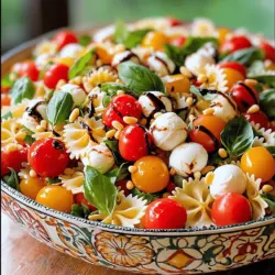 Für einen leckeren Caprese Pasta Salad benötigst du: - 225 g Farfalle (Schmetterlingspasta) - 1 Tasse Kirschtomaten, halbiert - 1 Tasse Mozzarella-Bällchen (Bocconcini), halbiert - 1 Tasse frische Basilikumblätter, zerrissen Diese vier Zutaten sind die Grundlage für deinen Salat. Die Farfalle bringt eine schöne Form und Textur. Die Kirschtomaten sorgen für Frische und Süße. Mozzarella gibt Cremigkeit, während Basilikum ein tolles Aroma hinzufügt. Für den Geschmack brauchst du: - ½ Tasse Balsamico-Glasur - 2 Esslöffel natives Olivenöl - Salz und Pfeffer nach Geschmack - ½ Teelöffel Knoblauchpulver (optional) Die Balsamico-Glasur bringt Süße und Säure. Olivenöl fügt gesunde Fette hinzu. Salz und Pfeffer sind wichtig, um das Gericht abzurunden. Das Knoblauchpulver gibt einen zusätzlichen Kick, ist aber optional. Du kannst deinem Salat auch mehr Tiefe geben mit: - ¼ Tasse Pinienkerne, geröstet (für zusätzlichen Crunch) Die Pinienkerne bringen einen nussigen Geschmack und einen schönen Crunch. Sie heben den Salat auf das nächste Level. Du kannst auch andere Nüsse oder Samen verwenden, wenn du magst. Um den Salat zu machen, folge dem Full Recipe. So wirst du ein tolles Gericht zaubern! Beginne mit einem großen Topf. Fülle ihn mit Wasser und füge eine Prise Salz hinzu. Bring das Wasser zum Kochen. Wenn das Wasser kocht, gib die Farfalle hinein. Koche sie nach den Anweisungen auf der Packung. Achte darauf, dass die Pasta al dente ist. Das bedeutet, sie sollte bissfest sein. Wenn die Pasta fertig ist, gieße sie in ein Sieb ab. Spüle sie kurz mit kaltem Wasser ab. Lass die Pasta abkühlen, während du die anderen Zutaten vorbereitest. Jetzt ist es Zeit, die frischen Zutaten vorzubereiten. Halbiere die Kirschtomaten und die Mozzarella-Bällchen. Das sorgt für einen schönen Biss. Wenn die Basilikumblätter groß sind, reiße sie in kleinere Stücke. Das gibt mehr Geschmack. Diese Schritte sind schnell gemacht. Du kannst alles in einer großen Schüssel sammeln, während du weiter machst. In einer großen Rührschüssel vermischst du die abgekühlte Pasta, Kirschtomaten, Mozzarella und Basilikum. Rühre alles gut um. In einer kleinen Schüssel kombinierst du die Balsamico-Glasur, Olivenöl, Salz, Pfeffer und optional das Knoblauchpulver. Schlage diese Mischung gut zusammen. Gieße sie über den Pasta-Salat. Vermenge alles vorsichtig, bis die Sauce gleichmäßig verteilt ist. Füge die gerösteten Pinienkerne hinzu. Sie geben dem Salat einen tollen Crunch. Decke den Salat ab und stelle ihn für mindestens 30 Minuten in den Kühlschrank. So entfalten sich die Aromen besser. Du kannst den Salat dann schön anrichten und genießen! Um die perfekte Pasta zu kochen, achte auf die Zeit. Nutze einen großen Topf mit viel Wasser. Wenn das Wasser sprudelt, füge Salz hinzu. Das gibt Geschmack. Koche die Farfalle gemäß der Packungsanleitung. Teste die Pasta ein paar Minuten vor Ende der Kochzeit. Sie sollte al dente sein, also bissfest. Nach dem Abgießen, spüle die Pasta mit kaltem Wasser ab. So stoppt der Kochprozess. Lass die Pasta dann abkühlen, während du die anderen Zutaten vorbereitest. Du kannst den Caprese Pasta Salad nach deinem Geschmack anpassen. Füge zum Beispiel gebratene Zucchini oder Paprika hinzu. Das gibt Farbe und Geschmack. Wenn du es würziger magst, probiere Chili-Flocken oder frischen Pfeffer. Für einen extra Crunch, kannst du auch geröstete Mandeln oder Sonnenblumenkerne verwenden. Wenn du eine vegane Version willst, lasse den Mozzarella weg oder nutze eine pflanzliche Alternative. Sei kreativ und finde deine Lieblingskombination! Die Präsentation macht viel aus! Serviere den Salat in einer großen, bunten Schüssel. Beträufle ihn mit etwas Balsamico-Glasur für einen schönen Glanz. Garniere den Salat mit ganzen Basilikumblättern und etwas frisch gemahlenem Pfeffer. Das sieht nicht nur toll aus, sondern verleiht auch mehr Aroma. Verwende zusätzlich einige geröstete Pinienkerne oben drauf. So wird der Salat zum Star auf deinem Tisch. Du kannst sogar ein wenig frischen Parmesan darüber streuen, wenn du magst. {{image_4}} Für eine vegane Version des Caprese Pasta Salat kannst du den Mozzarella durch pflanzliche Alternativen ersetzen. Es gibt viele großartige vegane Käseprodukte auf dem Markt. Achte darauf, dass die Pasta glutenfrei ist, wenn du eine glutenfreie Variante möchtest. Viele Marken bieten glutenfreie Farfalle aus Reis oder Mais an. Diese passen gut in das Rezept und bieten eine ähnliche Textur. Du kannst diesem Salat viele leckere Ergänzungen hinzufügen. Eine gute Idee sind schwarze Oliven oder Artischockenherzen. Diese Zutaten geben dem Salat mehr Geschmack und Textur. Du könntest auch einige Avocados hinzufügen, um eine cremige Note zu erzielen. Für mehr Crunch sind geröstete Pinienkerne eine tolle Wahl. Sie passen perfekt zu den anderen Aromen und sorgen für einen nussigen Geschmack. Im Sommer ist dieser Salat besonders frisch und leicht. Du kannst ihn mit gegrilltem Gemüse erweitern. Zucchini oder Paprika eignen sich gut für diese Saison. Im Herbst kannst du karamellisierte Kürbiswürfel hinzufügen. Sie bringen eine süße Note in den Salat. Für spezielle Anlässe wie Partys kannst du auch frische Feigen oder Granatapfelkerne verwenden. Diese sorgen für einen schönen Kontrast und sehen toll aus. Bewahre deinen Caprese Pasta Salad in einem luftdichten Behälter auf. So bleibt er frisch und lecker. Stelle sicher, dass der Salat gut abgedeckt ist. Der Kühlschrank ist ideal, um die Aromen zu bewahren. Der Salat bleibt im Kühlschrank etwa 3 bis 5 Tage frisch. Achte darauf, ihn vor dem Verzehr gut zu prüfen. Wenn du einen schlechten Geruch oder Veränderungen in der Farbe bemerkst, entsorge ihn. Einfrieren ist für diesen Salat nicht ideal. Die Pasta und die frischen Zutaten können ihre Textur verlieren. Wenn du Reste hast, genieße sie stattdessen in den nächsten Tagen. Für längere Lagerung, bereite die Zutaten frisch zu, wenn du sie brauchst. So bleibt dein Salat immer schmackhaft und ansprechend. Die Zubereitung des Caprese Pasta Salad dauert insgesamt etwa 45 Minuten. Davon sind 15 Minuten für die Vorbereitung der Zutaten. Die restliche Zeit verbringt der Salat im Kühlschrank, um die Aromen zu verbinden. Die kurze Kochzeit macht dieses Gericht ideal für schnelle Mahlzeiten. Ja, du kannst die Zutaten im Voraus vorbereiten. Du kannst die Pasta einen Tag vorher kochen und im Kühlschrank aufbewahren. Auch die Kirschtomaten und Mozzarella-Bällchen kannst du schon schneiden. So sparst du Zeit, wenn du den Salat servieren möchtest. Zu Caprese Pasta Salad passen viele Beilagen. Hier sind einige Vorschläge: - Gegrilltes Gemüse - Bruschetta mit Tomaten - Ein einfacher grüner Salat - Gegrilltes Hähnchen oder Garnelen Diese Beilagen ergänzen die Aromen des Salats perfekt. Der Caprese Pasta Salad ist einfach und lecker. Wir haben die Hauptzutaten, Gewürze und optionale Zutaten besprochen. Sie wissen nun, wie Sie die Pasta kochen, den Salat anrichten und die besten Tipps für die perfekte Zubereitung nutzen. Es gibt auch tolle Varianten und Lagerungshinweise. Egal, ob vegan oder glutenfrei, Sie können Ihr Rezept anpassen. Nutzen Sie die Infos und genießen Sie Ihren Salat! Probieren Sie es aus und beeindrucken Sie Ihre Freunde bei Ihrem nächsten Treffen.