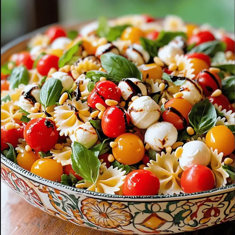 Für einen leckeren Caprese Pasta Salad benötigst du: - 225 g Farfalle (Schmetterlingspasta) - 1 Tasse Kirschtomaten, halbiert - 1 Tasse Mozzarella-Bällchen (Bocconcini), halbiert - 1 Tasse frische Basilikumblätter, zerrissen Diese vier Zutaten sind die Grundlage für deinen Salat. Die Farfalle bringt eine schöne Form und Textur. Die Kirschtomaten sorgen für Frische und Süße. Mozzarella gibt Cremigkeit, während Basilikum ein tolles Aroma hinzufügt. Für den Geschmack brauchst du: - ½ Tasse Balsamico-Glasur - 2 Esslöffel natives Olivenöl - Salz und Pfeffer nach Geschmack - ½ Teelöffel Knoblauchpulver (optional) Die Balsamico-Glasur bringt Süße und Säure. Olivenöl fügt gesunde Fette hinzu. Salz und Pfeffer sind wichtig, um das Gericht abzurunden. Das Knoblauchpulver gibt einen zusätzlichen Kick, ist aber optional. Du kannst deinem Salat auch mehr Tiefe geben mit: - ¼ Tasse Pinienkerne, geröstet (für zusätzlichen Crunch) Die Pinienkerne bringen einen nussigen Geschmack und einen schönen Crunch. Sie heben den Salat auf das nächste Level. Du kannst auch andere Nüsse oder Samen verwenden, wenn du magst. Um den Salat zu machen, folge dem Full Recipe. So wirst du ein tolles Gericht zaubern! Beginne mit einem großen Topf. Fülle ihn mit Wasser und füge eine Prise Salz hinzu. Bring das Wasser zum Kochen. Wenn das Wasser kocht, gib die Farfalle hinein. Koche sie nach den Anweisungen auf der Packung. Achte darauf, dass die Pasta al dente ist. Das bedeutet, sie sollte bissfest sein. Wenn die Pasta fertig ist, gieße sie in ein Sieb ab. Spüle sie kurz mit kaltem Wasser ab. Lass die Pasta abkühlen, während du die anderen Zutaten vorbereitest. Jetzt ist es Zeit, die frischen Zutaten vorzubereiten. Halbiere die Kirschtomaten und die Mozzarella-Bällchen. Das sorgt für einen schönen Biss. Wenn die Basilikumblätter groß sind, reiße sie in kleinere Stücke. Das gibt mehr Geschmack. Diese Schritte sind schnell gemacht. Du kannst alles in einer großen Schüssel sammeln, während du weiter machst. In einer großen Rührschüssel vermischst du die abgekühlte Pasta, Kirschtomaten, Mozzarella und Basilikum. Rühre alles gut um. In einer kleinen Schüssel kombinierst du die Balsamico-Glasur, Olivenöl, Salz, Pfeffer und optional das Knoblauchpulver. Schlage diese Mischung gut zusammen. Gieße sie über den Pasta-Salat. Vermenge alles vorsichtig, bis die Sauce gleichmäßig verteilt ist. Füge die gerösteten Pinienkerne hinzu. Sie geben dem Salat einen tollen Crunch. Decke den Salat ab und stelle ihn für mindestens 30 Minuten in den Kühlschrank. So entfalten sich die Aromen besser. Du kannst den Salat dann schön anrichten und genießen! Um die perfekte Pasta zu kochen, achte auf die Zeit. Nutze einen großen Topf mit viel Wasser. Wenn das Wasser sprudelt, füge Salz hinzu. Das gibt Geschmack. Koche die Farfalle gemäß der Packungsanleitung. Teste die Pasta ein paar Minuten vor Ende der Kochzeit. Sie sollte al dente sein, also bissfest. Nach dem Abgießen, spüle die Pasta mit kaltem Wasser ab. So stoppt der Kochprozess. Lass die Pasta dann abkühlen, während du die anderen Zutaten vorbereitest. Du kannst den Caprese Pasta Salad nach deinem Geschmack anpassen. Füge zum Beispiel gebratene Zucchini oder Paprika hinzu. Das gibt Farbe und Geschmack. Wenn du es würziger magst, probiere Chili-Flocken oder frischen Pfeffer. Für einen extra Crunch, kannst du auch geröstete Mandeln oder Sonnenblumenkerne verwenden. Wenn du eine vegane Version willst, lasse den Mozzarella weg oder nutze eine pflanzliche Alternative. Sei kreativ und finde deine Lieblingskombination! Die Präsentation macht viel aus! Serviere den Salat in einer großen, bunten Schüssel. Beträufle ihn mit etwas Balsamico-Glasur für einen schönen Glanz. Garniere den Salat mit ganzen Basilikumblättern und etwas frisch gemahlenem Pfeffer. Das sieht nicht nur toll aus, sondern verleiht auch mehr Aroma. Verwende zusätzlich einige geröstete Pinienkerne oben drauf. So wird der Salat zum Star auf deinem Tisch. Du kannst sogar ein wenig frischen Parmesan darüber streuen, wenn du magst. {{image_4}} Für eine vegane Version des Caprese Pasta Salat kannst du den Mozzarella durch pflanzliche Alternativen ersetzen. Es gibt viele großartige vegane Käseprodukte auf dem Markt. Achte darauf, dass die Pasta glutenfrei ist, wenn du eine glutenfreie Variante möchtest. Viele Marken bieten glutenfreie Farfalle aus Reis oder Mais an. Diese passen gut in das Rezept und bieten eine ähnliche Textur. Du kannst diesem Salat viele leckere Ergänzungen hinzufügen. Eine gute Idee sind schwarze Oliven oder Artischockenherzen. Diese Zutaten geben dem Salat mehr Geschmack und Textur. Du könntest auch einige Avocados hinzufügen, um eine cremige Note zu erzielen. Für mehr Crunch sind geröstete Pinienkerne eine tolle Wahl. Sie passen perfekt zu den anderen Aromen und sorgen für einen nussigen Geschmack. Im Sommer ist dieser Salat besonders frisch und leicht. Du kannst ihn mit gegrilltem Gemüse erweitern. Zucchini oder Paprika eignen sich gut für diese Saison. Im Herbst kannst du karamellisierte Kürbiswürfel hinzufügen. Sie bringen eine süße Note in den Salat. Für spezielle Anlässe wie Partys kannst du auch frische Feigen oder Granatapfelkerne verwenden. Diese sorgen für einen schönen Kontrast und sehen toll aus. Bewahre deinen Caprese Pasta Salad in einem luftdichten Behälter auf. So bleibt er frisch und lecker. Stelle sicher, dass der Salat gut abgedeckt ist. Der Kühlschrank ist ideal, um die Aromen zu bewahren. Der Salat bleibt im Kühlschrank etwa 3 bis 5 Tage frisch. Achte darauf, ihn vor dem Verzehr gut zu prüfen. Wenn du einen schlechten Geruch oder Veränderungen in der Farbe bemerkst, entsorge ihn. Einfrieren ist für diesen Salat nicht ideal. Die Pasta und die frischen Zutaten können ihre Textur verlieren. Wenn du Reste hast, genieße sie stattdessen in den nächsten Tagen. Für längere Lagerung, bereite die Zutaten frisch zu, wenn du sie brauchst. So bleibt dein Salat immer schmackhaft und ansprechend. Die Zubereitung des Caprese Pasta Salad dauert insgesamt etwa 45 Minuten. Davon sind 15 Minuten für die Vorbereitung der Zutaten. Die restliche Zeit verbringt der Salat im Kühlschrank, um die Aromen zu verbinden. Die kurze Kochzeit macht dieses Gericht ideal für schnelle Mahlzeiten. Ja, du kannst die Zutaten im Voraus vorbereiten. Du kannst die Pasta einen Tag vorher kochen und im Kühlschrank aufbewahren. Auch die Kirschtomaten und Mozzarella-Bällchen kannst du schon schneiden. So sparst du Zeit, wenn du den Salat servieren möchtest. Zu Caprese Pasta Salad passen viele Beilagen. Hier sind einige Vorschläge: - Gegrilltes Gemüse - Bruschetta mit Tomaten - Ein einfacher grüner Salat - Gegrilltes Hähnchen oder Garnelen Diese Beilagen ergänzen die Aromen des Salats perfekt. Der Caprese Pasta Salad ist einfach und lecker. Wir haben die Hauptzutaten, Gewürze und optionale Zutaten besprochen. Sie wissen nun, wie Sie die Pasta kochen, den Salat anrichten und die besten Tipps für die perfekte Zubereitung nutzen. Es gibt auch tolle Varianten und Lagerungshinweise. Egal, ob vegan oder glutenfrei, Sie können Ihr Rezept anpassen. Nutzen Sie die Infos und genießen Sie Ihren Salat! Probieren Sie es aus und beeindrucken Sie Ihre Freunde bei Ihrem nächsten Treffen.