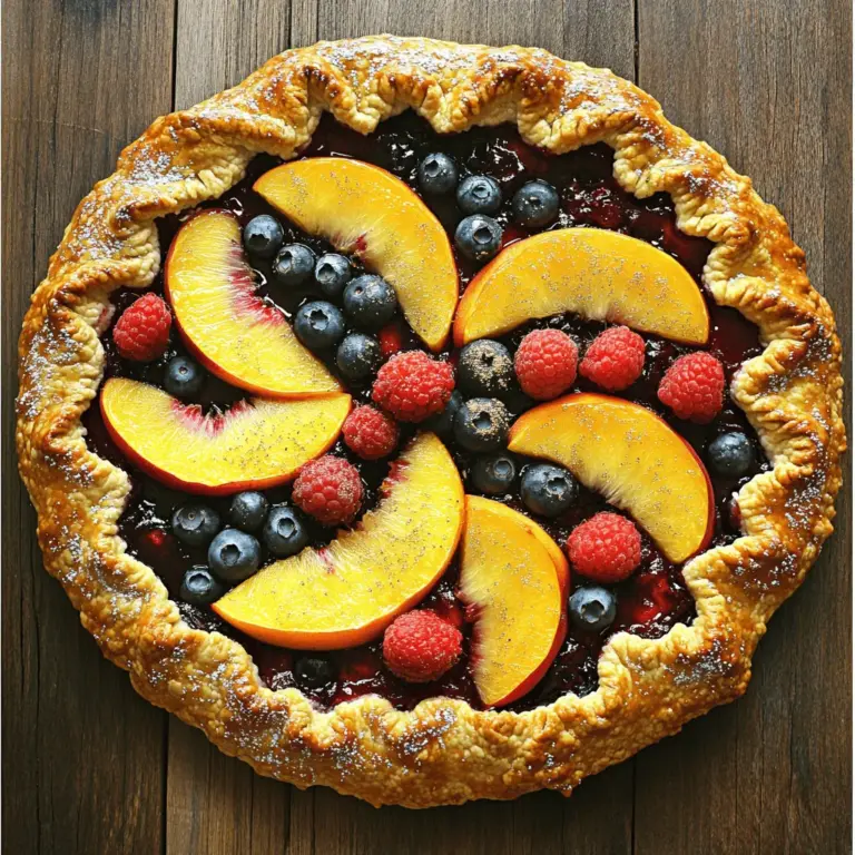 Für eine leckere Peach und Berry Galette brauche ich folgende Zutaten: - 2 reife Pfirsiche, in Scheiben geschnitten - 1 Tasse gemischte Beeren (Blaubeeren, Erdbeeren, Himbeeren) - 1 Esslöffel Zitronensaft - 1 Esslöffel Speisestärke - 2 Esslöffel brauner Zucker (nach Geschmack anpassen) - 1 Teelöffel Vanilleextrakt - 1 fertiger Piekrist (gekauft oder selbstgemacht) - 1 Ei (für die Ei-Wäsche) - 1 Esslöffel Milch (für die Ei-Wäsche) - Zucker zum Bestreuen des Teigs Pfirsiche sind saftig und süß. Sie geben der Galette einen tollen Geschmack. Ich wähle reife Pfirsiche, da sie besser schmecken. Die Beeren bringen frische Noten. Blaubeeren, Erdbeeren und Himbeeren harmonieren gut zusammen. Ich mag eine Mischung, die süß und leicht sauer ist. Diese Früchte passen perfekt zur Galette und machen sie bunt und einladend. Ich kann entweder einen fertigen Piekrist kaufen oder selbst einen machen. Fertige Teige sind schnell und einfach. Sie sparen viel Zeit in der Küche. Wenn ich mehr Kontrolle und frischen Geschmack will, mache ich den Teig selbst. Ein selbstgemachter Teig hat eine knusprigere Textur. Er schmeckt auch besser. Beide Optionen sind gut. Es hängt von meiner Zeit und Lust ab. Ich empfehle, das zu wählen, was für mich am besten passt. Für das komplette Rezept, schau dir [Full Recipe] an. Zuerst bereiten wir die Früchte vor. Du brauchst 2 reife Pfirsiche und 1 Tasse gemischte Beeren. Schneide die Pfirsiche in dünne Scheiben. Für die Beeren kannst du Blaubeeren, Erdbeeren und Himbeeren verwenden. Gib alle Früchte in eine große Schüssel. Füge 1 Esslöffel Zitronensaft, 1 Esslöffel Speisestärke, 2 Esslöffel braunen Zucker und 1 Teelöffel Vanilleextrakt hinzu. Vermenge alles vorsichtig. Lass die Mischung etwa 10 Minuten stehen. So zieht der Geschmack besser ein. Jetzt kommt der Teig. Du kannst einen fertigen Piekrist verwenden oder ihn selbst machen. Wenn du ihn selbst machst, rolle ihn auf einer leicht bemehlten Fläche aus. Der Teig sollte etwa 30 cm groß sein. Achte darauf, dass er gleichmäßig dick bleibt. Wenn der Teig ausgerollt ist, lege ihn auf ein Backblech mit Backpapier. So bleibt nichts kleben und alles wird schön knusprig. Nun wird die Galette zusammengebaut. Nimm die marinierten Früchte und löffle sie in die Mitte des Teigs. Lass dabei einen Rand von etwa 5 cm. Klappe die Ränder des Teigs vorsichtig über die Früchte. Es ist wichtig, die Mitte offen zu lassen. So sieht die Galette schön aus und die Früchte blitzen hervor. Jetzt bereitest du die Ei-Wäsche vor. Vermische 1 Ei und 1 Esslöffel Milch in einer kleinen Schüssel. Bestreiche die Ränder des Teigs mit der Mischung. Streue etwas Zucker darüber, um eine leckere Kruste zu bekommen. Backe die Galette dann im vorgeheizten Ofen bei 200°C für 35-40 Minuten, bis sie goldbraun ist. Für das vollständige Rezept, schau dir die Sektion "Zutaten" an. Um die beste Galette zu machen, wähle frische, reife Früchte. Pfirsiche sollten weich sein, aber nicht matschig. Achte auf die Farben – sie sollten lebhaft und einladend aussehen. Bei den Beeren sind Blaubeeren, Erdbeeren und Himbeeren toll. Sie bringen Süße und einen schönen Farbkontrast. Mische verschiedene Beeren für mehr Geschmack und Textur. Frische Früchte geben der Galette einen saftigen Biss. Wenn du in der Nebensaison bist, sind gefrorene Früchte eine gute Wahl. Lass sie vor der Verwendung auftauen und abtropfen. Heize deinen Ofen auf 200°C vor, um den Teig knusprig zu machen. Die hohe Temperatur sorgt dafür, dass die Galette schön aufgeht und goldbraun wird. Backe die Galette für 35 bis 40 Minuten. Achte darauf, dass der Rand goldbraun ist. Die Füllung sollte blubbern, wenn sie fertig ist. Wenn du sie früher herausnimmst, könnte der Teig weich sein. Wenn er zu lange backt, kann er verbrennen. Ein Esslöffel Zitronensaft hebt den Geschmack der Früchte. Er bringt Frische und hilft, die Süße auszugleichen. Brauner Zucker fügt eine tiefe, karamellige Note hinzu. Du kannst auch etwas Zimt oder Muskatnuss hinzufügen. Diese Gewürze geben der Galette einen warmen, einladenden Geschmack. Vanilleextrakt ist ein Muss für ein zusätzliches Aroma. Experimentiere mit Honig oder Ahornsirup, um eine süßere Note zu erzielen. Diese kleinen Geheimnisse machen deine Galette besonders lecker. Für das vollständige Rezept und mehr Tipps, schau dir das [Full Recipe] an. {{image_4}} Für eine herbstliche Note können Sie Äpfel und Zimt verwenden. Schneiden Sie zwei große Äpfel in dünne Scheiben. Mischen Sie die Äpfel mit einem Esslöffel Zimt und etwas braunem Zucker. Die Mischung sorgt für Wärme und Aroma. Füllen Sie die Galette wie im Grundrezept, und genießen Sie den Duft von Herbst. Eine schokoladige Galette ist ein echter Genuss. Fügen Sie ein paar Esslöffel Kakaopulver zur Füllung hinzu. Die Beeren harmonieren perfekt mit der Schokolade. Verwenden Sie dazu die gleichen Beeren wie im Rezept. Schokoladensplitter können auch für extra Geschmack sorgen. Diese Variante ist ein Hit für Schokoladenliebhaber. Wenn Sie eine vegane Galette machen möchten, ersetzen Sie das Ei mit einer Mischung aus Pflanzenmilch und Leinsamen. Für die Ei-Wäsche verwenden Sie einfach die Pflanzenmilch. Der Piekrist kann auch vegan sein, wenn Sie einen pflanzlichen Teig verwenden. Diese Version ist lecker und freundlich zur Umwelt. Für weitere Ideen und das vollständige Rezept, schauen Sie auf die Seite [Full Recipe]. Um die Galette frisch zu halten, lasse sie zuerst abkühlen. Wickele sie dann in Frischhaltefolie oder lege sie in einen luftdichten Behälter. Stelle sicher, dass die Galette nicht zerknittert oder zerdrückt wird. So bleibt der Teig knusprig. Du kannst sie auch in einen Pizzakarton legen. Das schützt die Form und den Geschmack. Eine gebackene Galette hält sich gut für zwei bis drei Tage im Kühlschrank. Achte darauf, dass sie gut verpackt ist. Nach ein paar Tagen kann der Teig etwas weich werden. Wenn du die Galette länger aufbewahren möchtest, friere sie ein. In diesem Fall kann sie bis zu drei Monate halten. Um die Galette wieder knusprig zu bekommen, heize deinen Ofen auf 180°C vor. Lege die Galette auf ein Backblech und erwärme sie für etwa 10 bis 15 Minuten. Du kannst auch die Mikrowelle nutzen, aber der Teig wird nicht so knusprig. Wenn du eine frische Note möchtest, füge etwas Honig oder frische Beeren hinzu, während du sie erwärmst. Für das gesamte Rezept siehe [Full Recipe]. Um eine perfekte Galette zu machen, brauchen Sie frische Zutaten. Beginnen Sie mit einem guten Teig. Roll ihn gleichmäßig aus. Die Füllung sollte aus saftigen Früchten bestehen. Achten Sie darauf, die Früchte nicht zu nah an den Rand zu legen. Falten Sie den Teig vorsichtig, um die Füllung zu schützen. Bestreichen Sie die Ränder mit einer Ei-Wäsche. Backen Sie die Galette bis sie goldbraun ist. So bleibt der Teig knusprig und die Früchte lecker. Ja, Sie können gefrorene Früchte verwenden. Aber denken Sie daran, sie vorher aufzutauen. Lassen Sie das Wasser gut abtropfen, um eine matschige Füllung zu vermeiden. Gefrorene Früchte können weniger süß sein. Daher sollten Sie den Zucker anpassen. Wenn Sie gefrorene Früchte verwenden, wird die Galette trotzdem köstlich! Zu einer Galette passen viele Beilagen. Eine Kugel Vanilleeis ist eine tolle Wahl. Schlagsahne oder griechischer Joghurt geben einen schönen Kontrast. Frische Minze bringt Frische. Auch ein Spritzer Honig macht das Dessert noch besser. Experimentieren Sie mit verschiedenen Beilagen, um Ihre perfekte Kombination zu finden. Eine Galette ist einfach und macht Spaß. Wir haben die besten Zutaten ausgewählt, wie Pfirsiche und Beeren. Fertigteig oder selbstgemacht, du kannst wählen. Ich habe dir eine Schritt-für-Schritt-Anleitung gegeben, um die Galette einfach zu machen. Denke an die besten Früchte und die perfekte Backzeit. Variationen wie herbstliche Äpfel oder vegane Optionen bringen neue Ideen. Lagere deine Galette richtig und wärme sie schnell auf. Mach deine nächste Galette zu einem Genuss!
