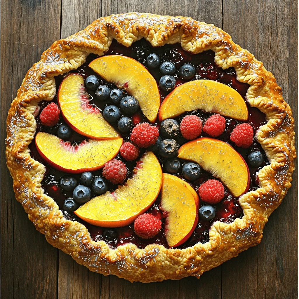 Für eine leckere Peach und Berry Galette brauche ich folgende Zutaten: - 2 reife Pfirsiche, in Scheiben geschnitten - 1 Tasse gemischte Beeren (Blaubeeren, Erdbeeren, Himbeeren) - 1 Esslöffel Zitronensaft - 1 Esslöffel Speisestärke - 2 Esslöffel brauner Zucker (nach Geschmack anpassen) - 1 Teelöffel Vanilleextrakt - 1 fertiger Piekrist (gekauft oder selbstgemacht) - 1 Ei (für die Ei-Wäsche) - 1 Esslöffel Milch (für die Ei-Wäsche) - Zucker zum Bestreuen des Teigs Pfirsiche sind saftig und süß. Sie geben der Galette einen tollen Geschmack. Ich wähle reife Pfirsiche, da sie besser schmecken. Die Beeren bringen frische Noten. Blaubeeren, Erdbeeren und Himbeeren harmonieren gut zusammen. Ich mag eine Mischung, die süß und leicht sauer ist. Diese Früchte passen perfekt zur Galette und machen sie bunt und einladend. Ich kann entweder einen fertigen Piekrist kaufen oder selbst einen machen. Fertige Teige sind schnell und einfach. Sie sparen viel Zeit in der Küche. Wenn ich mehr Kontrolle und frischen Geschmack will, mache ich den Teig selbst. Ein selbstgemachter Teig hat eine knusprigere Textur. Er schmeckt auch besser. Beide Optionen sind gut. Es hängt von meiner Zeit und Lust ab. Ich empfehle, das zu wählen, was für mich am besten passt. Für das komplette Rezept, schau dir [Full Recipe] an. Zuerst bereiten wir die Früchte vor. Du brauchst 2 reife Pfirsiche und 1 Tasse gemischte Beeren. Schneide die Pfirsiche in dünne Scheiben. Für die Beeren kannst du Blaubeeren, Erdbeeren und Himbeeren verwenden. Gib alle Früchte in eine große Schüssel. Füge 1 Esslöffel Zitronensaft, 1 Esslöffel Speisestärke, 2 Esslöffel braunen Zucker und 1 Teelöffel Vanilleextrakt hinzu. Vermenge alles vorsichtig. Lass die Mischung etwa 10 Minuten stehen. So zieht der Geschmack besser ein. Jetzt kommt der Teig. Du kannst einen fertigen Piekrist verwenden oder ihn selbst machen. Wenn du ihn selbst machst, rolle ihn auf einer leicht bemehlten Fläche aus. Der Teig sollte etwa 30 cm groß sein. Achte darauf, dass er gleichmäßig dick bleibt. Wenn der Teig ausgerollt ist, lege ihn auf ein Backblech mit Backpapier. So bleibt nichts kleben und alles wird schön knusprig. Nun wird die Galette zusammengebaut. Nimm die marinierten Früchte und löffle sie in die Mitte des Teigs. Lass dabei einen Rand von etwa 5 cm. Klappe die Ränder des Teigs vorsichtig über die Früchte. Es ist wichtig, die Mitte offen zu lassen. So sieht die Galette schön aus und die Früchte blitzen hervor. Jetzt bereitest du die Ei-Wäsche vor. Vermische 1 Ei und 1 Esslöffel Milch in einer kleinen Schüssel. Bestreiche die Ränder des Teigs mit der Mischung. Streue etwas Zucker darüber, um eine leckere Kruste zu bekommen. Backe die Galette dann im vorgeheizten Ofen bei 200°C für 35-40 Minuten, bis sie goldbraun ist. Für das vollständige Rezept, schau dir die Sektion "Zutaten" an. Um die beste Galette zu machen, wähle frische, reife Früchte. Pfirsiche sollten weich sein, aber nicht matschig. Achte auf die Farben – sie sollten lebhaft und einladend aussehen. Bei den Beeren sind Blaubeeren, Erdbeeren und Himbeeren toll. Sie bringen Süße und einen schönen Farbkontrast. Mische verschiedene Beeren für mehr Geschmack und Textur. Frische Früchte geben der Galette einen saftigen Biss. Wenn du in der Nebensaison bist, sind gefrorene Früchte eine gute Wahl. Lass sie vor der Verwendung auftauen und abtropfen. Heize deinen Ofen auf 200°C vor, um den Teig knusprig zu machen. Die hohe Temperatur sorgt dafür, dass die Galette schön aufgeht und goldbraun wird. Backe die Galette für 35 bis 40 Minuten. Achte darauf, dass der Rand goldbraun ist. Die Füllung sollte blubbern, wenn sie fertig ist. Wenn du sie früher herausnimmst, könnte der Teig weich sein. Wenn er zu lange backt, kann er verbrennen. Ein Esslöffel Zitronensaft hebt den Geschmack der Früchte. Er bringt Frische und hilft, die Süße auszugleichen. Brauner Zucker fügt eine tiefe, karamellige Note hinzu. Du kannst auch etwas Zimt oder Muskatnuss hinzufügen. Diese Gewürze geben der Galette einen warmen, einladenden Geschmack. Vanilleextrakt ist ein Muss für ein zusätzliches Aroma. Experimentiere mit Honig oder Ahornsirup, um eine süßere Note zu erzielen. Diese kleinen Geheimnisse machen deine Galette besonders lecker. Für das vollständige Rezept und mehr Tipps, schau dir das [Full Recipe] an. {{image_4}} Für eine herbstliche Note können Sie Äpfel und Zimt verwenden. Schneiden Sie zwei große Äpfel in dünne Scheiben. Mischen Sie die Äpfel mit einem Esslöffel Zimt und etwas braunem Zucker. Die Mischung sorgt für Wärme und Aroma. Füllen Sie die Galette wie im Grundrezept, und genießen Sie den Duft von Herbst. Eine schokoladige Galette ist ein echter Genuss. Fügen Sie ein paar Esslöffel Kakaopulver zur Füllung hinzu. Die Beeren harmonieren perfekt mit der Schokolade. Verwenden Sie dazu die gleichen Beeren wie im Rezept. Schokoladensplitter können auch für extra Geschmack sorgen. Diese Variante ist ein Hit für Schokoladenliebhaber. Wenn Sie eine vegane Galette machen möchten, ersetzen Sie das Ei mit einer Mischung aus Pflanzenmilch und Leinsamen. Für die Ei-Wäsche verwenden Sie einfach die Pflanzenmilch. Der Piekrist kann auch vegan sein, wenn Sie einen pflanzlichen Teig verwenden. Diese Version ist lecker und freundlich zur Umwelt. Für weitere Ideen und das vollständige Rezept, schauen Sie auf die Seite [Full Recipe]. Um die Galette frisch zu halten, lasse sie zuerst abkühlen. Wickele sie dann in Frischhaltefolie oder lege sie in einen luftdichten Behälter. Stelle sicher, dass die Galette nicht zerknittert oder zerdrückt wird. So bleibt der Teig knusprig. Du kannst sie auch in einen Pizzakarton legen. Das schützt die Form und den Geschmack. Eine gebackene Galette hält sich gut für zwei bis drei Tage im Kühlschrank. Achte darauf, dass sie gut verpackt ist. Nach ein paar Tagen kann der Teig etwas weich werden. Wenn du die Galette länger aufbewahren möchtest, friere sie ein. In diesem Fall kann sie bis zu drei Monate halten. Um die Galette wieder knusprig zu bekommen, heize deinen Ofen auf 180°C vor. Lege die Galette auf ein Backblech und erwärme sie für etwa 10 bis 15 Minuten. Du kannst auch die Mikrowelle nutzen, aber der Teig wird nicht so knusprig. Wenn du eine frische Note möchtest, füge etwas Honig oder frische Beeren hinzu, während du sie erwärmst. Für das gesamte Rezept siehe [Full Recipe]. Um eine perfekte Galette zu machen, brauchen Sie frische Zutaten. Beginnen Sie mit einem guten Teig. Roll ihn gleichmäßig aus. Die Füllung sollte aus saftigen Früchten bestehen. Achten Sie darauf, die Früchte nicht zu nah an den Rand zu legen. Falten Sie den Teig vorsichtig, um die Füllung zu schützen. Bestreichen Sie die Ränder mit einer Ei-Wäsche. Backen Sie die Galette bis sie goldbraun ist. So bleibt der Teig knusprig und die Früchte lecker. Ja, Sie können gefrorene Früchte verwenden. Aber denken Sie daran, sie vorher aufzutauen. Lassen Sie das Wasser gut abtropfen, um eine matschige Füllung zu vermeiden. Gefrorene Früchte können weniger süß sein. Daher sollten Sie den Zucker anpassen. Wenn Sie gefrorene Früchte verwenden, wird die Galette trotzdem köstlich! Zu einer Galette passen viele Beilagen. Eine Kugel Vanilleeis ist eine tolle Wahl. Schlagsahne oder griechischer Joghurt geben einen schönen Kontrast. Frische Minze bringt Frische. Auch ein Spritzer Honig macht das Dessert noch besser. Experimentieren Sie mit verschiedenen Beilagen, um Ihre perfekte Kombination zu finden. Eine Galette ist einfach und macht Spaß. Wir haben die besten Zutaten ausgewählt, wie Pfirsiche und Beeren. Fertigteig oder selbstgemacht, du kannst wählen. Ich habe dir eine Schritt-für-Schritt-Anleitung gegeben, um die Galette einfach zu machen. Denke an die besten Früchte und die perfekte Backzeit. Variationen wie herbstliche Äpfel oder vegane Optionen bringen neue Ideen. Lagere deine Galette richtig und wärme sie schnell auf. Mach deine nächste Galette zu einem Genuss!