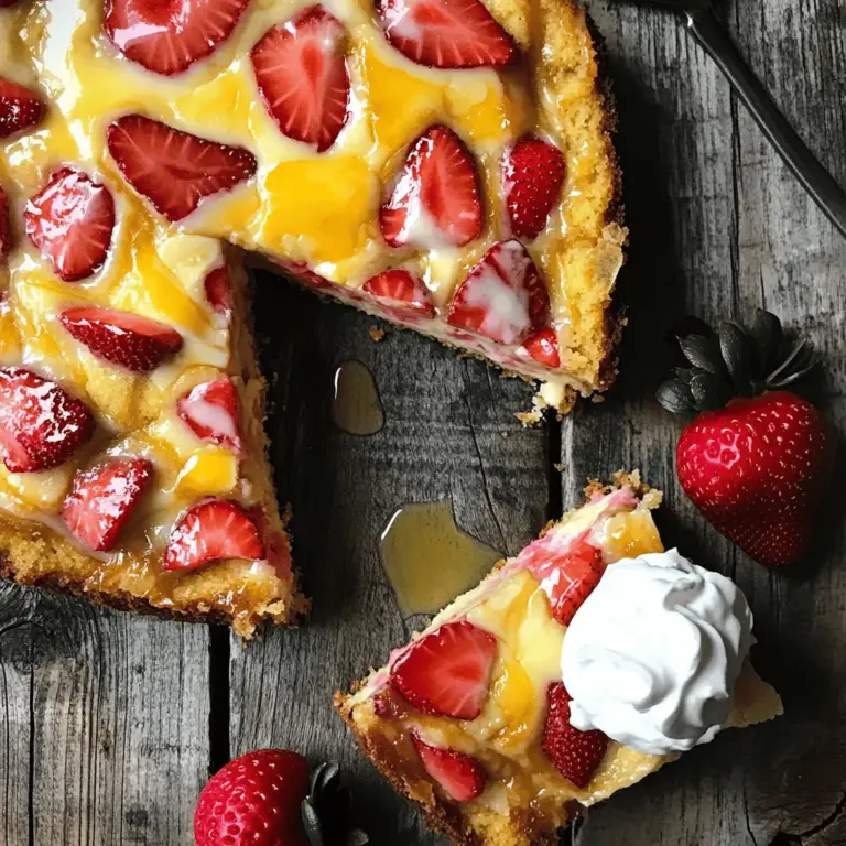 Um den Erdbeer Cheesecake Dump Cake zu machen, benötigen Sie folgende Zutaten: - 1 Paket Butterkekse-Mischung - 1 (225 g) Paket Frischkäse, weich - 120 g Puderzucker - 1 Tasse frische Erdbeeren, geputzt und geschnitten (oder gefrorene, aufgetaut) - 115 g ungesalzene Butter, geschmolzen - 240 ml Milch - 1 Teelöffel Vanilleextrakt - 1/2 Teelöffel Mandelessenz (optional für zusätzlichen Geschmack) - Schlagsahne oder Krem für die Servierung (optional) Die Qualität der Zutaten macht einen großen Unterschied. Verwenden Sie frische Erdbeeren, wenn möglich. Sie geben dem Kuchen mehr Geschmack. Der Frischkäse sollte weich sein. So lässt er sich besser verrühren. Achten Sie auf die Butter. Sie sollte ungesalzen sein, um den Geschmack nicht zu stören. Wenn Sie die Mandelessenz verwenden, probieren Sie, wie es schmeckt. Es kann den Geschmack des Kuchens verbessern. Wählen Sie Erdbeeren mit einer leuchtend roten Farbe. Diese sind süßer und reifer. Achten Sie darauf, dass die Erdbeeren fest sind. Vermeiden Sie welche mit Druckstellen oder Schimmel. Wenn Sie gefrorene Erdbeeren nutzen, lassen Sie sie gut auftauen. Drücken Sie das Wasser gut heraus, damit der Kuchen nicht matschig wird. Die besten Erdbeeren sind frisch und in der Saison. Diese kommen meist aus dem eigenen Garten oder vom Markt. So haben Sie die besten Aromen in Ihrem Kuchen. Heizen Sie Ihren Ofen auf 175 °C vor. Dies ist wichtig, damit der Kuchen gleichmäßig backt. Nehmen Sie eine 23x33 cm große Auflaufform. Fetten Sie die Form gut ein, damit der Kuchen nicht kleben bleibt. Nehmen Sie den weichen Frischkäse und geben Sie ihn in eine Rührschüssel. Verwenden Sie einen elektrischen Mixer, um ihn glatt und cremig zu machen. Fügen Sie nach und nach den Puderzucker hinzu. Mischen Sie alles gut, bis die Mischung schön gleichmäßig ist. Stellen Sie diese Mischung beiseite, während Sie den Kuchen vorbereiten. In einer großen Schüssel kombinieren Sie die Butterkekse-Mischung, Milch, die geschmolzene Butter, Vanilleextrakt und die Mandelessenz, falls Sie sie verwenden. Mischen Sie alles, bis die Zutaten gerade so verbunden sind. Achten Sie darauf, nicht zu lange zu mischen, damit der Teig locker bleibt. Gießen Sie die Hälfte des Kuchenteigs in die gefettete Form. Verstreichen Sie den Teig gleichmäßig. Löffeln Sie dann die Frischkäse-Mischung darauf. Streuen Sie die Hälfte der geschnittenen Erdbeeren darüber. Gießen Sie den restlichen Teig über die Frischkäse-Schicht. Legen Sie die restlichen Erdbeeren obenauf. Backen Sie den Kuchen 45-50 Minuten lang. Prüfen Sie mit einem Zahnstocher, ob er durch ist. Lassen Sie den Kuchen nach dem Backen 10 Minuten abkühlen, bevor Sie ihn schneiden. Servieren Sie ihn warm oder bei Raumtemperatur. Verwenden Sie die [Full Recipe], um alle Schritte und Zutaten zu sehen. Ein häufiges Problem ist das Übermixen des Teigs. Wenn Sie die Zutaten zu lange mixen, wird der Kuchen zäh. Mischen Sie nur, bis alles verbunden ist. Achten Sie darauf, die Butterkekse-Mischung nicht zu fein zu mahlen. Grobe Stücke sorgen für eine bessere Textur. Vergessen Sie nicht, den Frischkäse gut zu schlagen. So wird die Füllung schön cremig. Die Backzeit ist wichtig für den perfekten Erdbeer Cheesecake Dump Cake. Backen Sie den Kuchen 45 bis 50 Minuten lang. Prüfen Sie mit einem Zahnstocher, ob er fertig ist. Wenn der Zahnstocher sauber herauskommt, ist er gut. Lassen Sie den Kuchen vor dem Schneiden abkühlen. So bleibt er stabil und lässt sich besser portionieren. Servieren Sie den Kuchen warm oder bei Raumtemperatur. Ein Klecks Schlagsahne macht das Dessert noch besser. Eine frische Erdbeere als Garnitur sieht toll aus und schmeckt frisch. Probieren Sie, den Kuchen in kleine Quadrate zu schneiden. So kann jeder ein Stück genießen. Für eine besondere Note können Sie auch Schokoladensauce darüber träufeln. {{image_4}} Der Erdbeer Cheesecake Dump Cake ist köstlich, aber Sie können auch andere Früchte verwenden. Zum Beispiel: - Himbeeren - Blaubeeren - Pfirsiche - Äpfel Jede dieser Früchte bringt ihren eigenen Geschmack und ihre eigene Textur. Versuchen Sie, die Früchte nach Saison auszuwählen. So erhalten Sie den besten Geschmack. Für eine glutenfreie Version können Sie glutenfreie Kekse nutzen. Diese ersetzen die Butterkekse in unserem Rezept. Für eine vegane Variante ersetzen Sie den Frischkäse durch eine pflanzliche Creme. Verwenden Sie auch pflanzliche Milch und Margarine anstelle von Butter. So haben auch Menschen mit speziellen Diäten einen köstlichen Genuss. Die Süße können Sie leicht anpassen. Wenn Sie es weniger süß mögen, verwenden Sie weniger Puderzucker. Fügen Sie auch eine Prise Zimt oder Muskatnuss hinzu, um den Geschmack zu verändern. Ein Spritzer Zitronensaft kann den Geschmack der Erdbeeren heben. Experimentieren Sie mit verschiedenen Aromen. Das macht jeden Biss noch spannender. Für das vollständige Rezept besuchen Sie [Full Recipe]. Um den Erdbeer-Himmel Cheesecake Dump Cake frisch zu halten, bewahren Sie ihn in einem luftdichten Behälter auf. Ein Glas oder ein Plastikbehälter funktioniert gut. Stellen Sie sicher, dass der Kuchen vollständig abgekühlt ist, bevor Sie ihn lagern. Das verhindert Kondensation. Wenn Sie den Kuchen für längere Zeit aufbewahren möchten, kann das Einfrieren eine gute Option sein. Im Kühlschrank bleibt der Erdbeer-Himmel Cheesecake Dump Cake bis zu fünf Tage frisch. Achten Sie darauf, ihn gut abzudecken oder in einem Behälter zu lagern. Wenn Sie ihn länger aufbewahren möchten, können Sie ihn für bis zu drei Monate im Gefrierfach aufbewahren. Wickeln Sie ihn gut in Frischhaltefolie und Aluminiumfolie ein, um Gefrierbrand zu vermeiden. Zum Wiedererwärmen können Sie den Kuchen einfach in der Mikrowelle für 10 bis 20 Sekunden erwärmen. Achten Sie darauf, den Kuchen nicht zu überhitzen, da er sonst trocken wird. Wenn Sie ihn lieber im Ofen aufwärmen möchten, heizen Sie ihn bei 175 °C für etwa 10 bis 15 Minuten auf. Servieren Sie den Kuchen warm oder bei Raumtemperatur. Ein Klecks Schlagsahne oder frische Erdbeeren verleihen dem Dessert eine besondere Note. Die Zubereitung dauert etwa 15 Minuten. Das Backen benötigt dann 45 bis 50 Minuten. Insgesamt sind es also rund 1 Stunde bis zum Genuss. Ja, du kannst Erdbeeren durch viele andere Früchte ersetzen. Himbeeren, Heidelbeeren oder Pfirsiche passen gut. Achte darauf, dass die Früchte reif und süß sind. Dieser Kuchen ist nicht von Natur aus glutenfrei oder vegan. Für glutenfreie Optionen kannst du glutenfreie Kekse verwenden. Für eine vegane Version ersetze den Frischkäse durch eine pflanzliche Alternative und die Milch durch pflanzliche Milch. Ja, du kannst den Kuchen im Voraus zubereiten. Bereite die Mischung und die Schichten vor. Backe ihn jedoch erst kurz vor dem Servieren, um die Frische zu bewahren. In diesem Artikel habe ich die Zutaten und den Zubereitungsprozess für den Erdbeer-Himmel Cheesecake Dump Cake erklärt. Wir haben die beste Auswahl an Erdbeeren besprochen und Tipps gegeben, um häufige Fehler zu vermeiden. Denken Sie an die Variationen und Lagerung, um das Beste aus diesem Kuchen herauszuholen. Ich hoffe, Sie fühlen sich bereit, dieses Rezept auszuprobieren. Viel Spaß beim Backen!