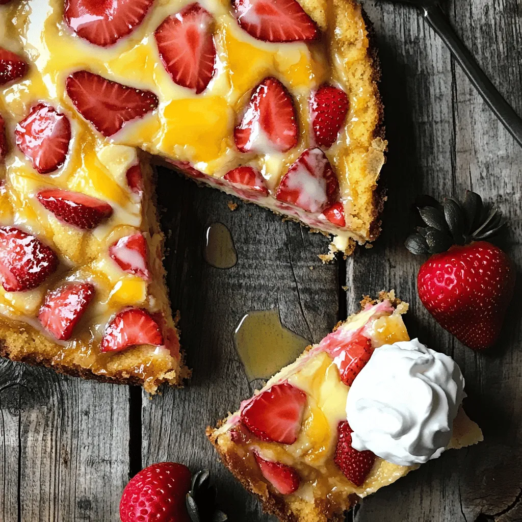 Um den Erdbeer Cheesecake Dump Cake zu machen, benötigen Sie folgende Zutaten: - 1 Paket Butterkekse-Mischung - 1 (225 g) Paket Frischkäse, weich - 120 g Puderzucker - 1 Tasse frische Erdbeeren, geputzt und geschnitten (oder gefrorene, aufgetaut) - 115 g ungesalzene Butter, geschmolzen - 240 ml Milch - 1 Teelöffel Vanilleextrakt - 1/2 Teelöffel Mandelessenz (optional für zusätzlichen Geschmack) - Schlagsahne oder Krem für die Servierung (optional) Die Qualität der Zutaten macht einen großen Unterschied. Verwenden Sie frische Erdbeeren, wenn möglich. Sie geben dem Kuchen mehr Geschmack. Der Frischkäse sollte weich sein. So lässt er sich besser verrühren. Achten Sie auf die Butter. Sie sollte ungesalzen sein, um den Geschmack nicht zu stören. Wenn Sie die Mandelessenz verwenden, probieren Sie, wie es schmeckt. Es kann den Geschmack des Kuchens verbessern. Wählen Sie Erdbeeren mit einer leuchtend roten Farbe. Diese sind süßer und reifer. Achten Sie darauf, dass die Erdbeeren fest sind. Vermeiden Sie welche mit Druckstellen oder Schimmel. Wenn Sie gefrorene Erdbeeren nutzen, lassen Sie sie gut auftauen. Drücken Sie das Wasser gut heraus, damit der Kuchen nicht matschig wird. Die besten Erdbeeren sind frisch und in der Saison. Diese kommen meist aus dem eigenen Garten oder vom Markt. So haben Sie die besten Aromen in Ihrem Kuchen. Heizen Sie Ihren Ofen auf 175 °C vor. Dies ist wichtig, damit der Kuchen gleichmäßig backt. Nehmen Sie eine 23x33 cm große Auflaufform. Fetten Sie die Form gut ein, damit der Kuchen nicht kleben bleibt. Nehmen Sie den weichen Frischkäse und geben Sie ihn in eine Rührschüssel. Verwenden Sie einen elektrischen Mixer, um ihn glatt und cremig zu machen. Fügen Sie nach und nach den Puderzucker hinzu. Mischen Sie alles gut, bis die Mischung schön gleichmäßig ist. Stellen Sie diese Mischung beiseite, während Sie den Kuchen vorbereiten. In einer großen Schüssel kombinieren Sie die Butterkekse-Mischung, Milch, die geschmolzene Butter, Vanilleextrakt und die Mandelessenz, falls Sie sie verwenden. Mischen Sie alles, bis die Zutaten gerade so verbunden sind. Achten Sie darauf, nicht zu lange zu mischen, damit der Teig locker bleibt. Gießen Sie die Hälfte des Kuchenteigs in die gefettete Form. Verstreichen Sie den Teig gleichmäßig. Löffeln Sie dann die Frischkäse-Mischung darauf. Streuen Sie die Hälfte der geschnittenen Erdbeeren darüber. Gießen Sie den restlichen Teig über die Frischkäse-Schicht. Legen Sie die restlichen Erdbeeren obenauf. Backen Sie den Kuchen 45-50 Minuten lang. Prüfen Sie mit einem Zahnstocher, ob er durch ist. Lassen Sie den Kuchen nach dem Backen 10 Minuten abkühlen, bevor Sie ihn schneiden. Servieren Sie ihn warm oder bei Raumtemperatur. Verwenden Sie die [Full Recipe], um alle Schritte und Zutaten zu sehen. Ein häufiges Problem ist das Übermixen des Teigs. Wenn Sie die Zutaten zu lange mixen, wird der Kuchen zäh. Mischen Sie nur, bis alles verbunden ist. Achten Sie darauf, die Butterkekse-Mischung nicht zu fein zu mahlen. Grobe Stücke sorgen für eine bessere Textur. Vergessen Sie nicht, den Frischkäse gut zu schlagen. So wird die Füllung schön cremig. Die Backzeit ist wichtig für den perfekten Erdbeer Cheesecake Dump Cake. Backen Sie den Kuchen 45 bis 50 Minuten lang. Prüfen Sie mit einem Zahnstocher, ob er fertig ist. Wenn der Zahnstocher sauber herauskommt, ist er gut. Lassen Sie den Kuchen vor dem Schneiden abkühlen. So bleibt er stabil und lässt sich besser portionieren. Servieren Sie den Kuchen warm oder bei Raumtemperatur. Ein Klecks Schlagsahne macht das Dessert noch besser. Eine frische Erdbeere als Garnitur sieht toll aus und schmeckt frisch. Probieren Sie, den Kuchen in kleine Quadrate zu schneiden. So kann jeder ein Stück genießen. Für eine besondere Note können Sie auch Schokoladensauce darüber träufeln. {{image_4}} Der Erdbeer Cheesecake Dump Cake ist köstlich, aber Sie können auch andere Früchte verwenden. Zum Beispiel: - Himbeeren - Blaubeeren - Pfirsiche - Äpfel Jede dieser Früchte bringt ihren eigenen Geschmack und ihre eigene Textur. Versuchen Sie, die Früchte nach Saison auszuwählen. So erhalten Sie den besten Geschmack. Für eine glutenfreie Version können Sie glutenfreie Kekse nutzen. Diese ersetzen die Butterkekse in unserem Rezept. Für eine vegane Variante ersetzen Sie den Frischkäse durch eine pflanzliche Creme. Verwenden Sie auch pflanzliche Milch und Margarine anstelle von Butter. So haben auch Menschen mit speziellen Diäten einen köstlichen Genuss. Die Süße können Sie leicht anpassen. Wenn Sie es weniger süß mögen, verwenden Sie weniger Puderzucker. Fügen Sie auch eine Prise Zimt oder Muskatnuss hinzu, um den Geschmack zu verändern. Ein Spritzer Zitronensaft kann den Geschmack der Erdbeeren heben. Experimentieren Sie mit verschiedenen Aromen. Das macht jeden Biss noch spannender. Für das vollständige Rezept besuchen Sie [Full Recipe]. Um den Erdbeer-Himmel Cheesecake Dump Cake frisch zu halten, bewahren Sie ihn in einem luftdichten Behälter auf. Ein Glas oder ein Plastikbehälter funktioniert gut. Stellen Sie sicher, dass der Kuchen vollständig abgekühlt ist, bevor Sie ihn lagern. Das verhindert Kondensation. Wenn Sie den Kuchen für längere Zeit aufbewahren möchten, kann das Einfrieren eine gute Option sein. Im Kühlschrank bleibt der Erdbeer-Himmel Cheesecake Dump Cake bis zu fünf Tage frisch. Achten Sie darauf, ihn gut abzudecken oder in einem Behälter zu lagern. Wenn Sie ihn länger aufbewahren möchten, können Sie ihn für bis zu drei Monate im Gefrierfach aufbewahren. Wickeln Sie ihn gut in Frischhaltefolie und Aluminiumfolie ein, um Gefrierbrand zu vermeiden. Zum Wiedererwärmen können Sie den Kuchen einfach in der Mikrowelle für 10 bis 20 Sekunden erwärmen. Achten Sie darauf, den Kuchen nicht zu überhitzen, da er sonst trocken wird. Wenn Sie ihn lieber im Ofen aufwärmen möchten, heizen Sie ihn bei 175 °C für etwa 10 bis 15 Minuten auf. Servieren Sie den Kuchen warm oder bei Raumtemperatur. Ein Klecks Schlagsahne oder frische Erdbeeren verleihen dem Dessert eine besondere Note. Die Zubereitung dauert etwa 15 Minuten. Das Backen benötigt dann 45 bis 50 Minuten. Insgesamt sind es also rund 1 Stunde bis zum Genuss. Ja, du kannst Erdbeeren durch viele andere Früchte ersetzen. Himbeeren, Heidelbeeren oder Pfirsiche passen gut. Achte darauf, dass die Früchte reif und süß sind. Dieser Kuchen ist nicht von Natur aus glutenfrei oder vegan. Für glutenfreie Optionen kannst du glutenfreie Kekse verwenden. Für eine vegane Version ersetze den Frischkäse durch eine pflanzliche Alternative und die Milch durch pflanzliche Milch. Ja, du kannst den Kuchen im Voraus zubereiten. Bereite die Mischung und die Schichten vor. Backe ihn jedoch erst kurz vor dem Servieren, um die Frische zu bewahren. In diesem Artikel habe ich die Zutaten und den Zubereitungsprozess für den Erdbeer-Himmel Cheesecake Dump Cake erklärt. Wir haben die beste Auswahl an Erdbeeren besprochen und Tipps gegeben, um häufige Fehler zu vermeiden. Denken Sie an die Variationen und Lagerung, um das Beste aus diesem Kuchen herauszuholen. Ich hoffe, Sie fühlen sich bereit, dieses Rezept auszuprobieren. Viel Spaß beim Backen!