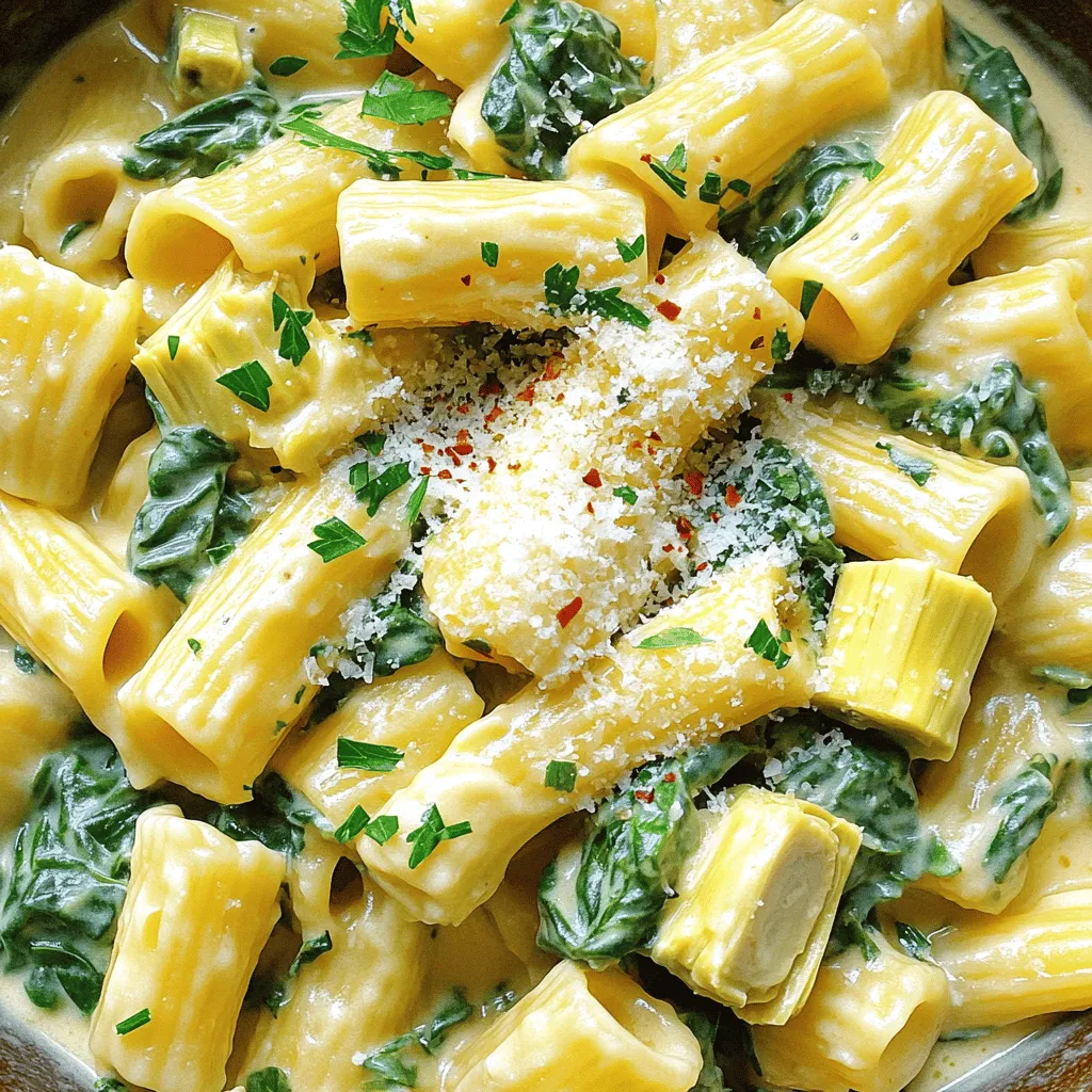 - 225g Pasta (Penne oder Rotini) - 1 Tasse tiefgekühlter Spinat - 1 Tasse Artischockenherzen - 120g Frischkäse - 1 Tasse geriebener Mozzarella-Käse - 1/2 Tasse geriebener Parmesan-Käse - 1 Knoblauchzehe - 1 Esslöffel Olivenöl - Salz, Pfeffer und rote Pfefferflocken Die Auswahl der Zutaten ist wichtig für den Geschmack. Ich empfehle, frischen Käse zu wählen. Der Frischkäse macht die Soße besonders cremig. Geriebener Mozzarella und Parmesan sorgen für den perfekten Käsegeschmack. Für das Gemüse benutze ich tiefgekühlten Spinat. Er ist einfach zu verwenden und hat viel Geschmack. Artischockenherzen aus der Dose sind ebenfalls praktisch. Sie bringen eine feine Note in das Gericht. Die Gewürze sind einfach. Knoblauch gibt Aroma. Ein bisschen Salz und Pfeffer machen das Gericht rund. Rote Pfefferflocken fügen einen leichten Kick hinzu. Du kannst sie weglassen, wenn du es milder magst. Wenn du mehr über die Zubereitung wissen möchtest, schau dir das [Full Recipe] an. Um die Pasta perfekt zu kochen, bringe einen großen Topf mit gesalzenem Wasser zum Kochen. Verwende am besten Penne oder Rotini, da sie die Soße gut halten. Gib die Pasta ins Wasser und koche sie gemäß der Anleitung auf der Verpackung, bis sie al dente ist. Dieses Timing ist wichtig, damit die Pasta nicht zu weich wird. Nach dem Kochen gieße die Pasta ab, aber behalte etwa 120ml Nudelwasser. Dieses Wasser ist wichtig, um die Soße später zu verfeinern. Beginne, indem du eine große Pfanne auf mittlerer Hitze erhitzt und 1 Esslöffel Olivenöl hinzufügst. Füge eine fein gehackte Knoblauchzehe hinzu. Brate den Knoblauch für etwa 1 Minute an, bis er duftet. Achte darauf, dass er nicht verbrennt. Reduziere nun die Hitze und gib 120g weichen Frischkäse in die Pfanne. Rühre gut um, bis der Käse geschmolzen ist. Jetzt kannst du langsam das reservierte Nudelwasser hinzufügen. Rühre weiter, bis die Mischung schön cremig ist. Füge 1 Tasse gehackte Artischockenherzen und 1 Tasse aufgetauten Spinat in die Soße. Mische alles gut und schmecke mit Salz und Pfeffer ab. Falls du etwas Schärfe magst, füge zerstoßene rote Pfefferflocken hinzu. Jetzt ist es Zeit, die gekochte Pasta in die Pfanne zu geben. Vermenge die Pasta gründlich mit der Soße, sodass sie gleichmäßig bedeckt ist. Lass das Gericht einige Minuten ruhen, damit die Soße etwas eindickt. Serviere die Pasta in einer Schüssel, garniert mit frisch gehackter Petersilie und einem Schuss Parmesan für den perfekten Genuss. Für das vollständige Rezept schau nach dem Full Recipe. Um die perfekte Soße zu erreichen, ist Nudelwasser euer bester Freund. Wenn die Soße zu dick ist, fügt einfach etwas Nudelwasser hinzu. Das macht die Soße cremiger und hilft, alles gut zu verbinden. Ich empfehle, etwas von dem Wasser aufzuheben, bevor ihr die Pasta abgießt. So bleibt die Soße schön geschmeidig. Für eine besonders cremige Soße solltet ihr den Frischkäse gut vermischen. Lasst ihn etwas bei Raumtemperatur stehen, bevor ihr ihn in die Pfanne gebt. Dadurch schmilzt er schneller und einfacher. Die Garzeit ist wichtig. Ihr wollt die Pasta al dente kochen, damit sie nicht zu weich wird. Al dente bedeutet, dass die Pasta in der Mitte noch leicht fest ist. Das sorgt für einen besseren Biss. Wenn ihr die Garzeit verkürzen wollt, könnt ihr die Pasta in heißem Wasser einweichen, bevor ihr sie kocht. Dies spart Zeit und sorgt dafür, dass sie gleichmäßig gart. Achtet darauf, die Pasta nicht zu lange im Wasser zu lassen. Für die Garnierung empfehle ich frische Petersilie. Sie bringt Farbe und Frische ins Gericht. Ihr könnt auch etwas geriebenen Parmesan darüber streuen. Das sieht toll aus und schmeckt super. Wenn ihr das Gericht für besondere Anlässe anrichtet, verwendet eine große Schüssel. Das macht einen guten Eindruck. Ihr könnt die Pasta auch in kleinen Portionen auf Tellern anrichten und mit einer Basilikumblätter garnieren. Das sorgt für einen schönen Touch. Für das vollständige Rezept schaut euch [Full Recipe] an. {{image_4}} Für eine vegetarische Note kannst du Hülsenfrüchte wie Kichererbsen oder schwarze Bohnen hinzufügen. Diese bringen nicht nur Protein, sondern auch eine tolle Textur. Du kannst auch andere Gemüsesorten wie Zucchini oder Paprika verwenden. Diese Alternativen machen das Gericht bunter und gesünder. Wenn du vegan kochen möchtest, ersetze den Frischkäse durch eine vegane Creme. Auch eine Mischung aus Cashewkernen und Nüssen kann eine gute Basis für die Soße sein. Nutze veganen Käse, um den cremigen Geschmack zu erhalten. So bleibt das Gericht lecker und pflanzenbasiert. Um das Gericht aufregender zu machen, füge weitere Gewürze oder Kräuter hinzu. Basilikum, Oregano oder Thymian passen perfekt. Diese Kräuter bringen frische Aromen und machen den Geschmack lebendiger. Du kannst auch verschiedene Käsesorten ausprobieren. Feta oder Gouda geben eine neue Dimension. Kombiniere sie mit Mozzarella für einen reichhaltigen Käsegeschmack. Experimentiere mit dem Käse, um deine perfekte Mischung zu finden. Für glutenfreie Optionen wähle glutenfreie Pasta. Es gibt viele Sorten aus Reis, Mais oder Quinoa. Diese Pasta bietet eine ähnliche Konsistenz und Geschmack wie normale Pasta. Wenn du milcheiweißfrei kochen musst, verwende pflanzliche Käsesorten. Achte darauf, dass sie ohne Milchprodukte sind. Viele Marken bieten schmackhafte Alternativen. So kannst du das Gericht genießen, ohne auf den Geschmack zu verzichten. Lager deine übrig gebliebene Käse-Spinat-Artischocken-Pasta in einem luftdichten Behälter. So bleibt sie frisch und lecker. Stelle sicher, dass die Pasta auf Raumtemperatur abgekühlt ist, bevor du sie in den Kühlschrank stellst. Sie hält sich dort etwa drei bis vier Tage. Achte darauf, die Reste gut zu beschriften, damit du weißt, wann du sie zubereitet hast. Um die Pasta einzufrieren, teile sie in Portionen auf. Lege die Portionen in gefriergeeignete Behälter oder Tüten. Entferne so viel Luft wie möglich, bevor du sie verschließt. So vermeidest du Gefrierbrand. Die gefrorene Pasta hält sich bis zu drei Monate. Wenn du bereit bist, sie wieder aufzuwärmen, lasse sie über Nacht im Kühlschrank auftauen. Heiz sie dann in einer Pfanne bei mittlerer Hitze oder in der Mikrowelle auf. Du kannst die übrig gebliebene Pasta in verschiedenen Gerichten verwenden. Mische sie mit Rührei für ein schnelles Frühstück. Oder mache daraus einen Auflauf, indem du die Pasta mit etwas Gemüse und Käse in einer Auflaufform backst. Du kannst die Reste auch in eine Suppe geben. Diese Ideen helfen dir, Lebensmittelverschwendung zu vermeiden und neue Geschmackserlebnisse zu schaffen. Die Käse-Spinat-Artischocken-Pasta kann im Kühlschrank bis zu drei Tage aufbewahrt werden. Stelle sicher, dass du sie in einem luftdichten Behälter lagerst. Du kannst auch die Pasta einfrieren. Im Gefrierfach hält sie bis zu drei Monate. Achte darauf, die Pasta in Portionen zu verpacken. So kannst du sie einfach auftauen und genießen. Ja, frische Spinatblätter sind eine tolle Wahl! Sie haben einen milden Geschmack und eine schöne Farbe. Verwende etwa 300g frischen Spinat. Wasche ihn gut und schneide ihn in Stücke. Gib den frischen Spinat in die Pfanne, wenn du den Knoblauch anbrätst. Lass ihn bei mittlerer Hitze zusammenfallen, bevor du die anderen Zutaten hinzufügst. So bleibt er knackig und frisch. Zu Käse-Spinat-Artischocken-Pasta passen viele Beilagen gut. Hier sind einige Ideen: - Grüner Salat: Ein einfacher gemischter Salat mit einem leichten Dressing. - Knoblauchbrot: Knuspriges Brot, das perfekt zum Eintunken ist. - Röstgemüse: Bunte Gemüsemischung, die im Ofen geröstet wird. - Tomatensalat: Frische Tomaten mit Basilikum und Olivenöl. Diese Beilagen ergänzen das Gericht und machen es noch leckerer. Die Käse-Spinat-Artischocken-Pasta ist einfach und lecker. Wir haben die Hauptzutaten wie Pasta, Spinat und Käse besprochen. Du hast gelernt, wie man die perfekten Soßen und die ideale Konsistenz erreicht. Variationen ermöglichen dir Anpassungen nach deinen Vorlieben. Reste lassen sich gut lagern und wiederverwenden. Leckeres Essen muss nicht kompliziert sein. Probiere es aus und genieße dein selbstgemachtes Gericht!