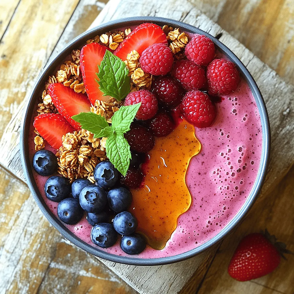 - Gemischte Beeren: Ich verwende eine Mischung aus Erdbeeren, Blaubeeren und Himbeeren. Diese Beeren sind voll von Vitaminen und Antioxidantien. Sie bringen nicht nur Farbe, sondern auch einen frischen Geschmack. - Banane: Die Banane macht die Smoothie Bowl cremig. Sie fügt auch natürliche Süße hinzu, was die Bowl noch leckerer macht. Banane ist reich an Kalium und gibt dir Energie. - Geschmacksgeber: Honig oder Ahornsirup sind die besten Wahl für die Süße. Ich benutze einen Esslöffel, um den Geschmack zu verbessern. Vanilleextrakt fügt ein warmes Aroma hinzu, das wirklich gut passt. - Verschiedene Arten von Granola: Es gibt viele Granola-Sorten. Du kannst eine Mischung mit Nüssen, Samen und Trockenfrüchten wählen. Diese geben dir tollen Crunch und zusätzliche Nährstoffe. - Gesundheitliche Vorteile von Granola: Granola ist eine gute Quelle für Ballaststoffe. Diese helfen deiner Verdauung und halten dich satt. Es kann auch gesunde Fette enthalten, die wichtig für dein Herz sind. Für das vollständige Rezept schau dir die [Full Recipe] an. - Zutaten vorbereiten: Beginne mit dem Waschen der gemischten Beeren. Nimm Erdbeeren, Blaubeeren und Himbeeren. Schneide die Erdbeeren in kleine Stücke. Die Banane in Scheiben schneiden. So hast du alles bereit, wenn du loslegst. - Welche Küchengeräte werden benötigt? Du brauchst einen Standmixer und eine große Schüssel. Ein Löffel hilft dir beim Anrichten. Es ist einfach, alles zusammenzubringen. - Wie man die Zutaten im Mixer kombiniert: Gib die Beeren, die Banane, die Mandelmilch, die Chiasamen, den Honig oder den Ahornsirup sowie den Vanilleextrakt in den Mixer. Aktiviere den Mixer und püriere alles gut. - Wichtigkeit der Konsistenz und Anpassung: Achte darauf, dass die Mischung glatt und cremig wird. Wenn sie zu dick ist, füge etwas mehr Mandelmilch hinzu. Die perfekte Konsistenz ist dick, aber gut gießbar. - Anrichten der Bowl: Gieße den Smoothie in die große Schüssel. Verwende einen Löffel, um die Oberfläche glatt zu streichen. - Verwendung von Toppings für das perfekte Finish: Garniere deine Bowl mit Granola und frischen Beeren. Du kannst auch Minzblätter hinzufügen. Das sieht schön aus und schmeckt gut. Ein kleiner Schuss Honig oder Ahornsirup gibt das i-Tüpfelchen. Für das vollständige Rezept schau dir die Anweisungen in der Full Recipe an. Um die beste Konsistenz für deine Berry Smoothie Bowl zu erhalten, achte auf die Flüssigkeitsmenge. Beginne mit einer Tasse Mandelmilch. Falls die Mischung zu dick ist, füge mehr Milch hinzu. Du kannst auch gefrorene Beeren verwenden. Diese machen den Smoothie kühler und dicker. Sie helfen, die richtige Textur zu erreichen. Chiasamen sind ein Superfood. Sie sind reich an Ballaststoffen und Omega-3-Fettsäuren. Diese kleinen Samen fördern die Verdauung und helfen, den Blutzuckerspiegel zu regulieren. Die anderen Zutaten, wie Beeren, sind voller Vitamine. Sie versorgen deinen Körper mit Antioxidantien. So ist die Smoothie Bowl nicht nur lecker, sondern auch gesund. Um Zeit zu sparen, bereite alles im Voraus vor. Wasche und schneide die Früchte am Vorabend. So hast du alles bereit, wenn du Lust auf einen Smoothie hast. Wähle Zutaten, die schnell kombinierbar sind. Das macht die Zubereitung einfach und schnell. Für das vollständige Rezept, schau dir die Berrylicious Smoothie Bowl an. {{image_4}} Du kannst deine Berry Smoothie Bowl noch cremiger machen. Griechischer Joghurt ist eine tolle Option. Er gibt der Bowl eine reichhaltige Konsistenz und zusätzlichen Geschmack. Kokosmilch ist eine weitere wunderbare Wahl. Sie bringt einen leichten, tropischen Hauch. Wenn du eine milchfreie Variante bevorzugst, sind Pflanzenmilch oder Joghurt aus Mandeln eine gute Wahl. Sie sind leicht und gesund. So bleibt deine Smoothie Bowl frisch und lecker. Es gibt viele gesunde Optionen für Toppings. Nüsse wie Mandeln oder Walnüsse fügen Crunch hinzu. Samen wie Sonnenblumen- oder Kürbiskerne sind auch nahrhaft. Du kannst auch Kokosraspeln verwenden. Sie geben deiner Bowl einen neuen Geschmack. Saisonale Früchte sind eine weitere großartige Idee. Im Sommer frische Pfirsiche oder Melonen verwenden. Im Herbst sind Äpfel oder Birnen lecker. So bleibt deine Smoothie Bowl spannend und bunt. Um mehr Protein hinzuzufügen, kannst du Proteinpulver verwenden. Es gibt viele Geschmacksrichtungen. Achte darauf, dass es gut zu den Beeren passt. Auch Nüsse sind eine tolle Wahl. Sie sind nahrhaft und sättigend. Wenn du eine vollwertige Mahlzeit zubereiten möchtest, kombiniere verschiedene Proteinquellen. So wird deine Berry Smoothie Bowl noch nahrhafter. Sie ist nicht nur lecker, sondern auch gesund und sättigend. Um die Smoothie Bowl frisch zu halten, verwende einen luftdichten Behälter. So bleibt die Bowl länger gut. Stelle sicher, dass du die Bowl nicht länger als zwei Tage im Kühlschrank aufbewahrst. Überprüfe sie täglich auf Anzeichen von Verderb. Wenn die Beeren weich oder schleimig werden, ist es Zeit, sie wegzuwerfen. Du kannst die Smoothie-Mischung auch einfrieren. Gieße die Mischung in einen Gefrierbehälter. Achte darauf, Platz für die Ausdehnung zu lassen. Die Mischung bleibt bis zu drei Monate frisch. Wenn du ein schnelles Frühstück zubereiten möchtest, nimm die Mischung am Abend vorher heraus. Lass sie im Kühlschrank auftauen. Am Morgen kannst du sie einfach in eine Schüssel gießen und nach Belieben garnieren. So hast du immer eine gesunde Option parat. Die Berry Smoothie Bowl bleibt frisch, wenn du sie richtig lagerst. Im Kühlschrank hält sie sich etwa 1 bis 2 Tage. Anzeichen, dass die Zutaten nicht mehr gut sind, sind: - Verfärbung der Beeren - Schleimige Konsistenz - Unangenehmer Geruch Wenn du diese Dinge bemerkst, solltest du die Bowl nicht mehr essen. Ja, du kannst andere Früchte verwenden. Das macht die Bowl noch spannender. Hier sind einige tolle Optionen: - Mangos für eine tropische Note - Spinat für mehr Nährstoffe - Äpfel für einen knackigen Biss Sei kreativ und passe die Bowl an deinen Geschmack an! Ja, die Berry Smoothie Bowl ist gut für viele Diäten. Sie ist voll von Nährstoffen und Vitaminen. Die Hauptbestandteile bieten viele Vorteile: - Beeren sind reich an Antioxidantien - Chiasamen liefern Ballaststoffe und Omega-3-Fette - Die Banane bringt natürliche Süße Das macht sie zu einer gesunden Wahl für alle, die auf ihre Ernährung achten. Die besten Beeren kommen frisch vom Markt oder aus dem eigenen Garten. Frische Beeren haben mehr Geschmack und Nährstoffe. Wenn du gefrorene Beeren verwendest, achte darauf, dass sie keine Zusätze haben. Gefrorene Beeren sind eine gute Option, wenn frische nicht verfügbar sind. Sie sind oft auch reif eingefroren, was den Nährstoffgehalt bewahrt. Die Berry Smoothie Bowl vereint frische Früchte, gesunde Fette und leckere Toppings. Du hast gelernt, welche Zutaten wichtig sind, wie man sie zubereitet und die perfekte Konsistenz erzielt. Mit Tipps für Variationen kannst du deine Bowl noch abwechslungsreicher gestalten. Achte auf die Lagerung, um Reste frisch zu halten. Ob für ein schnelles Frühstück oder eine gesunde Mahlzeit, diese Smoothie Bowl ist eine tolle Wahl. Experimentiere und mache sie zu deinem eigenen!