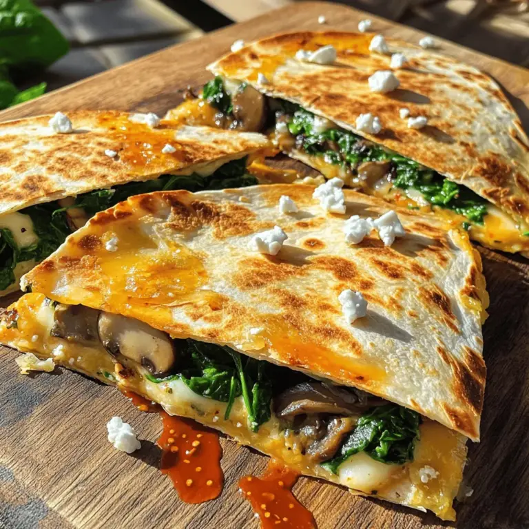 Für die Pilz- und Spinat-Quesadillas benötigst du frische und einfache Zutaten. Diese Zutaten machen das Gericht lecker und gesund. Hier sind die Hauptzutaten: - 2 Tassen frischer Spinat, gewaschen und grob gehackt - 1 Tasse Champignons, in Scheiben geschnitten (cremini oder weiße Champignons) - 1 Tasse geriebener Mozzarella-Käse - 1/2 Tasse zerbröckelter Feta-Käse - 1 kleine Zwiebel, gewürfelt - 2 Knoblauchzehen, fein gehackt - 4 große Weizentortillas - 2 Esslöffel Olivenöl - 1 Teelöffel Kreuzkümmel - Salz und Pfeffer nach Geschmack - Optional: Sriracha oder scharfe Sauce zum Servieren Die Kombination aus Spinat und Pilzen sorgt für einen tollen Geschmack. Sie bringen auch viele Nährstoffe mit. Diese Füllung macht deine Quesadillas besonders nahrhaft. Der Käse spielt eine große Rolle in Quesadillas. Mozzarella sorgt für eine schöne Schmelzbindung. Er hat einen milden Geschmack und schmilzt perfekt. Feta bringt einen salzigen, würzigen Kick. Diese Kombination macht das Gericht besonders lecker. - Mozzarella: Schmilzt gut, hat einen sanften Geschmack. Ideal für Quesadillas. - Feta: Gibt einen salzigen und pikanten Geschmack. Er ist auch gesund, da er weniger Fett hat. Durch das Mischen dieser Käsesorten schaffst du eine tolle Geschmackstiefe. So wird jede Biss zu einem Genuss. Gewürze sind der Schlüssel zu gutem Essen. In diesem Rezept verwenden wir Kreuzkümmel. Er hat einen warmen, erdigen Geschmack. Er passt super zu Pilzen und Spinat. - Kreuzkümmel: Gibt einen besonderen Geschmack. Er ist oft in mexikanischer und indischer Küche zu finden. - Salz und Pfeffer: Diese einfachen Gewürze bringen die Aromen zum Vorschein. Sie sind wichtig für den Geschmack. Die richtige Menge an Gewürzen macht den Unterschied. Sie helfen, die Aromen der Zutaten zu verstärken. So wird jede Quesadilla nicht nur sättigend, sondern auch köstlich. Wenn du mehr über die Zubereitung erfahren möchtest, schau dir das Full Recipe an. Zuerst musst du die Füllung für die Quesadillas zubereiten. Beginne mit dem Erhitzen von 1 Esslöffel Olivenöl in einer großen Pfanne bei mittlerer Hitze. Füge die gewürfelte Zwiebel hinzu. Brate sie etwa 3-4 Minuten, bis sie klar ist. Das gibt der Füllung einen tollen Geschmack. Jetzt kommt der Knoblauch. Füge 2 fein gehackte Knoblauchzehen in die Pfanne. Koche sie kurz mit der Zwiebel. Dann gib die in Scheiben geschnittenen Champignons dazu. Verwende etwa 1 Tasse Champignons. Koche diese Mischung etwa 5 Minuten. Die Champignons sollten weich werden und ihren Saft abgeben. Als Nächstes kommt der Spinat. Füge 2 Tassen frischen, grob gehackten Spinat und 1 Teelöffel Kreuzkümmel hinzu. Koche alles weiter, bis der Spinat zusammenfällt, was etwa 2 Minuten dauert. Das gibt der Füllung eine schöne grüne Farbe und viel Geschmack. Mit Salz und Pfeffer abschmecken. Nimm die Mischung dann vom Herd und lass sie etwas abkühlen. Jetzt bereitest du die Quesadillas vor. Lege zwei große Weizentortillas flach auf ein Schneidebrett. Verteile die Pilz- und Spinatmischung gleichmäßig auf jeder Tortilla. Streue die Hälfte des geriebenen Mozzarella-Käses und die Hälfte des zerbröckelten Feta-Käse darüber. Das sorgt für einen tollen Käsegeschmack. Nimm eine zweite Tortilla und lege sie auf jede gefüllte Tortilla. Drücke sie sanft an, damit die Füllung nicht herausfällt. Nun erhitze das restliche Olivenöl in der Pfanne bei mittlerer Hitze. Platziere eine Quesadilla in die Pfanne. Koche sie 3-4 Minuten, bis sie goldbraun ist. Wende die Quesadilla vorsichtig und koche sie weitere 3-4 Minuten, bis der Käse geschmolzen ist. Wiederhole diesen Vorgang mit der zweiten Quesadilla. Um die Quesadillas knusprig zu machen, achte auf die Hitze. Zu hohe Hitze kann sie verbrennen, während zu niedrige Hitze sie weich macht. Ein guter Trick ist, eine kleine Menge Käse in die Pfanne zu geben, bevor du die Quesadilla legst. Das hilft, die Quesadilla am Boden zu fixieren. Wenn du die Quesadillas herausnimmst, lasse sie kurz abkühlen. Schneide sie dann in Stücke. Das macht sie leichter zu essen. Serviere sie warm mit deiner Wahl an scharfer Sauce. Du kannst auch die [Full Recipe] für weitere Hinweise und Variationen nutzen. Der Käse ist der Star der Quesadilla. Ich empfehle Mozzarella und Feta. Mozzarella schmilzt gut und macht die Quesadilla weich. Feta gibt einen salzigen Kick. Du kannst auch Cheddar oder Gouda ausprobieren. Diese Käsesorten bringen einen anderen Geschmack und eine tolle Textur. Das Anbraten ist der Schlüssel zur perfekten Quesadilla. Verwende mittlere Hitze, um eine gleichmäßige Bräunung zu erreichen. Das Olivenöl hilft, die Quesadilla knusprig zu machen. Du kannst die Quesadilla auch unter einem Deckel braten. So schmilzt der Käse besser. Achte darauf, sie nicht zu lange zu braten. Eine goldbraune Farbe ist ideal. Ein häufiger Fehler ist, zu viel Füllung zu verwenden. Das macht die Quesadilla schwer zu schließen. Achte darauf, die Füllung gleichmäßig zu verteilen. Ein weiterer Fehler ist, die Quesadilla nicht genug zu braten. Eine unzureichende Bräunung macht sie matschig. Du kannst die Quesadillas auch in Stücke schneiden, wenn sie noch warm sind. So bleibt die Füllung besser drin. Für das gesamte Rezept, sieh dir die [Full Recipe] an. {{image_4}} Wenn du eine vegane Variante der Pilz- und Spinat-Quesadillas möchtest, gibt es viele einfache Änderungen. Du kannst den Käse durch vegane Alternativen ersetzen. Suche nach pflanzlichem Käse, der gut schmilzt. Eine gute Wahl ist Cashew-Käse. Er hat einen cremigen Geschmack und passt gut zu den anderen Zutaten. Ersetze den Feta-Käse durch zerdrückte Avocado oder einen veganen Feta. Das gibt den Quesadillas eine tolle Textur. Die Zubereitung bleibt gleich. Du musst nur die Käsealternativen verwenden. Dies macht das Gericht für alle zugänglich. Du kannst auch andere Gemüse in die Quesadillas geben. Zucchini, Paprika oder geraspelte Karotten sind leckere Optionen. Diese Gemüsesorten bringen Farbe und zusätzlichen Geschmack. Achte darauf, sie klein zu schneiden, damit sie gut garen. Ein weiteres tolles Gemüse ist Brokkoli. Er passt gut zu den Pilzen und dem Spinat. Koche die Gemüse kurz vor, damit sie weich sind. Das gibt dir eine reichhaltige Füllung und macht die Quesadillas noch gesünder. Die richtigen Dips machen die Quesadillas noch besser. Traditionell passen Salsa und Guacamole gut dazu. Sie bieten einen frischen Geschmack und eine tolle Textur. Du kannst auch eine scharfe Sauce wie Sriracha wählen, wenn du es würziger magst. Für etwas anderes probiere einen Joghurt-Dip. Mische pflanzlichen Joghurt mit Limettensaft und frischem Koriander. Das gibt einen cremigen, erfrischenden Kontrast. Für das vollständige Rezept schau dir den Full Recipe Abschnitt an. So bekommst du die perfekten Quesadillas. Wenn du Quesadillas übrig hast, lagere sie richtig. Lass sie zuerst auf Raumtemperatur abkühlen. Wickel jede Quesadilla in Frischhaltefolie oder lege sie in einen luftdichten Behälter. So bleibt der Geschmack frisch. Bei richtiger Lagerung halten sie bis zu drei Tage im Kühlschrank. Quesadillas lassen sich gut einfrieren. Wickel sie fest in Frischhaltefolie. Danach lege sie in einen Gefrierbeutel. Diese Methode schützt vor Frostschäden. Du kannst sie bis zu drei Monate einfrieren, ohne dass der Geschmack leidet. Wenn du bereit bist, sie zu genießen, tau sie einfach über Nacht im Kühlschrank auf. Um die Quesadillas wieder aufzuwärmen, benutze eine Pfanne. Erhitze sie bei mittlerer Temperatur. So werden sie schön knusprig. Du kannst auch den Ofen nutzen. Heize ihn auf 180 Grad vor und lege die Quesadillas auf ein Blech. Backe sie etwa 10 Minuten lang. So bleiben sie lecker und frisch. Du kannst die Quesadillas bis zu drei Tage im Kühlschrank aufbewahren. Lege sie in einen luftdichten Behälter, um sie frisch zu halten. Vor dem Servieren kannst du sie einfach in der Pfanne oder Mikrowelle erwärmen. So bleiben sie knusprig und lecker. Ja, die Füllung ist sehr anpassbar. Du kannst auch Paprika, Zucchini oder sogar schwarze Bohnen hinzufügen. Wenn du es schärfer magst, sind Jalapeños eine tolle Wahl. So kannst du deinen eigenen Geschmack einbringen und neue Kombinationen ausprobieren. Ja, diese Quesadillas sind eine gute Wahl. Spinat ist reich an Vitaminen und Mineralien. Pilze bieten Ballaststoffe und Antioxidantien. Der Käse sorgt für Protein, aber du kannst ihn auch reduzieren oder ganz weglassen, um die Quesadillas leichter zu machen. Pilz- und Spinat-Quesadillas sind einfach lecker und vielseitig. Ich habe die Hauptzutaten besprochen und wie man sie am besten zubereitet. Die richtigen Gewürze und Käsesorten verbessern den Geschmack. Ich teile Tipps, um knusprige Quesadillas zu machen und häufige Fehler zu vermeiden. Auch vegane Optionen und kreative Dips wurden vorgestellt. Mit diesen Anleitungen und Tricks wirst du großartige Quesadillas zaubern. Mach dir keine Sorgen, wenn es nicht perfekt wird. Übung macht den Meister!