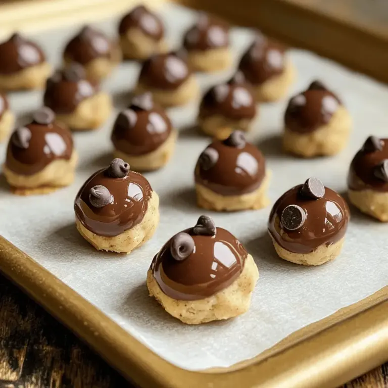 Um perfekte Schokoladenkeksteig Bällchen zu machen, braucht man folgende Zutaten: - 1 Tasse Weizenmehl - ½ Teelöffel Backnatron - ¼ Teelöffel Salz - ½ Tasse ungesalzene Butter, weich - ½ Tasse brauner Zucker, gepresst - ¼ Tasse weißer Zucker - 1 Teelöffel Vanilleextrakt - 1 Tasse halbsüße Schokoladenstücke - ¼ Tasse Mini-Schokoladenstückchen (zum Wälzen) - 2 Esslöffel Milch (nach Bedarf) Diese Zutaten sind einfach zu finden und machen den Teig lecker. Weizenmehl gibt Struktur. Backnatron hilft beim Aufgehen. Salz verstärkt die Süße. Weiche Butter macht den Teig cremig. Brauner Zucker sorgt für einen tiefen Geschmack. Weißer Zucker bringt Süße. Vanilleextrakt fügt ein tolles Aroma hinzu. Halbsüße Schokoladenstücke sind der Hauptstar. Die Mini-Schokoladenstückchen machen die Bällchen noch besser. Ich empfehle, alle Zutaten vorher abzuwiegen. So geht das Mischen schneller und einfacher. Wenn du magst, kannst du auch andere Schokoladenstücke verwenden. Dunkle Schokolade oder weiße Schokolade sind auch lecker. Für die beste Erfahrung schau dir das [Full Recipe] an. Zuerst heizen Sie Ihren Ofen auf 175°C vor. Das ist wichtig, um das Weizenmehl richtig zu toasten. Verbreiten Sie das Weizenmehl gleichmäßig auf einem Backblech. Toasten Sie es für etwa 5-7 Minuten im Ofen. So töten Sie eventuell vorhandene Bakterien ab. Lassen Sie das Mehl danach vollständig abkühlen. In einer mittleren Schüssel nehmen Sie das abgekühlte Mehl. Fügen Sie ½ Teelöffel Backnatron und ¼ Teelöffel Salz hinzu. Mischen Sie alles gut. Diese Mischung ist die Basis für den Teig. Stellen Sie die Mischung beiseite, während Sie den nächsten Schritt vorbereiten. In einer großen Rührschüssel schlagen Sie ½ Tasse weiche Butter, ½ Tasse braunen Zucker und ¼ Tasse weißen Zucker zusammen. Verwenden Sie einen Handmixer oder eine Küchenmaschine. Mischen Sie alles für etwa 2-3 Minuten, bis es glatt ist. Jetzt fügen Sie 1 Teelöffel Vanilleextrakt hinzu und rühren weiter. Danach geben Sie die trockenen Zutaten nach und nach in die Butter-Zucker-Mischung. Mischen Sie vorsichtig, bis alles gut kombiniert ist. Jetzt kommen die 1 Tasse halbsüße Schokoladenstückchen dazu. Rühren Sie um, bis die Stückchen gleichmäßig verteilt sind. Falls der Teig zu krümelig ist, fügen Sie nach Bedarf 2 Esslöffel Milch hinzu. Formen Sie kleine Kugeln mit dem Teig, etwa 2,5 cm groß. Wälzen Sie jede Kugel in ¼ Tasse Mini-Schokoladenstückchen. So bekommen die Bällchen eine leckere Schokoladenkruste. Legen Sie die Keksteigbällchen auf ein Backblech mit Backpapier. Stellen Sie sie für mindestens 30 Minuten in den Kühlschrank, damit sie fest werden. Genießen Sie die Bällchen kalt oder lassen Sie sie kurz bei Raumtemperatur stehen. Für das komplette Rezept schauen Sie sich das [Full Recipe] an. Um den perfekten Keksteig zu bekommen, achte auf die Menge der Zutaten. Der Teig sollte weich, aber nicht zu klebrig sein. Wenn der Teig zu bröckelig wirkt, füge nach Bedarf einen Esslöffel Milch hinzu. Dies hilft, die Zutaten besser zu verbinden und sorgt für eine schöne Textur. Du kannst die Milch schrittweise hinzufügen, bis du die gewünschte Konsistenz erreichst. Die Kühlzeit ist wichtig für die Textur deiner Bällchen. Wenn du die Teigkugeln in den Kühlschrank legst, wird der Teig fester. Dadurch behalten die Bällchen ihre Form und werden beim Essen nicht zu weich. Lass die Bällchen mindestens 30 Minuten kühlen, um das beste Ergebnis zu erzielen. Die Präsentation macht viel aus. Du kannst die Bällchen mit einer Prise Meersalz garnieren. Das gibt einen schönen Kontrast zu der Süße. Serviere sie in einer hübschen Schüssel oder auf einem schönen Teller. So kommen sie besonders gut zur Geltung. Eine schöne Präsentation macht das Dessert noch verlockender. {{image_4}} Für eine glutenfreie Version dieser Schokoladenkeksteig Bällchen kann man Weizenmehl durch Mandelmehl oder Hafermehl ersetzen. Diese Mehle sind leicht zu finden. Achte darauf, dass das Hafermehl glutenfrei ist. Mandelmehl macht die Bällchen nussig und saftig. Hafermehl gibt eine tolle Textur. Beide Optionen funktionieren gut. Möchtest du eine vegane Version? Verwende vegane Butter anstelle von normaler Butter. Du kannst auch Apfelmus oder Banane als Ersatz verwenden. Für den Zucker kannst du Kokosblütenzucker oder Agavendicksaft nehmen. Diese Alternativen machen die Bällchen auch süß und lecker. Du kannst die Schokoladenstückchen variieren. Zartbitter- oder weiße Schokoladenstückchen geben einen anderen Geschmack. Zartbitter bringt eine schöne Tiefe, während weiße Schokolade süß und cremig ist. Du kannst auch eine Mischung aus verschiedenen Sorten verwenden, um mehr interessante Aromen zu schaffen. Experimentiere mit deinen Lieblingsschokoladen, um neue Geschmäcker zu entdecken. Um deine Schokoladenkeksteig Bällchen frisch zu halten, lege sie in einen luftdichten Behälter. Stelle den Behälter in den Kühlschrank. So bleiben die Bällchen kühl und lecker. Achte darauf, dass die Bällchen nicht direkt mit anderen Lebensmitteln in Kontakt kommen. Das kann den Geschmack beeinflussen. Du kannst auch etwas Backpapier zwischen die Bällchen legen, wenn sie übereinander liegen. Die Keksteigbällchen bleiben im Kühlschrank etwa eine Woche frisch. Wenn du sie länger aufbewahren willst, friere sie ein. So bleiben sie bis zu drei Monate gut. Achte darauf, sie in einem luftdichten Behälter zu lagern, um Gefrierbrand zu vermeiden. Wenn du die Bällchen nach einer Weile isst, schmecken sie immer noch köstlich. Um die Bällchen einzufrieren, forme sie zuerst wie gewohnt. Lege sie dann auf ein Backblech und friere sie für etwa 1-2 Stunden ein. So werden sie fest. Danach kannst du die Bällchen in einen luftdichten Behälter oder einen Gefrierbeutel geben. Wenn du sie essen willst, lasse sie einfach im Kühlschrank auftauen. Alternativ kannst du sie auch kurz bei Raumtemperatur stehen lassen. So sind sie schnell wieder bereit für den Genuss. Schokoladenkeksteig Bällchen halten sich gut im Kühlschrank. Sie bleiben etwa 5 bis 7 Tage frisch. Lagern Sie sie in einem luftdichten Behälter. Das schützt sie vor Feuchtigkeit und Gerüchen. Wenn Sie die Bällchen länger aufbewahren möchten, können Sie sie auch einfrieren. Ja, Sie können kreativ sein! Hier sind einige Vorschläge: - Nüsse wie Walnüsse oder Mandeln für Crunch. - Kokosraspel für einen tropischen Touch. - Erdnussbutterstückchen für ein reichhaltiges Aroma. - Trockenfrüchte wie Cranberries oder Rosinen für Süße. Diese Zutaten machen die Bällchen noch interessanter und leckerer. Die Bällchen sind ein süßes Vergnügen, aber sie sind nicht die gesündeste Wahl. Sie enthalten Zucker und Butter, was den Kaloriengehalt erhöht. Wenn Sie gesunde Alternativen suchen, probieren Sie: - Vollkornmehl anstelle von Weizenmehl. - Honig oder Ahornsirup anstelle von Zucker. - Ungesüßte Apfelmus als Butterersatz. Diese Optionen können die Nährwerte verbessern, ohne den Geschmack zu beeinträchtigen. Die Zubereitung von Schokoladenkeksteig-Bällchen ist einfach und macht Spaß. Wir haben die wichtigsten Zutaten, Schritte und viele nützliche Tipps besprochen. Ob glutenfrei oder vegan, jeder kann seine perfekte Variante finden. Denke auch daran, wie du die Bällchen lagerst, um ihre Frische zu sichern. Mit diesen Informationen bist du bereit, deine eigenen leckeren Bällchen zu kreieren. Hol dir die Zutaten und fang an zu backen!