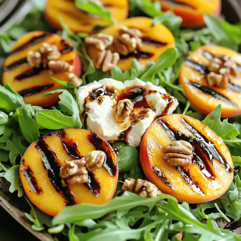 Für diesen leckeren Salat brauchst du einige frische Zutaten. Hier sind die Hauptzutaten: - 4 reife Pfirsiche, halbiert und entsteint - 200g Burrata-Käse - 4 Tassen Rucola - 1/4 Tasse Walnüsse, geröstet - 1/4 Tasse Balsamico-Glasur - 2 Esslöffel Olivenöl - Salz und Pfeffer nach Geschmack - Frische Basilikumblätter zur Garnitur Diese Kombination bringt frische und Geschmack auf deinen Teller. Die cremige Burrata passt perfekt zu den süßen Pfirsichen. Du kannst weitere Zutaten wählen, um den Geschmack zu verbessern. Probiere, einige dieser Vorschläge hinzuzufügen: - Honig für zusätzliche Süße - Zitronensaft für einen frischen Kick - Feta-Käse für eine salzige Note Diese variablen Zutaten können deinen Salat noch interessanter machen. Sie bieten neue Geschmackskombinationen und Texturen. Die Wahl der richtigen Pfirsiche ist entscheidend. Hier sind einige Tipps, um reife Pfirsiche zu finden: - Achte auf eine weiche Schale, wenn du sie drückst. - Suche nach einer tiefen, goldenen Farbe. - Vermeide grüne oder zu harte Pfirsiche. Reife Pfirsiche haben den besten Geschmack. Sie geben dem Salat die perfekte Süße, die du brauchst. Wenn du die Pfirsiche gut auswählst, wird dein Salat ein Hit! Zuerst müssen wir die Zutaten vorbereiten. Du brauchst: - 4 reife Pfirsiche, halbiert und entsteint - 200g Burrata-Käse - 4 Tassen Rucola - 1/4 Tasse Walnüsse, geröstet - 1/4 Tasse Balsamico-Glasur - 2 Esslöffel Olivenöl - Salz und Pfeffer nach Geschmack - Frische Basilikumblätter zur Garnitur Wasche die Pfirsiche gründlich. Sie sollten reif, aber fest sein. Das gibt dir den perfekten Grillgeschmack. Bereite den Rucola vor und wasche ihn gut. Lassen ihn abtropfen, damit er frisch bleibt. Heize deinen Grill oder die Grillpfanne auf mittelhoher Hitze vor. Bestreiche die Schnittflächen der Pfirsiche leicht mit Olivenöl. Das verhindert, dass sie ankleben. Lege die Pfirsiche mit der Schnittfläche nach unten auf den Grill. Grill sie für 4 bis 5 Minuten. Du willst schöne Grillstreifen sehen und sie leicht weich machen. Nimm sie dann vom Grill und lass sie abkühlen. Jetzt geht es ans Zusammenstellen des Salats. Verteile den frischen Rucola gleichmäßig auf einer großen Servierplatte. Zupfe die Burrata in Stücke und lege sie über den Rucola. Schneide die gegrillten Pfirsiche in Spalten und platziere sie auf den Käse und dem Rucola. Streue die gerösteten Walnüsse darüber. Träufle die Balsamico-Glasur über den Salat und würze mit Salz und Pfeffer nach Geschmack. Garnier mit frischen Basilikumblättern. Die Zubereitungszeit beträgt etwa 10 Minuten, und die Gesamtzeit ist 20 Minuten. Der Salat reicht für 4 Portionen. Um Pfirsiche perfekt zu grillen, wählen Sie reife, aber feste Früchte. Ein leichter Druck sollte zeigen, dass sie bereit sind. Schneiden Sie die Pfirsiche in zwei Hälften und entfernen Sie den Kern. Bestreichen Sie die Schnittflächen mit Olivenöl. So verhindern Sie, dass sie am Grill haften bleiben. Grillen Sie sie bei mittlerer Hitze für 4-5 Minuten. Warten Sie, bis sich schöne Grillstreifen bilden. Achten Sie darauf, sie nicht zu lange zu grillen, damit sie nicht zerfallen. Sie können den Salat nach Belieben anpassen. Fügen Sie zum Beispiel Feta oder Ziegenkäse für einen anderen Geschmack hinzu. Anstelle von Walnüssen können Sie auch Mandeln oder Pinienkerne nutzen. Für einen zusätzlichen Kick können Sie frische Minze oder Thymian verwenden. Experimentieren Sie mit verschiedenen Blattsalaten, wie Spinat oder gemischtem Grün, um neue Geschmäcker zu entdecken. Wenn Sie Allergien haben, achten Sie auf die Zutaten. Burrata enthält Milch, also vermeiden Sie diesen Käse, wenn Sie laktoseintolerant sind. Stattdessen können Sie einen veganen Käse verwenden. Bei Nussallergien sollten Sie die Walnüsse durch Sonnenblumenkerne ersetzen. Diese bieten einen ähnlichen Crunch ohne Allergene. Denken Sie daran, die Balsamico-Glasur zu überprüfen, da einige Sorten Zusatzstoffe enthalten können. {{image_4}} Eine leckere Variante dieses Salats ist die Hinzufügung von Schinken. Wählen Sie luftgetrockneten Schinken, um den Geschmack zu intensivieren. Der salzige Schinken passt gut zu den süßen Pfirsichen und der cremigen Burrata. Schneiden Sie den Schinken in dünne Scheiben. Legen Sie ihn einfach auf die Burrata und die Pfirsiche. So entsteht ein wunderbarer Kontrast von Aromen. Diese Kombination macht den Salat besonders herzhaft und sättigend. Für eine vegetarische Option können Sie die Burrata durch einen cremigen Ziegenkäse ersetzen. Ziegenkäse hat einen ähnlichen Geschmack und eine ähnliche Textur. So bleibt das Gericht leicht und frisch. Sie können auch mehr Gemüse hinzufügen. Probieren Sie geröstete Paprika oder Zucchini. Diese Zutaten geben dem Salat mehr Farbe und einen anderen Geschmack. Auch Avocado passt gut dazu. Es macht den Salat noch cremiger. Saisonale Zutaten machen diesen Salat besonders. Im Sommer können Sie frische Beeren wie Himbeeren oder Erdbeeren hinzufügen. Diese Früchte bringen eine süße Note. Im Herbst passen geröstete Kürbiswürfel gut. Sie geben dem Salat eine herzhafte Tiefe. Auch Nüsse wie Pekannüsse oder Mandeln sind eine tolle Ergänzung. Sie bringen einen schönen Crunch in den Salat. Experimentieren Sie mit verschiedenen Zutaten, um neue Geschmackskombinationen zu finden. Um den Gegrillten Pfirsich und Burrata-Salat frisch zu halten, lege ihn in einen luftdichten Behälter. Das schützt vor Luft und Feuchtigkeit. Bewahre den Salat im Kühlschrank auf. Er bleibt so bis zu zwei Tage frisch. Achte darauf, die Balsamico-Glasur getrennt zu lagern. So wird der Salat nicht matschig. Wenn du Reste hast, trenne die Zutaten. Die Pfirsiche und die Burrata können weich werden. Lagere den Rucola und die Walnüsse separat. So bleibt alles knusprig und frisch. Du kannst die Reste auch in einer Schüssel zusammenbringen. Füge dann die Balsamico-Glasur hinzu, kurz bevor du es isst. Hast du übrig gebliebene Pfirsiche? Sie sind perfekt für Smoothies oder Desserts. Du kannst die Burrata auch in Pasta-Gerichten verwenden. Walnüsse sind lecker in Müslis oder über Joghurt. Wenn du Rucola hast, mische ihn in Sandwiches oder Wraps. Diese Tipps helfen dir, Lebensmittelverschwendung zu vermeiden und neue Gerichte zu kreieren. Um den Salat vegan zu machen, ersetzen Sie den Burrata-Käse. Cashew-Käse oder Tofu sind gute Alternativen. Diese Optionen bieten einen ähnlichen cremigen Geschmack. Verwenden Sie auch vegane Balsamico-Glasur. So bleibt der Salat lecker und pflanzlich. Ja, Sie können andere Käsesorten verwenden. Feta oder Ziegenkäse sind tolle Alternativen. Beide Käsesorten bringen einen anderen, aber köstlichen Geschmack. Achten Sie darauf, dass der Käse gut mit den gegrillten Pfirsichen harmoniert. So bleibt das Gericht ausgewogen und schmackhaft. Zu diesem Salat passen viele Dinge gut. Gegrillte Hähnchenbrust oder gebratene Garnelen ergänzen den Salat perfekt. Auch frische Kräuter wie Minze oder Petersilie können den Geschmack heben. Servieren Sie dazu ein leichtes Brot oder Cracker. Diese Beilagen sorgen für eine vollere Mahlzeit. Dieser Blogpost gab dir wichtige Infos über einen leckeren gegrillten Pfirsichsalat. Wir sprachen über die Haupt- und zusätzlichen Zutaten, die Vorbereitung der Zutaten sowie das Grillen der Pfirsiche. Ich teilte Tipps für optimale Grillergebnisse und Lagerung. Du kannst den Salat variieren und anpassen, um neue Geschmäcker zu entdecken. Denke daran, mit frischen Zutaten und kreativen Ideen zu arbeiten. So schmeckt der Salat einfach besser! Probier ihn aus und teile deine Erfahrungen.