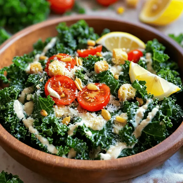 Für einen leckeren Grünkohl-Caesar-Salat brauchst du: - 6 Tassen Grünkohl, Stiele entfernt und Blätter zerrissen - 1 Tasse Croutons (entweder gekauft oder selbstgemacht) - ¼ Tasse geriebener Parmesan - 1 Zehe Knoblauch, fein gehackt - 2 Esslöffel Tahini - 2 Esslöffel Zitronensaft - 2 Esslöffel Olivenöl - 1 Teelöffel Dijon-Senf - Salz und Pfeffer nach Geschmack - Optional: In Scheiben geschnittene Kirschtomaten und eine Prise Sonnenblumenkerne zum Garnieren Diese Zutaten bringen frischen Geschmack und viel Textur in deinen Salat. Der Grünkohl ist die Hauptzutat. Er gibt dem Gericht einen tollen Biss. Die Croutons sorgen für einen schönen Crunch. Parmesan fügt einen herzhaften Geschmack hinzu. Achte beim Kauf auf frischen Grünkohl. Die Blätter sollten knackig und grün sein. Vermeide gelbe oder braune Blätter. Frische Croutons sind am besten. Wenn du sie selbst machst, kannst du sie mit Kräutern würzen. Nutze hochwertigen Parmesan für den besten Geschmack. Bei Zitronen, wähle saftige. Grünkohl ist sehr nahrhaft. Er enthält viele Vitamine und Mineralstoffe. Es ist reich an Vitamin K, das gut für die Knochen ist. Auch Vitamin C ist hoch, was das Immunsystem stärkt. Grünkohl enthält auch Antioxidantien, die gut für die Gesundheit sind. Durch die Kombination mit Tahini und Olivenöl erhältst du gesunde Fette. Diese machen das Gericht sättigend und nahrhaft. Du kannst mehr über die Nährstoffe in meinem Full Recipe erfahren. Um den Grünkohl vorzubereiten, nehmen Sie eine große Schüssel. Geben Sie die zerrissenen Blätter hinein. Fügen Sie eine Prise Salz hinzu. Massieren Sie die Blätter für etwa 2-3 Minuten. Dies macht den Grünkohl zart und lecker. Sie können den Grünkohl auch mit Ihren Händen kneten. So wird er weicher und geschmackvoller. Für das Dressing nutzen Sie eine kleine Schüssel. Geben Sie den fein gehackten Knoblauch hinein. Fügen Sie zwei Esslöffel Tahini und Zitronensaft hinzu. Geben Sie auch das Olivenöl und den Dijon-Senf dazu. Rühren Sie alles mit einem Schneebesen glatt. Schmecken Sie das Dressing mit Salz und Pfeffer ab. Es sollte cremig und aromatisch sein. Gießen Sie das Dressing über den massierten Grünkohl. Rühren Sie gut um, damit alle Blätter überzogen sind. Fügen Sie die Croutons und den geriebenen Parmesan hinzu. Heben Sie vorsichtig alles unter, ohne die Croutons zu zerbrechen. Wenn Sie möchten, können Sie Kirschtomaten und Sonnenblumenkerne hinzufügen. Diese sorgen für mehr Geschmack und Textur. Schmecken Sie den Salat ab und passen Sie die Gewürze an. Servieren Sie ihn sofort für den besten Geschmack. Oder lassen Sie ihn 10 Minuten ruhen, um die Aromen zu vereinen. Für das gesamte Rezept schauen Sie sich die Full Recipe an. Wähle frische, grüne Blätter ohne braune Flecken. Der Grünkohl sollte fest und knackig sein. Achte auf einen kräftigen Geruch, der frisch riecht. Diese Merkmale zeigen, dass der Grünkohl frisch ist. Kaufe Grünkohl am besten in der Saison. Er schmeckt dann am besten und hat mehr Nährstoffe. Bewahre den Salat in einem luftdichten Behälter auf. Füge ein Papiertuch hinzu, um Feuchtigkeit zu absorbieren. Lagere den Salat im Kühlschrank. So bleibt er frisch und knackig. Vermeide es, das Dressing vorher hinzuzufügen. Das verhindert, dass der Salat matschig wird. Eine häufige Falle ist, den Grünkohl nicht zu massieren. Das Massieren macht ihn zart und schmackhaft. Achte darauf, das Dressing gut zu vermischen. So wird jeder Bissen gleichmäßig gewürzt. Verwende zu viel Salz oder Essig kann den Geschmack ruinieren. Taste den Salat ab und passe die Gewürze an. {{image_4}} Wenn du eine vegane Version des Dressings magst, ersetze den Parmesan durch Nüsse. Cashewkerne oder Hefeflocken sind super Optionen. Sie geben einen würzigen Geschmack. Für das Dressing verwende auch vegane Mayonnaise. Mixe sie mit Knoblauch, Zitronensaft und Tahini. Das ergibt eine cremige und leckere Sauce. Möchtest du etwas Protein in deinen Salat? Füge gegrilltes Hähnchen oder Thunfisch hinzu. Beides passt gut zum Grünkohl. Du kannst das Hähnchen mit Olivenöl und Gewürzen marinieren, bevor du es grillst. Wenn du Fisch magst, probiere geräucherten Lachs. Das gibt dem Salat einen besonderen Geschmack. Für eine glutenfreie Version, ersetze die Croutons. Verwende Nüsse oder Samen als knackige Alternative. Geröstete Kichererbsen sind ebenfalls eine gute Wahl. Sie sind knusprig und gesund. Du kannst auch glutenfreies Brot verwenden, um eigene Croutons zu machen. Einfach das Brot würfeln und rösten. So bleibt der Salat glutenfrei und lecker. Um den Grünkohl-Caesar-Salat frisch zu halten, lagere ihn in einem luftdichten Behälter. Achte darauf, die Croutons separat aufzubewahren. Feuchtigkeit macht sie weich. Stelle den Behälter in den Kühlschrank. Dort bleibt der Salat frisch und knackig für bis zu zwei Tage. Die Haltbarkeit des Salats hängt von den Zutaten ab. Der Grünkohl hält sich gut. Wenn du ihn richtig lagerst, bleibt er bis zu fünf Tage frisch. Die Croutons sind jedoch nur einen Tag lang knusprig. Parmesan kann bis zu eine Woche halten, wenn er kühl bleibt. Achte darauf, die Zutaten immer gut zu überprüfen. Bereite den Grünkohl im Voraus vor, um Zeit zu sparen. Du kannst die Blätter massieren und das Dressing getrennt aufbewahren. So kannst du den Salat frisch halten, wenn du ihn servieren möchtest. Teile den Salat in Portionen auf. So hast du gesunde Snacks zur Hand. Wenn du die Zutaten vorbereitest, wird es einfacher, schnell zu essen. Dies macht auch Meal Prep einfach und lecker. Du findest die vollständige Anleitung für das Rezept im [Full Recipe]. Um das Dressing für einen Grünkohl-Caesar-Salat zu machen, brauchst du einige einfache Zutaten. Mische in einer Schüssel: - 1 Zehe Knoblauch, fein gehackt - 2 Esslöffel Tahini - 2 Esslöffel Zitronensaft - 2 Esslöffel Olivenöl - 1 Teelöffel Dijon-Senf - Salz und Pfeffer nach Geschmack Rühre alles gut um, bis die Mischung glatt und cremig ist. Dies ist der Schlüssel für einen schmackhaften Salat. Ja, du kannst andere grüne Blätter verwenden. Römersalat, Spinat oder Mangold sind gute Alternativen. Diese Blätter bieten andere Geschmäcker und Texturen. Wähle, was dir am besten gefällt. Du kannst übrig gebliebenen Salat im Kühlschrank 1 bis 2 Tage aufbewahren. Achte darauf, ihn in einem luftdichten Behälter zu lagern. Der Grünkohl wird jedoch weicher und verliert etwas Crunch. Es ist am besten, den Salat frisch zu genießen. Zusammenfassend haben wir die wichtigsten Zutaten für den Grünkohl-Caesar-Salat behandelt. Ich habe Tipps zur Zubereitung und Lagerung gegeben, um Fehler zu vermeiden. Variationen wie vegane Alternativen und glutenfreie Optionen bieten Vielfalt. Denke daran, frische Zutaten zu wählen und den Salat richtig zu lagern. So bleibt er frisch und gesund. Jetzt bist du bereit, diesen leckeren Salat auszuprobieren und deine eigenen Versionen zu kreieren!