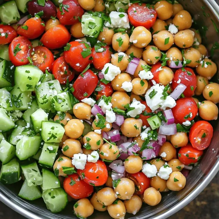 - 1 Dose (425 g) Kichererbsen, abgetropft und abgespült - 1 Salatgurke, gewürfelt - 1 Tasse Kirschtomaten, halbiert - 1 rote Paprika, gewürfelt - 1/2 rote Zwiebel, fein gehackt - 1/2 Tasse Kalamata-Oliven, entsteint und halbiert - 1/4 Tasse Feta-Käse, zerbröselt Ich liebe Kichererbsen. Sie sind nicht nur gesund, sondern auch sehr nahrhaft. Kichererbsen geben dem Salat eine tolle Textur und Fülle. Wenn Sie frisches Gemüse hinzufügen, wird der Salat noch bunter und schmackhafter. Die Gurke sorgt für Frische, während die Kirschtomaten süß und saftig sind. Die rote Paprika bringt Farbe und einen knackigen Biss. Ich mag es, die Zwiebel fein zu hacken, damit sie nicht zu scharf schmeckt. Kalamata-Oliven geben dem Ganzen eine salzige Note, die perfekt passt. Feta-Käse bringt einen cremigen Geschmack, der alles abrundet. - 3 Esslöffel Olivenöl - 2 Esslöffel Zitronensaft - 2 Esslöffel frische Petersilie, gehackt - 1 Esslöffel frischer Oregano, gehackt - Salz und Pfeffer nach Geschmack Das Dressing ist der Schlüssel zu einem guten Salat. Ich verwende immer hochwertiges Olivenöl. Es macht den Salat reichhaltiger. Zitronensaft gibt eine spritzige Frische. Frische Kräuter wie Petersilie und Oregano machen den Geschmack lebendig. Salz und Pfeffer helfen, die Aromen zu betonen. Ich füge immer nach und nach hinzu, um den besten Geschmack zu finden. Für die genaue Zubereitung schauen Sie sich die [Full Recipe] an. Beginne mit der Vorbereitung der frischen Zutaten. Zuerst würfle die Salatgurke, die rote Paprika und die rote Zwiebel in kleine Stücke. Halbiere die Kirschtomaten. Diese Schritte sorgen für eine schöne Textur im Salat. Jetzt spüle die Kichererbsen gut ab. Dadurch entfernst du überschüssiges Salz und Konservierungsstoffe. Gib alle vorbereiteten Zutaten in eine große Schüssel. Füge die abgetropften Kichererbsen, die gewürfelte Gurke, die halbierten Kirschtomaten, die rote Paprika, die rote Zwiebel und die Kalamata-Oliven hinzu. Jetzt ist es Zeit, das Dressing zuzubereiten. In einer kleinen Schüssel vermischst du das Olivenöl, den Zitronensaft und eine Prise Salz und Pfeffer. Gieße das Dressing gleichmäßig über die Salatzutaten und vermenge alles vorsichtig. Achte darauf, dass alles gut mit dem Dressing bedeckt ist. Jetzt kommt der besondere Teil. Füge den zerbröselten Feta-Käse, die gehackte Petersilie und den Oregano zum Salat hinzu. Hebe diese Zutaten vorsichtig unter. Probiere den Salat und adjustiere die Würze mit mehr Salz, Pfeffer oder Zitronensaft, falls nötig. Lass den Salat etwa 15 Minuten ruhen. So können die Aromen gut durchziehen. Du wirst den Unterschied schmecken! Um Kichererbsen richtig vorzubereiten, beginne mit einer Dose Kichererbsen. Spüle sie gut ab. Dies entfernt die Stärke und verbessert den Geschmack. Du kannst auch getrocknete Kichererbsen verwenden. Weiche sie über Nacht ein und koche sie am nächsten Tag. So sind sie frisch und lecker. Für das Gemüse schneide die Gurke, die rote Paprika und die Zwiebel in gleichmäßige Würfel. Halbiere die Kirschtomaten. Gleiche Stücke sorgen für eine schöne Präsentation und gleichmäßigen Geschmack. Achte darauf, das Gemüse nicht zu groß zu schneiden. Kleine Stücke ziehen die Aromen besser an. Um den Geschmack zu verbessern, füge zusätzliche Gewürze hinzu. Paprikapulver oder Kreuzkümmel bringen eine tolle Note. Frische Kräuter machen den Salat noch besser. Probiere Basilikum oder Minze. Diese Kräuter bringen frische und spannende Aromen. Die Marinierzeit ist wichtig. Lass den Salat mindestens 15 Minuten ruhen. So vermischen sich die Aromen gut. Du kannst ihn auch länger stehen lassen, bis zu zwei Stunden. Je länger er zieht, desto besser wird der Geschmack. Verwende den Salat als Beilage oder Hauptgericht. Er passt zu vielen Gerichten und macht immer einen guten Eindruck. Für das vollständige Rezept siehe den Abschnitt über die Zubereitung. {{image_4}} Für einen vegetarischen oder veganen Kichererbsensalat kann man pflanzliche Feta-Alternativen verwenden. Diese Ersatzprodukte bieten den gleichen cremigen Geschmack, sind aber frei von Milch. Achte darauf, eine Marke zu wählen, die gut schmilzt und einen guten Geschmack hat. Du kannst auch mehr Gemüse hinzufügen, um den Salat bunter und nährstoffreicher zu machen. Eine Avocado bringt Fett und Geschmack, während geraspelte Karotten eine süße Note hinzufügen. Weitere Optionen sind rote Beete oder Brokkoli. Diese Variationen machen den Salat vielfältiger und gesünder. Wenn du mehr Protein willst, füge Hähnchen oder Thunfisch hinzu. Diese Zutaten machen den Salat sättigender und nahrhafter. Achte darauf, das Hähnchen vorher zu grillen oder zu braten. Thunfisch aus der Dose ist eine schnelle und einfache Lösung. Eine weitere Option ist Quinoa. Diese Körner sind reich an Protein und passen gut zu den anderen Zutaten. Für eine kalorienärmere Variante kannst du auch weniger Olivenöl verwenden oder einen anderen Dressing-Ersatz ausprobieren. Probier diese Variationen aus, um deinen mediterranen Kichererbsensalat zu verfeinern. Schau dir auch das [Full Recipe] an, um weitere Tipps zu entdecken! Der mediterrane Kichererbsensalat bleibt frisch, wenn Sie ihn gut lagern. Bewahren Sie ihn in einem luftdichten Behälter auf. So bleibt das Gemüse knackig und der Geschmack erhalten. Ideal ist eine Temperatur von 4 °C oder niedriger. Haltbarkeit des Salates beträgt etwa 3 bis 5 Tage im Kühlschrank. Achten Sie darauf, den Salat nicht mit heißen Zutaten zu mischen. Das kann die Frische beeinträchtigen. Vor dem Servieren den Salat kurz umrühren. So verteilen sich die Aromen gut. Einfrieren ist eine Option, wenn Sie Reste haben. Achten Sie darauf, den Salat vor dem Einfrieren zu teilen. Verwenden Sie einen gefrierfesten Behälter oder Beutel. So bleibt der Salat länger haltbar. Verwendung nach dem Auftauen kann etwas anders sein. Der Salat kann nach dem Auftauen matschig werden. Es ist besser, ihn frisch zu genießen. Wenn Sie ihn aufwärmen möchten, machen Sie das vorsichtig. Mischen Sie ihn gut, um die Aromen wiederherzustellen. Für das vollständige Rezept, schauen Sie bitte hier: [Full Recipe]. Der mediterrane Kichererbsensalat bleibt frisch, wenn man ihn richtig lagert. Im Kühlschrank hält er sich etwa 3 bis 5 Tage. Bewahre den Salat in einem luftdichten Behälter auf. So bleibt er knackig und lecker. Achte darauf, den Salat nicht zu lange stehen zu lassen. Der Feta wird mit der Zeit weich und die Gemüse verlieren ihre Frische. Ja, du kannst den Salat im Voraus zubereiten. Das spart Zeit, besonders an geschäftigen Tagen. Bereite die Kichererbsen und das Gemüse vor und vermische alles. Du kannst das Dressing separat aufbewahren. Gieße es erst kurz vor dem Servieren über den Salat. So bleibt alles frisch und knackig. Wenn du möchtest, kannst du auch zusätzliche Zutaten wie Avocado oder Nüsse hinzufügen. Diese sollte man jedoch erst kurz vor dem Essen hinzugeben, um die beste Textur zu erhalten. Wenn du keine Oliven magst, gibt es viele Alternativen. Du kannst Kapern verwenden, um einen salzigen Geschmack zu erzielen. In Würfeln geschnittene eingelegte Artischocken sind auch eine gute Wahl. Für etwas Süße kannst du auch getrocknete Tomaten oder Paprika verwenden. Diese Optionen bringen Farbe und Geschmack in deinen Salat. Experimentiere mit verschiedenen Zutaten, um deinen eigenen Stil zu finden. Die Möglichkeiten sind vielfältig! Dieser mediterrane Kichererbsensalat ist einfach und lecker. Wir haben frische Zutaten, einfache Schritte und viele Tipps behandelt. Denke daran, die Kichererbsen und das Gemüse richtig vorzubereiten. Die Vielfalt der Variationen ermöglicht dir, den Salat nach deinem Geschmack anzupassen. Er bleibt im Kühlschrank einige Tage frisch und lässt sich sogar einfrieren. Probiere verschiedene Optionen aus und finde deinen Favoriten. Viel Spaß beim Zubereiten und Genießen!