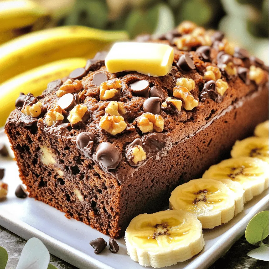 - 3 reife Bananen, zerdrückt - 1/3 Tasse geschmolzenes Kokosöl - 1/2 Tasse brauner Zucker Die Hauptzutaten sind wichtig für den Geschmack. Reife Bananen geben Süße und Feuchtigkeit. Kokosöl macht das Brot zart. Brauner Zucker sorgt für einen tiefen, karamellartigen Geschmack. - 1 großes Ei - 1 Teelöffel Vanilleextrakt - Gewürze und Backtriebmittel: 1 Teelöffel Backnatron, eine Prise Salz, 1 Teelöffel gemahlener Zimt Das Ei bindet die Zutaten und hilft beim Aufgehen. Vanilleextrakt bringt ein tolles Aroma. Backnatron und Salz sind wichtig für die Textur. Zimt fügt Wärme und Tiefe hinzu. - 1 1/2 Tassen Weizenmehl (Type 405) - 1 Tasse halbherbe Schokoladenstückchen - 1/2 Tasse gehackte Walnüsse (optional) Weizenmehl gibt Struktur. Schokoladenstückchen sorgen für den köstlichen Schokoladengeschmack. Walnüsse bringen einen knackigen Biss, sind aber optional. Für das vollständige Rezept, schauen Sie sich die [Full Recipe] an. Heize deinen Ofen auf 175°C vor. Das ist die perfekte Temperatur für unser Bananenbrot. Bereite eine Kastenform vor. Fette sie gut mit Antihaftspray oder Kokosöl ein. So lässt sich das Brot später leicht herausnehmen. Nimm die reifen Bananen und zerdrücke sie in einer großen Schüssel. Füge das geschmolzene Kokosöl hinzu und vermenge beides gut. Jetzt kommt der braune Zucker, das Ei und der Vanilleextrakt dazu. Rühre alles kräftig um, bis die Mischung schön glatt ist. Streue das Backnatron, das Salz und den Zimt in die Bananenmischung. Mische alles vorsichtig, damit die Zutaten sich gut verbinden. Jetzt ist es Zeit, das Weizenmehl hinzuzufügen. Hebe es sanft unter die Mischung. Achte darauf, nicht zu viel zu rühren. Ein paar Klümpchen sind in Ordnung. Füge die Schokoladenstückchen hinzu und mische sie gleichmäßig unter. Gieße den fertigen Teig in die vorbereitete Kastenform. Glätte die Oberseite mit einem Spatel. Jetzt kommt das Beste: Backe das Bananenbrot im Ofen für 55 bis 60 Minuten. Es ist fertig, wenn ein Zahnstocher sauber herauskommt. Lass das Brot etwa 10 Minuten in der Form abkühlen. Danach lege es auf ein Kuchengitter, um vollständig auszukühlen. Für das vollständige Rezept kannst du [Full Recipe] einsehen. Um den besten Geschmack zu erzielen, sollten Sie mindestens 3 reife Bananen verwenden. Reife Bananen bringen eine natürliche Süße und Tiefe in das Brot. Achten Sie darauf, den Teig nicht zu lange zu kneten. Ein paar Klumpen sind in Ordnung. Zu viel Kneten kann das Brot zäh machen. Fügen Sie zusätzliche Schokoladenstückchen als Topping hinzu. Das sorgt für einen schönen Look und mehr Schokoladengeschmack. Garnieren Sie das Brot mit frischen Bananenscheiben. Das macht es nicht nur hübsch, sondern gibt auch einen frischen Biss. Verhindern Sie das Übermixen des Teigs. Übermixen kann die Textur negativ beeinflussen. Kontrollieren Sie sorgfältig die Backzeit. Jeder Ofen backt anders. Ein Zahnstocher sollte sauber herauskommen, wenn das Brot fertig ist. So stellen Sie sicher, dass Ihr Bananenbrot perfekt gelingt. {{image_4}} Für dein Schokoladen-Bananenbrot kannst du verschiedene Schokoladensorten nutzen. Wenn du Vollmilchschokolade anstelle von halbherber Schokolade verwendest, erhältst du einen cremigeren Geschmack. Weiße Schokolade gibt deinem Brot eine süßere Note. Das macht das Geschmackserlebnis besonders. Experimentiere mit den Sorten, die du magst, um deine persönliche Note zu finden. Nüsse bringen eine tolle Textur und einen nussigen Geschmack in dein Brot. Du kannst Mandeln oder Pekannüsse anstelle der Walnüsse verwenden. Das gibt dem Brot eine andere, aber leckere Dimension. Wenn du eine nussfreie Version möchtest, lass die Nüsse einfach weg. So bleibt das Brot fluffig und lecker, ohne dass du etwas vermisst. Das Hinzufügen von Gewürzen macht dein Brot noch interessanter. Kombiniere Zimt und Muskatnuss für eine warme, würzige Note. Du kannst auch pürierte Früchte wie Äpfel oder Birnen hinzufügen. Das bringt zusätzlichen Geschmack und macht dein Brot saftiger. Diese Variationen machen dein Schokoladen-Bananenbrot einzigartig und besonders. Probiere die verschiedenen Möglichkeiten aus und finde deine Lieblingskombination, um das Beste aus deinem Rezept herauszuholen. Du findest die vollständige Anleitung in der Full Recipe. Um die Frische zu bewahren, verpacke dein Schokoladen-Bananenbrot luftdicht. Du kannst dafür Frischhaltefolie oder einen luftdichten Behälter verwenden. So bleibt das Brot länger saftig und lecker. Lagere das Brot bei Raumtemperatur, wenn du es in den nächsten Tagen essen möchtest. Der Kühlschrank ist nicht immer die beste Wahl, da die Kälte das Brot austrocknen kann. Falls du das Brot länger aufbewahren möchtest, ist der Kühlschrank eine Option, aber beachte, dass es schneller an Geschmack verliert. Frisch gebacken bleibt dein Schokoladen-Bananenbrot 3 bis 4 Tage bei Raumtemperatur genießbar. Wenn du es im Kühlschrank lagerst, kannst du es bis zu einer Woche aufbewahren. Achte darauf, dass es gut verpackt ist, um die Frische zu erhalten. Das Brot kann mit der Zeit jedoch seine Feuchtigkeit verlieren, also genieße es am besten frisch. Wenn du das Bananenbrot für eine längere Zeit aufbewahren möchtest, schneide es vorher in Scheiben. Das macht das Auftauen einfacher. Wickele jede Scheibe gut ein oder lege sie in einen Gefrierbeutel. So kannst du schnell ein Stück genießen, wann immer du Lust hast. Nach dem Auftauen kannst du die Scheiben kurz in den Ofen oder in die Mikrowelle stellen, um sie wieder warm und lecker zu machen. So schmeckt dein Schokoladen-Bananenbrot fast wie frisch gebacken! Backe das Bananenbrot bei 175°C für 55 bis 60 Minuten. Die ideale Backzeit sorgt für das beste Ergebnis. Um sicherzugehen, stecke einen Zahnstocher in die Mitte. Wenn er sauber herauskommt, ist dein Brot fertig. Zu langes Backen macht das Brot trocken. Du möchtest eine schöne goldene Farbe erreichen. Ja, gefrorene Bananen sind eine tolle Option. Lass sie einfach auftauen, bevor du sie zerdrückst. Das Wasser in gefrorenen Bananen kann den Teig etwas feuchter machen. So wird das Brot noch saftiger. Achte darauf, die Bananen gut zu vermischen, um die beste Textur zu erhalten. Schokoladen-Bananenbrot hat einige gesunde Aspekte. Bananen liefern wichtige Nährstoffe wie Kalium und Ballaststoffe. Du kannst auch gesunde Alternativen verwenden. Ersetze den braunen Zucker durch Honig oder Ahornsirup. Verwende Vollkornmehl für mehr Ballaststoffe. So bleibt der Genuss, ohne auf die Gesundheit zu verzichten. Schokoladen-Bananenbrot ist einfach und lecker. Du hast gelernt, welche Zutaten nötig sind und wie man es Schritt für Schritt zubereitet. Tipps helfen dir, häufige Fehler zu vermeiden. Variationen halten das Rezept spannend und anders. Bewahre dein Brot richtig auf, damit es lange frisch bleibt. Am Ende ist es wichtig, die richtige Balance zwischen Geschmack und Gesundheit zu finden. Probiere es aus und genieße jeden Biss!