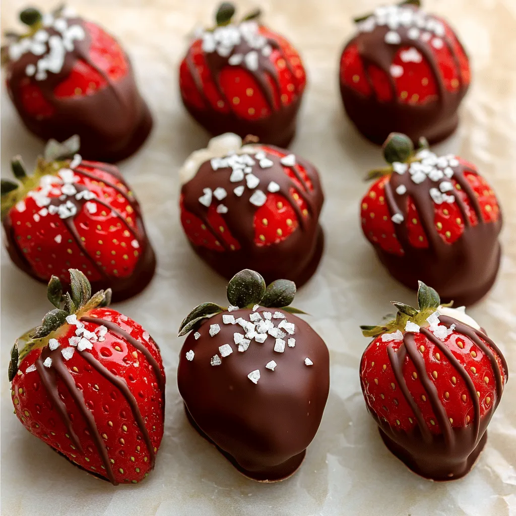 - 450 g frische Erdbeeren - 225 g dunkle Schokolade - 1 Esslöffel Kokosöl - 125 g weiße Schokolade - Meersalzflocken Wähle frische Erdbeeren. Sie sollten rot und fest sein. Überprüfe die Unterseite. Achte darauf, dass keine braunen Stellen vorhanden sind. Gute Erdbeeren haben auch einen süßen Duft. Für die Schokolade ist Qualität wichtig. Dunkle Schokolade sollte mindestens 70 % Kakao haben. Diese Schokolade hat mehr Geschmack. Achte auf eine glatte Textur. Sie sollte beim Schmelzen schön glänzen. Wenn du die besten Zutaten benutzt, werden deine Schokoladenüberzogenen Erdbeeren noch leckerer. Du findest alle Zutaten in deinem Supermarkt. For Full Recipe, schau dir das Rezept an. Zuerst waschen Sie die Erdbeeren gründlich unter kaltem Wasser. Danach tupfen Sie sie mit einem Papiertuch trocken. Es ist wichtig, dass die Erdbeeren ganz trocken sind. Wenn sie feucht bleiben, haftet die Schokolade nicht gut. Ein kleiner Tipp: Lassen Sie die Erdbeeren nach dem Waschen eine Weile an der Luft trocknen. So gewährleisten Sie die beste Beschichtung mit Schokolade. Jetzt kommt der spaßige Teil! Sie können die Schokolade in der Mikrowelle schmelzen. Nehmen Sie eine mikrowellengeeignete Schüssel und geben Sie die grob gehackte dunkle Schokolade hinein. Wenn Sie es möchten, fügen Sie auch einen Esslöffel Kokosöl hinzu. Das macht die Schokolade glatter. Erhitzen Sie die Mischung in 30-Sekunden-Intervallen. Rühren Sie nach jeder Runde um. Achten Sie darauf, dass die Schokolade nicht überhitzt, sonst wird sie klumpig. Falls Sie keine Mikrowelle haben, können Sie die Schokolade auch im Wasserbad schmelzen. Dazu nehmen Sie eine hitzebeständige Schüssel und setzen sie auf einen Topf mit kochendem Wasser. Rühren Sie die Schokolade ständig, bis sie schmilzt. Jetzt tauchen wir die Erdbeeren in die geschmolzene Schokolade. Halten Sie jede Erdbeere am Stil fest. Tauchen Sie sie langsam in die Schokolade. Kippen Sie die Schüssel dabei leicht, um eine gleichmäßige Beschichtung zu ermöglichen. Lassen Sie die überschüssige Schokolade abtropfen. Ein kleiner Trick: Wenn Sie einen Spritzbeutel verwenden, können Sie die weiße Schokolade schön drizzeln. Füllen Sie den Beutel mit der geschmolzenen weißen Schokolade. Schneiden Sie eine kleine Ecke ab und drücken Sie die Schokolade über die Erdbeeren. So sehen sie noch schöner aus! Für das vollständige Rezept schauen Sie sich bitte die Sektion „Full Recipe“ an. Um deine schokoladenüberzogenen Erdbeeren schön zu präsentieren, kannst du einige Ideen nutzen. Du kannst die Erdbeeren auf einem schönen Teller anrichten. Verwende eine weiße Platte, um die Farben hervorzuheben. Wenn du einen besonderen Anlass hast, dekoriere sie mit frischen Minzblättern. Das sieht frisch und einladend aus. Du kannst auch kleine Papiertütchen verwenden, um die Erdbeeren zu verschenken. Das macht sie perfekt für Partys oder als kleine Geschenke. Ein häufiges Problem sind Schokoladenrisse. Um dies zu verhindern, stelle sicher, dass die Schokolade nicht zu heiß wird. Wenn du sie überhitzt, wird sie brüchig. Schmelze die Schokolade in kurzen Intervallen und rühre gut um. So bleibt sie glatt und geschmeidig. Ein weiterer Fehler ist, die Erdbeeren nicht gut zu trocknen. Wenn sie feucht sind, haftet die Schokolade nicht gut. Achte darauf, dass du sie vor dem Eintauchen gründlich abtrocknest. Die Kühlzeit ist wichtig. Lass die Erdbeeren mindestens 30 Minuten im Kühlschrank. So wird die Schokolade fest und knusprig. Wenn du sie zu früh servierst, kann die Schokolade weich sein. Die optimale Serviertemperatur für die Erdbeeren liegt bei Zimmertemperatur. So schmecken sie am besten. Stelle sie etwa 10 Minuten vor dem Servieren aus dem Kühlschrank. So kannst du den vollen Geschmack genießen. Für das gesamte Rezept schau dir bitte das [Full Recipe] an. {{image_4}} Für schokoladenüberzogene Erdbeeren kann man verschiedene Schokoladen verwenden. Milchschokolade gibt einen süßen Geschmack. Weiße Schokolade ist ebenfalls eine gute Wahl. Diese Schokoladen bringen eine andere Note. Eine Kombination von dunkler, weißer und Milchschokolade sieht toll aus. Sie ergibt einen schönen Kontrast in Farbe und Geschmack. Zusätzliche Toppings machen die Erdbeeren noch besser. Nüsse sind eine knusprige Option. Mandeln oder Haselnüsse passen gut dazu. Streusel bringen Farbe und Textur. Karamell ist eine süße Ergänzung. Du kannst auch andere Früchte hinzufügen, wie Banane oder Kiwi. Diese Toppings geben den Erdbeeren mehr Geschmack und Spaß. Es gibt viele Gelegenheiten für schokoladenüberzogene Erdbeeren. Sie sind perfekt für den Valentinstag. Auch an Feiertagen sind sie beliebt. Bei Partys sind sie ein Hit. Du kannst sie auch schön verpacken. Schokoladenüberzogene Erdbeeren sind ein tolles Geschenk. Sie bringen Freude und sind einfach zu machen. Um schokoladenüberzogene Erdbeeren frisch zu halten, lagern Sie sie im Kühlschrank. Stellen Sie sicher, dass sie in einem luftdichten Behälter sind. So vermeiden Sie, dass sie austrocknen oder Gerüche aufnehmen. Die Erdbeeren bleiben bis zu drei Tage im Kühlschrank frisch. Hygiene ist sehr wichtig. Waschen Sie Ihre Hände, bevor Sie die Erdbeeren anfassen. Überprüfen Sie die Erdbeeren vor der Lagerung. Entfernen Sie beschädigte oder überreife Früchte. Diese können Schimmel fördern und die anderen Erdbeeren ruinieren. Wenn Sie Erdbeeren einfrieren möchten, legen Sie sie zuerst auf ein Backblech. Stellen Sie sicher, dass sie sich nicht berühren. Frieren Sie sie für zwei bis drei Stunden ein, bis sie fest sind. Dann können Sie die gefrorenen Erdbeeren in einen Beutel geben. Diese Erdbeeren sind perfekt für Smoothies oder Desserts. Sie können sie nach dem Auftauen in verschiedenen Rezepten verwenden. Für das volle Rezept zu schokoladenüberzogenen Erdbeeren, schauen Sie sich die vollständige Anleitung an. Schokoladenüberzogene Erdbeeren halten sich gut für 1 bis 2 Tage. Die beste Lagerung ist im Kühlschrank. Legen Sie sie in einen luftdichten Behälter. So bleiben sie frisch und lecker. Achten Sie darauf, dass die Erdbeeren nicht zu lange draußen liegen. Die Schokolade kann schmelzen oder sich verflüssigen, wenn sie warm wird. Ja, Sie können schokoladenüberzogene Erdbeeren im Voraus zubereiten. Bereiten Sie die Erdbeeren bis zu 24 Stunden vorher vor. Lagern Sie sie dann im Kühlschrank. So bleibt die Schokolade fest und die Erdbeeren frisch. Wenn Sie sie länger aufbewahren möchten, denken Sie an das Einfrieren. Achten Sie darauf, sie gut zu verpacken, um Gefrierbrand zu vermeiden. Wenn Sie keine Zeit haben, selbst zu machen, gibt es viele Optionen. Online-Shops bieten oft frische, schokoladige Leckerbissen an. Suchen Sie nach Geschäften, die auf Süßigkeiten spezialisiert sind. Viele lokale Bäckereien verkaufen auch schokoladenüberzogene Erdbeeren. Achten Sie auf Bewertungen, um die besten zu finden. Zusammenfassend zeigt dieser Artikel, wie man köstliche, schokoladenüberzogene Erdbeeren zubereitet. Wir haben die besten Zutaten, eine Schritt-für-Schritt-Anleitung und kreative Variationen besprochen. Außerdem gab es nützliche Tipps für die Präsentation und Lagerung. Egal, ob für Feiertage oder einfach zum Genießen, diese Leckerei ist immer ein Hit. Jetzt bist du bereit, die perfekten schokoladenüberzogenen Erdbeeren zu machen!
