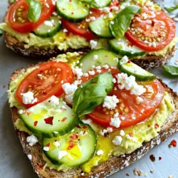 - 2 reife Avocados - 4 Scheiben Vollkorn- oder Sauerteigbrot - 1 mittelgroße Tomate - 1 kleine Gurke Die Hauptzutaten sind einfach und gesund. Reife Avocados haben einen cremigen Geschmack. Vollkornbrot gibt dem Toast einen nussigen Biss. Die Tomate und die Gurke bringen Frische und Farbe. - 1/4 Tasse Feta-Käse - 1/4 Teelöffel Knoblauchpulver - 1 Esslöffel Zitronensaft - 1 Esslöffel Olivenöl Feta-Käse fügt eine salzige Note hinzu. Knoblauchpulver sorgt für einen leichten Kick. Zitronensaft macht die Mischung frisch und hell. Olivenöl macht den Toast noch reichhaltiger. - Salz und Pfeffer - Frische Basilikumblätter - Optionale Beläge: rote Pfefferflocken, Sesamsamen oder Microgreens Salz und Pfeffer bringen die Aromen zusammen. Frische Basilikumblätter geben einen schönen Duft. Du kannst auch rote Pfefferflocken für etwas Schärfe verwenden. Für das vollständige Rezept, schau dir [Full Recipe] an. - Zuerst toastest du das Brot, bis es goldbraun ist. Du kannst Vollkorn- oder Sauerteigbrot verwenden. - Während das Brot toastet, schneide die Avocados auf und entferne den Kern. Nutze einen Löffel, um das Fruchtfleisch herauszunehmen und in eine Schüssel zu geben. - Zerdrücke die Avocados mit einer Gabel, bis sie cremig sind. Füge das Knoblauchpulver und den Zitronensaft hinzu. Mische gut, damit sich die Aromen verbinden. - Gib das Olivenöl in die Avocado-Mischung. Rühre alles gut durch. Schmecke die Mischung mit Salz und Pfeffer ab. - Trage eine großzügige Schicht der Avocado-Mischung gleichmäßig auf jede Scheibe Toast auf. - Jetzt kommt der Spaß! Füge die geschnittenen Tomaten und gewürfelten Gurken hinzu. Der Crunch ist wichtig! - Streue den Feta-Käse über die Toasts. Das gibt einen tollen Geschmack. - Zum Schluss würze mit Salz, Pfeffer und optionalen Toppings wie roten Pfefferflocken oder Sesamsamen. - Dekoriere die Toasts mit frischen Basilikumblättern für einen schönen Look! Für das vollständige Rezept schaue bitte in den Abschnitt "Zutaten". Um das beste Toastniveau zu erreichen, stelle den Toaster auf mittlere Hitze. So erhält das Brot eine goldene Farbe und bleibt knusprig. Achte darauf, das Brot nicht zu lange zu toasten. Zu dunkles Brot schmeckt bitter. Du kannst auch eine Pfanne verwenden. Erhitze sie bei mittlerer Temperatur und röste das Brot in etwas Olivenöl. Das gibt extra Geschmack und Crunch. Wenn du eine Avocado auswählst, drücke sanft auf die Schale. Sie sollte leicht nachgeben, wenn sie reif ist. Eine harte Avocado ist noch nicht bereit. Wenn die Schale zu weich ist, kann sie überreif sein. Achte auch auf die Farbe. Eine dunkle Schale deutet oft auf Reife hin, aber prüfe immer den Druck. So wählst du die perfekte Avocado für dein Toast. Eine schöne Präsentation macht dein Avocado Toast noch einladender. Verwende ein großes, flaches Teller. Lege die getoasteten Brote hübsch darauf. Du kannst die Toppings kreativ anrichten. Schneide die Tomaten in gleichmäßige Scheiben und die Gurken in kleine Würfel. Streue den Feta gleichmäßig darüber. Verwende frische Basilikumblätter zur Dekoration. Sie verleihen Farbe und Geschmack. Ein ansprechendes Gericht macht das Essen noch besser. {{image_4}} Für ein veganes Avocado Toast ist es einfach, die richtigen Zutaten zu wählen. Sie brauchen: - 2 reife Avocados - 4 Scheiben Vollkornbrot oder glutenfreies Brot - 1 kleine Zwiebel, gewürfelt - 1/4 Tasse Kichererbsen, püriert - Salz und Pfeffer - Frische Kräuter nach Wahl Pürieren Sie die Kichererbsen und mischen Sie sie mit der Avocado. Das gibt eine tolle Textur. Fügen Sie Zwiebel, Salz und Pfeffer hinzu. Diese Mischung macht Ihr Toast lecker und sättigend. Wenn Sie glutenfrei leben, gibt es viele tolle Brote. Hier sind einige Optionen: - Reisbrot - Buchweizenbrot - Mandelmehlbrot Diese Alternativen sind leicht zu finden. Sie schmecken gut und sind einfach zu toasten. Probieren Sie sie aus, um Ihr Avocado Toast zu genießen. Für kalorienarme Beläge können Sie diese gesunden Optionen verwenden: - Frische Tomaten - Radieschen, in Scheiben - Gurken, gewürfelt - Rucola oder Spinat Diese Zutaten geben Ihrem Toast mehr Geschmack und wenig Kalorien. Sie machen das Gericht frisch und bunt. Kombinieren Sie sie nach Lust und Laune. Für das volle Rezept besuchen Sie [Full Recipe]. Um übrig gebliebenen Toast zu lagern, lege ihn in einen luftdichten Behälter. Das hält ihn frisch. Wenn du die Avocado-Mischung aufbewahrst, decke sie gut ab. Verwende Frischhaltefolie, um den Kontakt mit Luft zu vermeiden. So bleibt die Farbe schön. Lagere alles im Kühlschrank. Reife Avocados halten sich etwa 2 bis 3 Tage im Kühlschrank. Halbiere die Avocado erst kurz vor dem Essen. So bleibt sie länger frisch. Wenn du sie bereits halbiert hast, benutze eine Zitrone. Der Saft hilft, die Farbe zu bewahren. Für Meal Prep kannst du das Brot im Voraus toasten. Lagere es in einem Behälter. Die Avocado-Mischung lässt sich auch vorbereiten. Mache sie am Abend vorher. Füge die Toppings erst kurz vor dem Servieren hinzu. So bleibt alles knusprig und frisch. Die Zubereitung von Avocado Toast ist einfach. Du benötigst etwa 10 Minuten für die Vorbereitung und 5 Minuten zum Toasten. Insgesamt dauert es also nur etwa 15 Minuten. Du kannst also schnell ein leckeres und gesundes Gericht zaubern, ideal für ein schnelles Frühstück oder einen Snack. Ja, gefrorene Avocados sind eine tolle Option! Wenn du gefrorene Avocados verwendest, lasse sie über Nacht im Kühlschrank auftauen. Du kannst sie dann wie frische Avocados in deinem Rezept verwenden. Achte darauf, die gefrorenen Avocados gut zu pürieren, um die gewünschte cremige Konsistenz zu erreichen. Es gibt viele nahrhafte Toppings, die du ausprobieren kannst. Hier sind einige Vorschläge: - Tomaten: Sie geben frische und süße Aromen. - Gurken: Diese sorgen für einen knackigen Biss. - Feta-Käse: Er fügt einen salzigen Geschmack hinzu. - Radieschen: Diese sind scharf und knusprig. - Microgreens: Sie sind nährstoffreich und hübsch. - Sesamsamen: Diese geben zusätzlichen Crunch. Um Oxidation zu vermeiden, gibt es einige einfache Methoden. Du kannst Zitronensaft über die Avocado träufeln. Das hilft, die Farbe zu bewahren. Eine andere Möglichkeit ist, die Avocado mit Frischhaltefolie eng zu umwickeln. Achte darauf, dass kein Luftkontakt besteht. So bleibt die Avocado frisch und grün. Zusammengefasst haben wir die Hauptzutaten für ein köstliches Avocado Toast angesehen. Wir haben die Zubereitung, Tipps und Variationen besprochen. Experimentiere mit verschiedenen Toppings, um den Toast spannend zu halten. Denke daran, reife Avocados zu wählen und dein Toast gut zu präsentieren. So machst du jeden Bissen zu einem Genuss. Halte die Reste gut, um später weiterzuschlemmen. Avocado Toast ist einfach, lecker und vielseitig. Jetzt bist du bereit, ein Meisterwerk in deiner Küche zu schaffen.