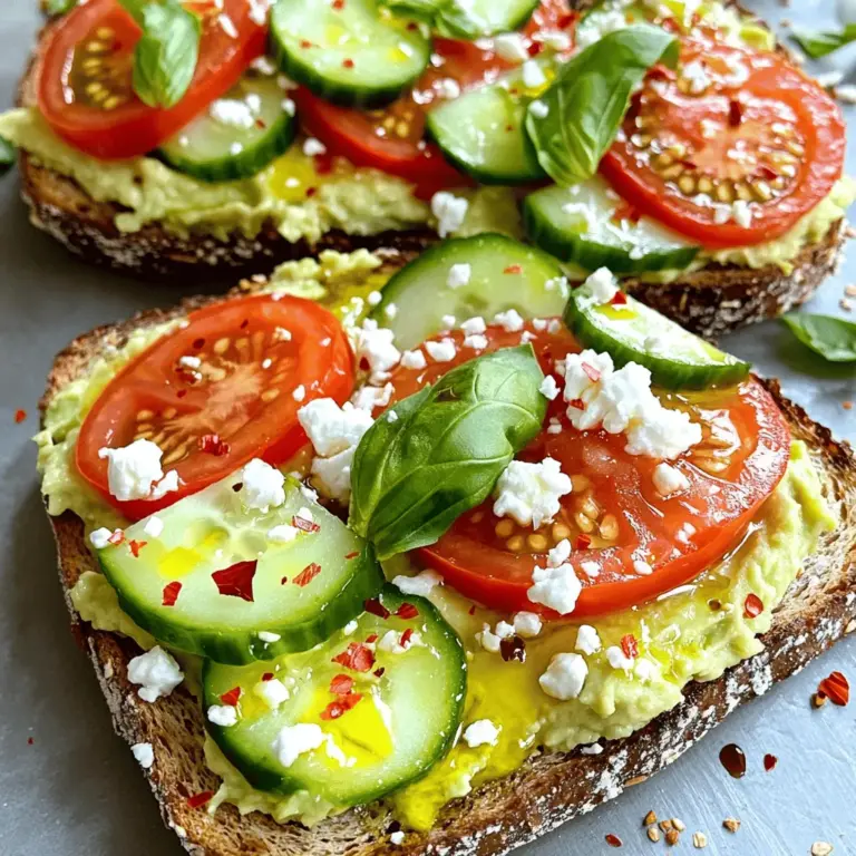 - 2 reife Avocados - 4 Scheiben Vollkorn- oder Sauerteigbrot - 1 mittelgroße Tomate - 1 kleine Gurke Die Hauptzutaten sind einfach und gesund. Reife Avocados haben einen cremigen Geschmack. Vollkornbrot gibt dem Toast einen nussigen Biss. Die Tomate und die Gurke bringen Frische und Farbe. - 1/4 Tasse Feta-Käse - 1/4 Teelöffel Knoblauchpulver - 1 Esslöffel Zitronensaft - 1 Esslöffel Olivenöl Feta-Käse fügt eine salzige Note hinzu. Knoblauchpulver sorgt für einen leichten Kick. Zitronensaft macht die Mischung frisch und hell. Olivenöl macht den Toast noch reichhaltiger. - Salz und Pfeffer - Frische Basilikumblätter - Optionale Beläge: rote Pfefferflocken, Sesamsamen oder Microgreens Salz und Pfeffer bringen die Aromen zusammen. Frische Basilikumblätter geben einen schönen Duft. Du kannst auch rote Pfefferflocken für etwas Schärfe verwenden. Für das vollständige Rezept, schau dir [Full Recipe] an. - Zuerst toastest du das Brot, bis es goldbraun ist. Du kannst Vollkorn- oder Sauerteigbrot verwenden. - Während das Brot toastet, schneide die Avocados auf und entferne den Kern. Nutze einen Löffel, um das Fruchtfleisch herauszunehmen und in eine Schüssel zu geben. - Zerdrücke die Avocados mit einer Gabel, bis sie cremig sind. Füge das Knoblauchpulver und den Zitronensaft hinzu. Mische gut, damit sich die Aromen verbinden. - Gib das Olivenöl in die Avocado-Mischung. Rühre alles gut durch. Schmecke die Mischung mit Salz und Pfeffer ab. - Trage eine großzügige Schicht der Avocado-Mischung gleichmäßig auf jede Scheibe Toast auf. - Jetzt kommt der Spaß! Füge die geschnittenen Tomaten und gewürfelten Gurken hinzu. Der Crunch ist wichtig! - Streue den Feta-Käse über die Toasts. Das gibt einen tollen Geschmack. - Zum Schluss würze mit Salz, Pfeffer und optionalen Toppings wie roten Pfefferflocken oder Sesamsamen. - Dekoriere die Toasts mit frischen Basilikumblättern für einen schönen Look! Für das vollständige Rezept schaue bitte in den Abschnitt "Zutaten". Um das beste Toastniveau zu erreichen, stelle den Toaster auf mittlere Hitze. So erhält das Brot eine goldene Farbe und bleibt knusprig. Achte darauf, das Brot nicht zu lange zu toasten. Zu dunkles Brot schmeckt bitter. Du kannst auch eine Pfanne verwenden. Erhitze sie bei mittlerer Temperatur und röste das Brot in etwas Olivenöl. Das gibt extra Geschmack und Crunch. Wenn du eine Avocado auswählst, drücke sanft auf die Schale. Sie sollte leicht nachgeben, wenn sie reif ist. Eine harte Avocado ist noch nicht bereit. Wenn die Schale zu weich ist, kann sie überreif sein. Achte auch auf die Farbe. Eine dunkle Schale deutet oft auf Reife hin, aber prüfe immer den Druck. So wählst du die perfekte Avocado für dein Toast. Eine schöne Präsentation macht dein Avocado Toast noch einladender. Verwende ein großes, flaches Teller. Lege die getoasteten Brote hübsch darauf. Du kannst die Toppings kreativ anrichten. Schneide die Tomaten in gleichmäßige Scheiben und die Gurken in kleine Würfel. Streue den Feta gleichmäßig darüber. Verwende frische Basilikumblätter zur Dekoration. Sie verleihen Farbe und Geschmack. Ein ansprechendes Gericht macht das Essen noch besser. {{image_4}} Für ein veganes Avocado Toast ist es einfach, die richtigen Zutaten zu wählen. Sie brauchen: - 2 reife Avocados - 4 Scheiben Vollkornbrot oder glutenfreies Brot - 1 kleine Zwiebel, gewürfelt - 1/4 Tasse Kichererbsen, püriert - Salz und Pfeffer - Frische Kräuter nach Wahl Pürieren Sie die Kichererbsen und mischen Sie sie mit der Avocado. Das gibt eine tolle Textur. Fügen Sie Zwiebel, Salz und Pfeffer hinzu. Diese Mischung macht Ihr Toast lecker und sättigend. Wenn Sie glutenfrei leben, gibt es viele tolle Brote. Hier sind einige Optionen: - Reisbrot - Buchweizenbrot - Mandelmehlbrot Diese Alternativen sind leicht zu finden. Sie schmecken gut und sind einfach zu toasten. Probieren Sie sie aus, um Ihr Avocado Toast zu genießen. Für kalorienarme Beläge können Sie diese gesunden Optionen verwenden: - Frische Tomaten - Radieschen, in Scheiben - Gurken, gewürfelt - Rucola oder Spinat Diese Zutaten geben Ihrem Toast mehr Geschmack und wenig Kalorien. Sie machen das Gericht frisch und bunt. Kombinieren Sie sie nach Lust und Laune. Für das volle Rezept besuchen Sie [Full Recipe]. Um übrig gebliebenen Toast zu lagern, lege ihn in einen luftdichten Behälter. Das hält ihn frisch. Wenn du die Avocado-Mischung aufbewahrst, decke sie gut ab. Verwende Frischhaltefolie, um den Kontakt mit Luft zu vermeiden. So bleibt die Farbe schön. Lagere alles im Kühlschrank. Reife Avocados halten sich etwa 2 bis 3 Tage im Kühlschrank. Halbiere die Avocado erst kurz vor dem Essen. So bleibt sie länger frisch. Wenn du sie bereits halbiert hast, benutze eine Zitrone. Der Saft hilft, die Farbe zu bewahren. Für Meal Prep kannst du das Brot im Voraus toasten. Lagere es in einem Behälter. Die Avocado-Mischung lässt sich auch vorbereiten. Mache sie am Abend vorher. Füge die Toppings erst kurz vor dem Servieren hinzu. So bleibt alles knusprig und frisch. Die Zubereitung von Avocado Toast ist einfach. Du benötigst etwa 10 Minuten für die Vorbereitung und 5 Minuten zum Toasten. Insgesamt dauert es also nur etwa 15 Minuten. Du kannst also schnell ein leckeres und gesundes Gericht zaubern, ideal für ein schnelles Frühstück oder einen Snack. Ja, gefrorene Avocados sind eine tolle Option! Wenn du gefrorene Avocados verwendest, lasse sie über Nacht im Kühlschrank auftauen. Du kannst sie dann wie frische Avocados in deinem Rezept verwenden. Achte darauf, die gefrorenen Avocados gut zu pürieren, um die gewünschte cremige Konsistenz zu erreichen. Es gibt viele nahrhafte Toppings, die du ausprobieren kannst. Hier sind einige Vorschläge: - Tomaten: Sie geben frische und süße Aromen. - Gurken: Diese sorgen für einen knackigen Biss. - Feta-Käse: Er fügt einen salzigen Geschmack hinzu. - Radieschen: Diese sind scharf und knusprig. - Microgreens: Sie sind nährstoffreich und hübsch. - Sesamsamen: Diese geben zusätzlichen Crunch. Um Oxidation zu vermeiden, gibt es einige einfache Methoden. Du kannst Zitronensaft über die Avocado träufeln. Das hilft, die Farbe zu bewahren. Eine andere Möglichkeit ist, die Avocado mit Frischhaltefolie eng zu umwickeln. Achte darauf, dass kein Luftkontakt besteht. So bleibt die Avocado frisch und grün. Zusammengefasst haben wir die Hauptzutaten für ein köstliches Avocado Toast angesehen. Wir haben die Zubereitung, Tipps und Variationen besprochen. Experimentiere mit verschiedenen Toppings, um den Toast spannend zu halten. Denke daran, reife Avocados zu wählen und dein Toast gut zu präsentieren. So machst du jeden Bissen zu einem Genuss. Halte die Reste gut, um später weiterzuschlemmen. Avocado Toast ist einfach, lecker und vielseitig. Jetzt bist du bereit, ein Meisterwerk in deiner Küche zu schaffen.