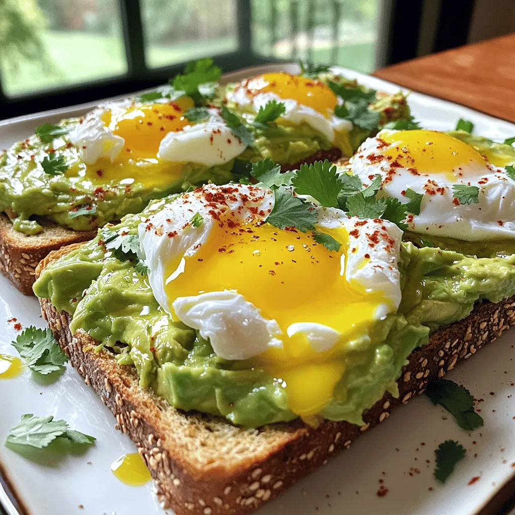 - 2 Scheiben Vollkornbrot - 1 reife Avocado - 2 große Eier Die Basis für dein Avocado Toast sind die Hauptzutaten. Vollkornbrot gibt dir eine gute Grundlage. Es ist nahrhaft und gibt einen tollen Geschmack. Die Avocado muss reif sein. So wird sie schön cremig. Die Eier sind wichtig für das Pochieren. Sie geben dir die perfekte Textur. - 1 Esslöffel Olivenöl - 1 Esslöffel Zitronensaft - Salz und Pfeffer nach Geschmack Für den besten Geschmack brauchst du Gewürze. Olivenöl macht das Gericht glänzend und reichhaltig. Zitronensaft bringt Frische und einen leichten Säurekick. Vergiss nicht, Salz und Pfeffer hinzuzufügen. Sie runden den Geschmack ab und machen das Gericht vollmundig. - 1/4 Teelöffel rote Paprikaflocken - Frische Kräuter (wie Koriander oder Petersilie) zum Garnieren Optional kannst du dein Avocado Toast mit Toppings verfeinern. Rote Paprikaflocken geben dir eine angenehme Schärfe. Frische Kräuter sorgen für Farbe und Geschmack. Sie machen dein Gericht nicht nur lecker, sondern auch schön anzusehen. Für die gesamte Zubereitung empfehle ich den Full Recipe. Zuerst nehmen Sie zwei Scheiben Vollkornbrot. Toasten Sie das Brot im Toaster oder in einer Pfanne. Wenn Sie es in der Pfanne machen, verwenden Sie etwas Öl, um es knusprig zu machen. Toasten Sie das Brot, bis es goldbraun ist. Legen Sie die Scheiben dann beiseite, damit sie etwas abkühlen können. Um die Eier perfekt zu pochieren, bringen Sie einen kleinen Topf mit Wasser zum Simmern. Fügen Sie eine Prise Salz hinzu. Brechen Sie jedes Ei in einen kleinen Becher. Erzeugen Sie mit einem Löffel einen Strudel im Wasser. Gießen Sie das Ei schnell in die Mitte. Pochieren Sie es drei bis vier Minuten für ein flüssiges Eigelb. Für ein festeres Eigelb lassen Sie es fünf Minuten im Wasser. Nehmen Sie die Eier vorsichtig mit einem Schaumlöffel heraus. Für die Avocado nehmen Sie eine reife Frucht. Löffeln Sie das Fruchtfleisch in eine kleine Schüssel. Zerdrücken Sie die Avocado mit einer Gabel. Fügen Sie einen Esslöffel Olivenöl und einen Esslöffel Zitronensaft hinzu. Mischen Sie alles gut. Würzen Sie mit Salz und Pfeffer. Die Mischung sollte glatt, aber stückig sein. So bekommt das Gericht eine tolle Textur. Jetzt haben Sie alles vorbereitet für Ihr Avocado Toast mit pochiertem Ei. Folgen Sie dem Full Recipe für die nächsten Schritte! Um das perfekte pochierte Ei zu machen, gibt es ein paar Tricks. Zuerst bringe einen Topf mit Wasser zum Köcheln. Füge etwas Salz hinzu. Breche das Ei vorsichtig in eine kleine Schüssel. Erzeuge dann mit einem Löffel einen kleinen Strudel im Wasser. Gieße das Ei in die Mitte des Strudels. Pochiere das Ei für etwa 3 bis 4 Minuten. So bleibt das Eigelb schön flüssig. Achte darauf, das Ei nicht zu lange zu kochen. Ein sanftes Eigelb macht den Toast besonders lecker. Die Avocado ist vielseitig. Du kannst viele Zutaten hinzufügen, um den Geschmack zu verändern. Zum Beispiel, füge eine Prise Knoblauchpulver hinzu. Das gibt einen tollen Geschmack. Auch etwas Feta oder gehackte Tomaten passt gut. Wenn du die Avocado mit etwas Chili vermischst, wird sie scharf und spannend. Experimentiere mit frischen Kräutern wie Koriander oder Petersilie. So bleibt dein Avocado Toast spannend und lecker. Die Präsentation zählt. Lege die Avocado-Toast auf ein schönes Brett. Du kannst auch Limettenscheiben und frische Kräuter dazulegen. Das sieht gut aus und gibt extra Geschmack. Achte darauf, die Eier vorsichtig auf die Avocado zu setzen. So bleibt alles schön und ordentlich. Ein toll angerichtetes Gericht macht das Essen noch mehr Spaß. Mit diesen Tipps wird dein Avocado Toast zum Hingucker! Für die komplette Anleitung und alle Schritte, sieh dir das [Full Recipe] an. {{image_4}} Wenn du Eier durch pflanzliche Alternativen ersetzen möchtest, gibt es viele Optionen. Du kannst Kichererbsenmehl verwenden, um ein „Eiersatz“-Gemisch zu machen. Mische einfach Kichererbsenmehl mit Wasser, bis es eine cremige Konsistenz hat. Du kannst auch Tofu verwenden. Zerdrücke festen Tofu und brate ihn mit Gewürzen an. Das gibt dir eine ähnliche Textur und einen tollen Geschmack. Um deinem Avocado Toast mehr Geschmack zu verleihen, füge Tomaten oder Feta hinzu. Frische Tomaten bringen Saftigkeit. Du kannst sie in Scheiben schneiden oder klein würfeln. Feta-Käse gibt dem Gericht einen salzigen, reichen Geschmack. Streue etwas Feta über die Avocado. Das sorgt für einen tollen Kontrast. Experimentiere auch mit Kräutern wie Basilikum oder Schnittlauch für mehr Frische. Die Wahl des Brotes macht einen großen Unterschied. Vollkornbrot ist nahrhaft und gibt dir mehr Ballaststoffe. Du kannst aber auch Weißbrot verwenden. Es hat eine weichere Textur und schmeckt gut mit der Avocado. Probier auch Sauerteig oder Roggenbrot aus. Diese Brotsorten bringen neue Aromen und eine andere Knusprigkeit. Varriere das Brot, um Abwechslung in dein Avocado Toast zu bringen. Für das vollständige Rezept schaue dir den [Full Recipe] an. Um die Reste der Avocado richtig zu lagern, gibt es einige einfache Tipps. Zuerst sollten Sie die Avocadohälften sofort nach dem Schneiden lagern. Bedecken Sie die Schnittfläche mit Frischhaltefolie, um Oxidation zu verhindern. Sie können auch etwas Zitronensaft auf die Oberfläche geben. Dies hilft, die Farbe frisch zu halten. Lagern Sie die Avocado im Kühlschrank. So bleibt sie für ein bis zwei Tage genießbar. Die beste Frischezeit für die Zutaten ist wichtig. Vollkornbrot bleibt etwa eine Woche frisch, wenn Sie es richtig lagern. Lagern Sie es in einem luftdichten Behälter. Eine reife Avocado hält im Kühlschrank bis zu drei Tage. Eier können bis zu drei Wochen frisch bleiben, wenn sie im Kühlschrank gelagert werden. Überprüfen Sie das Haltbarkeitsdatum auf der Verpackung. So stellen Sie sicher, dass Ihre Zutaten frisch sind. Wenn Sie Reste vom Avocado-Brei haben, gibt es viele Möglichkeiten zur Wiederverwendung. Sie können den Avocado-Brei in einen Smoothie mischen, um eine cremige Konsistenz zu erhalten. Eine andere Möglichkeit ist es, ihn als Aufstrich für Sandwiches zu nutzen. Auch als Dip für Gemüse-Sticks ist Avocado-Brei lecker. Probieren Sie, ihn in Salaten zu verwenden, um einen gesunden Kick zu bekommen. So vermeiden Sie Lebensmittelverschwendung und genießen die leckeren Reste. Um das perfekte pochierte Ei zu machen, brauchen Sie frische Eier. Beginnen Sie damit, Wasser in einem kleinen Topf sanft zum Simmern zu bringen. Fügen Sie eine Prise Salz hinzu. Brechen Sie jedes Ei in eine Tasse. Mit einem Löffel kreieren Sie einen sanften Strudel im Wasser und gießen das Ei hinein. Pochen Sie es für 3-4 Minuten für ein flüssiges Eigelb. Verwenden Sie einen Schaumlöffel, um das Ei vorsichtig herauszunehmen und überschüssiges Wasser abtropfen zu lassen. Dies ist eine einfache Methode, die immer funktioniert. Avocado Toast bietet viele Vorteile. Avocados sind reich an gesunden Fetten, die gut für das Herz sind. Sie enthalten auch Ballaststoffe, die die Verdauung fördern. Der Toast aus Vollkornbrot sorgt für Energie und hält lange satt. Eier liefern hochwertiges Protein und wichtige Nährstoffe. Diese Kombination macht Avocado Toast zu einer nahrhaften Wahl. Ja, Sie können Avocado Toast im Voraus zubereiten. Toasten Sie das Brot und bereiten Sie die Avocado-Mischung vor. Lagern Sie die Avocado in einem luftdichten Behälter. Fügen Sie die zerdrückte Avocado erst kurz vor dem Essen auf das Brot hinzu, damit es frisch bleibt. Dies ist eine gute Lösung für ein schnelles Frühstück oder einen Snack unterwegs. Die beste Brotsorte für Avocado Toast ist Vollkornbrot. Es hat einen nussigen Geschmack und viele Nährstoffe. Andere gute Optionen sind Sauerteig oder Roggenbrot. Diese Brote bieten eine gute Textur und ergänzen die weiche Avocado. Probieren Sie verschiedene Brotsorten aus, um Ihren Favoriten zu finden. Avocado Toast ist einfach und nährend. Wir starten mit frischem Vollkornbrot, reifer Avocado und einem perfekten Ei. Gewürze wie Olivenöl und Zitronensaft bringen den Geschmack hervor. Du kannst mit Toppings kreativ sein und verschiedene Varianten ausprobieren. Besondere Tipps helfen dir, das Gericht leicht zuzubereiten und auch Reste gut zu lagern. Nutze die Infos, um dein Frühstück oder Snack zu verbessern. Probier Neues aus und genieße jeden Bissen!