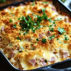 Für den Chicken Cordon Bleu Auflauf benötigen Sie folgende Zutaten: - 2 Tassen gekochtes Hähnchen, zerrupft - 1 Tasse Schinken, gewürfelt - 1 Tasse Schweizer Käse, gerieben - 1 Tasse Panko-Paniermehl - 1 Tasse Sahne - 1 Tasse Hühnerbrühe - 3 Esslöffel Dijon-Senf - 2 Esslöffel Olivenöl - 1 Teelöffel Knoblauchpulver - 1 Teelöffel Zwiebelpulver - ½ Teelöffel schwarzer Pfeffer - ½ Teelöffel Salz - Frische Petersilie, gehackt (zum Garnieren) Diese Zutaten ergeben eine köstliche Mischung. Das Hähnchen und der Schinken geben einen herzhaften Geschmack. Der Schweizer Käse sorgt für eine cremige Textur. Panko bringt die richtige Knusprigkeit. Um diesen Auflauf zuzubereiten, brauchen Sie ein paar wichtige Küchenutensilien: - Eine große Schüssel - Eine separate Schüssel für die Sahnemischung - Ein Schneebesen oder eine Gabel - Eine 9x13 Zoll große Auflaufform - Ein Spatel zum Servieren Diese Utensilien machen die Vorbereitung einfach und schnell. Halten Sie alles bereit, bevor Sie starten. Wenn Sie frische Zutaten auswählen, achten Sie auf folgende Punkte: - Wählen Sie frisches Hähnchen, das eine rosa Farbe hat. - Der Schinken sollte frisch und nicht trocken sein. - Der Käse sollte fest und nicht brüchig sein. - Überprüfen Sie die Panko-Paniermehlpackung auf Frische. Frische Zutaten machen den Auflauf leckerer. Sie bringen mehr Geschmack und eine bessere Textur in Ihr Gericht. Besuchen Sie auch [Full Recipe] für weitere Informationen. Zuerst heizen Sie den Ofen auf 190°C vor. Fetten Sie eine 9x13 Zoll große Auflaufform mit Kochspray oder Olivenöl ein. Das sorgt dafür, dass der Auflauf nicht anklebt. Bereiten Sie alle Zutaten vor, damit die Zubereitung schnell geht. Sie benötigen gekochtes Hähnchen, Schinken, Schweizer Käse, Panko-Paniermehl, Sahne und Hühnerbrühe. Stellen Sie auch die Gewürze bereit: Dijon-Senf, Knoblauchpulver, Zwiebelpulver, Pfeffer und Salz. In einer großen Schüssel vermengen Sie das zerrupfte Hähnchen, den gewürfelten Schinken und die Hälfte des Schweizer Käses. Rühren Sie alles gut um, damit sich die Zutaten verbinden. In einer separaten Schüssel verquirlen Sie die Sahne, die Hühnerbrühe, den Dijon-Senf, das Knoblauchpulver, das Zwiebelpulver, den Pfeffer und das Salz. Mischen Sie diese Zutaten, bis die Mischung glatt und einheitlich ist. Gießen Sie die Sahnemischung über die Hähnchen- und Schinkenmischung und rühren Sie erneut um. So sind alle Zutaten gut bedeckt. Übertragen Sie die gesamte Mischung in die vorbereitete Auflaufform und verteilen Sie sie gleichmäßig. In einer kleinen Schüssel vermischen Sie das Panko-Paniermehl mit Olivenöl. Streuen Sie die restlichen ½ Tasse Schweizer Käse über den Auflauf, gefolgt von der Paniermehlmischung. Backen Sie den Auflauf im vorgeheizten Ofen für 30-35 Minuten. Der Auflauf ist fertig, wenn die Oberseite goldbraun und sprudelnd ist. Lassen Sie ihn 5-10 Minuten abkühlen, bevor Sie ihn servieren. Garnieren Sie ihn mit frisch gehackter Petersilie. Für das gesamte Rezept schauen Sie sich [Full Recipe] an. Um die perfekte Kruste zu bekommen, arbeite mit Panko-Paniermehl. Panko macht die Kruste leicht und knusprig. Mische das Panko mit etwas Olivenöl, bevor du es auf den Auflauf streust. Das Öl hilft, dass die Kruste schön goldbraun wird. Achte darauf, dass du die Mischung gleichmäßig verteilst. So erhältst du einen gleichmäßig knusprigen Biss. Die Gewürze machen den Unterschied in diesem Gericht. Du kannst die Aromen nach deinem Geschmack ändern. Füge zum Beispiel Paprika für etwas Schärfe hinzu. Möchtest du es würziger? Probiere etwas Cayennepfeffer oder italienische Kräuter. Schmecke immer die Mischung ab, bevor du sie in den Auflauf gibst. Das gibt dir die Kontrolle über den Geschmack. Um Zeit zu sparen, bereite die Zutaten im Voraus vor. Koche das Hähnchen am Vortag oder kaufe bereits gekochtes Hähnchen. Das macht die Zubereitung einfach und schnell. Du kannst auch die Mischung für den Auflauf am Morgen machen. Lagere sie dann im Kühlschrank. So ist der Auflauf schnell fertig, wenn du nach Hause kommst. Für das vollständige Rezept, schau dir die [Full Recipe] an. {{image_4}} Wenn du eine vegetarische Variante von Chicken Cordon Bleu Casserole machen möchtest, probiere es mit Gemüse. Verwende anstelle von Hähnchen und Schinken gebratene Champignons und Spinat. Du kannst auch Zucchini oder Paprika hinzufügen. Diese Zutaten geben dem Auflauf frische Aromen. Nutze für den Käse eine Mischung aus Mozzarella und Cheddar. So wird der Auflauf cremig und lecker. Um den Auflauf kalorienärmer zu machen, ersetze die Sahne durch griechischen Joghurt oder fettarme Milch. Diese Optionen bieten einen ähnlichen Geschmack. Verwende mageren Schinken oder ganz auf Schinken verzichten. Reduziere den Käse auf eine halbe Tasse. So bleibt der Auflauf köstlich, aber gesünder. Um einen regionalen Touch hinzuzufügen, kannst du lokale Zutaten verwenden. In Bayern wäre eine Kombination aus Weisswurst und Brezenbröseln spannend. In den USA könntest du BBQ-Sauce für eine süßere Note verwenden. In Frankreich wäre es toll, Kräuter der Provence einzufügen. Diese Variationen geben dem Auflauf eine persönliche Note. Für das vollständige Rezept schaue dir den [Full Recipe] an. Nach dem Kochen lasse ich den Auflauf auf Zimmertemperatur abkühlen. Danach decke ich ihn gut ab. Du kannst ihn in einem luftdichten Behälter im Kühlschrank aufbewahren. Er bleibt so für etwa drei bis vier Tage frisch. Achte darauf, ihn gut zu kühlen, um das Wachstum von Bakterien zu vermeiden. Wenn du Reste hast, verwende sie für ein schnelles Mittagessen. Wenn ich den Auflauf länger aufbewahren möchte, friere ich ihn ein. Ich lasse ihn zuerst ganz abkühlen. Dann schneide ich ihn in Portionen. Jedes Stück wickele ich in Frischhaltefolie und lege es in einen Gefrierbeutel. So bleibt der Auflauf für bis zu drei Monate haltbar. Vergiss nicht, das Datum auf den Beutel zu schreiben, damit du den Überblick behältst. Um den Auflauf wieder aufzuwärmen, nehme ich ihn aus dem Kühlschrank oder Gefrierfach. Bei Raumtemperatur lasse ich ihn etwa 30 Minuten stehen. Dann heize ich den Ofen auf 175°C vor. Ich lege den Auflauf in eine Auflaufform und decke ihn mit Folie ab. So bleibt er saftig. Nach etwa 20-25 Minuten entferne ich die Folie, um die Oberseite knusprig zu machen. Wenn du den Auflauf aus dem Gefrierfach nimmst, backe ihn etwas länger. Achte darauf, dass er gut durchwärmt ist, bevor du ihn servierst. Ja, du kannst frisches Hähnchen verwenden. Koche es zuerst, damit es zart wird. Zerkleinere das gekochte Hähnchen und mische es mit Schinken und Käse. So bleibt das Gericht saftig und voller Geschmack. Der Auflauf bleibt im Kühlschrank etwa drei bis fünf Tage frisch. Achte darauf, ihn in einem luftdichten Behälter zu lagern. Du kannst ihn auch einfrieren, dann hält er bis zu drei Monate. Eine nicht knusprige Kruste kann an zu viel Flüssigkeit liegen. Achte darauf, die Sahne- und Brühe-Mischung gut zu dosieren. Backe den Auflauf auch lange genug, damit die Oberseite schön goldbraun wird. Ja, du kannst andere Käsesorten wie Cheddar oder Gouda nehmen. Diese Käsesorten schmelzen gut und geben einen anderen Geschmack. Experimentiere, um deine Lieblingskombination zu finden. Ja, du kannst glutenfreies Panko oder gemahlene Nüsse verwenden. Diese Alternativen geben dir eine ähnliche Knusprigkeit. Achte darauf, die anderen Zutaten ebenfalls glutenfrei zu wählen, um das Gericht komplett glutenfrei zu machen. Für das vollständige Rezept schaue dir die Käse Hähnchen Cordon Bleu Auflauf Anleitung an. Der Beitrag hat die wichtigsten Zutaten und Utensilien für deinen Auflauf erklärt. Ich habe dir Schritt für Schritt gezeigt, wie du vorgehst. Außerdem hast du Tipps zur perfekten Kruste und Variationen für andere Diäten erhalten. Zum Schluss habe ich dir hilfreiche Lagerungshinweise gegeben. Nutze diese Informationen, um den perfekten Auflauf zu zaubern. Mit frischen Zutaten und deinen persönlichen Anpassungen wird jedes Gericht ein Erfolg!
