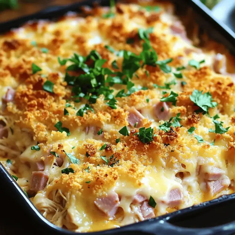 Für den Chicken Cordon Bleu Auflauf benötigen Sie folgende Zutaten: - 2 Tassen gekochtes Hähnchen, zerrupft - 1 Tasse Schinken, gewürfelt - 1 Tasse Schweizer Käse, gerieben - 1 Tasse Panko-Paniermehl - 1 Tasse Sahne - 1 Tasse Hühnerbrühe - 3 Esslöffel Dijon-Senf - 2 Esslöffel Olivenöl - 1 Teelöffel Knoblauchpulver - 1 Teelöffel Zwiebelpulver - ½ Teelöffel schwarzer Pfeffer - ½ Teelöffel Salz - Frische Petersilie, gehackt (zum Garnieren) Diese Zutaten ergeben eine köstliche Mischung. Das Hähnchen und der Schinken geben einen herzhaften Geschmack. Der Schweizer Käse sorgt für eine cremige Textur. Panko bringt die richtige Knusprigkeit. Um diesen Auflauf zuzubereiten, brauchen Sie ein paar wichtige Küchenutensilien: - Eine große Schüssel - Eine separate Schüssel für die Sahnemischung - Ein Schneebesen oder eine Gabel - Eine 9x13 Zoll große Auflaufform - Ein Spatel zum Servieren Diese Utensilien machen die Vorbereitung einfach und schnell. Halten Sie alles bereit, bevor Sie starten. Wenn Sie frische Zutaten auswählen, achten Sie auf folgende Punkte: - Wählen Sie frisches Hähnchen, das eine rosa Farbe hat. - Der Schinken sollte frisch und nicht trocken sein. - Der Käse sollte fest und nicht brüchig sein. - Überprüfen Sie die Panko-Paniermehlpackung auf Frische. Frische Zutaten machen den Auflauf leckerer. Sie bringen mehr Geschmack und eine bessere Textur in Ihr Gericht. Besuchen Sie auch [Full Recipe] für weitere Informationen. Zuerst heizen Sie den Ofen auf 190°C vor. Fetten Sie eine 9x13 Zoll große Auflaufform mit Kochspray oder Olivenöl ein. Das sorgt dafür, dass der Auflauf nicht anklebt. Bereiten Sie alle Zutaten vor, damit die Zubereitung schnell geht. Sie benötigen gekochtes Hähnchen, Schinken, Schweizer Käse, Panko-Paniermehl, Sahne und Hühnerbrühe. Stellen Sie auch die Gewürze bereit: Dijon-Senf, Knoblauchpulver, Zwiebelpulver, Pfeffer und Salz. In einer großen Schüssel vermengen Sie das zerrupfte Hähnchen, den gewürfelten Schinken und die Hälfte des Schweizer Käses. Rühren Sie alles gut um, damit sich die Zutaten verbinden. In einer separaten Schüssel verquirlen Sie die Sahne, die Hühnerbrühe, den Dijon-Senf, das Knoblauchpulver, das Zwiebelpulver, den Pfeffer und das Salz. Mischen Sie diese Zutaten, bis die Mischung glatt und einheitlich ist. Gießen Sie die Sahnemischung über die Hähnchen- und Schinkenmischung und rühren Sie erneut um. So sind alle Zutaten gut bedeckt. Übertragen Sie die gesamte Mischung in die vorbereitete Auflaufform und verteilen Sie sie gleichmäßig. In einer kleinen Schüssel vermischen Sie das Panko-Paniermehl mit Olivenöl. Streuen Sie die restlichen ½ Tasse Schweizer Käse über den Auflauf, gefolgt von der Paniermehlmischung. Backen Sie den Auflauf im vorgeheizten Ofen für 30-35 Minuten. Der Auflauf ist fertig, wenn die Oberseite goldbraun und sprudelnd ist. Lassen Sie ihn 5-10 Minuten abkühlen, bevor Sie ihn servieren. Garnieren Sie ihn mit frisch gehackter Petersilie. Für das gesamte Rezept schauen Sie sich [Full Recipe] an. Um die perfekte Kruste zu bekommen, arbeite mit Panko-Paniermehl. Panko macht die Kruste leicht und knusprig. Mische das Panko mit etwas Olivenöl, bevor du es auf den Auflauf streust. Das Öl hilft, dass die Kruste schön goldbraun wird. Achte darauf, dass du die Mischung gleichmäßig verteilst. So erhältst du einen gleichmäßig knusprigen Biss. Die Gewürze machen den Unterschied in diesem Gericht. Du kannst die Aromen nach deinem Geschmack ändern. Füge zum Beispiel Paprika für etwas Schärfe hinzu. Möchtest du es würziger? Probiere etwas Cayennepfeffer oder italienische Kräuter. Schmecke immer die Mischung ab, bevor du sie in den Auflauf gibst. Das gibt dir die Kontrolle über den Geschmack. Um Zeit zu sparen, bereite die Zutaten im Voraus vor. Koche das Hähnchen am Vortag oder kaufe bereits gekochtes Hähnchen. Das macht die Zubereitung einfach und schnell. Du kannst auch die Mischung für den Auflauf am Morgen machen. Lagere sie dann im Kühlschrank. So ist der Auflauf schnell fertig, wenn du nach Hause kommst. Für das vollständige Rezept, schau dir die [Full Recipe] an. {{image_4}} Wenn du eine vegetarische Variante von Chicken Cordon Bleu Casserole machen möchtest, probiere es mit Gemüse. Verwende anstelle von Hähnchen und Schinken gebratene Champignons und Spinat. Du kannst auch Zucchini oder Paprika hinzufügen. Diese Zutaten geben dem Auflauf frische Aromen. Nutze für den Käse eine Mischung aus Mozzarella und Cheddar. So wird der Auflauf cremig und lecker. Um den Auflauf kalorienärmer zu machen, ersetze die Sahne durch griechischen Joghurt oder fettarme Milch. Diese Optionen bieten einen ähnlichen Geschmack. Verwende mageren Schinken oder ganz auf Schinken verzichten. Reduziere den Käse auf eine halbe Tasse. So bleibt der Auflauf köstlich, aber gesünder. Um einen regionalen Touch hinzuzufügen, kannst du lokale Zutaten verwenden. In Bayern wäre eine Kombination aus Weisswurst und Brezenbröseln spannend. In den USA könntest du BBQ-Sauce für eine süßere Note verwenden. In Frankreich wäre es toll, Kräuter der Provence einzufügen. Diese Variationen geben dem Auflauf eine persönliche Note. Für das vollständige Rezept schaue dir den [Full Recipe] an. Nach dem Kochen lasse ich den Auflauf auf Zimmertemperatur abkühlen. Danach decke ich ihn gut ab. Du kannst ihn in einem luftdichten Behälter im Kühlschrank aufbewahren. Er bleibt so für etwa drei bis vier Tage frisch. Achte darauf, ihn gut zu kühlen, um das Wachstum von Bakterien zu vermeiden. Wenn du Reste hast, verwende sie für ein schnelles Mittagessen. Wenn ich den Auflauf länger aufbewahren möchte, friere ich ihn ein. Ich lasse ihn zuerst ganz abkühlen. Dann schneide ich ihn in Portionen. Jedes Stück wickele ich in Frischhaltefolie und lege es in einen Gefrierbeutel. So bleibt der Auflauf für bis zu drei Monate haltbar. Vergiss nicht, das Datum auf den Beutel zu schreiben, damit du den Überblick behältst. Um den Auflauf wieder aufzuwärmen, nehme ich ihn aus dem Kühlschrank oder Gefrierfach. Bei Raumtemperatur lasse ich ihn etwa 30 Minuten stehen. Dann heize ich den Ofen auf 175°C vor. Ich lege den Auflauf in eine Auflaufform und decke ihn mit Folie ab. So bleibt er saftig. Nach etwa 20-25 Minuten entferne ich die Folie, um die Oberseite knusprig zu machen. Wenn du den Auflauf aus dem Gefrierfach nimmst, backe ihn etwas länger. Achte darauf, dass er gut durchwärmt ist, bevor du ihn servierst. Ja, du kannst frisches Hähnchen verwenden. Koche es zuerst, damit es zart wird. Zerkleinere das gekochte Hähnchen und mische es mit Schinken und Käse. So bleibt das Gericht saftig und voller Geschmack. Der Auflauf bleibt im Kühlschrank etwa drei bis fünf Tage frisch. Achte darauf, ihn in einem luftdichten Behälter zu lagern. Du kannst ihn auch einfrieren, dann hält er bis zu drei Monate. Eine nicht knusprige Kruste kann an zu viel Flüssigkeit liegen. Achte darauf, die Sahne- und Brühe-Mischung gut zu dosieren. Backe den Auflauf auch lange genug, damit die Oberseite schön goldbraun wird. Ja, du kannst andere Käsesorten wie Cheddar oder Gouda nehmen. Diese Käsesorten schmelzen gut und geben einen anderen Geschmack. Experimentiere, um deine Lieblingskombination zu finden. Ja, du kannst glutenfreies Panko oder gemahlene Nüsse verwenden. Diese Alternativen geben dir eine ähnliche Knusprigkeit. Achte darauf, die anderen Zutaten ebenfalls glutenfrei zu wählen, um das Gericht komplett glutenfrei zu machen. Für das vollständige Rezept schaue dir die Käse Hähnchen Cordon Bleu Auflauf Anleitung an. Der Beitrag hat die wichtigsten Zutaten und Utensilien für deinen Auflauf erklärt. Ich habe dir Schritt für Schritt gezeigt, wie du vorgehst. Außerdem hast du Tipps zur perfekten Kruste und Variationen für andere Diäten erhalten. Zum Schluss habe ich dir hilfreiche Lagerungshinweise gegeben. Nutze diese Informationen, um den perfekten Auflauf zu zaubern. Mit frischen Zutaten und deinen persönlichen Anpassungen wird jedes Gericht ein Erfolg!
