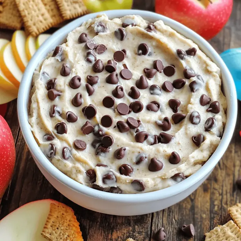 Um den unwiderstehlichen Chocolate Chip Cookie Dough Dip zuzubereiten, benötigen Sie folgende Zutaten: - 1 Tasse Allzweckmehl - ½ Tasse brauner Zucker, fest gepackt - ½ Tasse weißer Zucker - 1 Teelöffel Vanilleextrakt - ½ Tasse ungesalzene Butter, weich - 1 (225 g) Paket Frischkäse, weich - ½ Tasse Mini-Schokoladenstückchen - 2-3 Esslöffel Milch (nach Bedarf) - Eine Prise Salz Achten Sie darauf, die Butter und den Frischkäse gut weich zu machen. Das hilft, eine glatte Konsistenz zu erreichen. Ich rühre die Zutaten immer in einer großen Schüssel zusammen. So können sie sich gut vermischen. Verwenden Sie frisches Allzweckmehl, um den besten Geschmack zu bekommen. Rösten Sie das Mehl leicht, um den rohen Geschmack zu vermeiden. Falls jemand glutenfrei essen muss, können Sie glutenfreies Mehl verwenden. Für eine vegane Version können Sie die Butter durch pflanzliche Margarine ersetzen und Frischkäse durch veganen Frischkäse. Wenn Sie auf Zucker verzichten wollen, probieren Sie Süßstoffe wie Stevia oder Erythrit. So bleibt der Dip lecker und passt zu verschiedenen Diäten. Um den Schokoladenstückchen Keksteig-Dip zu machen, brauchst du folgende Schritte: 1. In einer mittelgroßen Schüssel vermischst du die weiche Butter und den Frischkäse. Nutze einen Handmixer oder eine Küchenmaschine. Schlage die Mischung, bis sie glatt und cremig ist. 2. Füge dann langsam den braunen und weißen Zucker hinzu. Schlage weiter, bis alles gut vermengt ist und die Masse luftig wirkt. 3. Rühre den Vanilleextrakt und eine Prise Salz unter. Achte darauf, alles gründlich zu vermischen. 4. In einer separaten Pfanne röste das Allzweckmehl bei mittlerer Hitze. Rühre es etwa 5 Minuten lang. So wird der rohe Mehlgeschmack gemildert. Lass es danach etwas abkühlen. 5. Hebe das abgekühlte Mehl vorsichtig unter die Frischkäsemischung. Achte darauf, dass alles gut vermischt ist. 6. Jetzt kommen die Mini-Schokoladenstückchen dazu. Rühre sie ein, bis sie gleichmäßig verteilt sind. 7. Wenn der Dip zu dick ist, füge schrittweise 2-3 Esslöffel Milch hinzu. Rühre weiter, bis die Konsistenz deinem Wunsch entspricht. 8. Fülle den Dip in eine Servierschüssel um. Lass ihn mindestens 30 Minuten im Kühlschrank, damit sich die Aromen entfalten können. Beim Mischen der Zutaten ist es wichtig, dass du die richtige Reihenfolge einhältst. Beginne immer mit der Butter und dem Frischkäse. Das hilft, eine cremige Basis zu schaffen. Wenn du die Zucker hinzufügst, schlage die Mischung gut. So wird der Dip luftig und leicht. Verwende einen Handmixer oder eine Küchenmaschine. So erreichst du eine gleichmäßige Konsistenz. Wenn du die Schokoladenstückchen hinzufügst, mische sie vorsichtig unter. So bleiben sie ganz und verleihen dem Dip einen tollen Crunch. Das Abkühlen des Mehls ist ein wichtiger Schritt. Wenn du das Mehl in der Pfanne röstest, wird der rohe Geschmack entfernt. Das macht den Dip schmackhafter. Ein warmes Mehl kann auch die Konsistenz des Dips verändern. Wenn das Mehl zu warm ist, kann der Dip dünnflüssig werden. Lass das Mehl nach dem Rösten etwas abkühlen, bevor du es hinzufügst. So bleibt die Textur des Dips perfekt. Wenn du diesen Schritt vergisst, kann das den gesamten Dip beeinträchtigen. Ein häufiger Fehler ist, das Mehl nicht zu rösten. Das kann zu einem rohen Geschmack führen. Rösten hilft, den Geschmack zu verbessern. Auch sollte die Butter weich sein, nicht geschmolzen. Das sorgt für die richtige Konsistenz. Wenn die Mischung zu dick ist, füge schrittweise Milch hinzu. So erreichst du die perfekte Cremigkeit. Du kannst den Dip leicht variieren. Für einen Nuss-Dip füge gehackte Nüsse hinzu. Mandeln oder Walnüsse passen gut. Wenn du glutenfrei bist, verwende glutenfreies Mehl. Das schmeckt ebenso köstlich! Du kannst auch andere Schokoladensorten verwenden. Dunkle Schokolade gibt einen intensiveren Geschmack. Dieser Dip ist nicht nur zum Naschen. Verwende ihn als Füllung für Kuchen oder Torten. Du kannst auch kleine Portionen in Desserts geben. Serviere ihn zu frischen Früchten. Apfelscheiben oder Bananen passen perfekt! Probiere ihn auch auf Pancakes oder Waffeln. Der Dip macht jedes Frühstück besonders. Für das volle Rezept schau dir das [Full Recipe] an. {{image_4}} Dieser Chocolate Chip Cookie Dough Dip schmeckt toll mit vielen Snacks. Ich empfehle, ihn mit Graham Crackers zu servieren. Sie geben einen süßen Crunch. Auch Apfelscheiben passen gut dazu. Ihre Frische ergänzt den süßen Dip. Brezeln bieten einen salzigen Kontrast. Für Schokoladenliebhaber sind Schokoladenwafer-Kekse eine tolle Wahl. Die Kombination macht jeden Bissen spannend. Wenn du diesen Dip für eine Feier machst, präsentiere ihn schön. Nutze eine große Schüssel oder ein dekoratives Glas. Du kannst den Dip mit extra Mini-Schokoladenstückchen garnieren. Dies sieht nicht nur gut aus, sondern macht ihn auch noch leckerer. Stelle ein paar schöne Servierplatten bereit. So können deine Gäste selbst wählen, was sie dippen möchten. Dieser Dip passt gut zu vielen Getränken. Ein kaltes Glas Milch ist immer eine gute Wahl. Es ergänzt die Süße des Dips. Auch heiße Schokolade kann hier gut harmonieren. Für einen erwachsenen Twist, probiere einen süßen Dessertwein. Dieser Dip ist ein Hit zu vielen Anlässen. Du wirst sehen, wie schnell er verschwindet! Um deinen Chocolate Chip Cookie Dough Dip frisch zu halten, lagere ihn im Kühlschrank. Nutze dafür einen luftdichten Behälter. So bleibt der Dip kühl und lecker. Ich empfehle, ihn gleich nach dem Servieren einzupacken. Dadurch vermeidest du, dass er austrocknet oder Gerüche annimmt. Wenn du den Dip richtig lagerst, bleibt er etwa 5 bis 7 Tage frisch. Achte darauf, vor dem Verzehr zu prüfen, ob er noch gut riecht und aussieht. Falls er etwas fest geworden ist, kannst du ihn einfach mit einem Löffel leicht auflockern oder etwas Milch hinzufügen. So bleibt die Konsistenz schön cremig. Du musst diesen Dip nicht aufwärmen, da er kalt serviert wird. Wenn du jedoch etwas Abwechslung möchtest, kannst du neue Zutaten hinzufügen. Probiere es mit mehr Schokoladenstückchen oder ein paar Nüssen. Das gibt dem Dip eine neue Textur und einen besonderen Geschmack. Bei Bedarf kannst du auch einen Schuss Vanilleextrakt hinzufügen, um den Geschmack zu intensivieren. Der Schokoladenstückchen Keksteig-Dip hält sich gut im Kühlschrank. Du kannst ihn bis zu fünf Tage aufbewahren. Achte darauf, ihn in einem luftdichten Behälter zu lagern. So bleibt er frisch und lecker. Wenn du ihn länger aufbewahren möchtest, kannst du ihn auch einfrieren. In diesem Fall hält er bis zu drei Monate. Ja, du kannst den Dip im Voraus zubereiten. Das ist eine großartige Idee, wenn du Gäste erwartest. Du kannst ihn bis zu zwei Tage vorher machen. Stelle sicher, dass du ihn gut abdeckst und im Kühlschrank lagerst. So haben die Aromen Zeit, sich zu entfalten. Das macht den Dip sogar noch besser! Ja, dieser Dip ist sicher für Kinder. Alle Zutaten sind unbedenklich und lecker. Achte aber darauf, dass du das Mehl vor der Verwendung röstest. Das entfernt den rohen Geschmack und macht es sicher. Wenn du Bedenken hast, kannst du auch glutenfreies Mehl verwenden. So genießen alle den Dip ganz ohne Sorgen! Dieser Artikel hat Ihnen die nötigen Zutaten, die Zubereitung und Tipps gegeben. Sie wissen nun, wie Sie den Dip richtig anmachen und welche Fehler zu vermeiden sind. Denken Sie daran, dass Varianten und Präsentationen das Essen besser machen. Lagern Sie den Dip richtig für eine längere Haltbarkeit. Der Dip lässt sich auch gut im Voraus zubereiten. Ich hoffe, diese Informationen helfen Ihnen weiter. Viel Spaß beim Ausprobieren!