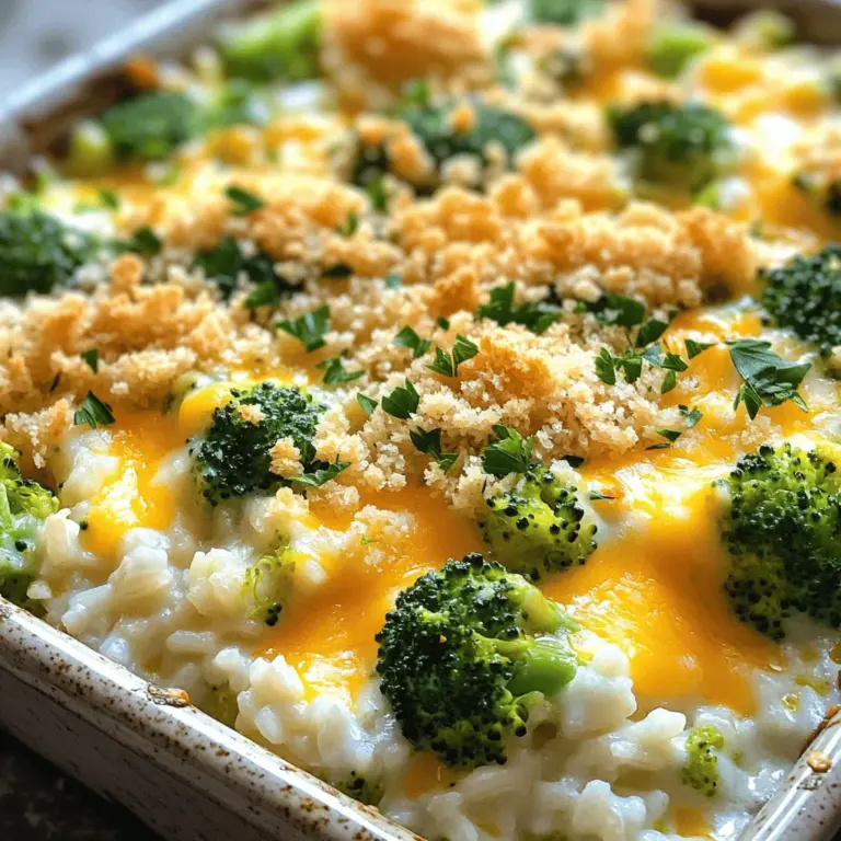 - 2 Tassen gekochter Reis - 2 Tassen Brokkoliröschen - 1 Tasse geriebener Cheddar-Käse - 1 Tasse Champignon-Cremesuppe - 1 Tasse Milch - 1 kleine Zwiebel, fein gehackt - 2 Knoblauchzehen, zerdrückt - 1/2 Teelöffel Salz, Pfeffer und Paprika - 1/2 Tasse Semmelbrösel Für meinen Käse-Brokkoli-Reisauflauf nutze ich frische und einfache Zutaten. Zuerst kommen die Hauptzutaten. Gekochter Reis bildet die Basis. Ich bevorzuge weißen oder braunen Reis. Dann kommen die Brokkoliröschen. Sie sind frisch und knackig, ein echter Genuss. Der Cheddar-Käse bringt den leckeren Käsegeschmack. Zusätzlich benötige ich die weiteren Zutaten. Champignon-Cremesuppe gibt dem Auflauf eine cremige Textur. Milch sorgt für mehr Feuchtigkeit. Eine kleine Zwiebel, fein gehackt, bringt einen tollen Geschmack. Die Gewürze und Toppings sind wichtig. Zerdrückter Knoblauch gibt ein tolles Aroma. Salz, Pfeffer und Paprika bringen die perfekte Würze. Semmelbrösel sorgen für eine knusprige Oberfläche. Schau dir das vollständige Rezept an, um den Auflauf selbst zu machen! Um den Brokkoli vorzubereiten, haben Sie zwei Optionen. Wenn Sie frischen Brokkoli verwenden, dämpfen Sie die Röschen. Dämpfen Sie sie für etwa 3-4 Minuten. Der Brokkoli sollte leicht zart, aber noch knackig sein. Dies behält den frischen Geschmack und die Nährstoffe. Wenn Sie gefrorenen Brokkoli nutzen, tauen Sie ihn auf. Lassen Sie ihn gut abtropfen. So vermeiden Sie, dass der Auflauf zu nass wird. Ein gut abgetropfter Brokkoli ist wichtig für die Konsistenz des Gerichts. Jetzt kommt der spannende Teil! Erhitzen Sie einen Esslöffel Olivenöl in einer Pfanne. Nutzen Sie mittlere Hitze, damit die Zwiebeln und der Knoblauch nicht verbrennen. Fügen Sie die fein gehackte Zwiebel hinzu und braten Sie sie an. Nach etwa 3 Minuten sollte die Zwiebel durchsichtig werden. Dann kommt der zerdrückte Knoblauch dazu. Rühren Sie alles gut um. Der Duft wird köstlich sein! In einer großen Schüssel mischen Sie die Hauptzutaten. Geben Sie den gekochten Reis, den gedämpften Brokkoli und die angebratene Zwiebel mit dem Knoblauch hinein. Fügen Sie die Champignon-Cremesuppe und die Milch hinzu. Streuen Sie auch die Hälfte des geriebenen Cheddar-Käses dazu. Würzen Sie mit Salz, Pfeffer und Paprika. Rühren Sie alles gut um, bis es gleichmäßig vermischt ist. Jetzt füllen Sie die Mischung in eine gefettete Auflaufform. Achten Sie darauf, dass alles gleichmäßig verteilt ist. Streuen Sie dann den restlichen Cheddar-Käse oben drauf. In einer kleinen Schüssel mischen Sie die Semmelbrösel mit geschmolzener Butter oder Olivenöl. Verteilen Sie diese Mischung gleichmäßig über den Käse. Stellen Sie die Auflaufform in den vorgeheizten Ofen. Backen Sie den Auflauf für 25-30 Minuten. Er ist fertig, wenn die Oberfläche sprudelnd und goldbraun ist. Genießen Sie das köstliche Ergebnis Ihres Käse-Brokkoli-Reisauflaufs! Für die genaue Zubereitung, schauen Sie sich das Full Recipe an. Um den perfekten Käse-Brokkoli-Reisauflauf zu machen, ist die Cremigkeit wichtig. Verwende Sahne statt Milch. Sahne macht das Gericht reichhaltiger und cremiger. Es gibt dem Auflauf eine tolle Textur. Die Käseauswahl spielt auch eine große Rolle. Wähle hochwertigen Cheddar-Käse. Er schmilzt gut und bringt viel Geschmack. Du kannst auch andere Käsesorten wie Gouda oder Mozzarella hinzufügen. Diese Käse sorgen für einen anderen Geschmack und machen den Auflauf noch leckerer. Serviere den Auflauf direkt in der Auflaufform. Das sieht rustikal und einladend aus. Du kannst auch einzelne Portionen in Schalen schöpfen. Das macht das Essen noch schöner. Garnieren ist ebenfalls wichtig. Verwende frische, gehackte Petersilie für einen schönen Akzent. Die grüne Farbe bringt Frische und macht das Gericht noch appetitlicher. Denk an Beilagen, die gut zum Auflauf passen. Ein frischer Salat oder knuspriges Brot sind tolle Optionen. Sie ergänzen die Cremigkeit des Auflaufs. Wenn du Zeit sparen möchtest, bereite die Zutaten im Voraus vor. Du kannst den Auflauf einen Tag vorher zubereiten. Lege ihn einfach in den Kühlschrank. Am nächsten Tag backst du ihn frisch. So hast du mehr Zeit für deine Gäste. {{image_4}} Eine köstliche vegetarische Variante ist einfach. Du kannst Tofu hinzufügen oder mehr Gemüse nutzen, wie Karotten oder Erbsen. Wenn du die Champignon-Cremesuppe ersetzen möchtest, wähle eine pflanzliche Variante. So bleibt der Auflauf leicht und lecker. Diese Änderungen machen dein Gericht bunt und nährstoffreich. Für glutenfreie Optionen nutze glutenfreie Semmelbrösel. Diese sind in vielen Läden erhältlich und machen deinen Auflauf knusprig. Wenn du die Cremesuppe ersetzen willst, probiere eine glutenfreie Suppe oder eine einfache weiße Sauce aus. Das macht den Auflauf gesund und für alle geeignet. Wenn du mehr Protein möchtest, füge Hähnchen oder Schinken hinzu. Diese Zutaten machen den Auflauf sättigender. Du kannst auch edamame oder Kichererbsen verwenden. Diese Bohnen sind reich an Eiweiß und passen gut zu Brokkoli. Sie geben dem Auflauf eine extra Portion Nährstoffe und einen tollen Geschmack. Für das vollständige Rezept schau dir das Rezept für Käse-Brokkoli-Reisauflauf an. Um den Käse-Brokkoli-Reisauflauf richtig zu lagern, lassen Sie ihn zuerst abkühlen. Decken Sie die Auflaufform mit Frischhaltefolie oder Aluminiumfolie ab. Alternativ können Sie den Auflauf in einen luftdichten Behälter umfüllen. Im Kühlschrank bleibt der Auflauf bis zu fünf Tage frisch. Achten Sie darauf, dass die Temperatur konstant bleibt. Für das Einfrieren von Resten lassen Sie den Auflauf zuerst abkühlen. Schneiden Sie ihn in Portionen, um das Einfrieren zu erleichtern. Wickeln Sie jede Portion in Frischhaltefolie und legen Sie sie dann in einen Gefrierbeutel. So hält der Auflauf bis zu drei Monate. Zum Auftauen legen Sie den gefrorenen Auflauf einfach über Nacht in den Kühlschrank. Alternativ können Sie die Portionen direkt in der Mikrowelle auftauen. Die besten Methoden zur Erwärmung sind der Ofen oder die Mikrowelle. Im Ofen heizen Sie ihn bei 175°C für etwa 20 Minuten auf. Decken Sie ihn mit Folie ab, um Austrocknung zu vermeiden. In der Mikrowelle erwärmen Sie ihn in kurzen Intervallen von 1-2 Minuten. Rühren Sie zwischendurch um, damit die Hitze gleichmäßig verteilt wird. Fügen Sie bei Bedarf einen Spritzer Milch hinzu, um die Cremigkeit zu erhalten. Der Käse-Brokkoli-Reisauflauf hält sich gut im Kühlschrank. Du kannst ihn dort bis zu fünf Tage aufbewahren. Achte darauf, ihn in einem luftdichten Behälter zu lagern. Wenn du ihn länger aufbewahren möchtest, kannst du ihn einfrieren. Im Gefrierschrank hält er bis zu drei Monate. Stelle sicher, dass er gut verpackt ist, um Gefrierbrand zu vermeiden. Zu diesem Auflauf passen viele Beilagen gut. Ich empfehle einen frischen grünen Salat. Ein einfacher Rucola- oder Spinatsalat mit einem leichten Dressing ist perfekt. Auch ein Tomatensalat mit Feta schmeckt toll dazu. Wenn du etwas Herzhaftes möchtest, sind knusprige Brötchen eine gute Wahl. Ja, du kannst die Zubereitung im Voraus machen. Du kannst den Auflauf am Abend vorher zubereiten und im Kühlschrank lagern. Backe ihn dann einfach, wenn du bereit bist zu essen. Wenn du ihn einfrierst, bereite ihn bis zum Backen vor. Decke die Auflaufform gut ab und friere sie ein. Du kannst ihn dann direkt aus dem Gefrierfach backen. Achte darauf, die Backzeit anzupassen. Zusammengefasst haben wir leckere und gesunde Zutaten für den Käse-Brokkoli-Reisauflauf erkundet. Ich habe Ihnen Schritt für Schritt gezeigt, wie Sie den Auflauf zubereiten und welche Tipps Ihnen helfen können, ihn perfekt zu machen. Denken Sie daran, dass Variationen diesen Auflauf anpassbar machen. Ob vegetarisch oder glutenfrei, der Auflauf passt immer. Lagern Sie die Reste richtig für spätere Mahlzeiten. Probieren Sie es aus, und genießen Sie diesen einfachen, doch schmackhaften Auflauf!