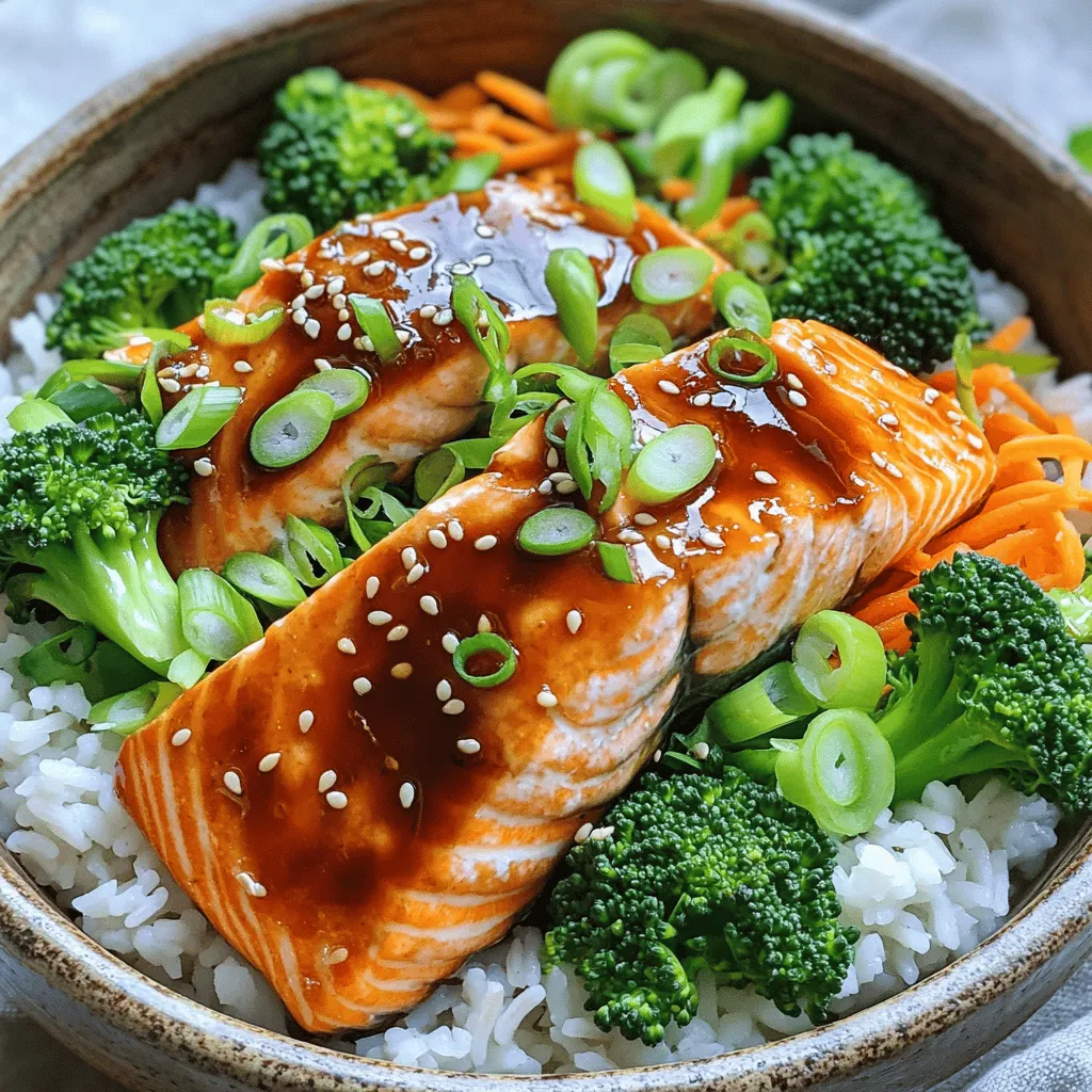 - 2 Lachsfilets - 60 ml Teriyaki-Sauce - 250 g gekochter Jasminreis - 150 g gedämpfte Brokkoliröschen - 75 g geraspelte Karotten - 60 g geschnittene Frühlingszwiebeln - 1 Esslöffel Sesamsamen Die Hauptzutaten sind frisch und gesund. Der Lachs bringt viel Protein und gesunde Fette. Die Teriyaki-Sauce fügt einen süßen und salzigen Geschmack hinzu. Jasminreis bietet eine aromatische Basis für die Bowl. Brokkoli und Karotten sind bunt und nährstoffreich. Frühlingszwiebeln und Sesamsamen geben den letzten Schliff. - 1 Esslöffel Olivenöl - Salz und Pfeffer nach Geschmack Die Gewürze sind einfach. Olivenöl hilft, den Lachs zart zu halten. Salz und Pfeffer bringen den Geschmack der Zutaten hervor. Sie können die Menge nach Ihrem Geschmack anpassen. - Kalorien, Proteine und Kohlenhydrate: - Lachs hat viele Proteine und gesunde Fette. - Jasminreis liefert Kohlenhydrate für Energie. - Das Gemüse hat wenig Kalorien und viele Vitamine. - Vitamine und Mineralien der verwendeten Zutaten: - Brokkoli ist reich an Vitamin C und K. - Karotten enthalten viel Vitamin A. - Frühlingszwiebeln sind gut für das Immunsystem. Diese Bowl ist nicht nur lecker, sondern auch nahrhaft. Sie ist eine gute Wahl für eine gesunde Mahlzeit. Wenn Sie mehr wissen möchten, schauen Sie sich das [Full Recipe] an! - Heize den Ofen auf 200°C vor. - Du brauchst 15 Minuten für die Vorbereitung. - Würze die Lachsfilets mit Salz und Pfeffer. - Gieße die Teriyaki-Sauce gleichmäßig über die Filets. - Lass den Lachs 15 Minuten marinieren. - Backe den Lachs im Ofen für 12-15 Minuten. - Achte darauf, dass er leicht mit einer Gabel zerfällt. - Nimm eine Schüssel und gib eine Portion Jasminreis hinein. - Arrangiere die gedämpften Brokkoliröschen und Karotten rund um den Reis. - Lege den gebackenen Lachs vorsichtig auf das Gemüse. - Träufle etwas von der Teriyaki-Sauce darüber. - Garniere die Bowls mit geschnittenen Frühlingszwiebeln und Sesamsamen. Jetzt ist deine Teriyaki-Lachs-Bowl bereit. Sie sieht toll aus und schmeckt lecker! Du kannst das [Full Recipe] für weitere Details nutzen. Um perfekten Lachs zu garen, heize den Ofen auf 200°C vor. Lege die Lachsfilets auf ein Backblech mit Backpapier. Würze sie leicht mit Salz und Pfeffer. Gieße dann die Teriyaki-Sauce gleichmäßig über die Filets. Lass sie für 15 Minuten marinieren. So zieht der Geschmack besser ein. Backe den Lachs für 12 bis 15 Minuten. Wenn er sich leicht mit einer Gabel zerteilen lässt, ist er perfekt. Zusätzliche Mariniermethoden geben mehr Geschmack. Du kannst auch Sojasauce oder Honig dazugeben. Ein Spritzer Limettensaft bringt frische Aromen. Jasminreis ist die klassische Wahl für die Teriyaki-Bowl. Du kannst aber auch Quinoa oder braunen Reis verwenden. Diese Alternativen sind nahrhaft und lecker. Quinoa hat mehr Proteine, während brauner Reis voller Ballaststoffe ist. Für vegane Optionen ist Blumenkohlreis eine gute Wahl. Er ist leicht und gesund. Du kannst ihn einfach selber machen, indem du Blumenkohl pürierst. Eine selbstgemachte Teriyaki-Sauce schmeckt frisch und ist einfach zu machen. Mische Sojasauce, Honig, Knoblauch und Ingwer für den perfekten Mix. Du kannst die Süße und Würze anpassen. Wenn du es süßer magst, füge mehr Honig hinzu. Für mehr Schärfe ist frischer Ingwer eine tolle Idee. Für die Teriyaki-Bowl verwende die Sauce großzügig. Sie gibt dem Gericht den besonderen Geschmack. Probiere verschiedene Variationen aus, um deinen Favoriten zu finden. {{image_4}} Du kannst die Teriyaki Lachs-Bowl leicht anpassen. Füge Spinat oder Zucchini hinzu. Diese Gemüsesorten bringen frische Farben und Texturen. Du kannst auch Paprika oder Erbsen verwenden. Mehr Farben machen das Essen schöner und schmackhafter. Wenn du keinen Lachs magst, gibt es viele Alternativen. Hühnchen ist eine tolle Wahl. Du kannst auch Tofu oder Garnelen verwenden. Jedes Protein hat seinen eigenen Geschmack und Textur. Für die Zubereitung kannst du die gleichen Schritte wie beim Lachs verwenden. Marinieren, backen oder braten – die Optionen sind vielfältig. Willst du eine Low-Carb-Option? Nutze Blumenkohlreis statt Jasminreis. Das reduziert die Kohlenhydrate und bleibt lecker. Glutenfreie Alternativen sind auch möglich. Achte darauf, glutenfreie Teriyaki-Sauce zu wählen. So kannst du die Bowl genießen, ohne auf deinen Diätplan zu achten. Wenn du Reste deiner Teriyaki Lachs-Bowl hast, bewahre sie gut auf. Du kannst die Reste im Kühlschrank lagern. Achte darauf, sie in einem geeigneten Behälter zu verstauen. Ein luftdichter Behälter ist perfekt. So bleiben die Aromen frisch. Du solltest die Reste innerhalb von 2-3 Tagen essen. Nach dieser Zeit kann der Lachs trocken werden. Wenn du die Bowl länger aufbewahren möchtest, kannst du sie einfrieren. Teile die Bowl in Portionsgrößen auf. Verwende gefriergeeignete Behälter oder Beutel. Achte darauf, die Luft gut herauszudrücken. So bleibt der Geschmack erhalten. Zum Auftauen lege die Portion einfach in den Kühlschrank. Das dauert einige Stunden. Du kannst sie auch in der Mikrowelle auftauen. Erwärme die Bowl vorsichtig, um die Zutaten nicht zu überkochen. Die Reste deiner Teriyaki Lachs-Bowl sind vielseitig einsetzbar. Du kannst sie in einem Wrap verwenden. Füge etwas frisches Gemüse und Sauce hinzu. Ein Salat mit den Resten ist ebenfalls eine gute Idee. Du kannst die Zutaten auch in einer Omelette verwenden. Das gibt dir ein schnelles und leckeres Frühstück. Mit diesen kreativen Ideen vermeidest du Verschwendung und genießt leckere neue Gerichte. Den Lachs backen Sie bei 200°C. Die optimale Backzeit liegt zwischen 12 und 15 Minuten. Der Lachs ist fertig, wenn er sich leicht mit einer Gabel zerteilen lässt. Überprüfen Sie den Lachs nach 12 Minuten. So stellen Sie sicher, dass er saftig bleibt. Ja, die Teriyaki-Sauce können Sie leicht selbst machen. Mischen Sie einfach Sojasauce, Honig, Knoblauch und Ingwer. Kochen Sie die Mischung kurz. Lassen Sie die Sauce dann etwas einkochen, bis sie dicker wird. Passen Sie die Süße nach Ihrem Geschmack an. So haben Sie eine frische und leckere Sauce. Ja, die Teriyaki Lachs-Bowl ist eine gesunde Wahl. Lachs enthält Omega-3-Fette, die gut für das Herz sind. Brokkoli und Karotten liefern wichtige Vitamine. Jasminreis gibt Ihnen Energie, während die Sauce Geschmack hinzufügt. Insgesamt bietet die Bowl eine ausgewogene Mischung aus Nährstoffen und ist leicht verdaulich. Die Teriyaki Lachs-Bowl ist einfach zuzubereiten und super lecker. Wir haben die Hauptzutaten wie Lachs, Teriyaki-Sauce und frisches Gemüse besprochen. Mit hilfreichen Tipps zur Zubereitung und Variationen kannst du die Bowl anpassen. Du kannst die Reste sicher aufbewahren oder kreativ wiederverwenden. Probiere die Alternativen für eine besondere Note. Diese Bowl ist nicht nur köstlich, sondern auch gesund. Bereite sie für dein nächstes Essen zu und genieße die Vielfalt!