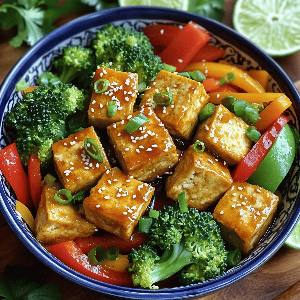 - Fester Tofu: 1 Block (400 g), gepresst und gewürfelt - Gemüse: 1 Paprika, 1 Tasse Brokkoli-Röschen, 1 Karotte, 3 Frühlingszwiebeln - Aromastoffe: 3 Knoblauchzehen, 1 Esslöffel Ingwer - Sojasauce: 3 Esslöffel (oder Tamari für glutenfrei) - Sesamöl: 1 Esslöffel - Honig oder Ahornsirup: 1 Esslöffel - Reisessig: 1 Esslöffel - Speisestärke: 2 Esslöffel - Pflanzenöl: 2 Esslöffel - Sesamsamen zum Garnieren Um das Gericht richtig zuzubereiten, benötigst du frische Zutaten. Fester Tofu ist der Star in diesem Rezept. Der gepresste Tofu wird knusprig und hat eine tolle Textur. Das Gemüse sorgt für Farbe und Geschmack. Die Paprika, Brokkoli und Karotte sind gesund und lecker. Frühlingszwiebeln bringen einen frischen Biss. Die Aromastoffe wie Knoblauch und Ingwer sind wichtig für den Geschmack. Sie geben dem Gericht Tiefe und Aroma. Die Sojasauce ist die Hauptsauce. Sie bringt Umami und Salz. Sesamöl fügt einen nussigen Geschmack hinzu. Honig oder Ahornsirup bringt eine süße Note. Der Reisessig gibt eine leichte Säure. Die Speisestärke hilft, den Tofu knusprig zu machen. Sie bildet eine schöne Schicht, die beim Braten knusprig wird. Pflanzenöl ist für das Braten wichtig. Es sorgt dafür, dass alles gleichmäßig gart. Sesamsamen sind der perfekte Abschluss. Sie fügen einen schönen Crunch hinzu. Wenn du mehr über die Zubereitung erfahren möchtest, schau dir das [Full Recipe] an. - Tofu pressen: Wickeln Sie den Tofu in ein Handtuch. Legen Sie ein schweres Objekt darauf. Lassen Sie ihn 15-20 Minuten stehen. Dies entfernt die Feuchtigkeit. - Tofu würfeln: Schneiden Sie den gepressten Tofu in 2,5 cm große Stücke. Dadurch wird er gleichmäßig knusprig. - Tofu in Speisestärke wenden: Geben Sie die Tofu-Würfel in eine Schüssel. Fügen Sie die Speisestärke hinzu und mischen Sie gut. Jeder Würfel sollte gleichmäßig beschichtet sein. Dies hilft für die knusprige Textur. - Erhitzen des Öls: Nehmen Sie eine große Pfanne oder einen Wok. Erhitzen Sie das Pflanzenöl bei mittlerer Hitze. Sobald das Öl heiß ist, fügen Sie die Tofu-Würfel hinzu. Achten Sie darauf, die Pfanne nicht zu überfüllen. Braten Sie sie etwa 4-5 Minuten auf jeder Seite. Sie sollten goldbraun und knusprig sein. - Braten des Gemüses: Nehmen Sie den Tofu aus der Pfanne und stellen Sie ihn beiseite. Fügen Sie jetzt die geschnittene Paprika, Brokkoli-Röschen und Karottenscheiben hinzu. Braten Sie das Gemüse 4-5 Minuten lang. Es sollte zart und knackig sein. - Aromen entfalten: Fügen Sie den gehackten Knoblauch und den geriebenen Ingwer hinzu. Braten Sie für weitere 1 Minute, bis die Aromen sich entfalten. Für die vollständige Anleitung und das Rezept, schauen Sie sich das [Full Recipe] an. - Richtig pressen: Drücke den Tofu gut, um Wasser zu entfernen. Nutze ein Handtuch und ein schweres Objekt. So wird dein Tofu nicht matschig. - Atmungsaktive Schicht: Bedecke den Tofu mit Speisestärke. Dies hilft, eine knusprige Hülle beim Braten zu bilden. Die Stärke zieht die Feuchtigkeit heraus und macht den Tofu goldbraun. - Schonende Zubereitung: Brate das Gemüse nicht zu lange. Halte es zart und knackig. So bleibt der frische Geschmack erhalten. - Timing: Achte darauf, dass das Gemüse und der Tofu zur gleichen Zeit gar sind. Beginne mit dem Tofu und füge das Gemüse später hinzu. Damit alles gleichmäßig gart, ist gutes Timing wichtig. - Servierschalen: Wähle schöne Schalen für das Gericht. Eine ansprechende Präsentation macht das Essen noch schöner. - Zusätzliche Akzente: Garniere mit Limetten- oder Zitronenscheiben. Diese frischen Akzente geben dem Gericht einen tollen Kick. Hier findest du das [Full Recipe] für den Crispy Tofu Stir-Fry. {{image_4}} Um dein Crispy Tofu Stir-Fry zu variieren, kannst du verschiedene Gemüsearten verwenden. Brokkoli, Paprika und Karotten sind großartig, aber auch Zucchini, Erbsen oder Pilze passen gut. Probiere aus, was dir am besten gefällt. Wenn du glutenfrei kochen möchtest, ersetze die Sojasauce durch Tamari. Tamari hat einen ähnlichen Geschmack und ist perfekt für glutenfreie Gerichte. Für mehr Eiweiß kannst du Nüsse oder Samen hinzufügen. Mandeln oder Kürbiskerne sind tolle Optionen. Sie geben deinem Gericht einen knackigen Biss. Quinoa ist auch eine nahrhafte Beilage zum Stir-Fry. Sie ist reich an Proteinen und Ballaststoffen. Koche die Quinoa einfach nach Anleitung und serviere sie neben deinem Tofu. Wenn du es schärfer magst, füge Chilis oder Sriracha hinzu. Diese bringen eine angenehme Schärfe ins Gericht. Du kannst sie beim Braten des Gemüses hinzufügen. Experimentiere auch mit frischen Kräutern wie Koriander oder Basilikum. Diese geben deinem Stir-Fry zusätzlichen Geschmack und Frische. Nutze die Vielfalt der Kräuter, um dein Gericht zu beleben. Wenn Sie Reste haben, bewahren Sie diese in luftdichten Behältern auf. So bleibt der Tofu frisch. Die Haltbarkeit beträgt 3-4 Tage im Kühlschrank. Achten Sie darauf, dass der Behälter gut verschlossen ist. Dadurch halten die Aromen länger an. Um Ihre Reste aufzuwärmen, nutzen Sie die Mikrowelle oder eine Pfanne. Beide Methoden sorgen für eine gleichmäßige Erwärmung. Wenn Sie die Knusprigkeit des Tofus bewahren möchten, backen Sie ihn im Ofen auf. Legen Sie ihn auf ein Backblech und erhitzen Sie ihn bei 180 Grad für etwa 10 Minuten. So wird er wieder schön knusprig. Für schnelles Kochen können Sie den Tofu vorkochen. Dies ist ideal für Meal Prep. Schneiden Sie auch das Gemüse im Voraus. So haben Sie alles bereit, um Ihr Crispy Tofu Stir-Fry schnell zuzubereiten. Dies spart Zeit und macht das Kochen viel einfacher. Um Tofu knusprig zu machen, sind ein paar Schritte wichtig. Zuerst drücken Sie den Tofu gut. Wickeln Sie ihn in ein Handtuch und legen Sie ein schweres Objekt darauf. Lassen Sie ihn 15 bis 20 Minuten pressen. Dies entfernt die Feuchtigkeit. Der nächste Schritt ist die Speisestärke. Tauchen Sie die Tofu-Würfel in Speisestärke. So wird die Oberfläche knusprig beim Braten. Braten Sie den Tofu in heißem Öl. Achten Sie darauf, die Pfanne nicht zu überfüllen. Braten Sie die Würfel 4 bis 5 Minuten pro Seite, bis sie goldbraun sind. Crispy Tofu Stir-Fry passt gut zu vielen Beilagen. Reis ist eine klassische Wahl. Er harmoniert gut mit der Sauce des Stir-Frys. Quinoa ist ebenfalls eine gute Option. Es bringt zusätzliche Nährstoffe und einen nussigen Geschmack. Für mehr Farbe können Sie einen frischen Salat servieren. Ein einfacher Gurkensalat ist leicht und frisch. Auch gebratene Nudeln sind eine tolle Ergänzung. Sie können mit Gemüse und Sojasauce gewürzt werden. Ja, Sie können diesen Stir-Fry im Voraus zubereiten. Bereiten Sie den Tofu und das Gemüse vor. Schneiden Sie das Gemüse und pressen Sie den Tofu. Lagern Sie alles in separaten Behältern im Kühlschrank. So bleibt alles frisch. Wenn Sie bereit sind zu essen, braten Sie den Tofu und das Gemüse schnell an. Sie können auch die Sauce im Voraus zubereiten. Lagern Sie sie in einem kleinen Behälter. So sparen Sie Zeit beim Kochen. Wenn Sie Reste haben, bewahren Sie diese in luftdichten Behältern auf. Sie halten sich 3 bis 4 Tage im Kühlschrank. Das Rezept für knusprigen Tofu-Stir-Fry ist einfach und lecker. Wir haben Tofu, frisches Gemüse und schmackhafte Saucen kombiniert. Diese Zutaten sorgen für großartige Aromen und eine tolle Textur. Du hast auch verschiedene Variationen für mehr Vielfalt und Geschmack kennengelernt. Denke daran, Reste kühl zu lagern. Du kannst sie einfach wieder erhitzen. Viel Spaß beim Kochen und Ausprobieren!