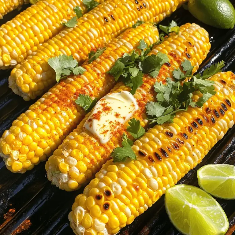 - 4 frische Maiskolben, von der Hülle befreit - 3 Esslöffel Limettensaft - 1 Teelöffel Chili-Pulver (nach Geschmack anpassen) - 1/2 Teelöffel geräuchertes Paprikapulver - 1/2 Teelöffel Knoblauchpulver - 1/4 Teelöffel Salz - 1/4 Teelöffel schwarzer Pfeffer Die Hauptzutaten für Chili Lime Corn on the Cob sind einfach und frisch. Frische Maiskolben sind der Schlüssel. Sie bringen den süßen Geschmack mit. Limettensaft fügt eine spritzige Note hinzu. Gewürze wie Chili-Pulver und geräuchertes Paprikapulver geben Tiefe und Wärme. Salz und Pfeffer runden alles ab. - Geschmolzene Butter - Frischer Koriander zur Garnierung - Limettenviertel zum Servieren Optionales Zubehör macht das Gericht noch besser. Geschmolzene Butter sorgt für reichhaltigen Geschmack. Frischer Koriander verleiht einen schönen Farbkontrast und frischen Geschmack. Limettenviertel sind perfekt, um mehr Saft hinzuzufügen. Diese Extras machen Ihr Gericht besonders. Für das vollständige Rezept schauen Sie sich die [Full Recipe] an. - Heizen Sie Ihren Grill auf mittelhohe Hitze vor (ca. 200°C oder 400°F). - Befreien Sie die Maiskolben vollständig von der Hülle. Entfernen Sie alle Seidenfäden. - In einer kleinen Schüssel vermengen Sie den Limettensaft, das Chili-Pulver, das geräucherte Paprikapulver, das Knoblauchpulver, das Salz und den schwarzen Pfeffer. - Rühren Sie die Mischung gut um, bis alles gut kombiniert ist. - Bestreichen Sie jeden Maiskolben großzügig mit der geschmolzenen Butter. Achten Sie darauf, dass jeder Teil gut bedeckt ist. - Streuen Sie die Gewürzmischung gleichmäßig über die Maiskolben. Stellen Sie sicher, dass alle Seiten gut beschichtet sind. - Legen Sie die Maiskolben direkt auf den Grill. Grillen Sie sie etwa 10-15 Minuten lang. - Wenden Sie die Kolben gelegentlich, bis der Mais zart ist und schöne Grillstreifen hat. - Nach dem Grillen nehmen Sie die Maiskolben vom Grill. Garnieren Sie sie mit frischem, gehacktem Koriander. - Servieren Sie die heißen Maiskolben mit Limettenvierteln an der Seite für zusätzlichen Zest! Für detaillierte Anweisungen und Tipps schauen Sie sich das [Full Recipe] an. - Temperaturkontrolle: Achte darauf, deinen Grill auf mittelhohe Hitze vorzubereiten. Das sorgt für gleichmäßiges Garen. Die ideale Temperatur liegt bei etwa 200°C. So grillst du die Maiskolben perfekt. - Hinweise zum Wenden der Kolben: Wende die Kolben alle paar Minuten. So bekommst du schöne Grillstreifen. Diese Technik hilft, den Mais gleichmäßig zu garen, ohne dass er anbrennt. - Schärfe grad genau abstimmen: Du kannst die Schärfe anpassen, indem du mehr oder weniger Chili-Pulver verwendest. Beginne mit einem Teelöffel und taste dich langsam vor. So findest du den perfekten Kick für deinen Geschmack. - Alternative Gewürzkombinationen: Probiere auch andere Gewürze aus. Paprika, Kreuzkümmel oder sogar Parmesan können tolle Akzente setzen. Sei kreativ und finde deine Lieblingsmischung! - Anrichten für besondere Anlässe: Serviere die Maiskolben auf einem rustikalen Holzteller. Das gibt deinem Gericht ein tolles Aussehen. Ergänze es mit frischen Limettenvierteln und Koriander für den Wow-Faktor. - Dekorative Serviervorschläge: Eine schöne Servieridee ist, die Kolben in einem hohen Glas zu präsentieren. So sieht es ansprechend aus und bleibt warm. Deine Gäste werden begeistert sein! {{image_4}} Für die vegane Variante von Chili Lime Corn on the Cob benutze ich pflanzliche Butter. Diese Butter gibt dem Mais den gleichen tollen Geschmack. Du kannst auch andere Gemüsebeilagen hinzufügen, wie Paprika oder Zucchini. Diese passen gut zum Grillen und machen dein Gericht bunter und gesünder. Wenn du eine asiatische Wendung magst, füge Sojasauce und Sesam hinzu. Diese Zutaten geben dem Mais einen herzhaften, salzigen Geschmack. Ich empfehle, den Mais nach dem Grillen mit frischen Frühlingszwiebeln zu garnieren. Sie bringen eine frische Note und einen schönen Crunch. Für eine süß-smoky Variante kannst du Honig oder Ahornsirup verwenden. Diese Süße passt perfekt zu dem scharfen Chili. Ergänze es mit geräuchertem Paprikapulver. Das gibt dem Gericht einen tiefen, rauchigen Geschmack, der einfach unwiderstehlich ist. Wenn du mehr Ideen brauchst, schau dir das [Full Recipe] an! Um frische Maiskolben zu lagern, wählen Sie einen luftdichten Behälter. Ein feuchtes Tuch kann helfen, die Feuchtigkeit zu halten. Lagern Sie die Kolben im Kühlschrank. So bleibt der Geschmack frisch und süß. Wenn Sie Reste haben, schneiden Sie den Mais vom Kolben ab. Bewahren Sie ihn in einem luftdichten Behälter auf. Reste halten sich etwa drei bis vier Tage im Kühlschrank. Sie können die Reste auch in Salaten oder als Füllung verwenden. Um Maiskolben einzufrieren, blanchieren Sie sie zuerst in kochendem Wasser. Lassen Sie sie danach abkühlen und verpacken Sie sie in Gefrierbeutel. So bleiben sie bis zu sechs Monate haltbar. Zum Auftauen legen Sie die Kolben einfach in den Kühlschrank oder tauen sie in der Mikrowelle auf. So bleibt der Geschmack frisch und lecker. Für das beste Ergebnis, probieren Sie das vollständige Rezept für Chili Lime Corn on the Cob! Die Zubereitung dauert etwa 10 Minuten. Die Kochzeit auf dem Grill beträgt 10 bis 15 Minuten. Insgesamt sind das 25 Minuten für das gesamte Gericht. So bleibt der Mais frisch und lecker. Chili Lime Corn on the Cob passt gut zu vielen Gerichten. Hier sind einige Ideen: - Gegrilltes Hähnchen oder Rindfleisch - Frische Salate wie einen Tomatensalat - Guacamole oder Salsa für einen mexikanischen Touch - Reis oder Quinoa als sättigende Beilage Diese Kombinationen bringen den Geschmack des Maises noch besser zur Geltung. Ja, du kannst die Maiskolben auch im Ofen zubereiten. Heize den Ofen auf 200 Grad Celsius vor. Lege die vorbereiteten Maiskolben auf ein Backblech. Backe sie für 20 bis 25 Minuten. Wende sie nach der Hälfte der Zeit, damit sie gleichmäßig garen. So bleibt der Mais zart und saftig. Ja, dieses Rezept ist glutenfrei. Alle Zutaten sind von Natur aus frei von Gluten. Das macht es perfekt für alle, die Gluten meiden möchten. Achte jedoch darauf, dass die Gewürze, die du verwendest, ebenfalls glutenfrei sind. Zusammengefasst zeigt dieser Beitrag, wie man leckere Chili Lime Maiskolben zubereitet. Wir haben die Hauptzutaten besprochen, die Zubereitungsschritte detailliert erläutert und Tipps gegeben, um das Grillen zu perfektionieren. Du kannst die Rezepte ganz nach deinem Geschmack anpassen, inklusive veganer und asiatischer Varianten. Nutze die Lagerungstipps, um deine Reste frisch zu halten. Experimentiere und finde deine Lieblingsversion dieses köstlichen Snacks. Lass den Grill heiß werden und genieße jeden Bissen!