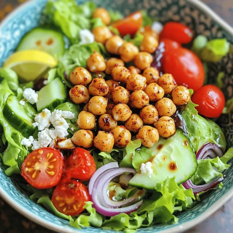 Für diesen leckeren Salat brauchst du einige einfache Zutaten. Hier sind die Hauptzutaten: - 1 Dose (425 g) Kichererbsen, abgetropft und abgespült - 4 Tassen gemischte Salatblätter (Rucola, Spinat und Romana) - 1 Tasse Kirschtomaten, halbiert - 1 Gurke, gewürfelt - 1/4 rote Zwiebel, dünn geschnitten Diese Zutaten bringen frische und Farbe auf deinen Tisch. Die Kichererbsen bieten eine tolle Proteinquelle. Die Gemüse geben dir Vitamine und Mineralien, die du brauchst. Die richtigen Gewürze machen den Salat besonders lecker. Hier sind die Gewürze, die du brauchst: - 2 Esslöffel Olivenöl - 1 Teelöffel geräuchertes Paprikapulver - 1/2 Teelöffel Knoblauchpulver - Salz und schwarzer Pfeffer nach Geschmack - 2 Esslöffel Zitronensaft - 1 Esslöffel Balsamico-Essig Diese Gewürze bringen Geschmack. Das Olivenöl sorgt für eine schöne Textur. Der Balsamico-Essig gibt eine süße Note und die Zitrone bringt Frische. Um deinen Salat noch besser zu machen, gibt es einige optionale Zutaten: - 1/4 Tasse Feta-Käse, zerbröselt (optional) Feta-Käse fügt einen tollen cremigen Geschmack hinzu. Du kannst auch andere Käsesorten verwenden, wenn du willst. Experimentiere mit diesen Zutaten, um deinen perfekten Crispy Kichererbsensalat zu kreieren. Für das vollständige Rezept und viele weitere Tipps, schau dir die [Full Recipe] an. Zuerst musst du die Kichererbsen vorbereiten. Nimm eine Dose Kichererbsen und öffne sie. Gieße das Wasser ab und spüle die Kichererbsen gründlich unter kaltem Wasser ab. Das hilft, überschüssiges Natrium zu entfernen. Danach tupfe die Kichererbsen mit einem Papiertuch trocken. Dies ist wichtig, damit sie schön knusprig werden. Jetzt geht es an den Salat. Nimm eine große Schüssel und gib die gemischten Salatblätter hinein. Füge die halbierten Kirschtomaten, die gewürfelte Gurke und die dünn geschnittene rote Zwiebel hinzu. Diese Zutaten bringen viel Frische. In einer kleinen Schüssel vermischst du den Zitronensaft und den Balsamico-Essig. Gieße das Dressing über die Salatzutaten und mische alles gut. Während die Kichererbsen im Ofen rösten, kannst du den Salat anrichten. Wenn die Kichererbsen goldbraun sind, nimm sie aus dem Ofen und lasse sie kurz abkühlen. Streue die Kichererbsen über den Salat. Wenn du magst, kannst du auch Feta-Käse hinzufügen. Vermische alles vorsichtig, damit der Salat gut aussieht. Serviere den Salat sofort, damit die Kichererbsen knusprig bleiben. Das ist das Geheimnis eines guten Crispy Kichererbsensalats! Für das vollständige Rezept, schau dir die [Full Recipe] an. Um die Kichererbsen besonders knusprig zu machen, sind ein paar Schritte wichtig. Zuerst, trockne die Kichererbsen gut ab. Feuchtigkeit macht sie weich. Nutze ein Papiertuch, um das Wasser zu entfernen. Dann, verteile sie gleichmäßig auf dem Backblech. So können sie gleichmäßig rösten. Beträufle sie mit Olivenöl und würze sie gut. Das Öl hilft beim Rösten und gibt Geschmack. Roste sie im Ofen bei 200°C. Schüttele das Blech nach der Hälfte der Zeit, damit alle Seiten knusprig werden. Der Crispy Kichererbsensalat ist sehr vielseitig. Du kannst verschiedene Salatblätter nutzen. Statt Rucola und Spinat, probiere Kopfsalat oder Grünkohl. Füge auch andere Gemüsesorten hinzu. Paprika, Karotten oder Radieschen bringen Farbe und Crunch. Für mehr Protein kannst du auch Hähnchen oder Quinoa hinzufügen. Wenn du gerne scharf isst, füge etwas Chili oder Jalapeños hinzu. So bleibt der Salat spannend und lecker. Das Dressing spielt eine große Rolle im Salat. Neben Zitronensaft und Balsamico, probiere auch Joghurt oder Tahini. Diese machen den Salat cremig und reichhaltig. Ein Honig-Senf-Dressing gibt eine süße Note. Für asiatische Aromen, nutze Sojasauce und Sesamöl. Du kannst auch frische Kräuter wie Basilikum oder Petersilie hinzufügen. Diese verleihen dem Salat Frische und neuen Geschmack. Kombiniere verschiedene Dressings, um deine perfekte Mischung zu finden. {{image_4}} Der Crispy Kichererbsensalat hat viele Vorteile. Eine Portion hat etwa 250 Kalorien. Dieser Salat enthält gute Makronährstoffe, die wichtig für deinen Körper sind. Du bekommst etwa 10 g Protein und 12 g gesunde Fette. Außerdem sind es 30 g Kohlenhydrate, inklusive Ballaststoffe. Diese Zahlen können je nach Zutaten variieren. Kichererbsen sind sehr gesund. Sie liefern viel Protein und Ballaststoffe. Das unterstützt deine Verdauung. Olivenöl ist reich an gesunden Fetten. Es kann dein Herz schützen. Die bunten Gemüse bringen Vitamine und Mineralien. Tomaten sind voll mit Antioxidantien, die gut für die Haut sind. Rucola und Spinat sind reich an Eisen und Kalzium. Diese Zutaten machen den Salat nahrhaft und lecker. Eine ausgewogene Ernährung ist wichtig. Esse eine Vielfalt an Lebensmitteln. Kombiniere Proteine, Fette und Kohlenhydrate. Achte darauf, auch Obst und Gemüse zu essen. Du kannst diesen Salat mit anderen Zutaten anpassen. Probiere verschiedene Dressings aus. So bleibt es spannend und gesund. Für den vollen Genuss, schau dir die [Full Recipe] an. Wenn du Salat übrig hast, lege ihn in einen luftdichten Behälter. Das schützt ihn vor Luft und Feuchtigkeit. So bleibt der Salat frisch. Verbrauche ihn innerhalb von zwei Tagen. Die Kichererbsen werden jedoch weich, wenn sie zu lange im Dressing liegen. Halte die Kichererbsen und den Salat getrennt, bis du bereit bist, sie zu essen. Die Kichererbsen verlieren schnell ihre Knusprigkeit. Um sie knusprig zu halten, bewahre sie in einem separaten Behälter auf. Du kannst sie auch im Ofen aufbacken. Erhitze sie bei 180 °C für etwa 10 Minuten. So werden sie wieder knusprig. Achte darauf, sie nicht mit dem Dressing zu mischen, bis du servierst. Die Kichererbsen sind in Dosen bis zu einem Jahr haltbar. Nach dem Öffnen verwende sie innerhalb von drei Tagen. Frisches Gemüse wie Salatblätter, Tomaten und Gurken sollte innerhalb von fünf Tagen gegessen werden. Achte darauf, die Zutaten gut zu lagern. Das sorgt für den besten Geschmack und Nährwert. Um Kichererbsen knusprig zu machen, beginne mit gut abgetropften und getrockneten Kichererbsen. Trockenheit ist der Schlüssel. Verteile sie auf einem Backblech und beträufle sie mit Olivenöl. Verwende dann Gewürze wie geräuchertes Paprikapulver und Knoblauchpulver. Roste die Kichererbsen bei 200°C für 25-30 Minuten. Schüttle das Blech einmal, damit sie gleichmäßig garen. So erhältst du die perfekte Knusprigkeit. Ja, du kannst Teile des Salats im Voraus zubereiten! Bereite die Kichererbsen vor und lagere sie in einem luftdichten Behälter. Der Salatmix kann ebenfalls vorbereitet werden. Halte die Kichererbsen und den Salat getrennt, bis du servierst. So bleibt alles frisch und die Kichererbsen bleiben knusprig. Für Variationen kannst du verschiedene Salatblätter verwenden. Probier Babyspinat oder Frisée aus. Füge zusätzliche Gemüse wie Paprika oder Avocado hinzu. Du kannst auch Nüsse oder Samen für mehr Crunch verwenden. Experimentiere mit verschiedenen Dressings, wie einem Joghurtdressing. Mit diesen Ideen wird dein Crispy Kichererbsensalat immer neu und spannend. Für das komplette Rezept schau dir die Full Recipe an. Der Crispy Kichererbsensalat ist eine einfache und schmackhafte Option. Wir haben die Hauptzutaten, Gewürze und Tipps für knusprige Kichererbsen behandelt. Mit Schritt-für-Schritt-Anleitungen kannst du den Salat leicht zubereiten. Denk an die Lagerung, damit er frisch bleibt. Probiere verschiedene Dressings aus, um deinen persönlichen Geschmack zu finden. Dieser Salat ist nicht nur lecker, sondern auch gesund und gut für dich. Lass deiner Kreativität freien Lauf und genieße jeden Biss!