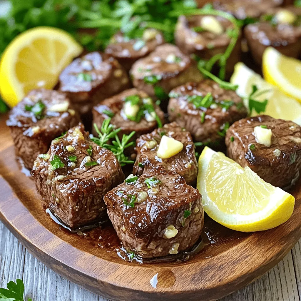 - Rinderfilet: Auswahl und Schnitt Wähle ein gutes Rinderfilet. Sirloin funktioniert super. Achte darauf, dass es frisch ist. Schneide das Fleisch in 2,5 cm große Würfel. So garen sie gleichmäßig und werden zart. - Knoblauch und Butter: Qualität und Frische Verwende frischen Knoblauch. Er gibt dem Gericht einen tollen Geschmack. Nimm ungesalzene Butter, um die Kontrolle über die Salzigkeit zu behalten. Die Butter sollte weich sein, damit sie gut schmelzen kann. - Thymian: frisch vs. getrocknet Frischer Thymian hat ein intensiveres Aroma. Verwende einen Teelöffel gehackten frischen Thymian. Wenn du getrockneten Thymian verwendest, nimm nur einen halben Teelöffel. Die Aromen sind kräftiger. - Salz und Pfeffer: richtige Verwendung Salz und Pfeffer sind wichtig für den Geschmack. Würze die Rinderfiletwürfel großzügig. So wird das Fleisch gut gewürzt und lecker. - Frische Petersilie Frische Petersilie sieht schön aus und gibt Farbe. Hacke sie klein und streue sie über die Steakbissen. Sie bringt auch einen frischen Geschmack. - Zitronenspalten Zitronenspalten passen gut zu den Steakbissen. Sie bringen Frische und helfen, das Fett zu schneiden. Serviere sie einfach neben dem Fleisch. Für die vollständige Anleitung, schaue dir das Rezept für Knoblauchbutter Steakbissen an. Für die perfekten Steakbissen würzen Sie die Rinderfiletwürfel. Nutzen Sie Salz und Pfeffer, um echten Geschmack zu erzielen. Seien Sie großzügig, damit jedes Stück gut aromatisiert ist. Diese einfache Würze hebt den natürlichen Geschmack des Fleisches hervor. Heizen Sie eine große Pfanne auf mittlerer Hitze. Geben Sie Olivenöl dazu, bis es leicht schimmert. Zu heißes Öl kann das Steak verbrennen. Eine gute Hitze sorgt dafür, dass die Steakbissen schön braun werden. Legen Sie die Steakwürfel in einer einzigen Schicht in die Pfanne. Überfüllen Sie die Pfanne nicht, damit die Stücke gleichmäßig braten. Braten Sie die Würfel 2-3 Minuten auf jeder Seite. Achten Sie auf den gewünschten Gargrad. So bleiben die Steakbissen saftig und zart. Reduzieren Sie die Hitze auf mittlere Stufe. Fügen Sie 2 Esslöffel Butter hinzu und lassen Sie sie schmelzen. Geben Sie die gehackten Knoblauchzehen und den Thymian dazu. Braten Sie alles für etwa 1 Minute, bis es gut riecht. Diese Mischung macht die Steakbissen besonders aromatisch. Legen Sie die gebratenen Steakbissen zurück in die Pfanne. Schwenken Sie sie in der Knoblauchbutter, bis sie gleichmäßig bedeckt sind. Fügen Sie die restlichen 2 Esslöffel Butter hinzu und lassen Sie sie schmelzen. Das gibt zusätzlichen Geschmack und sorgt für eine schöne Glasur. Nehmen Sie die Pfanne vom Herd. Garnieren Sie die Steakbissen nach Belieben mit frischer Petersilie. Servieren Sie sie zusammen mit Zitronenspalten, um eine frische Note hinzuzufügen. Stellen Sie die Steakbissen auf eine große Platte und träufeln Sie die restliche Knoblauchbutter darüber für eine ansprechende Optik. Diese Präsentation macht das Gericht noch verlockender. - Hitze und Zeitmanagement: Für die besten Ergebnisse stelle die Hitze auf mittelhoch. Das Öl sollte leicht schimmern. Lege die Steakbisse in einer einzigen Schicht in die Pfanne. Brate sie 2-3 Minuten pro Seite an. So erhältst du eine schöne Kruste und das Steak bleibt saftig. - Extra Zutaten zur Knoblauchbutter: Du kannst die Knoblauchbutter aufpeppen. Füge etwas Paprika oder Chili hinzu, um eine scharfe Note zu bekommen. Auch ein Spritzer Sojasauce kann den Geschmack verstärken. Experimentiere mit verschiedenen Kräutern wie Rosmarin oder Oregano. - Vorschläge für passende Seiten: Zu den Steakbissen passen viele Beilagen. Probiere knusprige Pommes oder einen frischen Salat. Auch geröstetes Gemüse ist eine tolle Wahl. Kartoffelpüree harmoniert ebenfalls gut mit der Knoblauchbutter. Wenn du etwas Leichtes suchst, sind Zucchini-Nudeln eine gute Option. Diese Tipps helfen dir, das Gericht noch besser zu genießen. Für das vollständige Rezept schau dir die Full Recipe an. {{image_4}} Rind oder Schwein? Beide Fleischsorten bieten einen tollen Geschmack. Rind hat einen intensiven, saftigen Geschmack. Es ist perfekt für Steakbisse. Schweinefleisch ist zarter und hat eine süßere Note. Du kannst auch Schweinefilet verwenden. So bekommst du eine neue, leckere Variante. Pilz- oder Tofuwürfel sind tolle Optionen. Champignons sind besonders saftig und nehmen den Knoblauchgeschmack gut auf. Du kannst auch Portobello-Pilze nutzen. Sie haben eine fleischige Textur. Tofu ist eine weitere Wahl. Er ist gesund und nimmt die Aromen gut auf. Einfach in Würfel schneiden und wie das Fleisch zubereiten. Welche Kräuter oder Gewürze testen? Thymian passt gut, aber probiere auch Rosmarin oder Oregano. Frische Kräuter geben einen tollen Geschmack. Du kannst auch ein wenig Chili hinzufügen, wenn du es scharf magst. Denke daran, die Aromen sanft zu kombinieren. So bleibt der Geschmack des Fleisches im Vordergrund. Für die vollständige Zubereitung schau dir das [Full Recipe] an. Um die Knoblauchbutter Steakbissen frisch zu halten, lagere sie richtig. Lass die Steakbissen auf Raumtemperatur abkühlen. Danach packe sie in einen luftdichten Behälter. Du kannst sie auch in Frischhaltefolie einwickeln. Im Kühlschrank bleiben sie 3 bis 4 Tage frisch. Wenn du sie länger aufbewahren möchtest, friere sie ein. Benutze dazu einen gefriergeeigneten Behälter oder einen Gefrierbeutel. So bleiben sie bis zu 3 Monate genießbar. Die Haltbarkeit der Steakbissen hängt von der Lagerung ab. Im Kühlschrank sind sie 3 bis 4 Tage frisch. Achte darauf, sie gut abzudecken, damit sie keine Gerüche aufnehmen. Wenn du sie eingefroren hast, kannst du sie nach dem Auftauen direkt verwenden. Achte darauf, dass sie nicht wieder eingefroren werden, nachdem sie aufgetaut sind. Um die Steakbissen aufzuwärmen, kannst du die Pfanne wieder benutzen. Erhitze die Pfanne auf mittlerer Hitze. Gib die Steakbissen ohne Öl hinein, damit sie nicht zu fettig werden. Rühre sie vorsichtig um, bis sie warm sind. Du kannst auch die Mikrowelle nutzen. Stelle die Steakbissen in eine mikrowellengeeignete Schüssel und decke sie ab. Erwärme sie in Intervallen von 30 Sekunden, bis sie heiß sind. Achte darauf, dass sie nicht zu lange erhitzt werden, damit sie zäh werden. Die Zubereitung von Knoblauchbutter Steakbissen dauert insgesamt 25 Minuten. Davon sind 10 Minuten für die Vorbereitung und 15 Minuten für das Kochen. In dieser Zeit würzen Sie die Steakwürfel, braten sie an und bereiten die köstliche Knoblauchbutter zu. Ja, Sie können die Steakbisse auch im Ofen zubereiten. Heizen Sie den Ofen auf 200 Grad Celsius vor. Legen Sie die gewürzten Steakwürfel auf ein Backblech und braten Sie sie für 10 bis 12 Minuten. Wenden Sie sie einmal während des Garens. Diese Methode ergibt zarte Bissen, die saftig bleiben. Zu Knoblauchbutter Steakbissen passen viele Beilagen. Hier sind einige Ideen: - Kartoffeln: Bratkartoffeln oder Kartoffelpüree sind ideal. - Gemüse: Gegrillte oder gedünstete grüne Bohnen oder Brokkoli ergänzen das Gericht gut. - Salat: Ein frischer grüner Salat bringt Farbe und Frische. - Getränke: Ein leichter Rotwein oder ein kühles Bier passt auch gut dazu. Probieren Sie diese Kombinationen aus! Sie werden es lieben. Für das vollständige Rezept, schauen Sie sich die Anleitung zu Knoblauchbutter Steakbissen an! Zusammenfassend haben wir die wichtigsten Schritte für köstliche Knoblauchbutter Steakbissen behandelt. Wir haben über Zutaten, Zubereitung, Tipps und Varianten gesprochen. Denke an die Auswahl von frischem Rinderfilet und hochwertiger Butter. Achte auf die richtige Garzeit beim Anbraten. Serviere die Steakbisse mit Petersilie und Zitronenspalten. Mit diesen einfachen Schritten kannst du ein schmackhaftes Gericht zaubern. Viel Spaß beim Kochen und Genießen dieser feinen Steakbissen in Knoblauchbutter!