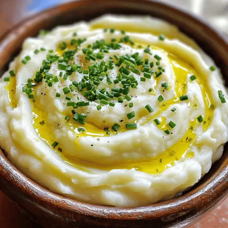Für cremiges Knoblauchkartoffelpüree brauche ich einige wichtige Zutaten. Hier ist, was Sie benötigen: - 900 g Yukon Gold Kartoffeln, geschält und gewürfelt - 6 Zehen Knoblauch, geschält - 240 ml Schlagsahne - 4 Esslöffel ungesalzene Butter - Salz und Pfeffer nach Geschmack Yukon Gold Kartoffeln sind perfekt. Sie sind cremig und haben einen tollen Geschmack. Knoblauch bringt einen schönen, starken Geschmack. Schlagsahne macht das Püree extra cremig. Butter fügt einen reichen Geschmack hinzu. Um die Textur zu verbessern, können Sie einige nützliche Zutaten hinzufügen. Zum Beispiel: - 1/4 Teelöffel Muskatnuss (optional) Muskatnuss gibt einen warmen, nussigen Geschmack. Es ist nicht nötig, aber es lohnt sich, es auszuprobieren. Eine Prise Muskatnuss kann das Gericht aufpeppen. Um den perfekten Geschmack zu erreichen, sollten Sie auch Gewürze und Kräuter verwenden. Ich empfehle: - Salz und Pfeffer nach Geschmack - 60 ml frische Schnittlauch, gehackt (zum Garnieren) Salz und Pfeffer sind Grundgewürze. Sie helfen, den Geschmack zu verstärken. Frischer Schnittlauch bringt Farbe und Frische ins Gericht. Es sieht nicht nur gut aus, sondern schmeckt auch fantastisch. Diese Zutaten machen das cremige Knoblauchkartoffelpüree besonders lecker. Für das vollständige Rezept schauen Sie sich das [Full Recipe] an. Um das perfekte cremige Knoblauchkartoffelpüree zu machen, beginne mit den Kartoffeln. Du brauchst 900 g Yukon Gold Kartoffeln. Schäle sie und schneide sie in Würfel. Gib die gewürfelten Kartoffeln und 6 geschälte Knoblauchzehen in einen großen Topf. Fülle den Topf mit kaltem Wasser, bis die Kartoffeln bedeckt sind. Füge eine Prise Salz hinzu. Bringe das Wasser bei mittlerer bis hoher Hitze zum Kochen. Sobald das Wasser kocht, reduziere die Hitze. Lass die Mischung 15 bis 20 Minuten köcheln. Die Kartoffeln sind fertig, wenn sie zart sind. Du kannst sie leicht mit einer Gabel durchstechen. Lass die Kartoffeln und den Knoblauch abtropfen, und gib sie zurück in den Topf. Füge 4 Esslöffel ungesalzene Butter hinzu. Lass die Butter leicht schmelzen. Dann gieße 240 ml Schlagsahne dazu. Jetzt kommt der spaßige Teil! Nimm einen Kartoffelstampfer und zerdrücke die Mischung. Du kannst es glatt oder ein wenig stückig machen, je nach deinem Geschmack. Würze das Püree mit Salz, Pfeffer und optional 1/4 Teelöffel Muskatnuss. Rühre alles gut um. Probiere das Püree und passe die Gewürze nach deinem Gefühl an. Wenn du das Püree in eine Servierschüssel gibst, sieht es gleich viel besser aus. Bestreue es mit 60 ml frisch gehacktem Schnittlauch zur Garnierung. Das bringt nicht nur Farbe, sondern auch frischen Geschmack. Du kannst es warm servieren, direkt nach der Zubereitung. Wenn du möchtest, kannst du auch weitere Kräuter oder Gewürze ausprobieren. Das Rezept ist einfach und lässt sich leicht anpassen. Für das vollständige Rezept, schau dir die Anleitung an. Um das cremigste Knoblauchkartoffelpüree zu erreichen, wähle die richtigen Kartoffeln. Yukon Gold sind perfekt, weil sie reichhaltig und butterartig sind. Achte darauf, die Kartoffeln gleichmäßig zu schneiden. So garen sie gleichmäßig. Koche sie in kaltem, gesalzenem Wasser. Dies hilft, die Stärke gleichmäßig freizusetzen. Ein häufiger Fehler ist, die Kartoffeln zu überkochen. Das macht das Püree wässrig. Probiere, die Kartoffeln nach etwa 15 Minuten zu testen. Wenn sie weich sind, sind sie fertig. Ein weiterer Fehler ist, zu viel Flüssigkeit hinzuzufügen. Beginne mit weniger Sahne und Butter. Du kannst mehr hinzufügen, um die gewünschte Konsistenz zu erreichen. Für einfaches Pürieren benutze einen Kartoffelstampfer oder eine Presse. Ein Mixer kann das Püree zu glatt machen. Du verlierst die richtige Textur. Ein großer Topf ist wichtig, um genügend Platz zu haben. Ein Schneebesen kann auch helfen, die Butter und Sahne gut zu vermischen. Für die besten Ergebnisse, halte die Werkzeuge trocken und sauber. Für das gesamte Rezept, schau dir das [Full Recipe] an. {{image_4}} Du kannst mit vielen Kartoffelsorten spielen, um dein cremiges Knoblauchkartoffelpüree zu variieren. Yukon Gold gibt dir eine butterige Textur und einen tollen Geschmack. Wenn du es süßer magst, probiere Süßkartoffeln. Sie bringen eine schöne Farbe und Süße ins Gericht. Auch rote Kartoffeln sind eine gute Wahl, da sie zart und cremig sind. Jedes Mal, wenn du eine neue Sorte wählst, wird das Püree anders und spannend. Wenn du ein veganes Püree machen möchtest, gibt es einfache Alternativen. Statt Butter kannst du vegane Margarine verwenden. Für die Sahne setze einfach auf pflanzliche Optionen wie Kokos- oder Hafercreme. Diese Zutaten geben deinem Püree die nötige Cremigkeit, ohne tierische Produkte zu verwenden. Vergiss nicht, die Gewürze gut abzustimmen, um den vollen Geschmack zu genießen. Du kannst deinem Knoblauchkartoffelpüree viele leckere Aromen hinzufügen. Probiere zum Beispiel, frische Kräuter wie Petersilie oder Rosmarin einzurühren. Das gibt dem Gericht einen frischen Kick. Für einen würzigen Geschmack füge etwas geräucherten Paprika oder Chili-Flocken hinzu. Auch geriebener Käse kann eine tolle Ergänzung sein. Sei kreativ und finde deine Lieblingskombination! Für das vollständige Rezept klicke hier: [Full Recipe]. Bewahre dein cremiges Knoblauchkartoffelpüree in einem luftdichten Behälter auf. Stelle sicher, dass der Deckel fest sitzt. So bleibt das Püree frisch und lecker. Du kannst es in den Kühlschrank stellen. Vermeide es, das Püree bei Raumtemperatur stehen zu lassen. Wenn du es richtig lagerst, hält das Kartoffelpüree etwa drei bis fünf Tage im Kühlschrank. Achte darauf, es gut abzudecken. So trocknet es nicht aus und behält seinen Geschmack. Wenn du es länger aufbewahren möchtest, kannst du es auch einfrieren. Um das Püree aufzuwärmen, nimm es aus dem Kühlschrank. Gib es in einen Topf bei mittlerer Hitze. Füge etwas Milch oder Sahne hinzu, um die Cremigkeit zu verbessern. Rühre es gut um, bis es heiß ist. Du kannst auch die Mikrowelle nutzen, aber achte darauf, es in kurzen Abständen zu erwärmen. So wird es gleichmäßig warm. Um dein Kartoffelpüree noch cremiger zu machen, nutze mehr Sahne oder Butter. Du kannst auch etwas Frischkäse hinzufügen. Dieser gibt dem Püree eine tolle, samtige Textur. Achte darauf, die Kartoffeln gut zu stampfen. Verwende einen Kartoffelstampfer oder eine Presse für das beste Ergebnis. So vermeidest du Klumpen und erhältst eine gleichmäßige Konsistenz. Ja, du kannst Knoblauch durch Zwiebeln ersetzen. Zwiebeln geben auch einen tollen Geschmack. Brate sie leicht an, bevor du sie zu den Kartoffeln gibst. Für eine mildere Option kannst du Knoblauchpulver verwenden. Es hat nicht den gleichen frischen Geschmack, ist aber eine gute Alternative. Knoblauch Kartoffelpüree passt gut zu vielen Gerichten. Serviere es mit gebratenem Hähnchen für ein herzhaftes Essen. Auch gegrilltes Gemüse ist eine gute Wahl. Für ein festliches Menü kombiniere es mit Rinderbraten oder Lamm. Als schnelle Beilage passt es auch zu einem frischen Salat. Entdecke mehr mit dem Full Recipe. Cremiges Knoblauchkartoffelpüree gelingt leicht mit den richtigen Zutaten und Schritten. Wir haben die besten Zutaten und Tipps besprochen, um die perfekte Textur und den tollen Geschmack zu erreichen. Vergessen Sie nicht die Variationen und Lagerhinweise, um Ihr Püree frisch zu halten. Experimentieren Sie mit verschiedenen Kartoffelsorten und Aromen. So wird Ihr Kartoffelpüree immer ein Hit. Genießen Sie die Freude, die gutes Essen bringt!