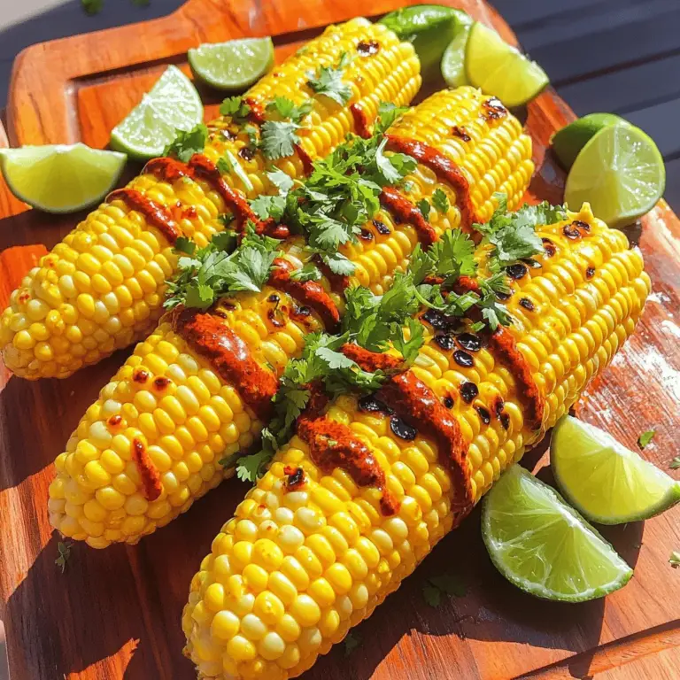 Für Chili Lime Corn on the Cob brauchst du einfache Zutaten. Hier sind die Hauptzutaten: - 4 frische Maiskolben, geschält - 2 Esslöffel ungesalzene Butter, weich - 1 Esslöffel Limettensaft - 1 Teelöffel Chili-Pulver - 1/2 Teelöffel Knoblauchpulver - 1/4 Teelöffel Salz - Eine Prise Cayennepfeffer (optional) - Frischer Koriander, gehackt (zum Garnieren) - Limettenviertel (zum Servieren) Diese Zutaten bringen viel Geschmack. Die frischen Maiskolben geben dir eine süße Basis. Die Chili-Limetten-Butter sorgt für Würze und Frische. Wenn du einkaufen gehst, achte auf frische Maiskolben. Sie sollten fest und saftig sein. Du kannst auch auf die Blätter schauen. Sie sollten grün und nicht trocken sein. Kaufe ungesalzene Butter für die beste Mischung. Limetten sollten saftig sein. Drücke sie leicht, um die Frische zu testen. Frische Maiskolben sind immer die beste Wahl. Sie haben den besten Geschmack und die beste Textur. Gefrorene Maiskolben sind eine gute Alternative, wenn frische nicht verfügbar sind. Achte darauf, dass sie nicht gefroren sind, wenn du sie kaufst. Egal, ob frisch oder gefroren, die Zubereitung bleibt gleich. Du kannst mit beiden Varianten ein leckeres Gericht zaubern. Das Rezept für Chili Lime Corn on the Cob findest du in der vollständigen Rezeptübersicht. Zuerst schälen Sie die frischen Maiskolben. Entfernen Sie alle Seidenfäden. Spülen Sie die Kolben gründlich unter kaltem Wasser ab. Tupfen Sie sie mit einem Handtuch trocken. Dies hilft, die Aromen besser aufzunehmen. Ein sauberer Kolben sorgt für den besten Geschmack. Nun machen wir die Chili-Limetten-Butter. In einer kleinen Schüssel vermengen Sie die weiche Butter, den Limettensaft, das Chili-Pulver, das Knoblauchpulver und das Salz. Fügen Sie optional eine Prise Cayennepfeffer hinzu, wenn Sie es schärfer mögen. Rühren Sie alles gut um. Achten Sie darauf, dass die Zutaten gut gemischt sind. Diese Butter bringt das Gericht zum Strahlen. Heizen Sie Ihren Grill auf mittelhohe Hitze vor. Wenn Sie keinen Grill haben, nutzen Sie eine Grillpfanne auf dem Herd. Bestreichen Sie jeden Maiskolben großzügig mit der Chili-Limetten-Butter. Legen Sie die Kolben direkt auf den Grill. Grillen Sie sie für etwa 10-12 Minuten. Drehen Sie die Kolben regelmäßig, damit sie gleichmäßig garen. Der Mais sollte leicht angekohlt sein, aber immer noch knackig bleiben. Nach dem Grillen lassen Sie den Mais kurz abkühlen. Bestreichen Sie ihn dann erneut mit der restlichen Butter. Streuen Sie frisch gehackten Koriander darüber. Servieren Sie die Kolben mit Limettenvierteln. Diese Mischung ist ein Geschmackserlebnis! Grillen kann einfach sein, aber Fehler passieren oft. Ein häufiger Fehler ist, den Mais nicht richtig vorzubereiten. Achte darauf, alle Seidenfäden zu entfernen. Sie können beim Grillen anbrennen und bitter schmecken. Ein weiterer Fehler ist, die Kolben zu trocken zu grillen. Wenn der Mais nicht genug Feuchtigkeit hat, wird er hart. Die richtige Temperatur ist entscheidend. Der Grill sollte auf mittelhohe Hitze vorgeheizt werden. Dies bedeutet etwa 180-200 °C. Diese Temperatur sorgt dafür, dass der Mais gleichmäßig gart und eine schöne Grillfarbe bekommt. Wenn du die Kolben zu schnell grillst, können sie außen verbrennen, während sie innen roh bleiben. Um den Geschmack zu intensivieren, probiere, den Mais vor dem Grillen in Wasser einzuweichen. Das hilft, die Feuchtigkeit zu halten. Du kannst auch andere Gewürze zur Chili-Limetten-Butter hinzufügen. Paprika oder geräuchertes Salz bringen zusätzliche Tiefe. Achte darauf, die Butter gut zu verteilen. So ist jeder Biss voller Geschmack. Für das vollständige Rezept schau dir die Anleitung für Chili Lime Corn on the Cob an. {{image_4}} Wenn Sie eine vegane Option möchten, lassen Sie die Butter einfach weg. Verwenden Sie stattdessen pflanzliches Öl. Kokosöl oder Olivenöl sind gute Alternativen. Diese Öle bringen ein tolles Aroma. Mischen Sie das Öl mit Limettensaft und Gewürzen. So bleibt der Geschmack frisch und lecker. Fügen Sie Käse hinzu, um den Geschmack zu verstärken. Cotija oder Feta funktioniert gut. Streuen Sie etwas Käse über den heißen Mais. Für einen extra Kick, fügen Sie Jalapeños hinzu. Sie können sie frisch oder eingelegt verwenden. Ein Spritzer frischer Limette bringt mehr Frische in jedes Gericht. Probieren Sie diese Variationen aus, um Ihren eigenen Twist zu finden. Chili Lime Corn on the Cob passt zu vielen Gelegenheiten. Servieren Sie es bei Grillpartys oder Picknicks. Es ist auch ein toller Snack für Filmabende. Stellen Sie die Maiskolben in eine schöne Schüssel. Fügen Sie Limettenviertel hinzu, damit jeder nach Geschmack pressen kann. Diese Präsentation macht das Gericht noch verlockender. Wenn Sie Gäste haben, wird das Rezept sicher beeindrucken. Um übrig gebliebenen Mais aufzuheben, lasse ihn zuerst auf Zimmertemperatur abkühlen. Wickele die Kolben dann in Frischhaltefolie oder lege sie in einen luftdichten Behälter. So bleibt der Geschmack erhalten. Du kannst auch die Kolben in Stücke schneiden und sie in einem Behälter aufbewahren. Um den Mais wieder aufzuwärmen, gibt es einfache Methoden. Du kannst ihn kurz in der Mikrowelle erhitzen. Wickele ihn in ein feuchtes Papiertuch, um die Feuchtigkeit zu halten. Alternativ kannst du den Mais auf einem Grill oder in einer Pfanne bei mittlerer Hitze aufwärmen. Achte darauf, dass er nicht austrocknet. Der aufbewahrte Mais hält sich in der Regel 3 bis 5 Tage im Kühlschrank. Achte darauf, ihn gut verpackt zu lassen. Wenn du den Mais länger aufbewahren möchtest, kannst du ihn auch einfrieren. So bleibt er bis zu 6 Monate frisch. Für mehr Rezepte und Tipps, schau dir das Full Recipe an! Grillen Sie den Mais für etwa 10 bis 12 Minuten. Wenden Sie ihn alle paar Minuten. So wird der Mais gleichmäßig gegrillt. Die Körner sollen leicht angekohlt und zart sein. Achten Sie darauf, dass sie knackig bleiben. Ja, Sie können die Chili-Limetten-Butter im Voraus zubereiten. Mischen Sie die Butter, Limettensaft und Gewürze in einer Schüssel. Decken Sie die Mischung ab und stellen Sie sie in den Kühlschrank. Sie bleibt frisch für bis zu drei Tage. Nehmen Sie die Butter etwa 30 Minuten vor dem Grillen heraus, damit sie weich wird. Chili Lime Corn on the Cob ist eine gesunde Wahl. Mais ist reich an Ballaststoffen und Vitaminen. Die Chili-Limetten-Butter fügt Geschmack hinzu, ohne viele Kalorien. Wenn Sie die Butter reduzieren oder eine vegane Option wählen, wird das Gericht noch gesünder. Genießen Sie den Mais als Beilage oder Snack! Chili Lime Corn on the Cob ist einfach und lecker. Du hast die Zutaten, die Zubereitung und Tipps gelernt. Das Wichtigste ist, frischen oder gefrorenen Mais zu wählen. Die Grilltechnik bringt den besten Geschmack hervor. Fehler beim Grillen kannst du mit unseren Tipps vermeiden. Variationen wie vegane Alternativen machen das Gericht spannend. Lagerungshinweise helfen dir, Reste optimal zu nutzen. Probiere die Rezepte aus und genieße dein perfekt gegrilltes Maisgericht!