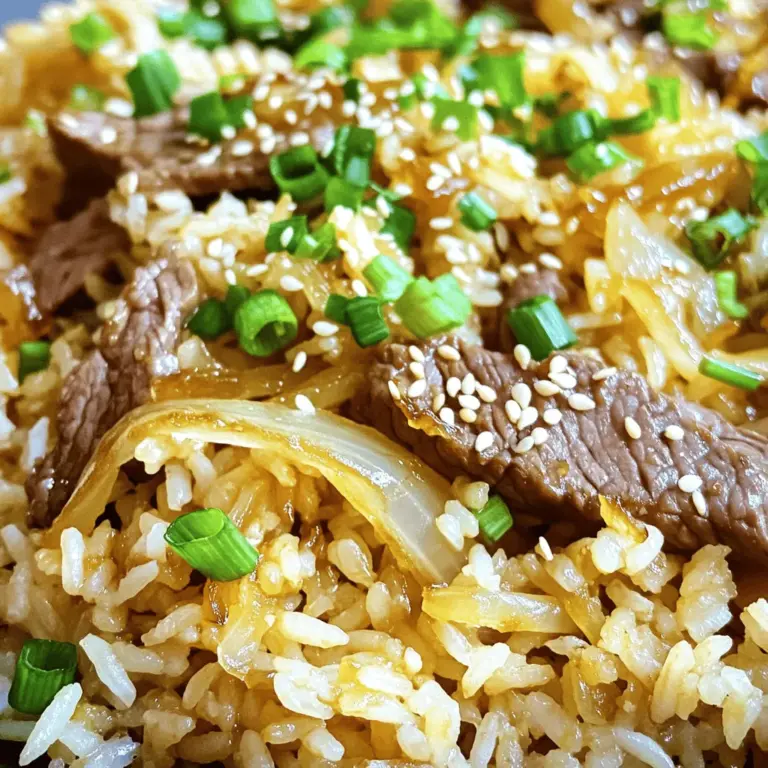 Für dieses Gericht brauchen wir die folgenden Hauptzutaten: - 2 Tassen gekochter Jasminreis (am besten vom Vortag für die beste Textur) - 200 g Rinderfilet, dünn geschnitten - 1 große Zwiebel, dünn geschnitten - 2 Frühlingszwiebeln, in Ringe geschnitten - 2 Knoblauchzehen, gehackt - 2 große Eier, leicht geschlagen Diese Zutaten bilden die Basis und sorgen für einen tollen Geschmack. Der Reis gibt uns die Textur, das Rindfleisch bringt Herzhaftigkeit, und die Zwiebeln fügen eine süße Note hinzu. Um unserem Gericht den richtigen Kick zu geben, benötigen wir einige Gewürze und Öle: - 2 Esslöffel Sojasauce - 1 Esslöffel Austernsauce - 1 Esslöffel Sesamöl - 1 Esslöffel Pflanzenöl - Salz und Pfeffer nach Geschmack - Sesamsamen zum Garnieren Diese Gewürze und Öle sind wichtig. Sie verleihen dem Gericht Tiefe und machen es besonders lecker. Sojasauce bringt Umami, während Austernsauce den Geschmack verstärkt. Das Sesamöl rundet alles ab. Die Zubereitung der Zutaten ist einfach, aber entscheidend. Zuerst marinieren wir das Rindfleisch. Mische in einer Schüssel das Rindfleisch mit einem Esslöffel Sojasauce, Salz und Pfeffer. Lasse das Fleisch für etwa 15 Minuten ruhen. So ziehen die Aromen gut ein. Dann bereiten wir die Eier vor. Erhitze in einer großen Pfanne oder einem Wok einen Esslöffel Pflanzenöl bei mittelhoher Hitze. Füge die geschlagenen Eier hinzu und rühre sie hin und her, bis sie leicht fest sind. Nimm sie dann aus der Pfanne und stelle sie beiseite. Jetzt kommen die aromatischen Zutaten. Im gleichen Wok fügen wir den gehackten Knoblauch und die Zwiebel hinzu. Brate sie für 3–4 Minuten, bis die Zwiebeln weich sind. Das macht die Küche duftend und einladend. Mit diesen Zubereitungsschritten hast du die Basis für deinen herzhafter Zwiebel-Rindfleisch-gebratenen Reis gelegt. Du kannst die vollständige Anleitung in der [Full Recipe] finden. Zuerst musst du das Rindfleisch vorbereiten. Schneide 200 g Rinderfilet in dünne Scheiben. Lege die Rindfleischstücke in eine Schüssel. Füge 1 Esslöffel Sojasauce, etwas Salz und Pfeffer hinzu. Lass das Fleisch für etwa 15 Minuten marinieren. Das gibt dem Rindfleisch mehr Geschmack. Nimm eine große Pfanne oder einen Wok. Erhitze 1 Esslöffel Pflanzenöl bei mittlerer Hitze. Gib die leicht geschlagenen Eier in die Pfanne. Rühre die Eier, bis sie fest sind. Das dauert nur ein paar Minuten. Lege die fertigen Eier auf einen Teller und stelle sie beiseite. Im gleichen Wok fügst du das restliche Öl hinzu. Gib 2 gehackte Knoblauchzehen und 1 große, dünn geschnittene Zwiebel in die Pfanne. Brate alles für 3–4 Minuten. Die Zwiebeln sollten weich und duftend sein. Schiebe die Zwiebeln zur Seite. Lege dann die marinierten Rindfleischstücke in die Pfanne. Brate das Fleisch für 2–3 Minuten, bis es leicht braun ist. Mische alles gut. Jetzt kommt der gekochte Reis. Verwende 2 Tassen Jasminreis, am besten vom Vortag. Gib den Reis in die Pfanne und breche alle Klumpen auf. Füge die restliche Sojasauce und 1 Esslöffel Austernsauce hinzu. Mische alles gut mit einem Spatel. Brate die Mischung für 4–5 Minuten, damit der Reis die Aromen aufnimmt. Füge die geschnittenen 2 Frühlingszwiebeln und die gebratenen Eier zur Reismischung hinzu. Träufle 1 Esslöffel Sesamöl darüber. Vermenge alles gut. Probiere und würze bei Bedarf mit mehr Salz und Pfeffer. Nimm die Pfanne vom Herd. Serviere das Gericht heiß. Garniere es mit einer Prise Sesamsamen. So sieht dein herzhafter Zwiebel-Rindfleisch-gebratener Reis super aus! Für die vollständige Zubereitung schaue dir die [Full Recipe] an. Für den perfekten herzhafter Zwiebel-Rindfleisch-gebratenen Reis ist der Reis entscheidend. Ich empfehle Jasminreis. Er hat eine tolle Textur und einen feinen Duft. Am besten nutzt du Reis vom Vortag. So wird der Reis fester und klumpt nicht. Koche die gewünschte Menge und lasse ihn abkühlen. Danach im Kühlschrank lagern. Das Marinieren des Rindfleischs bringt viel Geschmack. Ich empfehle, die Rindfleischscheiben mit Sojasauce, Salz und Pfeffer zu marinieren. Lass das Fleisch mindestens 15 Minuten ziehen. So dringen die Aromen tief ein. Du kannst auch etwas Knoblauch oder Ingwer zur Marinade hinzufügen. Das gibt extra Geschmack und Tiefe. Die Wahl der Pfanne ist wichtig. Ein Wok oder eine große Pfanne eignet sich bestens. Diese Pfannen haben eine gute Wärmeverteilung. Sie helfen, das Essen gleichmäßig zu garen und Röstaromen zu schaffen. Stelle die Hitze auf mittelhoch ein. So brät das Fleisch schnell und bleibt zart. Rühre oft um, damit alles gleichmäßig gart. {{image_4}} Wenn Sie eine vegetarische Option wünschen, ersetzen Sie das Rindfleisch mit Tofu. Tofu hat eine tolle Textur und nimmt die Aromen gut auf. Schneiden Sie den Tofu in kleine Würfel und braten Sie ihn goldbraun an. Sie können auch Tempeh verwenden, das eine nussige Note hat. Fügen Sie mehr Gemüse hinzu, um den Geschmack zu verbessern. Paprika, Karotten oder Brokkoli passen gut. Es gibt viele Fleischsorten, die Sie verwenden können. Hähnchen ist eine beliebte Wahl. Schneiden Sie es in kleine Stücke und braten Sie es wie das Rindfleisch. Schweinefleisch ist ebenfalls lecker in gebratenem Reis. Hackfleisch funktioniert auch gut, da es schnell kocht. Denken Sie daran, die Garzeit anzupassen, je nach Fleischsorte. Gemüse macht den gebratenen Reis bunt und gesund. Sie können auch Erbsen, Mais oder Zucchini hinzufügen. Diese Gemüsesorten bringen Textur und Süße. Hacken Sie sie klein und braten Sie sie mit den Zwiebeln an. Je mehr Farben, desto besser der Geschmack. So wird Ihr Gericht nicht nur lecker, sondern auch ansprechend für das Auge. Um Ihren herzhafter Zwiebel-Rindfleisch-gebratenen Reis frisch zu halten, bewahren Sie ihn in einem luftdichten Behälter auf. Stellen Sie sicher, dass der Reis vollständig abgekühlt ist, bevor Sie ihn lagern. Im Kühlschrank hält er sich bis zu drei Tage. Wenn Sie beim Essen einen leckeren Geschmack haben möchten, fügen Sie etwas frisches Gemüse oder Sojasauce hinzu, wenn Sie ihn aufwärmen. Wenn Sie mehr gebratenen Reis haben, als Sie essen können, frieren Sie ihn ein. Teilen Sie den Reis in Portionen auf und legen Sie ihn in gefriergeeignete Beutel. Drücken Sie die Luft heraus, bevor Sie sie verschließen. So bleibt der Reis bis zu drei Monate frisch. Zum Auftauen legen Sie ihn einfach in den Kühlschrank oder erhitzen ihn direkt in der Mikrowelle. Um Reste aufzuwärmen, können Sie entweder den Herd oder die Mikrowelle verwenden. In einer Pfanne fügen Sie etwas Öl hinzu und erhitzen den Reis bei mittlerer Hitze. Rühren Sie regelmäßig um, damit er gleichmäßig warm wird. In der Mikrowelle geben Sie den Reis in eine Schüssel und decken ihn ab. Erwärmen Sie ihn in 1-Minuten-Intervallen, bis er heiß ist. Fügen Sie nach Belieben frische Frühlingszwiebeln oder Sojasauce hinzu, um das Gericht aufzufrischen. Um den Reis perfekt zu machen, verwende am besten gekochten Jasminreis. Lass ihn über Nacht im Kühlschrank stehen. Kalter Reis hat eine bessere Textur. Er wird beim Braten nicht matschig. Wenn du frischen Reis verwendest, lasse ihn etwas abkühlen. Breche die Klumpen mit einer Gabel auf, bevor du ihn in die Pfanne gibst. Ja, du kannst Rindfleisch ersetzen. Hähnchen ist eine gute Wahl. Es braucht etwas weniger Zeit zum Garen. Tofu ist eine tolle vegetarische Option. Achte darauf, festen Tofu zu verwenden. Schneide ihn in kleine Würfel und brate ihn an, bis er goldbraun ist. Beide Alternativen passen gut zu den anderen Zutaten. Du kannst übrig gebliebenen gebratenen Reis im Kühlschrank aufbewahren. Lagere ihn in einem luftdichten Behälter. So bleibt er frisch. Er hält sich etwa drei bis vier Tage. Du kannst den Reis auch einfrieren. So bleibt er bis zu drei Monate gut. Zum Aufwärmen benutze die Mikrowelle oder eine Pfanne. Füge etwas Wasser hinzu, damit er nicht trocken wird. In diesem Blogpost haben wir die Hauptzutaten für herzhaften Zwiebel-Rindfleisch-gebratenen Reis betrachtet. Wir haben die Zubereitung Schritt für Schritt erklärt und Tipps für den perfekten Reis gegeben. Außerdem haben wir Variationen besprochen und Hinweise zur Lagerung gegeben. Letztlich ist gebratener Reis vielseitig und einfach. Mit den richtigen Zutaten und etwas Übung wird dein Gericht sicher gelingen. Viel Spaß beim Kochen und Ausprobieren!