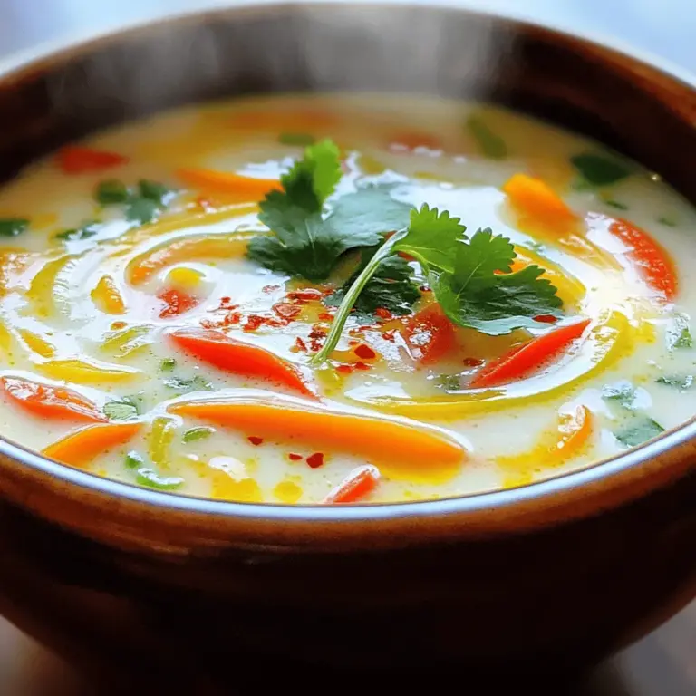 Um die perfekte Thai Kokosnuss-Suppe zu machen, brauchst du einige wichtige Zutaten. Diese Zutaten bringen den Geschmack und die Textur in die Suppe. Hier ist eine Liste: - 1 Dose (400ml) Kokosmilch - 3 Tassen Gemüsebrühe - 1 Stange Zitronengras, getrimmt und angeschlagen - 3-4 Kaffirlimettenblätter - 200g Champignons, in Scheiben geschnitten - 1 mittlere Karotte, in Scheiben geschnitten - 1 rote Paprika, in Streifen geschnitten - 1 Tasse Kirschtomaten, halbiert - 200g fester Tofu, gewürfelt Diese Zutaten sind der Schlüssel für einen reichen und cremigen Geschmack. Besonders die Kokosmilch gibt der Suppe eine besondere Note. Die Gewürze und Aromen machen die Suppe lebendig. Hier sind die wichtigsten: - 2 Esslöffel Sojasauce - 1 Esslöffel rote Currypaste - 2 Esslöffel Limettensaft - Chiliflocken nach Geschmack (optional) Die rote Currypaste bringt Schärfe und Tiefe. Die Limette fügt Frische hinzu. Sojasauce sorgt für Umami-Geschmack. Du kannst die Suppe leicht abwandeln. Diese Alternativen passen gut: - Ersetze Tofu durch Hähnchen oder Garnelen. - Verwende andere Gemüse wie Brokkoli oder Zucchini. - Füge frische Kräuter wie Basilikum oder Minze hinzu. Diese Variationen halten die Suppe spannend und passen zu deinem Geschmack. Du kannst die Suppe auch vegetarisch oder vegan gestalten. Das gibt dir Freiheit beim Kochen und Experimentieren. Zuerst solltest du alle Zutaten bereitlegen. Du brauchst: - 1 Dose (400ml) Kokosmilch - 3 Tassen Gemüsebrühe - 1 Stange Zitronengras, getrimmt und angeschlagen - 3-4 Kaffirlimettenblätter - 200g Champignons, in Scheiben geschnitten - 1 mittlere Karotte, in Scheiben geschnitten - 1 rote Paprika, in Streifen geschnitten - 1 Tasse Kirschtomaten, halbiert - 200g fester Tofu, gewürfelt - 2 Esslöffel Sojasauce - 1 Esslöffel rote Currypaste - 2 Esslöffel Limettensaft - Frische Korianderblätter, zur Garnitur - Chiliflocken nach Geschmack Sobald du alles hast, kann es losgehen! Beginne, indem du einen großen Topf auf mittlerer Hitze stellst. Gib die Gemüsebrühe und die Kokosmilch hinein. Rühre gut um und bringe die Mischung zum sanften Köcheln. Füge nun das angeschlagene Zitronengras und die Kaffirlimettenblätter hinzu. Diese geben der Suppe einen frischen Duft. Lass die Aromen etwa 5 Minuten ziehen. Dann kommen die Champignons, die Karotten und die rote Paprika in den Topf. Koche alles, bis das Gemüse zart ist, das dauert etwa 5-7 Minuten. Jetzt ist es Zeit für die nächsten Zutaten. Gib die halbierten Kirschtomaten und den gewürfelten Tofu dazu. Füge die Sojasauce und die rote Currypaste hinzu. Rühre alles gut um, bis die Zutaten gleichmäßig verteilt sind. Lass die Suppe weitere 5 Minuten köcheln. Wenn die Suppe fertig ist, nimm den Topf vom Herd. Rühre den Limettensaft ein und schmecke die Suppe ab. Du kannst mehr Salz oder Chiliflocken hinzufügen, wenn du es würziger magst. Bevor du die Suppe servierst, solltest du die Zitronengras-Stange und die Limettenblätter entfernen. Schöpfe die heiße Suppe in Schalen. Garniere jede Portion mit frischen Korianderblättern. Dies gibt der Suppe ein schönes Aussehen und einen frischen Geschmack. Jetzt ist deine Thai Kokosnuss-Suppe bereit zum Genießen! Du kannst die vollständige Rezeptur für weitere Details und Tipps einsehen. Um eine echte Thai Kokosnuss-Suppe zu machen, sind frische Zutaten wichtig. Verwende frisches Zitronengras. Es hat einen starken Geschmack. Achte darauf, die Kaffirlimettenblätter gut zu zerreißen, bevor du sie in die Suppe gibst. So kannst du mehr Aroma freisetzen. Du kannst auch frischen Koriander verwenden. Die Blätter geben der Suppe einen tollen Geschmack. Ein häufiger Fehler ist, die Suppe zu lange zu kochen. Das Gemüse wird dann matschig. Koche es nur, bis es zart ist, etwa 5-7 Minuten. Ein weiterer Fehler ist die Verwendung von zu viel rote Currypaste. Beginne mit einem Esslöffel und füge nach Geschmack mehr hinzu. Achte auch darauf, das Zitronengras und die Limettenblätter vor dem Servieren zu entfernen. Sonst wird die Suppe bitter. Die Suppe passt gut zu duftendem Jasminreis. Du kannst sie auch mit frischen Frühlingsrollen servieren. Diese sind leicht und lecker. Für Getränke empfehle ich einen frischen Thai-Eistee oder einen Kokosnuss-Smoothie. Beide ergänzen die Aromen der Suppe perfekt. Entdecke die [Full Recipe] für mehr Details und Anleitungen. {{image_4}} Die Thai Kokosnuss-Suppe lässt sich leicht anpassen. Für eine vegetarische oder vegane Variante, lasse den Tofu weg. Du kannst auch mehr Gemüse hinzufügen. Zucchini oder Brokkoli passen gut. Wenn du die Brühe selbst machst, verwende Gemüsebrühe statt Hühnerbrühe. So bleibt die Suppe rein pflanzlich und lecker. Möchtest du es schärfer? Füge mehr rote Currypaste hinzu. Du kannst auch frische Chilischoten in Scheiben schneiden und beim Kochen einrühren. Eine weitere Möglichkeit ist, Chiliflocken beim Servieren darüber zu streuen. Diese kleinen Änderungen verleihen der Suppe mehr Kick und Tiefe. Wenn du Allergien hast, kannst du die Suppe leicht anpassen. Ersetze Sojasauce durch Tamari für eine glutenfreie Option. Achte darauf, dass die Currypaste keine unerwünschten Zutaten enthält. Wenn du Nüsse nicht magst, kannst du die Garnitur mit Koriander weglassen oder durch Frühlingszwiebeln ersetzen. So bleibt die Suppe für alle genießbar. Die verschiedenen Variationen machen die Thai Kokosnuss-Suppe zu einem flexiblen Gericht. Du kannst sie nach deinem Geschmack und deinen Bedürfnissen gestalten. Für das vollständige Rezept schau dir die [Full Recipe] an. Um deine Thai Kokosnuss-Suppe frisch zu halten, fülle sie in einen luftdichten Behälter. Achte darauf, dass die Suppe abgekühlt ist, bevor du sie verpackst. So vermeidest du, dass sich Kondenswasser bildet, was die Suppe verwässern kann. Du kannst die Suppe auch in Portionen aufteilen. So hast du immer eine schnelle Mahlzeit bereit. Im Kühlschrank bleibt die Suppe etwa 3 bis 4 Tage frisch. Verpacke sie gut, damit keine anderen Gerüche eindringen. Wenn du die Suppe länger aufbewahren willst, kannst du sie einfrieren. Sie hält sich im Gefrierer bis zu 3 Monate. Achte darauf, die Suppe in einem gefriersicheren Behälter zu lagern und etwas Platz für die Ausdehnung zu lassen. Um die Suppe wieder aufzuwärmen, stelle einen Topf auf mittlere Hitze. Füge ein wenig Wasser oder Gemüsebrühe hinzu, um die Konsistenz zu verbessern. Rühre die Suppe gut um, damit sie gleichmäßig warm wird. Du kannst die Suppe auch in der Mikrowelle aufwärmen. Stelle sie in eine mikrowellengeeignete Schüssel und decke sie mit einem Teller ab. Erwärme sie in kurzen Intervallen und rühre zwischendurch um. So bleibt der Geschmack frisch und lecker. Zu Thai Kokosnuss-Suppe passen viele Beilagen gut. Reis ist eine beliebte Wahl. Er hilft, die Aromen der Suppe zu ergänzen. Du kannst auch frisches Brot servieren, um die Suppe aufzutunken. Frischer Salat, besonders mit Koriander, bringt eine schöne Frische. Für eine besondere Note kannst du auch Frühlingsrollen oder gedämpfte Dumplings dazu anbieten. Ja, Thai Kokosnuss-Suppe kann gesund sein. Sie enthält viele frische Zutaten. Das Gemüse liefert wichtige Vitamine und Ballaststoffe. Kokosmilch hat gesunde Fette, die gut für das Herz sind. Tofu bietet pflanzliches Eiweiß, was gut für die Muskulatur ist. Achte darauf, die Menge an Sojasauce zu kontrollieren, um den Salzgehalt niedrig zu halten. Ja, du kannst die Kokosmilch ersetzen. Eine gute Option ist Mandelmilch, aber der Geschmack wird anders sein. Wenn du eine cremigere Textur willst, nutze Cashewcreme. Kokosnussmilch bringt jedoch einen einzigartigen Geschmack. Wenn du eine leichtere Variante suchst, probiere ungesüßte Sojamilch. Denke daran, dass der Geschmack sich leicht ändern kann. Du hast nun alles über die Thai Kokosnuss-Suppe gelernt. Wir haben die Zutaten, die Schritt-für-Schritt-Anleitung und viele nützliche Tipps behandelt. Es gibt Variationen für jeden Geschmack und wichtige Informationen zur Aufbewahrung. Denke daran, die häufigsten Fehler zu vermeiden, um das beste Ergebnis zu erzielen. Probiere die Suppe mit Freunden oder Familie aus, und entdecke neue Beilagen. Mit diesen Informationen kannst du eine köstliche und authentische Thai Kokosnuss-Suppe zubereiten, die alle begeistert. Viel Spaß beim Kochen!