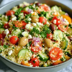 Für diesen leckeren Salat brauchst du: - 1 Tasse Couscous - 1 1/4 Tassen Gemüsebrühe - 1 Tasse Kirschtomaten, halbiert - 1 Gurke, gewürfelt - 1 rote Paprika, gewürfelt - 1/4 rote Zwiebel, fein gehackt - 1/2 Tasse Kalamata-Oliven, entsteint und in Scheiben geschnitten - 1/2 Tasse Feta-Käse, zerbröckelt - 1/4 Tasse frische Petersilie, gehackt Diese Zutaten bringen frische Farben und Geschmäcker in deinen Salat. Couscous ist die Basis, und Gemüse macht ihn knackig. Kirschtomaten und Paprika geben Süße und Knusprigkeit. Feta und Oliven sorgen für einen herzhaften, salzigen Kick. Um deinen mediterranen Couscous-Salat zuzubereiten, benötigst du: - Kochtopf - Große Schüssel - Kleine Schüssel - Gabel Die Küchengeräte sind einfach und leicht zu finden. Ein Kochtopf hilft dir, die Brühe zu erwärmen. Eine große Schüssel ist ideal, um alle Zutaten zu vermengen. Mit einer Gabel kannst du den Couscous auflockern. Diese Utensilien machen das Kochen einfach und schnell. Für das vollständige Rezept schau dir die [Full Recipe] an. Um den perfekten Couscous zu machen, beginne mit der Gemüsebrühe. Koche sie in einem mittelgroßen Topf. Wenn die Brühe kocht, nimm den Topf vom Herd. Füge den Couscous hinzu und rühre gut um. Decke den Topf ab und lasse den Couscous etwa fünf Minuten quellen. Er wird die Brühe aufnehmen und weich werden. Danach lockere den Couscous mit einer Gabel auf und lasse ihn abkühlen. Jetzt kommt der Spaß! Nimm eine große Schüssel und füge die folgenden Zutaten hinzu: halbierte Kirschtomaten, gewürfelte Gurke, rote Paprika, fein gehackte Zwiebel, geschnittene Kalamata-Oliven und zerbröckelten Feta-Käse. Mische alles gut durch. Die Farben sind ein echter Hingucker! In einer kleinen Schüssel mische das Olivenöl, den frischen Zitronensaft, Salz und Pfeffer. Rühre es gut durch, bis alles vermischt ist. Träufle das Dressing über den Salat. Jetzt kommt der letzte Schritt: Mische alles vorsichtig, sodass das Dressing alle Zutaten gut umhüllt. Abschmecken und gegebenenfalls nachwürzen. Du wirst den frischen Geschmack lieben! Für die vollständige Anleitung und Zutatenliste, schau dir das Full Recipe an. Frische Zutaten machen einen großen Unterschied. Wählen Sie reife Kirschtomaten und knackige Gurken. Diese Zutaten geben dem Salat Geschmack und Textur. Auch frische Kräuter sind wichtig. Petersilie oder Minze sorgen für einen frischen Kick. Beim Würzen des Dressings sollten Sie das richtige Gleichgewicht finden. Ein gutes Dressing hat eine Mischung aus Säure und Fett. Verwenden Sie extra natives Olivenöl und frischen Zitronensaft. Fügen Sie Salz und Pfeffer nach Geschmack hinzu. Probieren Sie das Dressing aus, bevor Sie es über den Salat träufeln. So stellen Sie sicher, dass der Geschmack perfekt ist. Sie können viele Zutaten im Voraus vorbereiten. Schneiden Sie Gemüse und lagern Sie es in einem Behälter. So sparen Sie Zeit am Tag der Zubereitung. Couscous kann auch im Voraus gekocht werden. Lassen Sie ihn einfach abkühlen, bevor Sie ihn lagern. Eine einfache Methode zur Verkürzung der Zubereitungszeit ist die Verwendung von vorgekochtem Couscous. Viele Geschäfte bieten dies an. Sie müssen ihn nur mit heißem Wasser übergießen. Das spart Ihnen wertvolle Minuten in der Küche. Die Präsentation des Salats ist wichtig. Servieren Sie ihn in einer großen Schüssel. Garnieren Sie ihn mit frischer Petersilie und ganzen Oliven. Diese kleinen Details machen den Salat noch ansprechender. Ein weiterer Vorschlag ist, ein paar Scheiben Zitrone obendrauf zu legen. Das sieht nicht nur schön aus, sondern bringt auch frischen Geschmack. Träufeln Sie kurz vor dem Servieren mehr Olivenöl und Zitronensaft darüber. So wird der Geschmack intensiviert. Sie finden die vollständige Anleitung in der [Full Recipe]. {{image_4}} Du kannst deinen Couscous-Salat leicht anpassen. Eine tolle Variante ist, Quinoa anstelle von Couscous zu verwenden. Quinoa ist glutenfrei und hat einen nussigen Geschmack. Das macht deinen Salat noch gesünder und interessanter. Überlege auch, Avocado oder Artischocken hinzuzufügen. Beide Zutaten bringen eine cremige Textur und einen frischen Geschmack. Avocado macht den Salat reichhaltiger, während Artischocken einen herzhaften Kick geben. Die Saison beeinflusst, was du in deinen Salat gibst. Im Winter sind Mandarinen oder Granatapfelkerne eine gute Wahl. Sie bringen Süße und Farbe in dein Gericht. Frische Kräuter wie Basilikum oder Minze sind perfekt für den Sommer. Diese Kräuter geben deinem Salat ein frisches Aroma und einen tollen Duft. Wenn du eine vegane Version machen möchtest, ersetze den Feta mit veganem Käse. Es gibt viele Marken, die einen tollen Geschmack bieten. Außerdem kannst du ein Dressing ohne tierische Produkte machen. Verwende einfach Olivenöl, Zitronensaft, und Gewürze. So bleibt der Salat frisch und lecker. Für das komplette Rezept schau dir die [Full Recipe] an. Der mediterrane Couscous-Salat bleibt frisch, wenn du ihn richtig lagerst. Die beste Kühltemperatur liegt bei etwa 4 °C. Achte darauf, den Salat in einem luftdichten Behälter zu lagern. So bleibt er länger knackig und lecker. Frische Zutaten wie Tomaten und Gurken solltest du erst kurz vor dem Servieren hinzufügen. Das hält sie frisch und saftig. Wenn du für eine Party planst, kannst du den Salat leicht im Voraus zubereiten. Bereite den Couscous und das Gemüse einen Tag vorher vor. Lagere sie getrennt im Kühlschrank. Am Tag der Feier mischst du alles zusammen. Reste sind kein Problem. Du kannst sie in einem luftdichten Behälter für bis zu drei Tage aufbewahren. Nach dem Kühlen ist der Salat am besten. Du kannst ihn in einer großen Schüssel anrichten und mit frischer Petersilie garnieren. Das sieht schön aus und zieht die Blicke an. Der Salat schmeckt am besten, wenn du ihn innerhalb von zwei Tagen nach der Zubereitung isst. So bleiben die Aromen frisch und intensiv. Für das beste Geschmackserlebnis, träufel kurz vor dem Servieren etwas zusätzliches Olivenöl und Zitronensaft darüber. Der mediterrane Couscous-Salat hält sich etwa drei bis fünf Tage im Kühlschrank. Es ist wichtig, den Salat in einem luftdichten Behälter zu lagern. So bleibt er frisch und lecker. Achten Sie darauf, den Salat nicht bei Zimmertemperatur stehen zu lassen. Das kann die Haltbarkeit verkürzen. Ja, Sie können den Salat im Voraus zubereiten. Tatsächlich schmeckt er nach ein paar Stunden im Kühlschrank noch besser. Bereiten Sie den Salat einfach nach dem Rezept vor. Lagern Sie ihn dann abgedeckt im Kühlschrank. So können sich die Aromen gut vermischen. Wenn Sie ihn servieren, rühren Sie ihn kurz um und fügen Sie etwas frisches Dressing hinzu. Wenn Sie keinen Feta mögen oder eine andere Diät haben, gibt es viele Alternativen. Sie können Hüttenkäse oder veganen Käse verwenden. Auch Avocado gibt einen tollen Geschmack. Für eine salzige Note können Sie auch geräucherten Tofu probieren. So bleibt der Salat lecker und passt zu Ihren Bedürfnissen. Couscous gilt als gesundes Lebensmittel. Es ist reich an Kohlenhydraten, was Ihnen Energie gibt. Zudem enthält es Ballaststoffe, die gut für die Verdauung sind. Couscous hat auch einige Vitamine und Mineralstoffe. Es ist eine gute Wahl für eine ausgewogene Ernährung. Wenn Sie Vollkorn-Couscous wählen, haben Sie noch mehr Nährstoffe. Der mediterrane Couscous-Salat ist einfach und lecker. Wir haben die Zutaten, die Zubereitung und Tipps besprochen. Frische Produkte machen den Salat besonders. Variieren Sie gerne, um ihn Ihrem Geschmack anzupassen. Denken Sie daran, den Salat kühl zu lagern, um ihn frisch zu halten. Mit diesen Ideen und Hinweisen gelingt Ihnen der perfekte Salat für jede Gelegenheit. Viel Spaß beim Ausprobieren!